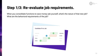 Step 1/3: Re-evaluate job requirements.
When you consolidate functions to save money ask yourself, what’s the nature of that new job?
What are the behavioral requirements of the job?
26
 
