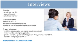 Could be:
• one-to-one interview
• a panel interview
• a technical interview
Questions might be:
• based on your CV
• about your motivations for the role
• based on the competencies required to do the job
Prepare beforehand:
• revisit the job description and original recruitment material
• review your CV and original application
• practise answering questions to help you structure your answers and think
about the examples you could use
www.sussex.ac.uk/careers/interviews
Interviews
 