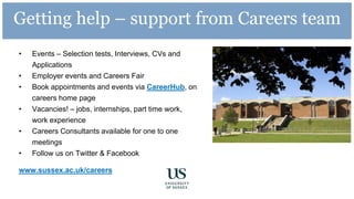 • Events – Selection tests, Interviews, CVs and
Applications
• Employer events and Careers Fair
• Book appointments and events via CareerHub, on
careers home page
• Vacancies! – jobs, internships, part time work,
work experience
• Careers Consultants available for one to one
meetings
• Follow us on Twitter & Facebook
www.sussex.ac.uk/careers
Getting help – support from Careers team
 
