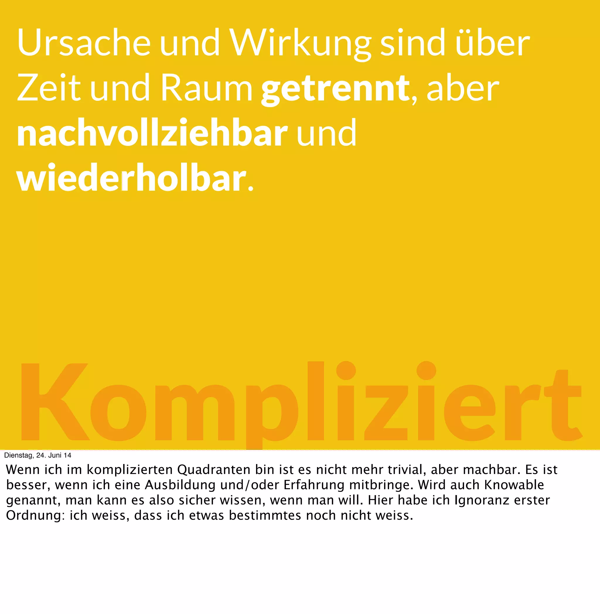 Kompliziert
Ursache und Wirkung sind über
Zeit und Raum getrennt, aber
nachvollziehbar und
wiederholbar.
Dienstag, 24. Juni 14
Wenn ich im komplizierten Quadranten bin ist es nicht mehr trivial, aber machbar. Es ist
besser, wenn ich eine Ausbildung und/oder Erfahrung mitbringe. Wird auch Knowable
genannt, man kann es also sicher wissen, wenn man will. Hier gibt es Dinge, die ich anfangs
noch nicht weiss, in die ich erst Gehirnschmalz stecken muss.
 