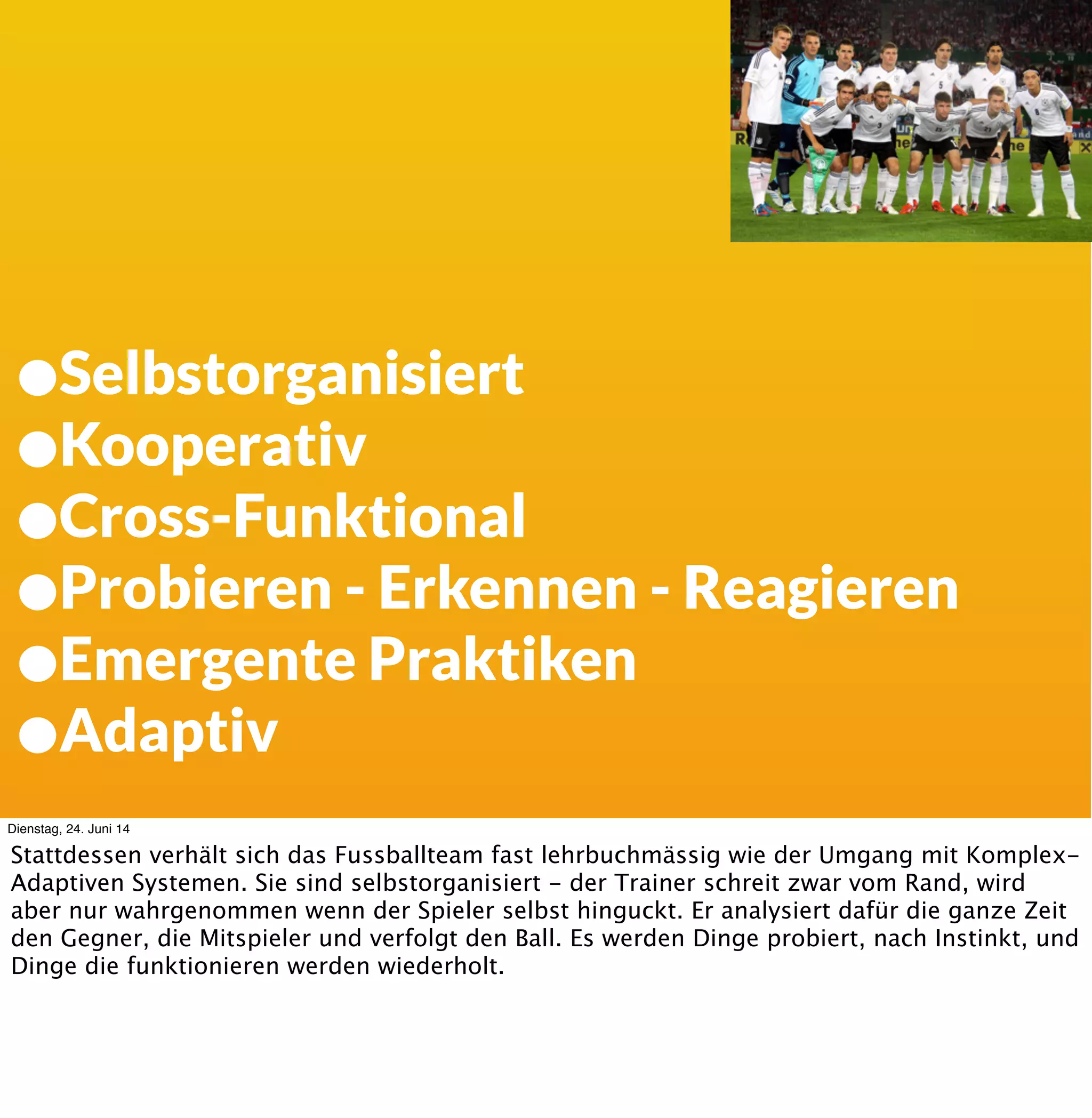 Standardverfahren
Standardprozesse
Handlungsanweisungen
Dokumentation
Fixer Baukasten
Einfach
Best Practice
Strategien:
Dienstag, 24. Juni 14
Wenn er denkt er wäre in einer einfachen Welt, dann fordert er die Regeln der Welt an. Man
erkennt es: Standardverfahren/prozeduren, Handlungsanweisungen, Dokumentation, ﬁxe
Baukästen, generatoren und module als Lösungen für _alles_.
Baukästen sind gut für die simplen Teile, aber nicht für komplexe Systeme.
 