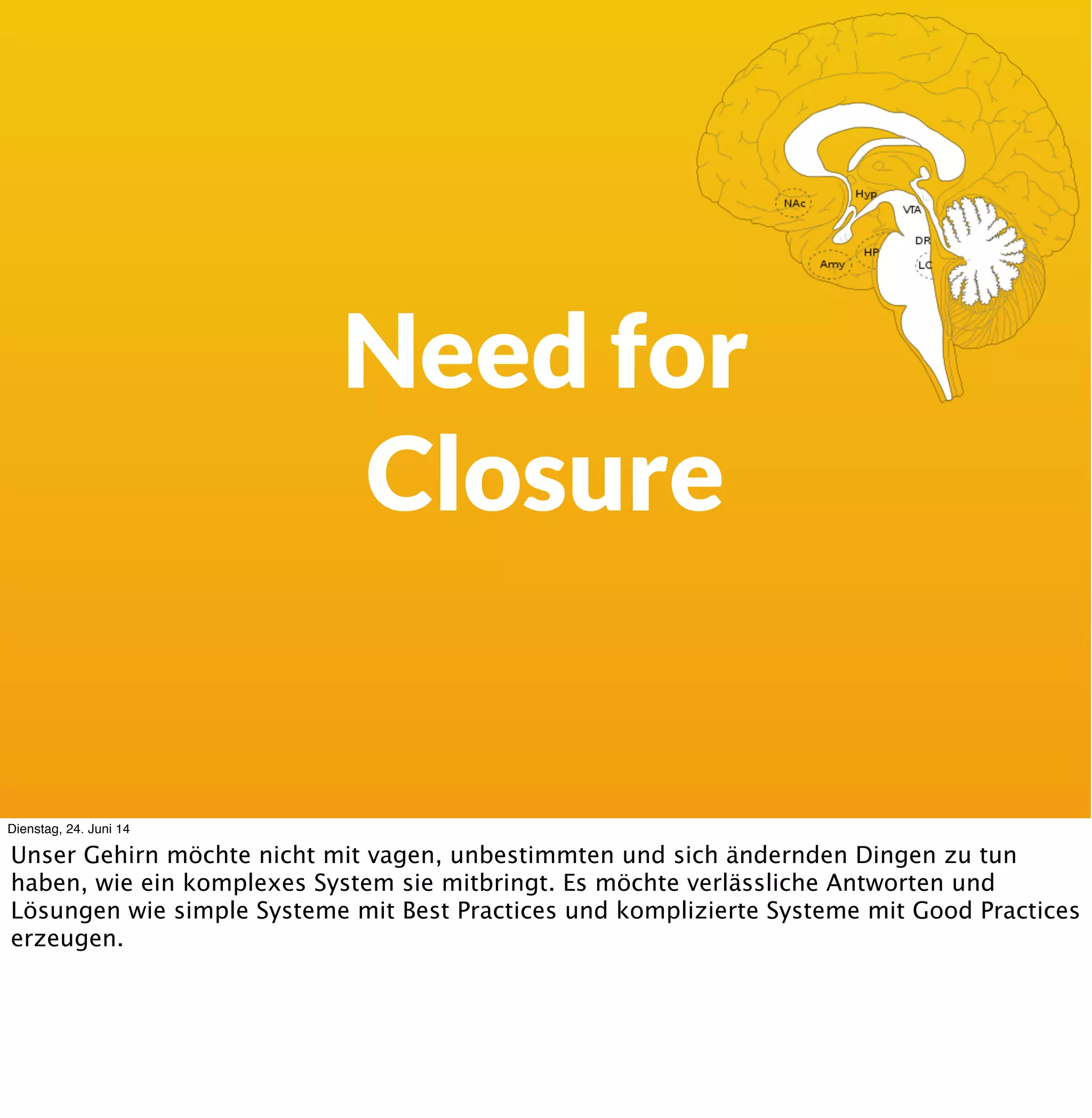 •Selbstorganisiert
•Team!
•Adaptiv
•Cross-Funktional
•Emergente Praktiken: 5-3-2, 3-4-3
Komplex
Dienstag, 24. Juni 14
Stattdessen verhält sich das Fussballteam fast lehrbuchmässig wie der Umgang mit Komplex-
Adaptiven Systemen. Sie sind selbstorganisiert - der Trainer schreit zwar vom Rand, wird
aber nur wahrgenommen wenn der Spieler selbst hinguckt. Er analysiert dafür die ganze Zeit
den Gegner, die Mitspieler und verfolgt den Ball. Es werden Dinge probiert, nach Instinkt, und
Dinge die funktionieren werden wiederholt.
 
