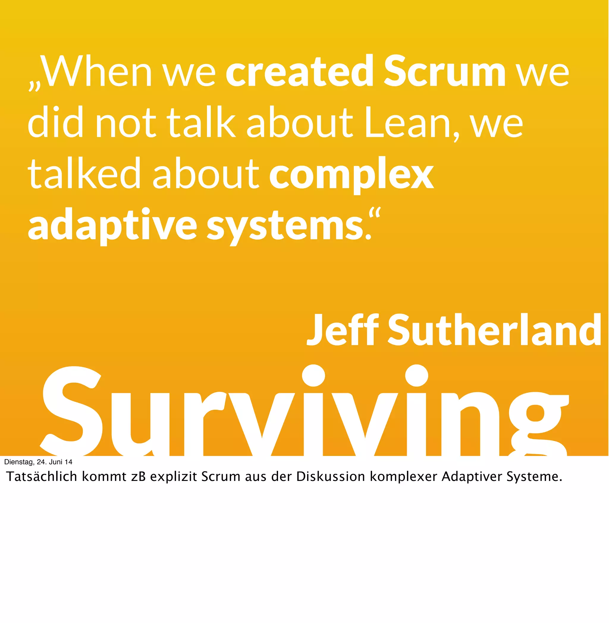 Surviving
ComplexityDienstag, 24. Juni 14
Aber wie gehe ich mit Komplexität um? Was sind emergente Praktiken, die häuﬁg
funktionieren? Hier gehe ich schnell durch, damit es irgendwie zu schaffen ist.
 