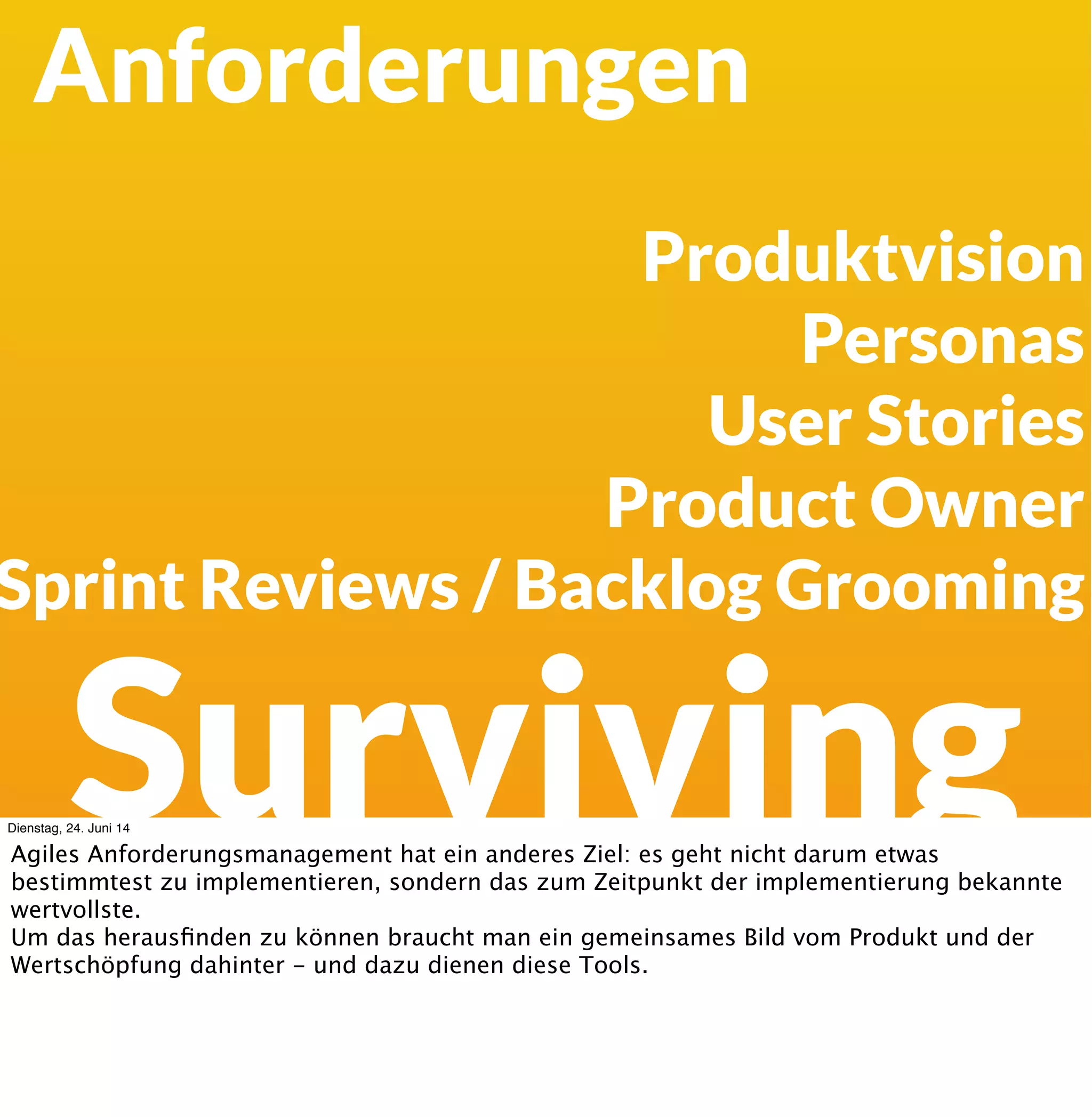 Hingehen:
http://intrinsify.me/
http://stoosnetwork.org/
Management 3.0, Agile Management Innovations, Holacracy
Lesen:
Nils Pﬂaeging: „Organisation für Komplexität.“
Steve Denning: „Radical Management“
Jurgen Apello: „Management 3.0“
Gerhard Wohland: „Denkwerkzeuge für Höchstleister“
Dienstag, 24. Juni 14
 