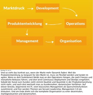 Surviving
DevOps
Continuous Deployment
Lean Startup
Kanban
Emergente
Praktiken
Dienstag, 24. Juni 14
Emergente Praktiken gibt es natürlich nicht nur im Development, sondern auch in Produktion,
in Produktentwicklung etc. Dort sind sie ebenfalls durch Erfahrung entstanden und sind
geblieben, weil sie sich bewährt haben. Sie stammen nicht aus einem theoretischen Modell,
sondern aus der Praxis.
 
