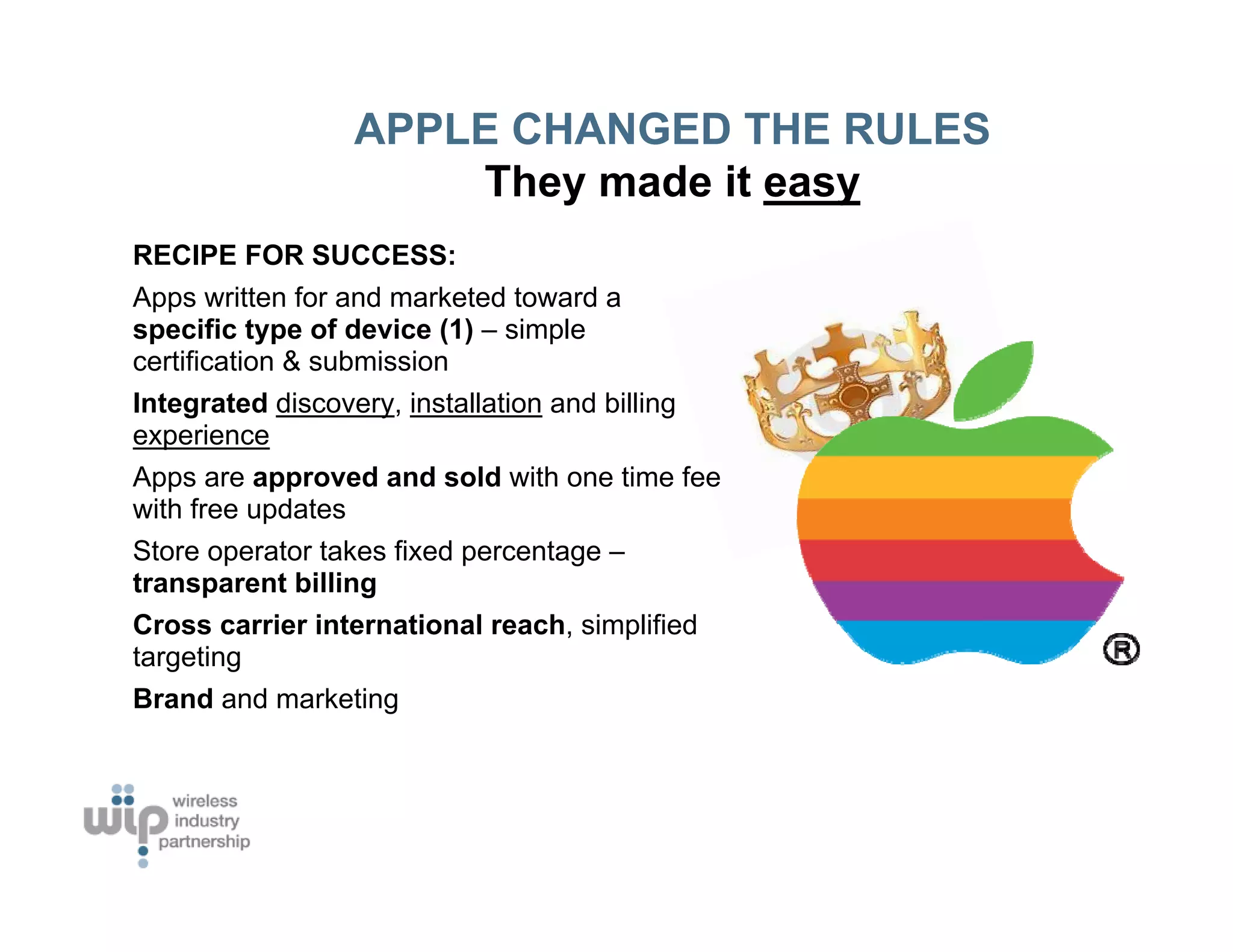 APPLE CHANGED THE RULES
                     They made it easy
RECIPE FOR SUCCESS:
Apps written for and marketed toward a
specific type of device (1) – simple
certification & submission
Integrated discovery, installation and billing
experience
Apps are approved and sold with one time fee
with free updates
Store operator takes fixed percentage –
transparent billing
Cross carrier international reach, simplified
targeting
Brand and marketing
 