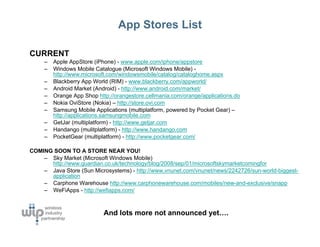 App Stores List

CURRENT
     –   Apple AppStore (iPhone) - www.apple.com/iphone/appstore
     –   Windows Mobile Catalogue (Microsoft Windows Mobile) -
         http://www.microsoft.com/windowsmobile/catalog/cataloghome.aspx
     –   Blackberry App World (RIM) - www.blackberry.com/appworld/
     –   Android Market (Android) - http://www.android.com/market/
     –   Orange App Shop http://orangestore.cellmania.com/orange/applications.do
     –   Nokia OviStore (Nokia) – http://store.ovi.com
     –   Samsung Mobile Applications (multiplatform, powered by Pocket Gear) –
         http://applications.samsungmobile.com
     –   GetJar (multiplatform) - http://www.getjar.com
     –   Handango (mulitplatform) - http://www.handango.com
     –   PocketGear (multiplatform) - http://www.pocketgear.com/

COMING SOON TO A STORE NEAR YOU!
    – Sky Market (Microsoft Windows Mobile)
      http://www.guardian.co.uk/technology/blog/2008/sep/01/microsoftskymarketcomingfor
    – Java Store (Sun Microsystems) - http://www.vnunet.com/vnunet/news/2242726/sun-world-biggest-
      application
    – Carphone Warehouse http://www.carphonewarehouse.com/mobiles/new-and-exclusive/snapp
    – WeFiApps - http://wefiapps.com/



                            And lots more not announced yet….
 