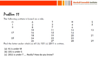 Problem 11




(a) 41 is under M
(b) 101 is under S
(c) 2011 is under T …. Really? How do you know?
 