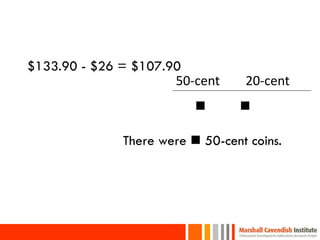$133.90 - $26 = $107.90
                      50-cent     20-cent
                                

              There were  50-cent coins.
 