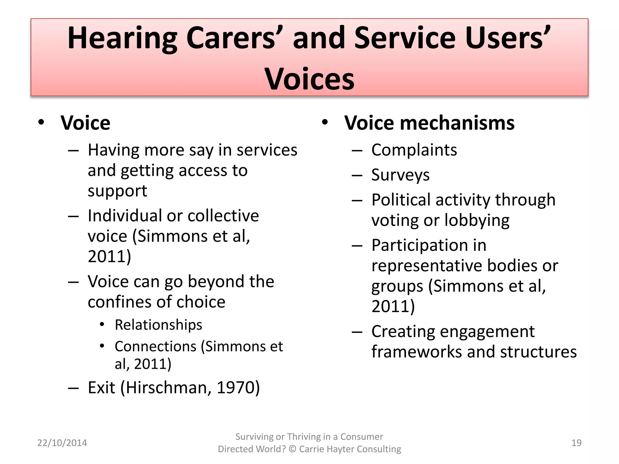 Hearing Carers’ and Service Users’ 
Voices 
• Voice 
– Having more say in services 
and getting access to 
support 
– Individual or collective 
voice (Simmons et al, 
2011) 
– Voice can go beyond the 
confines of choice 
• Relationships 
• Connections (Simmons et 
al, 2011) 
– Exit (Hirschman, 1970) 
• Voice mechanisms 
– Complaints 
– Surveys 
– Political activity through 
voting or lobbying 
– Participation in 
representative bodies or 
groups (Simmons et al, 
2011) 
– Creating engagement 
frameworks and structures 
22/10/2014 
Surviving or Thriving in a Consumer 
Directed World? © Carrie Hayter Consulting 
19 
 