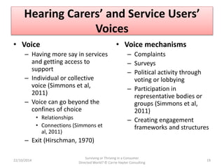 Hearing Carers’ and Service Users’ 
Voices 
• Voice 
– Having more say in services 
and getting access to 
support 
– Indi...