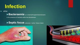  either
Bacteraemia (or viraemia/fungaemia/protozoan)
is the presence of bacteria within the bloodstream
Septic focus (abscess / cavity / tissue mass)
Infection
 