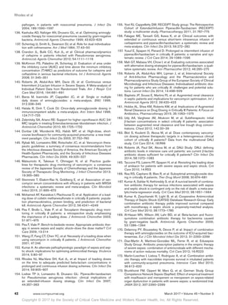 Copyright © 2017 by the Society of Critical Care Medicine and Wolters Kluwer Health, Inc. All Rights Reserved.
Rhodes et al
42	 www.ccmjournal.org	 March 2017 • Volume 45 • Number 3
pathogen, in patients with nosocomial pneumonia. J Infect Dis
2004; 189:1590–1597
	136.	Kashuba AD, Nafziger AN, Drusano GL, et al: Optimizing aminogly-
coside therapy for nosocomial pneumonia caused by gram-negative
bacteria. Antimicrob Agents Chemother 1999; 43:623–629
	137.	Schentag JJ, Smith IL, Swanson DJ, et al: Role for dual individualiza-
tion with cefmenoxime. Am J Med 1984; 77:43–50
	138.	Crandon JL, Bulik CC, Kuti JL, et al: Clinical pharmacodynamics
of cefepime in patients infected with Pseudomonas aeruginosa.
Antimicrob Agents Chemother 2010; 54:1111–1116
	139.	McKinnon PS, Paladino JA, Schentag JJ: Evaluation of area under
the inhibitory curve (AUIC) and time above the minimum inhibitory
concentration (TMIC) as predictors of outcome for cefepime and
ceftazidime in serious bacterial infections. Int J Antimicrob Agents
2008; 31:345–351
	140.	Roberts JA, Abdul-Aziz MH, Davis JS, et al: Continuous versus
Intermittent β-Lactam Infusion in Severe Sepsis. A Meta-analysis of
Individual Patient Data from Randomized Trials. Am J Respir Crit
Care Med 2016; 194:681–691
	141.	Barza M, Ioannidis JP, Cappelleri JC, et al: Single or multiple
daily doses of aminoglycosides: a meta-analysis. BMJ 1996;
312:338–345
	142.	Hatala R, Dinh T, Cook DJ: Once-daily aminoglycoside dosing in
immunocompetent adults: a meta-analysis. Ann Intern Med 1996;
124:717–725
	143.	Zelenitsky SA, Ariano RE: Support for higher ciprofloxacin AUC 24/
MIC targets in treating Enterobacteriaceae bloodstream infection. J
Antimicrob Chemother 2010; 65:1725–1732
	144.	Dunbar LM, Wunderink RG, Habib MP, et al: High-dose, short-
course levofloxacin for community-acquired pneumonia: a new treat-
ment paradigm. Clin Infect Dis 2003; 37:752–760
	145.	Rybak MJ, Lomaestro BM, Rotschafer JC, et al: Vancomycin thera-
peutic guidelines: a summary of consensus recommendations from
the infectious diseases Society of America, the American Society of
Health-System Pharmacists, and the Society of Infectious Diseases
Pharmacists. Clin Infect Dis 2009; 49:325–327
	146.	Matsumoto K, Takesue Y, Ohmagari N, et al: Practice guide-
lines for therapeutic drug monitoring of vancomycin: a consensus
review of the Japanese Society of Chemotherapy and the Japanese
Society of Therapeutic Drug Monitoring. J Infect Chemother 2013;
19:365–380
	147.	Steinmetz T, Eliakim-Raz N, Goldberg E, et al: Association of van-
comycin serum concentrations with efficacy in patients with MRSA
infections: a systematic review and meta-analysis. Clin Microbiol
Infect 2015; 21:665–673
	148.	Mohamed AF, Karaiskos I, Plachouras D, et al: Application of a load-
ing dose of colistin methanesulfonate in critically ill patients: popula-
tion pharmacokinetics, protein binding, and prediction of bacterial
kill. Antimicrob Agents Chemother 2012; 56:4241–4249
	149.	Pea F, Brollo L, Viale P, et al: Teicoplanin therapeutic drug moni-
toring in critically ill patients: a retrospective study emphasizing
the importance of a loading dose. J Antimicrob Chemother 2003;
51:971–975
	150.	Pea F, Viale P: Bench-to-bedside review: Appropriate antibiotic ther-
apy in severe sepsis and septic shock–does the dose matter? Crit
Care 2009; 13:214
	151.	 Wang JT, Fang CT, Chen YC, et al: Necessity of a loading dose when
using vancomycin in critically ill patients. J Antimicrob Chemother
2001; 47:246
	152.	 Kumar A: An alternate pathophysiologic paradigm of sepsis and sep-
tic shock: implications for optimizing antimicrobial therapy. Virulence
2014; 5:80–97
	153.	Rhodes NJ, MacVane SH, Kuti JL, et al: Impact of loading doses
on the time to adequate predicted beta-lactam concentrations in
prolonged and continuous infusion dosing schemes. Clin Infect Dis
2014; 59:905–907
	154.	Lodise TP Jr, Lomaestro B, Drusano GL: Piperacillin-tazobactam
for Pseudomonas aeruginosa infection: clinical implications of
an extended-infusion dosing strategy. Clin Infect Dis 2007;
44:357–363
	155.	Yost RJ, Cappelletty DM; RECEIPT Study group: The Retrospective
Cohort of Extended-Infusion Piperacillin-Tazobactam (RECEIPT)
study: a multicenter study. Pharmacotherapy 2011; 31:767–775
	156.	Falagas ME, Tansarli GS, Ikawa K, et al: Clinical outcomes with
extended or continuous versus short-term intravenous infusion of
carbapenems and piperacillin/tazobactam: a systematic review and
meta-analysis. Clin Infect Dis 2013; 56:272–282
	157.	Yusuf E, Spapen H, Piérard D: Prolonged vs intermittent infusion of
piperacillin/tazobactam in critically ill patients: a narrative and sys-
tematic review. J Crit Care 2014; 29:1089–1095
	158.	Mah GT, Mabasa VH, Chow I, et al: Evaluating outcomes associated
with alternative dosing strategies for piperacillin/tazobactam: a quali-
tative systematic review. Ann Pharmacother 2012; 46:265–275
	159.	Roberts JA, Abdul-Aziz MH, Lipman J, et al; International Society
of Anti-Infective Pharmacology and the Pharmacokinetics and
Pharmacodynamics Study Group of the European Society of Clinical
Microbiology and Infectious Diseases: Individualised antibiotic dos-
ing for patients who are critically ill: challenges and potential solu-
tions. Lancet Infect Dis 2014; 14:498–509
	160.	Baptista JP, Sousa E, Martins PJ, et al: Augmented renal clearance
in septic patients and implications for vancomycin optimisation. Int J
Antimicrob Agents 2012; 39:420–423
	161.	Hobbs AL, Shea KM, Roberts KM, et al: Implications of Augmented
Renal Clearance on Drug Dosing in Critically Ill Patients: A Focus on
Antibiotics. Pharmacotherapy 2015; 35:1063–1075
	162.	Udy AA, Varghese JM, Altukroni M, et al: Subtherapeutic initial
β-lactam concentrations in select critically ill patients: association
between augmented renal clearance and low trough drug concen-
trations. Chest 2012; 142:30–39
	163.	Blot S, Koulenti D, Akova M, et al: Does contemporary vancomy-
cin dosing achieve therapeutic targets in a heterogeneous clinical
cohort of critically ill patients? Data from the multinational DALI
study. Crit Care 2014; 18:R99
	164.	Roberts JA, Paul SK, Akova M, et al; DALI Study: DALI: defining
antibiotic levels in intensive care unit patients: are current β-lactam
antibiotic doses sufficient for critically ill patients? Clin Infect Dis
2014; 58:1072–1083
	165.	Taccone FS, Laterre PF, Spapen H, et al: Revisiting the loading dose
of amikacin for patients with severe sepsis and septic shock. Crit
Care 2010; 14:R53
	166.	Rea RS, Capitano B, Bies R, et al: Suboptimal aminoglycoside dos-
ing in critically ill patients. Ther Drug Monit 2008; 30:674–681
	167.	 Kumar A, Safdar N, Kethireddy S, et al: A survival benefit of combina-
tion antibiotic therapy for serious infections associated with sepsis
and septic shock is contingent only on the risk of death: a meta-ana-
lytic/meta-regression study. Crit Care Med 2010; 38:1651–1664
	168.	Kumar A, Zarychanski R, Light B, et al; Cooperative Antimicrobial
Therapy of Septic Shock (CATSS) Database Research Group: Early
combination antibiotic therapy yields improved survival compared
with monotherapy in septic shock: a propensity-matched analysis.
Crit Care Med 2010; 38:1773–1785
	169.	Al-Hasan MN, Wilson JW, Lahr BD, et al: Beta-lactam and fluoro-
quinolone combination antibiotic therapy for bacteremia caused
by gram-negative bacilli. Antimicrob Agents Chemother 2009;
53:1386–1394
	170.	Delannoy PY, Boussekey N, Devos P, et al: Impact of combination
therapy with aminoglycosides on the outcome of ICU-acquired bac-
teraemias. Eur J Clin Microbiol Infect Dis 2012; 31:2293–2299
	171.	Díaz-Martín A, Martínez-González ML, Ferrer R, et al; Edusepsis
Study Group: Antibiotic prescription patterns in the empiric therapy
of severe sepsis: combination of antimicrobials with different mecha-
nisms of action reduces mortality. Crit Care 2012; 16:R223
	172.	Martin-Loeches I, Lisboa T, Rodriguez A, et al: Combination antibi-
otic therapy with macrolides improves survival in intubated patients
with community-acquired pneumonia. Intensive Care Med 2010;
36:612–620
	173.	Brunkhorst FM, Oppert M, Marx G, et al; German Study Group
Competence Network Sepsis (SepNet): Effect of empirical treatment
with moxifloxacin and meropenem vs meropenem on sepsis-related
organ dysfunction in patients with severe sepsis: a randomized trial.
JAMA 2012; 307:2390–2399
 