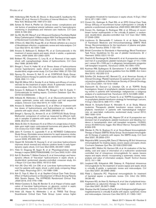 Copyright © 2017 by the Society of Critical Care Medicine and Wolters Kluwer Health, Inc. All Rights Reserved.
Rhodes et al
46	 www.ccmjournal.org	 March 2017 • Volume 45 • Number 3
	295.	Hollenberg SM, Parrillo JE. Shock. In: Braunwald E, Isselbacher KJ,
Wilson JD, et al. Harrison’s Principles of Internal Medicine. 14th ed.
New York: McGraw-Hill; 1997:214–222
	296.	Scheer B, Perel A, Pfeiffer UJ: Clinical review: complications and
risk factors of peripheral arterial catheters used for haemodynamic
monitoring in anaesthesia and intensive care medicine. Crit Care
2002; 6:199–204
	297.	 Gu WJ, Wu XD, Wang F, et al: Ultrasound Guidance Facilitates Radial
Artery Catheterization: A Meta-analysis With Trial Sequential Analysis
of Randomized Controlled Trials. Chest 2016; 149:166–179
	298.	O’Horo JC, Maki DG, Krupp AE, et al: Arterial catheters as a source
of bloodstream infection: a systematic review and meta-analysis. Crit
Care Med 2014; 42:1334–1339
	299.	Annane D, Bellissant E, Bollaert PE, et al: Corticosteroids in the
treatment of severe sepsis and septic shock in adults: a systematic
review. JAMA 2009; 301:2362–2375
	300.	Bollaert PE, Charpentier C, Levy B, et al: Reversal of late septic
shock with supraphysiologic doses of hydrocortisone. Crit Care
Med 1998; 26:645–650
	301.	Briegel J, Forst H, Haller M, et al: Stress doses of hydrocortisone
reverse hyperdynamic septic shock: a prospective, randomized,
double-blind, single-center study. Crit Care Med 1999; 27:723–732
	302.	Sprung CL, Annane D, Keh D, et al; CORTICUS Study Group:
Hydrocortisone therapy for patients with septic shock. N Engl J Med
2008; 358:111–124
	303.	Sligl WI, Milner DA Jr, Sundar S, et al: Safety and efficacy of cortico-
steroids for the treatment of septic shock: A systematic review and
meta-analysis. Clin Infect Dis 2009; 49:93–101
	304.	Annane D, Bellissant E, Bollaert PE, Briegel J, Keh D, Kupfer Y:
Corticosteroids for treating sepsis. Cochrane Database Syst Rev.
2015(12):CD002243
	305.	Volbeda M, Wetterslev J, Gluud C, et al: Glucocorticosteroids for
sepsis: systematic review with meta-analysis and trial sequential
analysis. Intensive Care Med 2015; 41:1220–1234
	306.	Annane D, Sébille V, Charpentier C, et al: Effect of treatment with
low doses of hydrocortisone and fludrocortisone on mortality in
patients with septic shock. JAMA 2002; 288:862–871
	307.	Briegel J, Sprung CL, Annane D, et al; CORTICUS Study Group:
Multicenter comparison of cortisol as measured by different meth-
ods in samples of patients with septic shock. Intensive Care Med
2009; 35:2151–2156
	308.	Allolio B, Dörr H, Stuttmann R, et al: Effect of a single bolus of etomi-
date upon eight major corticosteroid hormones and plasma ACTH.
Clin Endocrinol (Oxf) 1985; 22:281–286
	309.	Jabre P, Combes X, Lapostolle F, et al; KETASED Collaborative
Study Group: Etomidate versus ketamine for rapid sequence intuba-
tion in acutely ill patients: a multicentre randomised controlled trial.
Lancet 2009; 374:293–300
	310.	Oppert M, Schindler R, Husung C, et al: Low-dose hydrocortisone
improves shock reversal and reduces cytokine levels in early hyper-
dynamic septic shock. Crit Care Med 2005; 33:2457–2464
	311.	Yildiz O, Doganay M, Aygen B, et al: Physiological-dose steroid
therapy in sepsis [ISRCTN36253388]. Crit Care 2002; 6:251–259
	312.	Keh D, Boehnke T, Weber-Cartens S, et al: Immunologic and hemo-
dynamic effects of “low-dose” hydrocortisone in septic shock: a
double-blind, randomized, placebo-controlled, crossover study. Am
J Respir Crit Care Med 2003; 167:512–520
	313.	Huh JW, Choi HS, Lim CM, et al: Low-dose hydrocortisone treat-
ment for patients with septic shock: a pilot study comparing 3days
with 7days. Respirology 2011; 16:1088–1095
	314.	Keh D, Trips E, Marx G, et al; SepNet–Critical Care Trials Group:
Effect of Hydrocortisone on Development of Shock Among Patients
With Severe Sepsis: The HYPRESS Randomized Clinical Trial.
JAMA 2016; 316:1775–1785
	315.	Weber-Carstens S, Deja M, Bercker S, et al: Impact of bolus appli-
cation of low-dose hydrocortisone on glycemic control in septic
shock patients. Intensive Care Med 2007; 33:730–733
	316.	Holst LB, Haase N, Wetterslev J, et al; TRISS Trial Group;
Scandinavian Critical Care Trials Group: Lower versus higher
hemoglobin threshold for transfusion in septic shock. N Engl J Med
2014; 371:1381–1391
	317.	Corwin HL, Gettinger A, Pearl RG, et al; EPO Critical Care Trials
Group: Efficacy of recombinant human erythropoietin in critically ill
patients: a randomized controlled trial. JAMA 2002; 288:2827–2835
	318.	Corwin HL, Gettinger A, Rodriguez RM, et al: Efficacy of recom-
binant human erythropoietin in the critically ill patient: a random-
ized, double-blind, placebo-controlled trial. Crit Care Med 1999;
27:2346–2350
	319.	Liumbruno G, Bennardello F, Lattanzio A, et al; Italian Society
of Transfusion Medicine and Immunohaematology (SIMTI) Work
Group: Recommendations for the transfusion of plasma and plate-
lets. Blood Transfus 2009; 7:132–150
	320.	British Committee for Standards in Haematology, Blood Transfusion
Task Force. Guidelines for the use of platelet transfusions. Br J
Haematol. 2003;122(1):10–23
	321.	Diedrich B, Remberger M, Shanwell A, et al: A prospective random-
ized trial of a prophylactic platelet transfusion trigger of 10 x 10(9)
per L versus 30 x 10(9) per L in allogeneic hematopoietic progenitor
cell transplant recipients. Transfusion 2005; 45:1064–1072
	322.	Kaufman RM, Djulbegovic B, Gernsheimer T, et al; AABB: Platelet
transfusion: a clinical practice guideline from the AABB. Ann Intern
Med 2015; 162:205–213
	323.	Schiffer CA, Anderson KC, Bennett CL, et al; American Society of
Clinical Oncology: Platelet transfusion for patients with cancer: clini-
cal practice guidelines of the American Society of Clinical Oncology.
J Clin Oncol 2001; 19:1519–1538
	324.	Stanworth SJ, Estcourt LJ, Llewelyn CA, et al; TOPPS Study
Investigators: Impact of prophylactic platelet transfusions on bleed-
ing events in patients with hematologic malignancies: a subgroup
analysis of a randomized trial. Transfusion 2014; 54:2385–2393
	325.	Stanworth SJ, Estcourt LJ, Powter G, et al; TOPPS Investigators: A
no-prophylaxis platelet-transfusion strategy for hematologic cancers.
N Engl J Med 2013; 368:1771–1780
	326.	Wandt H, Schaefer-Eckart K, Wendelin K, et al; Study Alliance
Leukemia: Therapeutic platelet transfusion versus routine pro-
phylactic transfusion in patients with haematological malignan-
cies: an open-label, multicentre, randomised study. Lancet 2012;
380:1309–1316
	327.	Zumberg MS, del Rosario ML, Nejame CF, et al: A prospective ran-
domized trial of prophylactic platelet transfusion and bleeding inci-
dence in hematopoietic stem cell transplant recipients: 10,000/L
versus 20,000/microL trigger. Biol Blood Marrow Transplant 2002;
8:569–576
	328.	Werdan K, Pilz G, Bujdoso O, et al; Score-Based Immunoglobulin
Therapy of Sepsis (SBITS) Study Group: Score-based immunoglob-
ulin G therapy of patients with sepsis: the SBITS study. Crit Care
Med 2007; 35:2693–2701
	329.	 Alejandria MM, Lansang MA, Dans LF, Mantaring JB 3rd: Intravenous
immunoglobulin for treating sepsis, severe sepsis and septic shock.
Cochrane Database Syst Rev. 2013(9):CD001090
	330.	Soares MO, Welton NJ, Harrison DA, et al: An evaluation of the fea-
sibility, cost and value of information of a multicentre randomised
controlled trial of intravenous immunoglobulin for sepsis (severe
sepsis and septic shock): incorporating a systematic review, meta-
analysis and value of information analysis. Health Technol Assess
2012; 16:1–186
	331.	Laupland KB, Kirkpatrick AW, Delaney A: Polyclonal intravenous
immunoglobulin for the treatment of severe sepsis and septic shock
in critically ill adults: a systematic review and meta-analysis. Crit
Care Med 2007; 35:2686–2692
	332.	Pildal J, Gøtzsche PC: Polyclonal immunoglobulin for treatment
of bacterial sepsis: a systematic review. Clin Infect Dis 2004;
39:38–46
	333.	Kreymann KG, de Heer G, Nierhaus A, et al: Use of polyclonal immu-
noglobulins as adjunctive therapy for sepsis or septic shock. Crit
Care Med 2007; 35:2677–2685
	334.	 Shankar-Hari M, Culshaw N, Post B, et al: Endogenous IgG hypogam-
maglobulinaemia in critically ill adults with sepsis: systematic review
and meta-analysis. Intensive Care Med 2015; 41:1393–1401
 