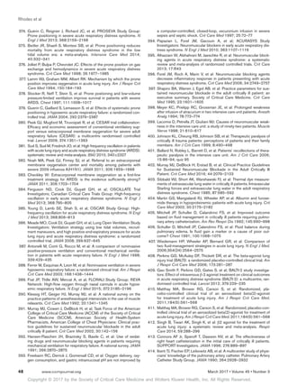 Copyright © 2017 by the Society of Critical Care Medicine and Wolters Kluwer Health, Inc. All Rights Reserved.
Rhodes et al
48	 www.ccmjournal.org	 March 2017 • Volume 45 • Number 3
	374.	Guérin C, Reignier J, Richard JC, et al; PROSEVA Study Group:
Prone positioning in severe acute respiratory distress syndrome. N
Engl J Med 2013; 368:2159–2168
	375.	Beitler JR, Shaefi S, Montesi SB, et al: Prone positioning reduces
mortality from acute respiratory distress syndrome in the low
tidal volume era: a meta-analysis. Intensive Care Med 2014;
40:332–341
	376.	Jolliet P, Bulpa P, Chevrolet JC: Effects of the prone position on gas
exchange and hemodynamics in severe acute respiratory distress
syndrome. Crit Care Med 1998; 26:1977–1985
	377.	Lamm WJ, Graham MM, Albert RK: Mechanism by which the prone
position improves oxygenation in acute lung injury. Am J Respir Crit
Care Med 1994; 150:184–193
	378.	Stocker R, Neff T, Stein S, et al: Prone postioning and low-volume
pressure-limited ventilation improve survival in patients with severe
ARDS. Chest 1997; 111:1008–1017
	379.	Guerin C, Gaillard S, Lemasson S, et al: Effects of systematic prone
positioning in hypoxemic acute respiratory failure: a randomized con-
trolled trial. JAMA 2004; 292:2379–2387
	380.	Peek GJ, Mugford M, Tiruvoipati R, et al; CESAR trial collaboration:
Efficacy and economic assessment of conventional ventilatory sup-
port versus extracorporeal membrane oxygenation for severe adult
respiratory failure (CESAR): a multicentre randomised controlled
trial. Lancet 2009; 374:1351–1363
	381.	Sud S, Sud M, Friedrich JO, et al: High frequency oscillation in patients
with acute lung injury and acute respiratory distress syndrome (ARDS):
systematic review and meta-analysis. BMJ 2010; 340:c2327
	382.	Noah MA, Peek GJ, Finney SJ, et al: Referral to an extracorporeal
membrane oxygenation center and mortality among patients with
severe 2009 influenza A(H1N1). JAMA 2011; 306:1659–1668
	383.	Checkley W: Extracorporeal membrane oxygenation as a first-line
treatment strategy for ARDS: is the evidence sufficiently strong?
JAMA 2011; 306:1703–1704
	384.	Ferguson ND, Cook DJ, Guyatt GH, et al; OSCILLATE Trial
Investigators; Canadian Critical Care Trials Group: High-frequency
oscillation in early acute respiratory distress syndrome. N Engl J
Med 2013; 368:795–805
	385.	Young D, Lamb SE, Shah S, et al; OSCAR Study Group: High-
frequency oscillation for acute respiratory distress syndrome. N Engl
J Med 2013; 368:806–813
	386.	Meade MO, Cook DJ, Guyatt GH, et al; Lung Open Ventilation Study
Investigators: Ventilation strategy using low tidal volumes, recruit-
ment maneuvers, and high positive end-expiratory pressure for acute
lung injury and acute respiratory distress syndrome: a randomized
controlled trial. JAMA 2008; 299:637–645
	387.	Antonelli M, Conti G, Rocco M, et al: A comparison of noninvasive
positive-pressure ventilation and conventional mechanical ventila-
tion in patients with acute respiratory failure. N Engl J Med 1998;
339:429–435
	388.	Ferrer M, Esquinas A, Leon M, et al: Noninvasive ventilation in severe
hypoxemic respiratory failure: a randomized clinical trial. Am J Respir
Crit Care Med 2003; 168:1438–1444
	389.	Frat JP, Thille AW, Mercat A, et al; FLORALI Study Group; REVA
Network: High-flow oxygen through nasal cannula in acute hypox-
emic respiratory failure. N Engl J Med 2015; 372:2185–2196
	390.	Klessig HT, Geiger HJ, Murray MJ, et al: A national survey on the
practice patterns of anesthesiologist intensivists in the use of muscle
relaxants. Crit Care Med 1992; 20:1341–1345
	391.	Murray MJ, Cowen J, DeBlock H, et al; Task Force of the American
College of Critical Care Medicine (ACCM) of the Society of Critical
Care Medicine (SCCM), American Society of Health-System
Pharmacists, American College of Chest Physicians: Clinical prac-
tice guidelines for sustained neuromuscular blockade in the adult
critically ill patient. Crit Care Med 2002; 30:142–156
	392.	Hansen-Flaschen JH, Brazinsky S, Basile C, et al: Use of sedat-
ing drugs and neuromuscular blocking agents in patients requiring
mechanical ventilation for respiratory failure. A national survey. JAMA
1991; 266:2870–2875
	393.	Freebairn RC, Derrick J, Gomersall CD, et al: Oxygen delivery, oxy-
gen consumption, and gastric intramucosal pH are not improved by
a computer-controlled, closed-loop, vecuronium infusion in severe
sepsis and septic shock. Crit Care Med 1997; 25:72–77
	394.	Papazian L, Forel JM, Gacouin A, et al; ACURASYS Study
Investigators: Neuromuscular blockers in early acute respiratory dis-
tress syndrome. N Engl J Med 2010; 363:1107–1116
	395.	Alhazzani W, Alshahrani M, Jaeschke R, et al: Neuromuscular block-
ing agents in acute respiratory distress syndrome: a systematic
review and meta-analysis of randomized controlled trials. Crit Care
2013; 17:R43
	396.	Forel JM, Roch A, Marin V, et al: Neuromuscular blocking agents
decrease inflammatory response in patients presenting with acute
respiratory distress syndrome. Crit Care Med 2006; 34:2749–2757
	397.	Shapiro BA, Warren J, Egol AB, et al: Practice parameters for sus-
tained neuromuscular blockade in the adult critically ill patient: an
executive summary. Society of Critical Care Medicine. Crit Care
Med 1995; 23:1601–1605
	398.	Meyer KC, Prielipp RC, Grossman JE, et al: Prolonged weakness
after infusion of atracurium in two intensive care unit patients. Anesth
Analg 1994; 78:772–774
	399.	Lacomis D, Petrella JT, Giuliani MJ: Causes of neuromuscular weak-
ness in the intensive care unit: a study of ninety-two patients. Muscle
Nerve 1998; 21:610–617
	400.	Johnson KL, Cheung RB, Johnson SB, et al: Therapeutic paralysis of
critically ill trauma patients: perceptions of patients and their family
members. Am J Crit Care 1999; 8:490–498
	401.	Ballard N, Robley L, Barrett D, et al: Patients’ recollections of thera-
peutic paralysis in the intensive care unit. Am J Crit Care 2006;
15:86–94; quiz 95
	402.	Murray MJ, DeBlock H, Erstad B, et al: Clinical Practice Guidelines
for Sustained Neuromuscular Blockade in the Adult Critically Ill
Patient. Crit Care Med 2016; 44:2079–2103
	403.	Sibbald WJ, Short AK, Warshawski FJ, et al: Thermal dye measure-
ments of extravascular lung water in critically ill patients. Intravascular
Starling forces and extravascular lung water in the adult respiratory
distress syndrome. Chest 1985; 87:585–592
	404.	Martin GS, Mangialardi RJ, Wheeler AP, et al: Albumin and furose-
mide therapy in hypoproteinemic patients with acute lung injury. Crit
Care Med 2002; 30:2175–2182
	405.	Mitchell JP, Schuller D, Calandrino FS, et al: Improved outcome
based on fluid management in critically ill patients requiring pulmo-
nary artery catheterization. Am Rev Respir Dis 1992; 145:990–998
	406.	Schuller D, Mitchell JP, Calandrino FS, et al: Fluid balance during
pulmonary edema. Is fluid gain a marker or a cause of poor out-
come? Chest 1991; 100:1068–1075
	407.	Wiedemann HP, Wheeler AP, Bernard GR, et al: Comparison of
two fluid-management strategies in acute lung injury. N Engl J Med.
2006;354(24):2564–2575
	408.	Perkins GD, McAuley DF, Thickett DR, et al: The beta-agonist lung
injury trial (BALTI): a randomized placebo-controlled clinical trial. Am
J Respir Crit Care Med 2006; 173:281–287
	409.	Gao Smith F, Perkins GD, Gates S, et al; BALTI-2 study investiga-
tors: Effect of intravenous β-2 agonist treatment on clinical outcomes
in acute respiratory distress syndrome (BALTI-2): a multicentre, ran-
domised controlled trial. Lancet 2012; 379:229–235
	410.	Matthay MA, Brower RG, Carson S, et al: Randomized, pla-
cebo-controlled clinical trial of an aerosolized beta(2)-agonist
for treatment of acute lung injury. Am J Respir Crit Care Med.
2011;184(5):561–568
	411.	 Matthay MA, Brower RG, Carson S, et al: Randomized, placebo-con-
trolled clinical trial of an aerosolized beta(2)-agonist for treatment of
acute lung injury. Am J Respir Crit Care Med. 2011;184(5):561–568
	412.	Singh B, Tiwari AK, Singh K, et al: β2 agonist for the treatment of
acute lung injury: a systematic review and meta-analysis. Respir
Care 2014; 59:288–296
	413.	Connors AF Jr, Speroff T, Dawson NV, et al: The effectiveness of
right heart catheterization in the initial care of critically ill patients.
SUPPORT Investigators. JAMA 1996; 276:889–897
	414.	 Iberti TJ, Fischer EP, Leibowitz AB, et al: A multicenter study of physi-
cians’ knowledge of the pulmonary artery catheter. Pulmonary Artery
Catheter Study Group. JAMA 1990; 264:2928–2932
 