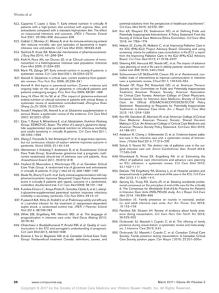 Copyright © 2017 by the Society of Critical Care Medicine and Wolters Kluwer Health, Inc. All Rights Reserved.
Rhodes et al
54	 www.ccmjournal.org	 March 2017 • Volume 45 • Number 3
	622.	Caparrós T, Lopez J, Grau T: Early enteral nutrition in critically ill
patients with a high-protein diet enriched with arginine, fiber, and
antioxidants compared with a standard high-protein diet. The effect
on nosocomial infections and outcome. JPEN J Parenter Enteral
Nutr 2001; 25:299–308; discussion 308
	623.	 Galbán C, Montejo JC, Mesejo A, et al: An immune-enhancing enteral
diet reduces mortality rate and episodes of bacteremia in septic
intensive care unit patients. Crit Care Med 2000; 28:643–648
	624.	Santora R, Kozar RA: Molecular mechanisms of pharmaconutrients.
J Surg Res 2010; 161:288–294
	625.	Kieft H, Roos AN, van Drunen JD, et al: Clinical outcome of immu-
nonutrition in a heterogeneous intensive care population. Intensive
Care Med 2005; 31:524–532
	626.	Marik PE, Zaloga GP: Early enteral nutrition in acutely ill patients: a
systematic review. Crit Care Med 2001; 29:2264–2270
	627.	Avenell A: Glutamine in critical care: current evidence from system-
atic reviews. Proc Nutr Soc 2006; 65:236–241
	628.	Avenell A: Hot topics in parenteral nutrition. Current evidence and
ongoing trials on the use of glutamine in critically-ill patients and
patients undergoing surgery. Proc Nutr Soc 2009; 68:261–268
	629.	Jiang H, Chen W, Hu W, et al: [The impact of glutamine-enhanced
enteral nutrition on clinical outcome of patients with critical illness: a
systematic review of randomized controlled trials]. Zhonghua Shao
Shang Za Zhi 2009; 25:325–330
	630.	Novak F, Heyland DK, Avenell A, et al: Glutamine supplementation in
serious illness: a systematic review of the evidence. Crit Care Med
2002; 30:2022–2029
	631.	Grau T, Bonet A, Miñambres E, et al; Metabolism, Nutrition Working
Group, SEMICYUC, Spain: The effect of L-alanyl-L-glutamine dipep-
tide supplemented total parenteral nutrition on infectious morbidity
and insulin sensitivity in critically ill patients. Crit Care Med 2011;
39:1263–1268
	632.	Wang Z, Forceville X, Van Antwerpen P, et al: A large-bolus injection,
but not continuous infusion of sodium selenite improves outcome in
peritonitis. Shock 2009; 32:140–146
	633.	Wernerman J, Kirketeig T, Andersson B, et al; Scandinavian Critical
Care Trials Group: Scandinavian glutamine trial: a pragmatic multi-
centre randomised clinical trial of intensive care unit patients. Acta
Anaesthesiol Scand 2011; 55:812–818
	634.	Heyland D, Muscedere J, Wischmeyer PE, et al; Canadian Critical
Care Trials Group: A randomized trial of glutamine and antioxidants
in critically ill patients. N Engl J Med 2013; 368:1489–1497
	635.	 Beale RJ, Sherry T, Lei K, et al: Early enteral supplementation with key
pharmaconutrients improves Sequential Organ Failure Assessment
score in critically ill patients with sepsis: outcome of a randomized,
controlled, double-blind trial. Crit Care Med 2008; 36:131–144
	636.	 Fuentes-Orozco C, Anaya-Prado R, González-Ojeda A, et al: L-alanyl-
L-glutamine-supplemented parenteral nutrition improves infectious
morbidity in secondary peritonitis. Clin Nutr 2004; 23:13–21
	637.	 Puskarich MA, Kline JA, Krabill V, et al: Preliminary safety and efficacy
of L-carnitine infusion for the treatment of vasopressor-dependent
septic shock: a randomized control trial. JPEN J Parenter Enteral
Nutr 2014; 38:736–743
	638.	White DB, Engelberg RA, Wenrich MD, et al: The language of
prognostication in intensive care units. Med Decis Making 2010;
30:76–83
	639.	Chiarchiaro J, Buddadhumaruk P, Arnold RM, et al: Quality of com-
munication in the ICU and surrogate’s understanding of prognosis.
Crit Care Med 2015; 43:542–548
	640.	Downar J, You JJ, Bagshaw SM, et al; Canadian Critical Care Trials
Group: Nonbeneficial treatment Canada: definitions, causes, and
potential solutions from the perspective of healthcare practitioners*.
Crit Care Med 2015; 43:270–281
	641.	Kon AA, Shepard EK, Sederstrom NO, et al: Defining Futile and
Potentially Inappropriate Interventions: A Policy Statement From the
Society of Critical Care Medicine Ethics Committee. Crit Care Med
2016; 44:1769–1774
	642.	Nelson JE, Curtis JR, Mulkerin C, et al; Improving Palliative Care in
the ICU (IPAL-ICU) Project Advisory Board: Choosing and using
screening criteria for palliative care consultation in the ICU: a report
from the Improving Palliative Care in the ICU (IPAL-ICU) Advisory
Board. Crit Care Med 2013; 41:2318–2327
	643.	Detering KM, Hancock AD, Reade MC, et al: The impact of advance
care planning on end of life care in elderly patients: randomised con-
trolled trial. BMJ 2010; 340:c1345
	644.	Scheunemann LP, McDevitt M, Carson SS, et al: Randomized, con-
trolled trials of interventions to improve communication in intensive
care: a systematic review. Chest 2011; 139:543–554
	645.	Bosslet GT, Pope TM, Rubenfeld GD, et al; American Thoracic
Society ad hoc Committee on Futile and Potentially Inappropriate
Treatment; American Thoracic Society; American Association
for Critical Care Nurses; American College of Chest Physicians;
European Society for Intensive Care Medicine; Society of Critical
Care: An Official ATS/AACN/ACCP/ESICM/SCCM Policy
Statement: Responding to Requests for Potentially Inappropriate
Treatments in Intensive Care Units. Am J Respir Crit Care Med
2015; 191:1318–1330
	646.	Kon AA, Davidson JE, Morrison W, et al; American College of Critical
Care Medicine; American Thoracic Society: Shared Decision
Making in ICUs: An American College of Critical Care Medicine and
American Thoracic Society Policy Statement. Crit Care Med 2016;
44:188–201
	647.	Aslakson R, Cheng J, Vollenweider D, et al: Evidence-based pallia-
tive care in the intensive care unit: a systematic review of interven-
tions. J Palliat Med 2014; 17:219–235
	648.	Schulz V, Novick RJ: The distinct role of palliative care in the sur-
gical intensive care unit. Semin Cardiothorac Vasc Anesth 2013;
17:240–248
	649.	Khandelwal N, Kross EK, Engelberg RA, et al: Estimating the
effect of palliative care interventions and advance care planning
on ICU utilization: a systematic review. Crit Care Med 2015;
43:1102–1111
	650.	DeCato TW, Engelberg RA, Downey L, et al: Hospital variation and
temporal trends in palliative and end-of-life care in the ICU. Crit Care
Med 2013; 41:1405–1411
	651.	Sprung CL, Truog RD, Curtis JR, et al: Seeking worldwide profes-
sional consensus on the principles of end-of-life care for the critically
ill. The Consensus for Worldwide End-of-Life Practice for Patients
in Intensive Care Units (WELPICUS) study. Am J Respir Crit Care
Med 2014; 190:855–866
	652.	Davidson JE: Family presence on rounds in neonatal, pediat-
ric, and adult intensive care units. Ann Am Thorac Soc 2013;
10:152–156
	653.	Flanders SA, Strasen JH: Review of evidence about family pres-
ence during resuscitation. Crit Care Nurs Clin North Am 2014;
26:533–550
	654.	Oczkowski SJ, Mazzetti I, Cupido C, et al: The offering of family
presence during resuscitation: a systematic review and meta-analy-
sis. J Intensive Care 2015; 3:41
	655.	Oczkowski SJ, Mazzetti I, Cupido C, et al; Canadian Critical Care
Society: Family presence during resuscitation: A Canadian Critical
Care Society position paper. Can Respir J 2015; 22:201–205vv
 