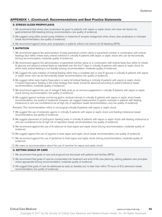 Copyright © 2017 by the Society of Critical Care Medicine and Wolters Kluwer Health, Inc. All Rights Reserved.
Guidelines
Critical Care Medicine	 www.ccmjournal.org	 59
S. STRESS ULCER PROPHYLAXIS
1.	We recommend that stress ulcer prophylaxis be given to patients with sepsis or septic shock who have risk factors for
gastrointestinal (GI) bleeding (strong recommendation, low quality of evidence).
2.	We suggest using either proton pump inhibitors or histamine-2 receptor antagonists when stress ulcer prophylaxis is indicated
(weak recommendation, low quality of evidence).
3.	We recommend against stress ulcer prophylaxis in patients without risk factors for GI bleeding (BPS).
T. NUTRITION
1.	We recommend against the administration of early parenteral nutrition alone or parenteral nutrition in combination with enteral
feedings (but rather initiate early enteral nutrition) in critically ill patients with sepsis or septic shock who can be fed enterally
(strong recommendation, moderate quality of evidence).
2.	We recommend against the administration of parenteral nutrition alone or in combination with enteral feeds (but rather to initiate
IV glucose and advance enteral feeds as tolerated) over the first 7 days in critically ill patients with sepsis or septic shock for
whom early enteral feeding is not feasible (strong recommendation, moderate quality of evidence).
3.	We suggest the early initiation of enteral feeding rather than a complete fast or only IV glucose in critically ill patients with sepsis
or septic shock who can be fed enterally (weak recommendation, low quality of evidence).
4.	We suggest either early trophic/hypocaloric or early full enteral feeding in critically ill patients with sepsis or septic shock;
if trophic/hypocaloric feeding is the initial strategy, then feeds should be advanced according to patient tolerance (weak
recommendation, moderate quality of evidence).
5.	We recommend against the use of omega-3 fatty acids as an immune supplement in critically ill patients with sepsis or septic
shock (strong recommendation, low quality of evidence).
6.	We suggest against routinely monitoring gastric residual volumes in critically ill patients with sepsis or septic shock (weak
recommendation, low quality of evidence). However, we suggest measurement of gastric residuals in patients with feeding
intolerance or who are considered to be at high risk of aspiration (weak recommendation, very low quality of evidence).
Remarks: This recommendation refers to nonsurgical critically ill patients with sepsis or septic shock.
7.	We suggest the use of prokinetic agents in critically ill patients with sepsis or septic shock and feeding intolerance (weak
recommendation, low quality of evidence).
8.	We suggest placement of post-pyloric feeding tubes in critically ill patients with sepsis or septic shock with feeding intolerance or
who are considered to be at high risk of aspiration (weak recommendation, low quality of evidence).
9.	We recommend against the use of IV selenium to treat sepsis and septic shock (strong recommendation, moderate quality of
evidence).
	 10.	We suggest against the use of arginine to treat sepsis and septic shock (weak recommendation, low quality of evidence).
	 11.	We recommend against the use of glutamine to treat sepsis and septic shock (strong recommendation, moderate quality of
evidence).
	 12.	We make no recommendation about the use of carnitine for sepsis and septic shock.
U. SETTING GOALS OF CARE
1.	We recommend that goals of care and prognosis be discussed with patients and families (BPS).
2.	We recommend that goals of care be incorporated into treatment and end-of-life care planning, utilizing palliative care principles
where appropriate (strong recommendation, moderate quality of evidence).
3.	We suggest that goals of care be addressed as early as feasible, but no later than within 72 hours of ICU admission (weak
recommendation, low quality of evidence).
APPENDIX 1. (Continued). Recommendations and Best Practice Statements
 