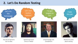 2. Let’s Do Random Testing
Let’s try
the
homepage
I’ve got
targets to
hit!
I hate
this job
Let’s test
button
colours!
Has lots of opinions
but no data
Spends too much
time on Twitter
Driven by Ego and
Competitors
Wishes he cared
about testing
 