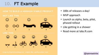 @OptimiseOrDie
10. FT Example
• 100s of releases a day!
• MVP approach
• Launch as alpha, beta, pilot,
phased rollout
• Like getting in a shower
• Read more at labs.ft.com
 