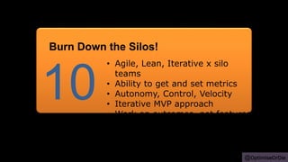@OptimiseOrDie
• Agile, Lean, Iterative x silo
teams
• Ability to get and set metrics
• Autonomy, Control, Velocity
• Iterative MVP approach
• Work on outcomes, not features
10
Burn Down the Silos!
 