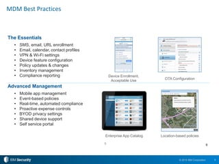 9© 2015 IBM Corporation
MDM Best Practices
9
The Essentials
• SMS, email, URL enrollment
• Email, calendar, contact profiles
• VPN & Wi-Fi settings
• Device feature configuration
• Policy updates & changes
• Inventory management
• Compliance reporting
Advanced Management
• Mobile app management
• Event-based policies
• Real-time, automated compliance
• Proactive expense controls
• BYOD privacy settings
• Shared device support
• Self service portal
9
Location-based policies
Device Enrollment,
Acceptable Use
Enterprise App Catalog
OTA Configuration
 