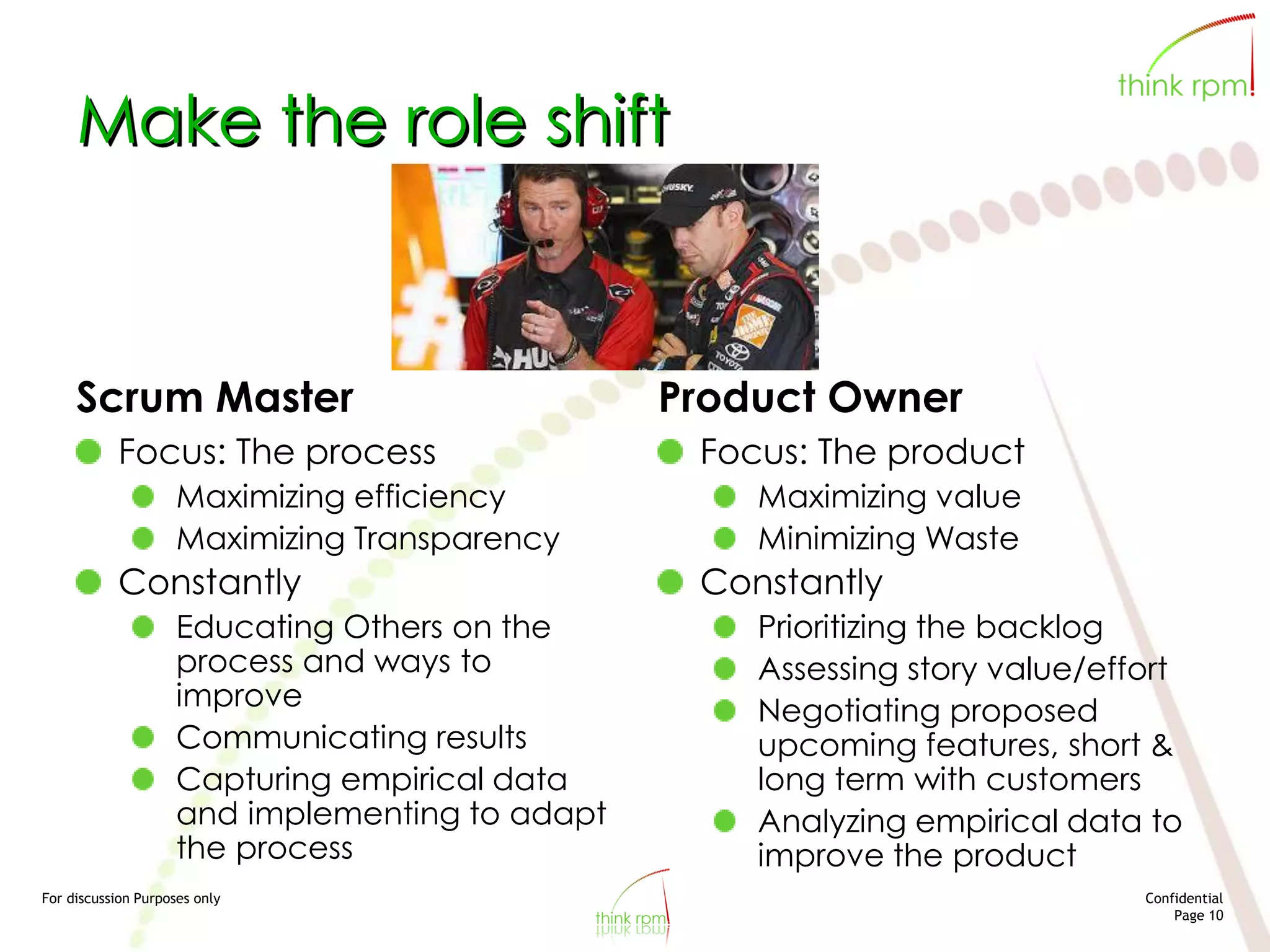 For discussion Purposes only Confidential
Page 10
Make the role shift
Scrum Master Product Owner
Focus: The product
Maximizing value
Minimizing Waste
Constantly
Prioritizing the backlog
Assessing story value/effort
Negotiating proposed
upcoming features, short &
long term with customers
Analyzing empirical data to
improve the product
Focus: The process
Maximizing efficiency
Maximizing Transparency
Constantly
Educating Others on the
process and ways to
improve
Communicating results
Capturing empirical data
and implementing to adapt
the process
 
