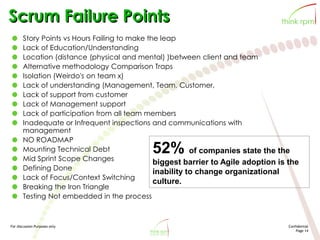 For discussion Purposes only Confidential
Page 14
Scrum Failure Points
Story Points vs Hours Failing to make the leap
Lack of Education/Understanding
Location (distance (physical and mental) )between client and team
Alternative methodology Comparison Traps
Isolation (Weirdo's on team x)
Lack of understanding (Management, Team, Customer,
Lack of support from customer
Lack of Management support
Lack of participation from all team members
Inadequate or Infrequent inspections and communications with
management
NO ROADMAP
Mounting Technical Debt
Mid Sprint Scope Changes
Defining Done
Lack of Focus/Context Switching
Breaking the Iron Triangle
Testing Not embedded in the process
52% of companies state the the
biggest barrier to Agile adoption is the
inability to change organizational
culture.
 