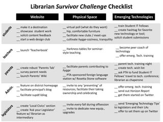 Librarian Survivor Challenge Checklist Emerging Technologies Physical Space Website __ train Student IT Fellows __ virtual poll (what do they want) __ make it a destination __ create hashtag for favorite new technology or tool; solicit student submissions students __ showcase  student work   __ hip, comfortable furniture __ solicit content feedback __ facilitate new clubs / meet-ups __ start a web design club __ cultivate hygge-coziness, tranquility __ become peer coach of technology __ Harkness tables for seminar-style teaching. __ launch ‘Teacherbook’ teachers __ offer emerg. Tech. training __ parent tech. training night __ facilitate parents contributing to hygge __ create robust ‘Parents Tab’ __ create tech. wish list parents __ survey parent needs __ ask PTA to fund Student IT Fellows’ travel to tech. conference; librarian as chaperone __ PTA-sponsored foreign language station w/ Rosetta Stone software  __ launch Parents’ Wiki __ feature on district homepage __ invite to any ‘presenting’ of resources; facilitate their taking ownership and celebrating __ offer emerg. tech. training Admin. __ facilitate principal’s blog __ send out Horizon Report __ facilitate supdt’sblog __ get them started on Twitter __ send ‘Emerging Technology Tips’ to legislators and their LAs __ invite every fall during offsession __ create ‘Local Civics’ section __ invite to dedicate new equip., upgrades __ create ‘Ask your Legislator’ feature w/ librarian as intermediary legislators __ offer to set them up on Twitter 