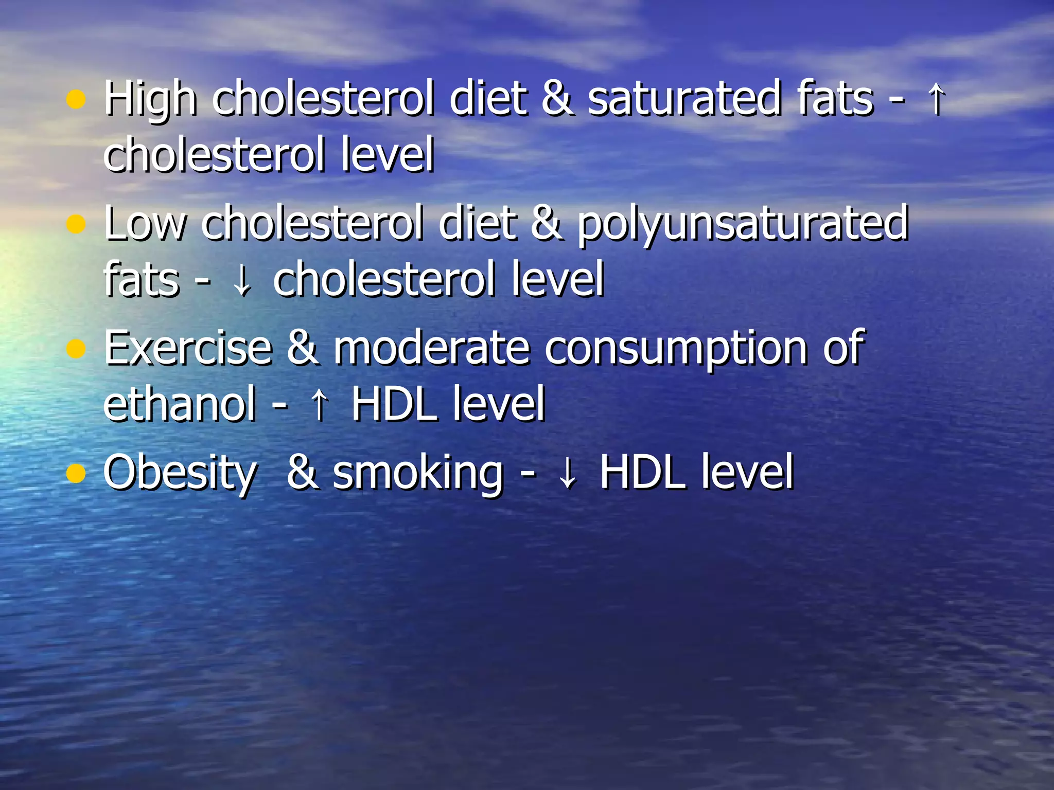 High cholesterol diet & saturated fats - ↑ cholesterol level Low cholesterol diet & polyunsaturated fats - ↓ cholesterol level Exercise & moderate consumption of ethanol - ↑ HDL level Obesity  & smoking - ↓ HDL level 