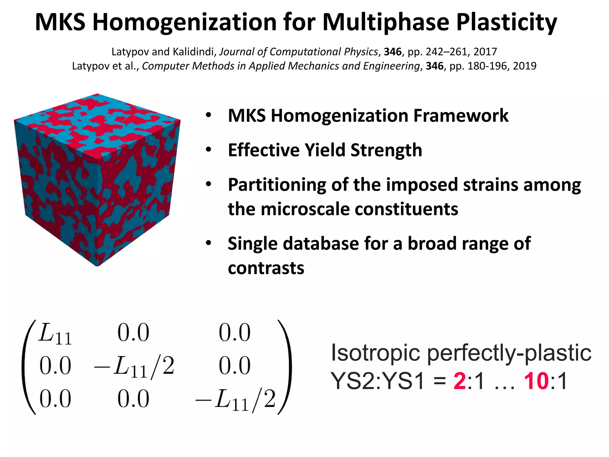 MKS Homogenization for Multiphase Plasticity
• MKS Homogenization Framework
• Effective Yield Strength
• Partitioning of the imposed strains among
the microscale constituents
• Single database for a broad range of
contrasts
Isotropic perfectly-plastic
YS2:YS1 = 2:1 … 10:1
Latypov and Kalidindi, Journal of Computational Physics, 346, pp. 242–261, 2017
Latypov et al., Computer Methods in Applied Mechanics and Engineering, 346, pp. 180-196, 2019
 