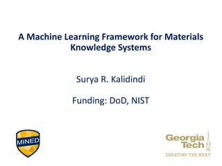 A Machine Learning Framework for Materials
Knowledge Systems
Surya R. Kalidindi
Funding: DoD, NIST
 
