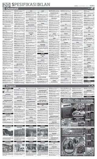 20 SPESIFIKASI IKLAN
*KRISTA ‘97 pajak baru hijat met istw skli
hub:88151553 -40058379 kredit/TT

KRISTA’03 DSL Ban+Pajak Baru Istimewa
083831402677-081938554478

012567

013267

Starlet th’86 (W-SDA) AC/TP/VR/Orisinil
Bagus=31jt Nego Kertajaya 13F/11 .

INNOVA G Dsl’09 Manual Orsinil Hitam
Hub:08121660536-081515355958

KIJANG LX’03 Diesel Hitam 79jt BU Cepat
Rkt MenanggalHarapan B-25 70032339

KIJANG PU’93(37Jt)Carry’90(23) Jual Satu
Ngagel Tirto 2/44 70294178

AVANZA G 2005 Plat W Tgn I Terawat Hrg.
115jt Hub.085-648472112-081515166993

KJG GRAND Extra’95(W-SDA)Sgt SuperIstw AntikAlami Orsinil Utuh 031-83916345

KIJANG G Long’95 Original L/D Ac/Tp/Vr/
Audio(L)59,5JtNg031-81067474 BU Cpt

AVANZA G ‘2010 Silver (L) Istw Pajak Panjang 087855784848-081271551951

BU DJL CPT COROLLA GREAT’94 hrg 55jt.
Hub FLS 03170355749. HP 081231799140 .

COROLA DX’83 AC/TP/VR Istw 27.5jt.Kr. Men
jangan108 Blk71877006/083857111207

RUSH S 07 Hitam Ori Total Kn 80Rb Hub
087853765948/70916646 Bs TT

****KIJANG LGX’00 AT 1.8 ISTW ORI****
Coklat Met:(031)71369699/081939314687

INNOVA G th’2007 SILVER
Matic 151jt Hub:031-7250 7078

CORONA ex SALON Th’86 PW/CL/AC/RC
Kondisi Istw.Raya Sumput 71 Sda 71072235

100RbMURAH Kjg,APV,Xna,Lxio+Spr,Jl Tiket n Tour24Jam HALIM5013744/70102636

AVANZA G’06 Hitam Tangan-1 Ors Cat Istw
Hub:081703630008/081252278008

Twincam GTI1.8’91 L ABU2 MsnKering AC
VR AUDIO ORI TOTAL 56JTNG085648761112

C.I.M Bus Wsta 1.6jt/12jam Seat 25,29,44
Jl.Pemuda120 031-5035749,31155353

MINICUB’81 (9,5Jt) Corolla’75 (15Jt) Nego
Hub:031-77338853

DP20jt Innova G Htm 06,BsTT/Pros Mdh
Cpt, RyMstrpKdrsDkh 147664215/
34083181

012526

012622

012606

012777

012875

012797

012998

012764

012749

KIJANG’91 PICKUP SASIS Nol 6Sped istw
39jt Brebek3D/8 DktPdkCandra71317865

013024

COROLLA Twincam 1.6’90 Ori Istw Jl.Kol
Sugiono Ngingas Utr 43 Waru70246614

012931

KIJANG LSX Disel th 04 Ac Dbl/Pw (B)
113Jt.Dukuh Pakis 4/12.Hub:03170686060
012880

TWINCAM Th’88 AC,RT,VR
Pjk Pjg Istw 081703072276

012955

AVANZA E’08 Hitam Tgn1 Ors Cat 103Jt;Jl.
Bendul Merisi Selatan XI/134513388
013015

KJG KRISTA Bensin’02 Slvr Istw Trat Jrg
Pakai 115JtNg081281305585/79654364
013038

AVANZA G’07 Tg1 Orisinil Istw 117,5JtNgo;
Darmo Permai Sel V/69031-70972542

013053

SOLUNA GLi’2000 BiruMet,BanBr,Ori Luar
Dlm,Istw Sekali,68,5jt082330965188
012835

AVANZA 08 akhr,htm metalik 123jt full variasi STNK BR 081331012970/70777306
012838

Jual cepat Daihatsu Xenia All new sporty
‘2011 085730364071 tangan pertama

013059

Kjang Station’90 Warna Merah Maron Pelex, Ban Baru Racing Tape087853382884

013075

COROLLA GL 85 body Klg AC dingin/audio/
VR istimewa 28,5 NEGO 03177994428

013132

AVANZA E’10 Silver Tgn1 Ors Km50Rb 110jt,
Rungkut YKP RL5K/9 085259009362
013138

* OBRAL DISCON * Fortuner,INNOVA,AVAN
ZA,DYNA,ETIOS,ProsesCepat 031.70209998

013173

STARLET 1.0 th 91 biru ac audio VR L sby
siap pakai 42jt.Telp: 03177154789.
013181

LGX ‘03 BSN 1.8 (L) Hitam 119jt. Medokan
Asri Utara 7/15. 03170686811 .
013200

COROLLA DX’81 CatBaruMesinEnak RcTp
Simokwagean Kuburan 22 Jamu03171931669
013612

DX ‘82 putih ac/rmot/Sl/AUD/tv bagus jl:
ngares rejo2 Su kodono081216541952

013352

PROMO Trmurah.Avanza,UM AngsNego
,Agya InovaFortuner EtiosVios Altis DllTrmTT
BsLr Kota03170717733/081259124288
013462

STARLET SE 1.3’89 Ac/Tp/Vr/Br Cat Msn
Bgs 37Jt ,Nginden IV/31 72009405

013247

KIJANG SUPER’94 Tropeer Ac/Tp/Vr/Br/
Pw/Ps 47Jt BsKrd,Nginden IV/31 72009405
013256

013268

013431

013482

013314

013470

013512

013566

013345

013347

DP11jt, NEW Vios G 07,BsTT/Pros MdhCpt;
RyMstrp KdrsDukh 147664215/34083181
013350

DP16jt PjkBr/Krdt-5Th Pros MdhCpt/
Bunga7%,Avanza G Silver/Hitam10 BsTT.Ry
MstrpKdrsDkh 14 0317664215/34083181

013358

DP14Jt Yaris Silver 07 E MT PjkBr/Krdt-5Th
Pros MdhCpt/Bunga7%.BsTT.Ry Mastrip
KdrsDkh 14 0317664215/34083181
013371

KIJANG’91 Nusa Biru Met Ac/Tp/Vr S.Pakai
Jl.Medokan Ayu MA I-G/15 78444465

SUZUKI

TRUCK
DIJUAL MURAH Dump Truck NS’97 Siap
Pakai/Jalan 03181906565-081232262263

SMASH Th 2005 Hitam Silver Hub
5943074

DIJUAL TRUCKISUZU ELF’96 Ban Double,Bak
Kayu 60jt Nego Hub:081.6523.541

RGR’92 Max’96 CB’88 JP’83 Bravo’91
RC’88Karah 4/51 Dp Studio 4 7802 0013

Hino tronton 88 P9.6m semibox bak smpg
pjk+ban+cat baru08884982817/8975530

SZK SMASH CW Thn 2009 Harga Nego
Jl.Jambangan kebon Agung 2 No.1 Sby .

MOBIL DICARI

Vega04 34 Sogun02 34 Tornado99 2jt Sigma97 Vario07 BPKB Hilang 3.583400011

012443

013485

013594

DCR Mbl Bekas ‘2008 Ke Atas Kondisi Bagus
Hrg Bagus 77444845/081331717076
010942

CARI MOBIL Sgl Kondisi,MerkThn Berani
Hrg Tinggi031-71491443/081231330234
013134

MOBIL DISEWAKAN
011852

012753

XENIA’13,KJG,PANTHER+SOPIR Dlm/LR kt
bs Drop/jmpt 03192214082/ 085331523699

012892

MOTOR DIJUAL
HONDA
KARISMA’2003 Cakram Tgn1 Barang
Lengkap,Ors Istimewa 4,8Jt77821235

012483

H.KIRANA’03(L)Tgn1 Mls 5jt.Perum GreenMansion, Kasandra 21 TbkRejo81747222

012695

DIJUAL CB th ‘73 Biru Modif (Plat AE)
Hubungi: 03171039161
.

012861

Kijang LSX EFi 1800cc’02 wrn biru metalik(
L)109jtNg08179345561-03171506757
KIJANG SUPER’90(6Speed)Nusa Long AC
Dbl MerahMet Hub:Berbek 3C/3470454192

Kredit motor honda baru banyak hadiah
promo bulan ini terbatas t.77556797 .

VIOS Tipe G’04 Tgn1 Manual Silver Gold Bs
Krd,Jl.Dupak Rukun 7208123252819

VARIO ‘2010 STNK 2011 Hitam Violet Mulus
Hb:Kupang Krajan Lor II/485473465

Twincam SE Ltd th’90 Simpanan ANTIK
Timing Belt  Ban Baru Gres03170122400

Hnd Absl REVO ‘10. Tgn1,Trwt,STNK Pjg.
7,2ng. Ketintang I/29-I,Sby71206766

TIMOR

SUPRA FIT NEW’06 Mulus Terawat Siap
Pakai (5,3Jt);Randu Barat I/2031239628

013260

013291

013419

013527

TIMOR’99 SOHC VrPsPw Ac CD DVD Alrm
38.5jt Gajah Mgersari 6/22 SDA70077277
012629

TIMOR DOHC’99 Gold Nego Habis Cepat BU
Siap Pakai081938139617/031-71123402

012969

TIMOR DOHC’2000 AC/TP/VR/PS/PW/CL Hijau Met Bagus Trawat 50jtNg 08123505970

012684

DIJUAL TIMOR DOHC 2000 Plat L hijau harga nego hub 081217778768/77980708
012848

012959

012950

012899

012922

013066

Dijual Honda Grand th 1996 orisinil istimewa Hub:081333112689
.
013164

HONDA NSR’94 Moto GP Srt Lengkap Plat-L
12Jt Nego 085334336007 Menganti BU

013241

013069

013452

013337

013463

DIJUAL HONDA CS1’2008 Merah Barang
Istimewa Low Km Hub:083830611409

013432

VARIO’2010=9,5 +Jup Z’09=8,5 +Lgd’04 =3,5
+M.Pro CW’05=8 +Mio’10=7,7 72773096
013496

JEEP
JIMNY TREPES 4x4’83 F.OrsL/D ARBwarn
(L) AntkSptBrPggemar Ngagel Jaya Sel 80
012570

jeep cj7 ds hardtop amrik th84(L)bensin brg
simpanan/pribadi. 77698821
012902

HARDTOP’78 Ori, 4x4,Cat Br,AC,PS, Free
Lock, Istmw Hub: 085255090707

012829

CJ 7 TH’86 4x4,AC,PS Asli,Disbreak,
Audio,Ban Simex,Istmw Hub: 085255090707
012831

013211

Honda Beat’11 hitam  merah j.salah satu
11,5jt Ng 03179304288

013257

SUPRA’2001 HITAM 4,5JT NG
031-79545177

013266

DP MULAI 500Rb FitX’08(285x36)ABS
REVO’11Beat’10+13,VarioCW’07,VegaZR’11,
MioCW’10+11+Soul’09+SOUL GT’13 SmashT
itan’11,VegaR04(4,8)PCG SAWIT35057310
013408

H.SUPRA FIT NEW 06 Cakram Orisinil Hub:
Jl.Manyar Adi I No 53A T:0818316844

013547

ZEBRA BODY ASTREA 91 Mrah(M)Body+C
atMls,IntrOri SiapPakai 25Jt081333522111

ATOZ 2002 GLS MT PS/PW (N) BsTT + MAZDA 88 ELIT Orsinil 7034014 / 9554999

JUAL CPT Carry’84 No Baru Ban Baru (L)
Utuh Bagus Hub:7337370

KIJANG G 94 Long Abu2 Met Asli N AC Audio
PS Istm 71Jt 7569750

DIJUAL XENIA FAMILY 1000cc
Th2011 125JtNGO+Jazz RS Matic 2008 Biru
Met 160JtNg081334 311114

ISUZU

JUAL CPT AERIO 2002 Abu2Metalik(N-MLG)
Kond.Bagus Graha Golf 2/18 Araya Mlg

INNOVA E Plus’08 Mnl/Bensin AcDb Vr Dvd
Tv NKota Tgn2 152jt Ng 08123390909

NEW ESCUDO 2.0 TH2002 ISTIMEWA 97,5Jt:
RayaJantiBarat74433911/081945551422

AVANZA
ANNGSURAN
95Rban,INNOVA,RUSH Ready Stock BsTukarTambah0341-7702442

012996

013000

DP TERMRAHXenia 14Jtan,Terios 18Jtan,
Sirion 13Jtan,Ayla 12Jtan0341-2384414

013005

TARUNA 2001 Biru FL
Istimewa Hub:0341-2818 918

013113

ESPAS 04 Mrh Audio CD TpVr Ors Istw60Jt
BsKredit H:087851255018 SNGOSARI BU

013168

YAMAHA
RX KING Thn 91 (N-Lmjang) Full Modif 8.5Jt
Hub.085755728695.

BODYTECH Th94 Istimewa Pjk Pjg  Katana GX’92 Ori L/D Bgs Hub: 9416343

012744

Mio08Cw (W Sda)=58 Mio06Cw=55 Tiger
CW03 =81 RevoFit 11(N Psr)=69 03172716085
012960

MioJ/GT F-1 CW’13 an SDR sesuai KTP
12jt/nego Ada BPKB+STNK Tenggilis Utara
19 t.71757353
012963

OPR KRD/CAS MIO J’12 Krg 7x718 DP7Jt Jrg
Pake 10rbKm 71220075/085231831424

BYSON 150CC’2011 Putih Kond.95% Ist
Milik Sendiri Hrg:15,8JtNg70107436 Cpt

013017

Dlr resmi ymhhonda mrh lsng acc program oktober ceria 03170621200-72719172
013187

Mio Soul GT th’2012 FI a/n sdri (W) tgn1
Htm trwt 0812 3572 0007

013374

MOCHIN

013196

013410

ANGS.PLG Mrh Xenia 1,8jt;Terios 2,3Jt;Luxio
2Jt,PU 1,8jt 081233234696/8695511
013548

DATSUN 120Y “76N-MLG VR,Audio
GAUL ANTIK Mls MsnEnak 15JtNGBsTT081944973466
012081

HONDA
JAZZ VTEC 05 A/T Tgn1 L Sangat Bagus
117,5JtNego Hub081 234 231 189

JAZZ RS 2008 Tgn1(L)Bln9 KM60Rb Orsinil
DjaminPuas 170JtNego0812 3579 3388

012116

012698

SEWA/JUAL Rmh Sulung Gg V Strgs Cck Kost
Br Renov Total 5KT,2KM03192098787
013225

RUMAH DIKONTRAKKAN

RUMAH DICARI
DICARI RMH dibawah 200jt SHM Sda - Sby
hub:081216171239 - 083830429818 TP

013159

RUMAH DIJUAL
DIJUAL CPT RMH PERUM BABATAN PANTAI
UTARA/Shm/L96m2/S.huni+AC 70121298

RMH BARU 6,5x25M 2LT Jl.Mangkunegoro 8
DrhDiponegoroStrgs3536378/0811311793

013014

PARADE RMH READY STOK UM Bebas Angs
3jt.Fas Lkp.Siap Huni77567602/71819737

*DIKONT RUKO DUPAK Mutiara Jl.Dupak
65 4Lantai Fas Lkp PLN 6000w 8181 8386

AMERTA GREENLAND.READY STOK
UM Bebas.Akses MERRTOL Pondok candra77621989/70392277

RUKO DIKONTRAKKAN

012674

012845

012844

012854

STAND DIKONTRAKKAN
SEWA/JUAL JembatanMerah Plaza 2 Lt2A
34-35 Strgs Hook 081332535733/91720071

013480

SURABAYA TIMUR

JUAL RMH Jl.Bronggalan (Blkg Kampus
WM Kalijudan) LT:112m Full Bangunan Full
AC 2Kmr 2Lt H:900Jt Nego Tanpa Perantara
Hub:08123189842/081390000968
012945

J.RMH Wiguna Sel,SHM 8x15,Full Renov
031-70939911,Tnp Perantara Hrg:725JtNg

APARTEMEN

013040

DISEWAKAN Apartemen Puncak Kertajaya 2KT Lt2 Dkt KolamRenang Hub.
0817582284
012849

DISEWAKAN APARTEMEN PUNCAK
KERTAJAYA 2BR Gres Min2th 25jtNego
083856576529

DIJUAL RUMAH Di Ngagel Strategis Kondisi Baik Dan Menarik Cocok Untuk Rumah
Tangga/Kantor Hub:081330716652

013207

Rmh Br Mnmls 7x15 Medayu Sel,SHM,
Kt2Km1 Pln 1300 Pam Grs Bs2Mbl
081235939522

013052

013397

APT.PURIMAS GUNUNG ANYAR Dkt UPN
2BR L-0752 330Jt TP, Bu Dwi0811304126

JUAL RUMAH BAGUS Minimalis 145jt Ng
Jl.Tambak Wedi Baru 10/65 082139809281

013244

SIAP HUNIT.36/100 Medokan,HdpSltn SHM
PAM,1300W,Pagar,Tandon 450jt70460277

013299

DJL RMH+BANGUNAN Jl.Kapasan Uk ±30m
x60m (Ls.1845M2)SHM Berminat 081331975252
013474

*Dikont RUMAH Jl.Sambongan 2 Lantai
Min.2thDkt Psr Atom H:3812459 /60792548

012344

013312

013561

RUMAH DIKONTRAKKAN
DIKONT RMH Pucang Anom 6/27 Sby Lok
Strategis Dkt Fasum Bbs Bjr 81971965
013399

PROMO XENIA Ang1.6Jtn,TRIOS Ang1.8Jtn PU
DP10Jtn DPMrh081252172926/8612990
012063

TAFT GT TH92 4x4 Body Kaleng
AC,VR,TV,DVD Putih Hub0341-7037890
012071

ZEBRA BODYTECH 94 (W-SDA)AC/DVD/VR/
CL/Rmt IntOri Cat Mls 31JtNGBsTT2811499
012079

012697

HONDA CIELO’94 Silver L Audio 60jt Kawasaki Klx’10 Std 20jt 081235009568
012923

HONDA ACCORD Th1985 Warna Putih
Harga 24jt Nego Hub:081334782822

013090

GRAND CIVIC 90 Ors L/D Lis Utuh Brg Bgs
Abu2 082 334 9511 66

013488

ZEBRA ASTREA’94 Sliding Door Ac Tp Ors
Istw Skali088803396779/085732508064

HONDA JAZZ RS 2008 Putih Manual Barang
Istimewa 081 2520 122 12

ESPASS 1.6 Supervan 97 AC Dngn CL Biru
Mulus Istw 48jt7324543-085815481421

BU NEW CRV 02/03 N AT 2.0
Silver Ors Cat 0341-7711750

XENIA Li 2006 DELUXE PLUSHitam
Istw+TAFT GT94 Abu2 Cat/JokOri Audio9447339

BU.JAZZ S 08 AT Tgn1 N
Silver Stone Istw 081 7395 388

012129

012291

012501

XENIA X DLX 2009 SILVER
Mulus Asli-N Tgn1 081252532000

XENIA, GRANMAX “Cuci Gudang 2013” GARANSI 100% GRESS Hrg NEGO 0341-7005811
012828

012984

Dikontrakkan Ruko Klampis Min2Th,
6x10M 3.5Lt(SiapPakai HrgNego)031-77338327
012986

Dswkan Ruko Lt23 Jl.Ir.Soekarno Merr byr
perthn cck u/kntr,kursus70596787

GRAND CIVIC TH90 ISTIMEWA
(0341)769 6569/081 233 989 909

013607

RMH Taman Pondok Jati Lt=7x12 Full Renov
SHM 250JtNg 081938037740-7888264

012920

013289

013440

T36/90-DKT-GOR SDA-UM:5JT-ASLI- S.HUNI
BEBAS BPHTB GVLUM R.STOCK 31001199

013332

Dijual/Oper Kredit RMH Sda 36/90,Angs
1,3Jt.03171933359 / 081331445060 .

TNHS.BGN10X15=250JtG.Anyar/6x12=140Jt
Medayu Utr Infes6x15=85Jt 31313555

JUAL RMH 7x12m T.36 SHM Pondok Wage Indah.2 LL-17031-71165094/081332727528

JUAL RMH SHM 119m2 KT3 KM1. Wisma
Tropodo Jl.Aster AF-9 SDA 460jt NEGO.
HP.08887070177

013476

013521

013614

RUMAH DIKONTRAKKAN

JUAL RMH Tgk2,Km4,Kt8 164m2 Shm Trosobo Utama Blok E/9 600Ng 081331017970

DIKONT RMH diDerah Ketintang Sel 10x20
Renov Baru081330734950/081330164446

RUKO DIJUAL

LT.157m2 3Kt 1Kp Garasi.Cipta Menanggal
6/2 Dkt Masjid Al-Akbar 0811143502

DIKONT RMH 500m2 6kt dkt PETRA.KUTISARI SEL VX/18 08123578057

JUAL RUKO KEDUNG ASEM Rungkut Sby
2Lt 8x15m Lb200m2 2.6M Sdg DiSewa 70jt/Th
Slm 5th BU Cpt88000568 /08813293848

JUAL RUMAH Type.48 Jl.Garuda V/7 Rewwin FasilitasLengkap 425jtNego70823209

TANAH DIJUAL

012538

013433

JUAL TANAH Kavling siapBngn diSDA Hnya
65jt SHM34256868,72896676,88275171

012625

SURABAYA BARAT

MALANG

RUMAH DIJUAL

RUMAH DIJUAL

RUMAH DIJUAL

RUMAH DIJUAL

GRAHA ASRI SUKODONO . .. . .. . . . .. . . . . 1X40
.. . . . . . . .

OMA INDAH MENGANTI . . . .. . . . . . . . .. 1X25
. .. . . . . ..

TANAH KAVLING 40jt’an SHM Tanpa Bunga.
Wonoayu 60441837 -77345384-71584144

MOJOKERTO

TUMPANG .. . . . . . .
. 1X25

. .. . . . .. . . .

013041

OMA GREEN PARK . . .. . . . . . . . . . . . . .1X40
. . . . .. . . .

JUAL TANAH KAVLING, SHM 6x20M, Kv
Polda Wage, Jl 8M, Dkt Aloha, Giant Waru,
Makro 130Jt Hub:031.70062760
012929

DIJUAL RMH Type 36 Perum Bangil Permata Indah Hub:031-8538066

013201

RUKO DIJUAL
DJL RUKO Lok.Dkt Pasar L:210 Uk:7x30
SHM. Pagesangan Timur 58 RT02/02 TP
08123034926
OMA GREEN PARK-Jetis Mjkt, Launching
T.2236 Kreatif, Disk Dp, Angs Ringan,PDAM
T:5669555, 031-31177178,085733699629,0
85748398392

OMA INDAH MENGANTI, Launching T.24 Kreatif, Angs Ringan Bersubsidi, Disk DP,PDAM
Hub: 031-5669555 , 34194942, 31030122,
083830885588, 70894008

JUAL RUMAH Full Bangunan
Nyaman, Kuat 125Jt Tumpang-Malang
Hub: 081.333.135.880

SURABAYA BARAT

SURABAYA BARAT

SIDOARJO

PANDAAN

RUMAH DIJUAL

RUMAH DIJUAL

RUMAH DIJUAL

RUMAH DIJUAL

OMA GREEN LAND . . . . .. .. . . . . . . .. . .1X40 .
. . . . . .. . .

HARGA PROMO . . . .. . . . .. . . . . .. . . . 1X25 .
. . . .. . .

ANGGUN PERMAI . . .. ..... . .. . . .. . .. .. 1X40 . .
. . . ... .

OMA INDAH KAPUK . . . . . . . . . . . .. .. .. 1X40
....... ..

**PERUM GRAHA ASRI SUKODONO** 54 3KT
UM:40jt bs diang 10x pgr dpn blkg 33366240
,081217635567,8831898 mgg bk
013133

012275

013146

012571

012779

TEMPAT USAHA LAIN
JUAL KIOS PASAR Waru,Strategis 3x2,5m
+ Bonus Hub:0857.8576.2009
013495

SURABAYA BARAT
KOST
RMH KOST Kedurus Sawah Gede V/5 9Kt
Aktif Hub: Jambangan Tama II/31 Sby

012398

RUMAH DIJUAL
Murah!R.Baru SHM 2Lt Full+AC+Prbt, Lt/
b14 x16,5/458 5Kt 4Km 1,2M 081235191092
012372

J.RMH T36/6x15 SHM FulRenov DktSentra
Bisnis Driyorejo 235JtNg081330288438

012407

OMA GREEN LAND, Launching T.36 Lok.Strg
Sblm Psr Menganti, Angs Ringan Disk Dp
H:5613695, ,5669555,70894008,08383088
5588,77740300

HARGA PROMO Perumahan The Quen Res
T.30 UM.25Jtan Angs.700Rb Flat,Stok Trbts
H: 031-71538744, 031-70370595

ANGGUN PERMAI sltn sukodono,mnmlis
modrn,pgr dpn,atp galvlm,dapur set,free bea
realisasi,UM 20jtan bs d angsur,siap huni,unit
trbts Hub:70854389/71552668

OMA INDAH KAPUK-Pandaan,Launching
T.40 Lok.Strgs Dkt Pintu Tol Pandaan Disk
DP; 031-5669555, 5613695, 083830885588,
08563052042

012270

012649

012281

012272

012646

012485

NISSAN PROMO Nov Diskon Besar Dp Kecil
Bonus Menarik Hub:08113515050

VELOZ M/T Slv N’13 Km2rb Dp67jt Ang2,5
Avz G’13 Dp67jt Ang2,6 03418101157

READY STOCK ALL TYPE NISSAN
March DP20Jtan081 234 838 157

Jual AVANZA G 2011 Abu Met  G 2013
Htm Met Br Mls Hub:Kalpataru 37038806

013089

013513

PEUGEOT 307 Sporty’02 Istw,Biru Tua Mtlk
PlatNo Cantik7003733/081803878808

013115

206 WRC 03 MT Sporty(Langka)MerahFera
ri VR17 N-KOTA Tg1 DrBaru 80Jt7779928
013581

SUZUKI

012419

2

012717

TYT AVANZA VELOZ AT”11 AKHIR-Silver
Mulus N-KT Hub081 333 295 295 TP
012827

COROLLA TWINCAM 1.6 SE
Limited 91 Siap Pakai081805141808

012993

INNOVA’06 G Bensin Manual Tg1 Ban Bgs
Pjk Pjg 136jt Ng Cpt 081233738528

013086

NEW AVANZA “Ready” Special Promo Hub:
0341 - 920 1818
013406

YAMAHA TRAIL DT, Jip Willys Th 52 Ori
Hub: 085691199834
013111

SHOWROOM
MUSTIKA PROGRAM Akhir Tahun!! Garansi Mesin 1th. Revo ABS 10/11 UM 600Rb
Angs 298Rb x 3th; Vega ZR 10 UM 600Rb
Angs.315Rb x 3th; New Jupiter Z 10 UM
600Rb Angs 349 x 3th 7718827/2844041
/085238930538
012287

MUSTIKA MOKAS Sport!! Ninja 250cc 12
Spt Baru Km 2Rb (49jt); Ninja 250cc Hitam 09
(42,5); KRR 10 (29); KRR 09 Hju (28,4); KRR
07 (26,5); KRR 05 (24,5); CBR 08 Repsol (17,3)
7718827/2844041/085238930538
012516

KEDIRI
Jual Avanza G th 2011 istimewa Hub
081335114984

RUMAH DIKONTRAKKAN

RUMAH DIJUAL

SURABAYA SELATAN

012480

LGX “00 DSL N(Kot) SILVER ORI CAT Msin
Trwat u/.PEMAKAI 116,5Jt T.8108617

GREEN PARI RESIDENCE UM-I:5Jt Free
IMB,PDAM,Sertiﬁkat SHM Hunian Nyaman
Hub:031-31221555/83717871/70024887

012751

SIDOARJO KOTA Candi UM15jt Ang 900rban
FreeBiaya83295793/77020216/88240972

012631

012514

GRAND LIVINA 1.5 XV’07 Abu2(N-Kota) 13
6Jt03417783556/081334648047 Bs Krdit

012353

YAMAHA

TANAH DIJUAL

TANAH DIJUAL

012623

Kjg LGX”03 bsn 1.8 biru nopol pnjng siap
pakai,buku msh ada7777750 TDK SMS

J.RMH 8x13 jln klakah rejo Gg Arwana 29
komp moroseneng Hub: 083856385577

J.TNH Pojok 7x15=90Jt/10x20 HrgNego Lok.
MedokanAyu Tambak Rungkut70318901

012619

J.GRANDLIVINA Type 1.5 XV”11 Grey PjkBaru KM MasihDikit(N)Istw082142317766

NINJA Th 2008 Merah Full Variasi 45jt
Nego Hub: 081945302020/0341-7635645

JUAL RUMAH SHM Gunungsari Indah NN55 6022277-71447722-72302560

012819

013426

012593

012522

DIJUAL RMH Dkt Bandara Juanda Full
Tingkat 90M2 3KT,3KM,Grasi Ls,Mushola,SHM
350 Nego 085731363630

J.RMH Murah 250jt T36/60 Jl.H.Syukur Ry
By Pass Juanda081231171754/72588675

012457

012137

TYT COROLLA DX Th81 Istmw Hub: 
7036425 / 085815176955

KONT RMH Villa Valensia PA15/5 Komplit
Prabot 4KT 4AC71385359/087852881959

012404

J.TNH SHM 19x20m CckU/Gdng 1,2MNg Tmbk
Oso DktPntu Merr,Oerr,TolJnd81083838

G.LIVINA Ultimate’12 Tgn1 Putih Km18 JokKlt PanelKayu Pjk Br 7007677/5425262

013553

KAWASAKI

RMH KOST Blkg RS.Bdh (Benowo) 6x23 Full
2LT Kendung I-E/92031-72880088

013446

012393

TOYOTA AVANZA’11 S SlvrKM 12.000 Istimewa N-Asli Hrg Nego  703 94 00

012414

VARIO TECHNO 2011 Oktober Hitam N Kota
Tgn1 Mlus Jrg Pkai 14jt Nego2871071

RMH 5x15 SHM SiapHuni Bebas Banjir
230Jt.KandanganRejo 8-17 Tlp.03171557233

013362

GUDANG

012285

012226

GRAND’93 (N) 3,4 CB’80 Blok Pro(W) 4,2
SPFit New’05 Ckrm(L)5,7085730534221

RMH SHM Buduran L:406M2 600Jt Bs Tukar
Mbl 77546500-081231164500

J.Rmh 2Lt Full Bangunan.Uk.9x16. Tmn Jmbangan Indah 29.72167575/0816505056

013479

J.CPT Avanza S MT’09 Grey Mtl Brg Istw
03419068600/7009416

012092

PROMO KREDIT Honda Baru DP1Jt Beat F1
Vario 8637888/087759903888,Cpt Lsg Krm

FANTASTIS,XENIADp20Jt,Luxio 27Jt,Terios
25Jt DHS Blitar 0342-816318

RMH SHM 70/160 3KT,2KM,Grsi,Hal Blkg
Luas.Dkt Bndara,Trminal,Tol 081357660709

012264

012208

011931

DIJUAL SUPRAFIT Th2005 Hitam Plat N-Lo
Harga Nego Hub:7067769

KIJANG LSX Dsl’97 Ban Br+Velg Bgs  Taruna CX’99 Merah0816.555.799/7053184

Rmh CitraTropodo.CitraNusa Indah 8 Waru
03170992146-085733303327 LT.105.SHM

J.RMH.WRINGIN ANOM LPTH Uk7x21 H.99jt
Siap Huni TP Ada Canopy 085708349488

012181

012340

011934

TEMPAT USAHA LAIN

008904

013589

012104

HONDA
SUPRA125’06(7,5);Supra Fit CW’06 (6,7;
Vario CBS’11(12,7)D.Sentani Timur I H1D5

KATANA GX 2000 Coklat Muda Met Brg Bagus Ban Nomor Baru (N) (0341)774 5350

GETZ 2004 SILVER N-KT
Brg Istmw Manual H081231224125

012978

012314

012896

011932

012138

MOTOR DIJUAL

STARLET SEG’96 Silver Met AC/PS/PW/CL/
VR/TP Mlk Dokter An.sdri 08123300646

J.RMH KOST Uk7x15=360Jt 15Kmr.Uk8x55
=500Jt Bdl Merisi.Mbl Msk Hub:88264577

SURABAYA SELATAN

012803

011948

012086

SUZUKI ESCUDO’95 Original Luar Dlm 74Jt
H: Jl.D.Sentani Timur I H1D5 Swjjr

HYUNDAI

Dkont Toko Kondisi Baru Jl.Kendangsari Inpres 2A 031-71449122/081216116922

DIKONTRKAN TEMPAT USAHA Ukuran
3x6m, Dkt UNAIR. Serius Hub: 081519572695

012912

012108

JUAL RUMAH JL.KARAH No.130 LT.225m2
LB:7,5x15 hub:031-7089 5051

012846

012477

PEUGEOT 206 SPORTY 2004 HITAM Istw 75Jt:
RayaJantiBrat74433911/ 081945551422

TOKO DIKONTRAKKAN

012842

012217

013552

013596

012977

012084

PEUGEOT

JAZZ IDSI 05 Matic Silver Stone VR
RS16,PjkBaru Bagus Skali 116Jt  7779928

013437

EAGLE: Avanz 250Rb,Inov 350Rb, Travel
Mlg-Juanda 70Rb 0341 7308111 / 556600

013536

013556

012991

TRUCK

MITSUBISHI

013592

NISSAN

011943

TAFT 84 4x4 AC/VR BanPacul PwrStrg FreelockDiscbrake Istw 65Jt081333008199

TOYOTA

012987

HONDA PRASTIGE’86 Htm Bgs L AC/PW/
CL/Audio Murah 0341-5460247

EXELLENT TH83 Istw N(Kota) Cklt Pjk Br
Msn Hls Trwt Hub:081333313982

012219

JEEP

ASTORIA (Mbl+Sopir)MURAH Avanza
Inova Camry New Alphard 7058552/
081252160500

012505

DIKONT CPT Rmh Min2th 3Kt Garasi Bs U/
Usaha Ngagel Rejo 29 Hub:08885302741

013443

013603

KUDA BENSIN 1600cc Super Exceed 00 NKT AC Dobel VR,EM,Ori L/D 65Jt7779928

ZEBRA Th93 Merah Barang Istimewa Full
Variasi Hub: 0341-7807864

TIMOR DOHC 97 (N-KOTA)
Biru Ori L/D H081.233.274.545

AMENITY 90 (S-MJKRT) Hitam Pjk 05-14 AC
Dgn /VR/PW Istimewa 39Jt 081334222141

GENIO 93 TOSCA Audio;MAESTRO 91 INJ Merah
BgsSmua NEGO0341-9664077/ 7327428

KOST

J.TANAH KAV 8x16 Timur Perum SMS Hub
:031-71261169/77425971/087751344499

E320 MASTERPIECE 96(N) Silver
Sgt Istw Lgkp :RENAULT 18TL 86 Ors
081945557888

JAZZ 2004 MANUAL (N) Pajak Panjang Merah
Bagus Mulus R17 NEGO (0341)2351290

012711

013597

TIMOR

MOBIL DISEWAKAN

MOBIL DIJUAL

012105

013601

ALTIS G 06 HTM Mls N-KOTA 136JtNego,JAZZ
IDSI 05 Manual Trwt N0341-2327490

ERTIGA READYSTOK DPMli52Jtn/Ang2,1Jtn
TestDriveBrhdh9568253/082141959999

013606

LANCER SL’81 Merah Maron N-Kota Ac/Cd/
Vr/Pw Hub:08123350580

BMW

013600

KIJANG DIESEL 97 (N-KOTA) ISTIMEWA Audio TV Velg Ban Baru 81JtNEGO 7389761

TRUCK RINO Dump Truck’89 Pajak KIR
Hidup,Ban Baru 45Jt Hub:085292739080

012112

MERCY C180 (L)95 Putih drTgn1 IstSkl 75Jt:
RyJantiBrt74433911/081945551422

STARLET 1.3 TH97 (L) TGN-1 Merah Metalik Montor Istimewa Hub0341-9311007

012494

013510

CORONA 90 TWINCAM EFI(N) Orisinil Istw
Seperti Baru Murah B.U 35Jt 7779928

JEEP ML 320 AT 2000 Slvr 258jt Interior
SptBr Kunci Serep 2085 855 759 888

013605

MITSUBISHI Kuda Gls Th 2000 N Silver
Nego Hub:0812 3322 912

012476

013564

DJL AVANZA 2007 Tipe E Kuning Metalik
110JtNG081334441980 Tdk Melayani SMS

ERTIGA DP38Jt(ERTIGA ReadyStock)
SPLASH APV,PU Disc Bsr082142619474/
2888236

JAZZ 05 MATIC Silver (L) Kond.Bagus Istimewa Ori Luar Dalam 087859945020

012733

013227

SIDEKICK 96 (N)Sper Istw PW,VR,BanBr
OriTot99% FullAudio Mahal 75Jt7779928

MALANG

VIP KOS AC TV KUlkas K.Mandi Dalam, Kendangsari Blok i/18 8495444 / 8438064

013070

013591

013486

013088

CUKUP 20jt dpt Toyota.Gratis Dump Truck.
Info:Syahrir082131909087-03416620420

012357

DIKONTRAKKAN RMH Di Koala Regency 2
Kmr Tdr 1 Kmr Mandi Hub:088801417266
013235

ESCUDO 1.6 TH04 Super Istw Terawat
Sekali,Jok Kulit,Ban Baru 112Jt 7779928

L300 ‘06 FullBoxAlmn OrsCatTotal Tg1
PjkKirBr AntikSptBr S.Pkai0817315334

DICARI MOTOR Segala Merk Berani Harga
Tinggi Hub:031-70800332

012102

2

RUKO DIKONTRAKKAN

013504

013568

H.CIVIC Genio’92 AC,CD,VR Abu N-Kab Mulus! Bisa Tukar Tambah 081335838787

011863

KOST P/W/Pelajar Ac/Kipas Angin 7040
0029/ 08123190029 Jl.Soka 21D Tambaksari

SIAP BANTU Carikan/Jualkan Rmh,Ruko,A
part,Tnh,GDG,Sby,SDA Chris 08155023333

012982

KATANA TH93 PUTIH Body Mulus
Siap Pakai Hub(0341) 543 8866

AVANZA S 1.5 HTM2008 (TrmNamaPmk)Ist
132Jt:RyJantiBrt74433911/081945551422

KOST

DIJUAL RUMAH BARU SHM Lt.5x20 Wonorejo 475jt / Medayu 375jt  081330369188

013413

MAZDA

MITS.LANCER 86 Plat(L) AC/Tape 18JtNego
0341-9390157 / 087.716.700.711

DJL Ruha Baru Jl.Wonorejo Sel I A Rkt
Lb.64M 2Kt,1Km H:8793797-087854222062

013554

J.Slh Satu Splash’10 Hitam(N)/All New Xenia
M (N)Sgt Istmw Cpt Dpt7677491/9177490

NEW CITY 1.5 Th2005 Istimewa (N) 114Jt:
RayaJantiBarat74433911/081945551422

** DICARI SEGALA MERK SEPEDA MOTOR ** HARGA O.K.E Hubungi :(031)
72009479

012087

J.RMH Pogot IX/9A 7x15 Hdp Timur,Bagus
,Strategis 081331540653/085731205797

013045

013114

STARLET 1.3 SEG Th95 AC/PS/PW/VR (N)
Merah Hub: (0341) 769 7646

011856

KOST

KOST EXCLUSIVE KmDlm Ac S.Bed Furniture, Dapur Kutisari Sel 3/1082232314313

012348

CARRY’85 P.Joyo Bodi Extra Mls+Wonder’86
2Pntu Htm Mls Ori Lr Dlm7588126

LANCER 1.6 GLi TH01 Airbag Hitam Pjk
Baru (N) 081 233 66 516 / 8800861

012119

SURABAYA PUSAT

012999

SZUKI AMINITY 91 N Kota SlvrBlue Ban
STN Baru H:JL.MASJID115 PsrSINGOSARI BU

HONDA ACCORD 84 (L-SBY) AC/TP/VR/PW/
PS Mbl Bgs Msn Enk 17JtNG BsTT996 3072

012498

RUMAH DIJUAL

012182

ANDA JUAL SEPEDA MOTOR? Jl.Gembong
Sawah Barat 63 Sby 70526617/3715147

012985

K

012113

KATANA GX96 N Kota 55Jt Nego AC,TP
5Ban VR smua Istw a/n sndri 9805875

INNOVA E+ Diesel’07 Silver(N)Tgn1 Sgt Istimewa Model G 160jt Ng03417841234

013357

RMH BARU 48/78 6x13 2KT 1KM 100m Ke
Timur Dr UPN SHGB 490jt Ng 082139818382

012093

CARRY TROPER 99 Istimewa Sekali 48Jt :
Jl.Klayatan 3 No.10 Tlp7659736

MITS.MINI CUP TH82 (L-SBY) Mesin Halus
Body Kencang 6,5JtNG BsTT 2811488

BIG SALE XENIA DP18Jt,TERIOS 20Jt,GM
PU 10Jt,MB 16Jt,LUXIO 23Jt Prss CPT MURAH
MUDAH082131930990/9572650

013444

012069

OPER KREDIT HONDA STREAM 2005 Triptonik Hitam (AD) 55JtNego081 234 785 678

013575

KHARISMA X ‘04 @ 5,2 Terawat Tgn1 Dri
Baru, Ngagel Tirto 2/25 71898663

012403

012603

011994

MOTOR DICARI

012833

KOS WNT Ry Manyar Tirtomoyo HrgMurah K
mDlm,FasDll083857777775/031-33250205

KIA CARENII’04 Hitam N-Kab Ps/Pw/Ac/
2din Tgl Pakai Opr Krdt Hub:03412201222

012096

JEEP WAGONER’79 Biru IstwAntik Perum Araya GalaxiBumiPermai G1/2 081330062588

OST
Paviliun
AC
Uk.4x8
Jl.Cipunegara Dekat SUTOS/Jl.Indragiri
Hub: 5671994/08563312116

013583

KIA

MERCEDES

013259

013439

DIJUAL PANTHER NEW HIGRADE TH99
Warna Abu2 Met (N-MLG) 95Jt 0858 5156
8189

DATSUN

013282

COROLLA DX’81/82 Ac/Cd/Tr/Vr/Br Mobil
Bagus 21Jt:Nginden IV/35 70825087

RMH SHM Lt180 Ada 16KmrKos Rkt Kidul 1/5E
Cpt 290JtNg88000421/085655338905

012997

JUAL MAZDA Lantis’95 Merah Plat N-Kota
Mlg Pajak Baru Nego Hub:081555667706

BEAT ‘2010 CW Orisinil Pjk Baru 9,8Jt. Jojoran 1/2B 70245321

013263

ISUZU ELF 2007 KURSI 16 Plat(S) 160JtNego H:0857 5555 9933/081 334 822 677

XENIA Xi’09 Sporty N Tgn 1 Km Low Vul Vr
Mulus 121jt Hub:085234001552

013585

HILINE LONG 4x2,Th’92 Body Klg,AC,PS
,Cakram,Istmw Hub: 085255090707

013373

012099

TOURING 04 A/T(N) BiruMudaMet Irit Mulus Pmk Dokter TngglPakai085258719920

LANTIS 95 Abu2 Original Trawat Jl.Taman
Borobudur No.5081233186333/5439059

KIJANG’88 Nusa Long 33Jt+Kijang Super’90
38Jt H:Nginden IV/3570825087

013353

PANTHER LS TURBO 2004 Istimewa 140Jt:
RayaJantiBarat 7 4433911/081945551422

XENIA Li 04 SilverGold(N) Bagus Sekali Super Istimewa Harga 87Jt 7779928

012110

GROBAK VIAR LONG KARYA 200CC th’2013
bln4 Merah harga 17jt hub.081332619889

012834

012488

ROCKY 4x4 ‘95 OrsTotlBan31 MT Audio PW
SgtIstw AntkSptBr Simpnan0817315334

DAIHATSU

GL-MAX’97 CB100’92 Fit05,Kwz Blits04
Tornado97 Sigma’97;Karah 4/5470908555

012757

JUAL SUZUKI SPIN Th’2010 Siap Pakai
Harga 6,75Jt Nego. Hub:031-31235841

DIJUAL VARIO TECHNO’11 Hitam Silver 12Jt
Nego Hub:081231432584/081332237310

013414

MOBIL LAIN-LAIN

KREDIT MBL Mulai Th’96 Bunga Mulai 6,5%
PerTh/Bth DanaJmnanBPKBMbl70766556

012479

BMW 318i TH97 Istw (ASLI-N) 75Jt: RayaJantiBarat No.7 4433911/081945551422

Megapro ‘11 (14jt ng BU) hub.0821
31064406 Jl.Sukirno 38 Komp TNI AL kenjrn

GELLY PANDA Hanya Dengan DP 5Juta +
1Kali Angsuran Hub. Ega 031-31292729

012540

SUPRA 125 Ruji 2010 (8,8); Revo Absolute
2010 (6,7).Hub:  081 334 894 555

SEPHIA’97 MT Htm Km60Rb Tg1 BanBr Sgt
Ist; Darmo Permai Sel XI/3408155005628
013370

012566

012904

Beat F-1 CW’13 an SDR sesuai KTP 13JT/
nego Ada BPKB+STNK Tenggilis Utara 19
t.70242897

013466

012246

SABTU, 9 NOVEMBER 2013

PURI ASTA T50 54 Soft Cash 12x T36
Lt112 bs ASABRI  Taplin 0315450433-5

012433

Dijual rmh uk 3x8 jln tanjung sari jaya
hrga 55 jt hub. 03183403435 .

012947

012114

012932

012732

012811

JUAL/DIKONT RMH Petemon Kuburan 36b
Uk.7x9 Tingkat 2Lt TP Hub:031-79543028

013280

013409

013478

013422

013318

DIKONT RMH 210/125 3Km 2Garasi Intan
3.3/41 KBD 081949831374-082143664207
012405

DIKONT RMH 2Lt Banyu Urip Lor 7/6 FasLkp
Mbl TdkBsMsk 5319906-08385772491

012730

013126

BLITAR
012641

012949

RMH-TNH Dk.Pakis 1A/50 SHM LT1344m2
(Ada Rmh12x30m2) 3,2Jt/m2Ng7313456/
08121603304
012909

J.Tnh Shm Cck Utk Invest 7x12 Gmpl Kurung
Mgnti Dkt Benowo 45Jt08175012997

012810

LIHAT HAL 21

 