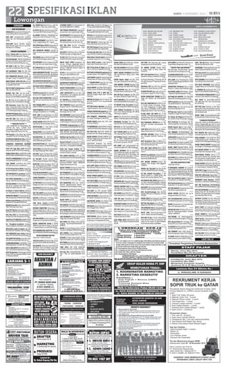 22 SPESIFIKASI IKLAN
Dcr ADMIN Rent Car  Kursus. Laki2 Min
SMA. SIM A+C. D4Du trans. %92121800.

SURABAYA

CLEANING SERVIS P/W Hub:Jl.Gembili I/51
Sby Tlp:081938887878-77388878

Dbth Calon SECURITY.Gj UMR.Ngagel Tirto
4/15 Sby, %085730060266/085791244093

Dcr GR PG,TK,Pglm,ada kend,wnt,max35th.
Tmn Lestari BB12 Pndk Cndra%70255157

SGR TENAGA SERABUTAN Langsung Kerja Siap Lembur Lam Lsg Jl.Kertajaya 166-B

JR msk u/ Dpot Lk2 blm nkh pglm mskn Jwa/
Chinese%082264061882 ktt br IIA/20

Dcr ADMIN, TEKNISI AC + SERABUTAN. Lam:
Dukuh Setro 2/1A (CV.TOP) %71777784.

DCR KRYWAN/TI Utk Kebab Dmsli Sby Tmr
Pny Mtr M.Tirtomoyo 54 %087812317666

DICARI KARYAWAN Punya SIM A/C. Lamaran Ke: Tenggilis Mejoyo AA-7. Segera !.

DBTHKAN SOPIR Luar Kota Acc Hp (GP+
UM+Komisi)Ry Darmo Permai Timur 18-F

DCR Wnt min Smp JjrT.Jwb u/jaga Stan drh
Semolowaru Gj+Bns%91915110 Ruko Surya
inti Permata A50-51 JmrAndayani

DCR SOPIR Pglmn SIM B1 Margomulyo 44
PrgudanganSurimulya DD-16/16A Bp.Ichal

DCR TNG PRIA Max25Th U/Pengelola
“ANGKRINGAN”Lam Kr.Menjangan 115(jojoran)

012369

ADM-KEUANGAN
ADM MinD3 Akuntansi,Wnt 30Th Pglmn3Th.
Lam:Jl.SambisariIII/26 Lontar%7381727

013067

ADM WNT UmurDibwh35Th LlsSMA/S1
Cerdas Jjr Gj1,5-2Jt;Slompretan82A%400
58099
013042

DCR:5.ADM Wanita Max28Th Tampilan
Rapi Menarik Segera Kirim CV Lkp Ke:Berbek Industri V-19 Sidoarjo
013393

RAGAM LOWONGAN
Dicari Tukang Jahit Kaos,Obras% 03412949017,Jl Randu Agung Kav I Singosari

007394

DCR:PELAKSANA PROYEK,ESTIMATOR,AD
M,Drafter CAD,Teknisi Listrik,SOPIR B1, Gading 2/36 Sby; Email:hrd333@yahoo.com
008859

DCR ADM  ACC Wnt SMK,S1, berpglmn
max.29th Lam Ry.Kutisari Utara 48-C Sby

008957

DCR KARYAWATI TOKO Min SMA sdrjt,
Usia Max22th.Kirim Ke:PGS Lt2 F3 No.1.6.7

009401

BTH PENGEMUDI SIM-A/B 2,5jt/Bln Ke:
Jl.Rungkut Tengah 76 Sby%0856 4973 4734
009487

DIBUTUHKAN, SOPIR SIM A/B, Gaji 2,5jt
Per/bln. Datang Lansung Tes ke:Jl.Lakarsantri
20 Hub:0857 3166 7703
009526

BTH TK SAWIT di Kalimantan. KWANYAR
3 BKL Hp: 082140927661
.
009783

NEMPEL TALI TEH. Tiap Hari Ambil 5
Box/350rb (50 Box=3,5Jt) +Tnj Blnan.Dtg
Bubutan 22G,SMS:MONICA 083854447228
009825

Dcr 20 Distrb Air Oxy Jadwal Wcr 10Nov:
Widodaren 5.Dftr SMS ke%081221630887
009999

DCR Karyawan Sebagai Mitra Kerja Utk
Usaha Terang Bulan.Sistem Bagi Hasil Tnp
Modal,Cara Membuat Diajarkan H:343 77328
/77377338 Menganti Gogor 20 Wiyung
010337

DBTHKN PRTBaby Sitter u/ DlmL.Pulau
Bungurasih %087851791897/082140274 223

010889

BTH PRT WNT Tidur Dalam Gji 1,6-2,5Jt
Andy 081331100355 KetintangBaru 16/21

010838

***MERCURY PLASTIC***
CARI T.WORKSHOP (Bs Bubut,Milling Dll),
T.SETTER Msn Inject, T.LISTRIK (Arus
LemahKuat) Sanggup Masuk Shift Lam Ke:
Pergud. Margomulyo Permai Q-4A, Sby
011102

DCR Krywati u/ Stan Mknan Rgn di Royal
+Jmp %8477518-8271612 Royal GA1/45

012370

012495

012362

012497

DCR OPERATOR WARNET min.SMA Bs
komp. Ry Barata jaya 9.%03170166088 (NO
SMS)

Dibuth SALES FORCE pengalaman min
1th,max 40th,gaji tinggi(nego)+komisi+b
onus+jenjang karir.Walk interviuw,jam 112siang CV KENCANA Jl.Kolonel Sugiono 18
Ngeni Waru Sidoarjo

Dicari: SALES counter u/ Alat2 Teknik di
Raden Saleh P/W,hub:Raden Saleh 4F

WWW.HOMEINDUSTRI.NET MemisahPlst
ikKrtasDiRmhHsl Jutaan/Bln BhnKrjGratis
+LayanAntarAmbilGrtis%7674988/085257
1699690 Bukit Bambe AN-16 Gsk
DCR WANITA PGLMN SALON Hub:Salon NIKITA JL.PondokJati Blok BR/6 Sda%8940590

012439

012552

012555

Dcr Tukang Las,Kernet u/Pgr,Tralis,Kanopi
Hub Dk Pakis 57B Hub: 0315685210.
012378

012375

012396

DCR SALES OUTLET PAKAIAN.Ada GJ+ BNS.
Max 30th.minSMA%085655376715 K.Menur
1/2
012383

DICARI Karyawan/ti Toko sdkt Komp srbutan Krm Lmrn: Tenggilis Utara 18 SBY
012458

BTH SGR STAFF MARKETING P/W Max25
Min SMA.Lamr RukoGateway Blok E28 Waru
SDA
012428

DICARI ADMIN MARKETING Max35Th Lam
Lgs Jl.Sikatan 45A Krembangan Selatan
012386

DEPOT/KLINIK Cr 7 Wnt SMP/A 18-28th
Lam :Jl.Lesti 69 %03170125069
012387

DICARI SOPIR Sim B1  KERNET/Office Boy/
SPG/SPM Lam Krm Ke PO BOX 1442 SBY

012390

BTH CPT 10 PENGEMUDI SIM A/B.Peng hasiln
s/d2,5jt/Bln%082332337157 -7171 9935

CR PEG.WNT MinSMA 18-25Th Chines
BsKomp.DtgLgs:Kaliagung I/I Blok E(KJepun)

012308

DCR SOPIR SERABUTAN Sim.A Max30Th
Dtg Lsg : Coklat No.3 (Drh Kembang Jepun)

012310

DCR SGR ADMIN Wnt SMA/Diploma Mx25Th
Gaji 2Jt.Lam Lsg:Darmo Park I Blok 2B No.1
Mayjend Sungkono,Plg Lmbt 17 Nov
012318

CR Admin  Teknisi Elektro STM/D3/S1
Lmr: hrdtaa@gmail.com /Tlp%08885181252

012328

OPERATOR WARNET Pria/Wnt Bs Komp Min.
SMA, Bratang Gede 3G/30%81569292 NoSMS

012324

bthbnyu/kntrPabrikminSMP18th,kirim
biodata ke B.Triana%081938097480

012331

DICARI Teknisi AC,Kulkas+HelperHub:0317082 7595 Lebak Timur 9 No.2
012335

Kryti DTC Plg Sore,Toko B.Dol LDAB/K 616
DpnStasiun Wnkrmo %71140915 TdkSms
012336

Wnt..Max 25Th..Cari AdminPembukuan..
Bs Komp..Min SMA..Karang Asem 5B/4 Sby

012337

Lipat Krtas 70-350rb/Hr AlatBhn DrKntr
Hub/Sms Ratna 083854484976 Bu2tan22G
012338

Dcr Penagihan+serabutan kendaraan
sendiri,pengalaman,Hub:Raden Saleh 4F Sby
012542

Dibutuhkan stylis  kapster dkh pakis
6b/1b Hub: 087753006921-081255799514.
012350

DCR OPERATOR Game Online Berpenga
laman SMS: 03192441516 Pantai Mentari Z-12

012352

DCR SOPIR SIM A/B1C punya Mtor Sndri.
max50th.Lam.Lebak Indah Utara II/A-19

012359

CR MEKANIK OFROAD+T.CAT DEMPUL +T Cuci
Mbl.Tempurejo65% 71719494/ 081 3330 93222

012366

DCR 21 ORG SRIUS?SUKA BSNIS.Part 2-5JT,
Full 5-10JT/bl/Basra106%08151545 6692
012367

DCR P/W Apoteker Mahir B.Inggris  Komp
Punya STRA.Lam Lngsng:Jl.Kalibader Selatan
14 Sepanjang Sidoarjo
012544

CARI : TKG LAS PAGAR +TKG CAT Mobil.Rk
Villa Bkt Mas RM28 %70712999

DCR 10.Org Kerja di Kapal max.21th Gj
800 s/d 1,4Jt Hub.10 Pgi%081232720362

DCR TKG GAMBAR Motif Bj Koko,T.Mila%3
578494,Dharmahusada Indh Brt A/146 Sby

DCR TKNG LAS PAGAR Pengalaman  Kuli
Serabutan.Jojoran 3 No.183%03171726654

Pemb.Operator ms-Offset 1 1/2 plane  tng
sma/sdr Simogunung brt tol II/69

CARI KERNET Cetak  Tukang Plong Hub:
Petemon Barat 235 Phone: (031)71119288

DIBUT KRYWN GUDANGSOPIR.KRYWTI
Toko Max35th.Putro Agung wetan 58b%
71121897

**KRYWN TOKO-GAJI MENARIK**
Wnt,SMA,Single Max24th,Penam Menarik
Toko Aksesoris Petra Jl.Kapasan 153 Sby

CRPEKERJAL/PUtkDealerMtrBsSuami+Istri
AdaMes Kenjeran633%082141614747

CR SPG u/ countr snack PTC Lt.UG E7-43, 2330th,gj 1jt+plsa H:085931211323

CR TEKNISI LISTRIK MinSMU Pglmn:
Jl. Sadang Tangkis 18 Taman SDA% 081
331302471

DCR KRYWN/Ti SRABUTAN Restoran:salon
NIKITA JL.Pondok Jati BR/6 Sda% 8940590

*** TUKANG KIRIM Punya Sim A  C yang
Jujur  Rajin.Lamar: JL.KERTAJAYA 117

DICARI TUKANG BUBUT,LAS  Sekrap Ber
pglmn Hubungi: Lebak Permai I No.11 SBY

SALES/ADMIN Laki SPMA/STM/D3 Agronomi Kirim Lamran: PO BOX No.1964 SB 60019

LIPAT KERTASTEH.Shari dpt 5box upah
350rb(100box=7jt)+uangBlnan.Bu2tn22G.
sms.ROSA %081934165416

TEKNISI Srbtn P/W  ADM Wnt SD/
SMP/STM; Rungkut Mapan Barat 7/AF24%
70922680

CR TENTORKuasai EKSAK.GjUMR.Krj SenJum 15.00-21.00.Ba2tanMukti E4.Bu Fanny

MRKTNG PartTime Aktif Di Property Sby
Sda Grsk Max26Th CV Ke: karyasembodo@
gmail.com

012442

012484

012515

012528

012441

012446

DCR KARYAWAN Loundry/Serabutan% 087
851933400-083856904763 Ngagel Rejo 6 Sby

BTH BYK TngKrj P/W Pglmn/Tdk U/Sablon
Max40Th;PrmRungkutHarapan i18%8792 732

012279

BTH 1SOPIR,Sim.B Max45Th  2Kernet Lmr
Pergud Mutiara Margomulyo Indah C-19

KWTI ADM Pnjualn,GDG,Kmptr Bs Kmptr
PnglmKWTI Sim A SOPIR Srbt,Dinas DiUtara
CV Tlp Foto;Rkt Industri 3/48
012444

012401

012454

012455

012456

INVESTOR U/Divisi Kesehatan Bth:27 Org
Staf KntrOprsional,Syrt:SMU/K S1(Single)
BwLamLgs:AMS Group Jl.Ry Waru Komp Ruko
Gateway E-1 Pk:10.00-15.00WIB!!
012460

BTH TNG ACCOUNTING Berpglman S1.Lam:
PT.Bali Cepat Jl.Gembong 12-16 Blok D-3

012461

012449

012541

012581

SOPIR LUAR KOTA Max.35th ADMIN Wanita Sdkt Komputer H:Sutorejo 8 %3141 2242
012630

INTERVIEW Langsung kerja min SMP minat sms biodata ke:B.ASIA%0838 3061 6908
012635

JAGA Tk Bj DTC Lt 1C,SMA,WNT Max22th
DSGN GRFS,WNT Max21th,SMK Mm,Bs Free
hand/Corel Draw%081.331.549.065/ 83236330
012653

Dibthkan Sgr Peg.Toko,Wnt,Max.35th SebulanLibur 5X Lam Lkp:Petemon Timur 53
012657

Krywn/ti Max35 Pny Kend Sdri U/ DtmptknDiToserba Vanila Stand EsPuter LamPutat
Indah Timur 1/18 Sby%081231888980
012658

Event Jam Tangan Fashion Bth Cpt
20SPG/B Lgsug Krja !! Usia Max29th Ngagel
Sltn RMI F29 %031-5043882
012972

BTH ADMIN KANTORmax25th Lls SMK/
sdrjt BsKomp Diut Excel,Dk.Kupang XIX/42-44

012672

DCR CPT Cleaning Service penempatan sby
barat.Krm:PT.GRAHA PRIMA INDONESIA,
Rungkut Barata Raya No.9 Sby
012681

DICARI TENAGA Administrasi Wanita Min.
SMK Lmr: Raya Rungkut Kidul No.1,Sby

012691

DCR PEMBANTU Rmh Tangga,TdrDlm,Diut
Jawa,Max30th KTP+KK Jl.Kenjeran 199-203
012696

CR BAG.PENGIRIM Pria 35Th,Kend.Sdr; RoyalCafe GWalk W2/7 C’Land% 081515707772

BTH Tk Bubut,Serabutan Jl.Kauman Asri
3/22 Benowo %71171662 Gaji Tinggi

CR TNG POLES Body U/SalonMobil.Lam:POT
Mangga Dua Center C/151-152%72963303

DCR MARKETING SALES Sim C Kend.Sdr
Max35Th GAJI,KMS,Insentif Menarik Lam
Jl.Sikatan 45A Sby Krembangan Selatan

012463

012467

DCR KRYWTI MinSMA Bs Komputer LgsDtg:
Jl.Menur 121 Sby(ExsoticCafe)%72956614

012472

DCR TKG BUBUT,Skrap,Srbutan Max35Th.
Dtg Ke:Platuk Donomulyo Gg.2/10 % 7204 3459
012478

DCR PRT Lls SMP/Janda 17-35Th Jujur+Rajin;
Babatan Pantai Barat 4/12%3818812

012492

CARI Kywn Londre,L,22-30th,SMP,Gaji
1jt,Jojoran 1/25 %085648202255 (No SMS)
012560

DBTHKN MARKETING Telkomvision P/W
Fas:GP+Insentif+Fee.CV Lgkp ke PT.PUTRA
MAKMUR SENTOSA,Perum Griya Kebraon V
BA/44.Wawan%03179390107/0817.0358
.6800
012411

DCR BAG.DAPUR Unt Resto Masak Jawa L/
P,Supervisor L/P Hub:081331194485 Grs

012440

DICARI MARKETING IKLAN  EDITOR
MAJALAH Gaji Pokok  Komisi CV Ke Email:
jj_magazine@yahoo.com %083831566290
012558

DCR HAIRDRESSER+KAPSTER Utk Salon
Hub:72785999/081235895999 TambakSega ran 8

012434

DICARI KARYAWATI MIN SMA
Kerja Shift T:70591074 DSI AK5

012437

TKG LAS Listrik BesiStainlis U/Pgr,Canopy.
Kputran19 %31219800-081381481557

012420

DCR WANITA u/Menerima Order Melalui Tlp
Pembantu Tenisi Giat Bekerja Ijazah Tidak
Diutamakan;Sidotopo Lor 28A% 70797009

012539

012868

DCR PRIA SMK Elektronika Ada Training
Osowilangun Permai D9 %7482684

DCR Tukang Potong DQ201, Serabutan
Hub Rungkut Asri RL 1C No.7
.

012489

012867

DICARI SOPIR JUJUR MAX:35th. LAM:WISMA LIDAH KULON BLOK Xi-34 SBY

CARI TK DINAMO  ONDERSTEL B.Up Berpeng,
Gedangan 234 %8544511-12 / 7730 8864

012435

BthByk,U/Kntr-Pbrk minSMP/SMA sms BIO
DATA bu AUREL %083838558055 Gns 224 sby

DCR KRYWAN/Pria Serabutan Max25Th
Sim C, Srt Lam+Foto+KSK Ke:Jagalan 31 Sby

012436

DCR PENGEPUL/Penjahit Jaket,Blazer,Cln,
Wearpack Hub.031-70244228 Jmursari 9

SALES PRIA(Chines)Max30Th,KendSdri Gj+
Kms.Dtg:Jl.KaliagungI/I Blok E KJepun

CR TK Potong Mesin DQ201 Pengalaman
Lam:PermataJuanda 5 atau%031-2116 1000

012524

DCR TUKANG PAYET Acesoris,Dll (Wanita)
%085707088807 Genteng Muhamadiyah 15

Gratis bth tnga klpa sawit klmntn.dpt
uang saku %085743162103 Jl.imogiri246

012277

012864

BTH KRYWAN Toko Pria Srabutan MinSMA
SIM-C Gaji+Bns Lam:Undaan Wetan 9A Sby

ADM,BEAUTICIAN,WNT Max30th,Female
SkinCare Jl.Prapanca 37C(Blk BCADipongro)

012265

012527

012780

DCR TKG Potong  Design Grafis.Krm Lam:
Prapen Indah Blok F No.43.%8472685.

DiButuhKan Tekhnik Sipil/Arsitek D3/S1
LamaranKe:Lebak Arum 7/11-A Surabaya

LOWONGAN PENGEMUDI BLUEBIRD
Penghasilan 2.5jt/Bulan %0859 5455 4434

CARI TEKNISI Listrik/Mesin SIM C,driver
SIM A/B,krm ke:G.tirta 1/4 %8552027

012507

012763

PRIA Bag.Kirim  Wanita Jaga Toko Lam
Mawar Jaya Jl.Raya Darmo Permai Utr 8

CR SGR SOPIR GDG Srbtn.Sales Srius Krja.P/
W SMA/STM Mx30Th.Undaan Wtn 60SBY

012546

012400

012234

012499

012758

DCR ADMIN,Diploma AK Min25th Pglmn LgsKe:PT.ALDILA Jl.Rungkut Industri 8/19

011875

012197

012509

012773

Perctkan Bth Adm Wnt Utk QC BsKrj DiLpngan MinSMA Jl.Sambikerep GgAnggrek/6

BTH KRYWTI WANITA 20-25th u/Pub/Club
Malam.Fasilitas Mess%031.70052511 Sby1

012001

012519

DCR KRYTI U/ADM,Kasir Bkl Cuci Mbl MinSMA BsKomp Single Lam Ngagel Jaya 84

DCR:WAITRESS Min SMU/21Th Up/Hrp
Dtg Kdgdoro 36-46 Komplek RMI Blok D3-6
HOTEL MENTARI %0315319408

011275

sabtu, 9 NOVEMBER 2013

012699

012700

DCR WANITA TUKANG JAHIT U/BAJU Wa nita
Halusan Max35Th Embong Malang 78L Sby
012702

CR MRKTG Buku Ensiklopedi Islami,Kms+Bns
Mnrk,Bndl Mrisi Sel 3/51 %70477081
012703

DICARI SOPIR Lam Ditujukan Ke Jl.A.Yani
132 Gedangan %031-8014309
012705

DCR WANITA SRABUTAN U/Baju Wanita Ha
lusan Max35Th Lam Embong Malang 78L Sby

012709

012858

012888

012907

012956

012935

012859

012863

012866

BTH SGR Asisten Apoteker, Lam K24 Pu
cang Jl.Pucang Anom Timur No.35% 502 6070

012884

TENAGA SERABUTAN (Angkat2) 20-35Th.
Lam: Dharmahusada Indah Timur IX/20 Sby

012886

BTH PENJAHIT, SERABUTAN Konfeksi
Tas. Manyar Sambongan 97 %5039753

012894

DESIGN GRAFIS Wanita Max 25Th. Corel,
PS. % 031-5039753
012897

BOSAN Jd Krywn?Peluang Bisnis Part/Ful
Time,Inc2-20Jt/Bl%087854042548 Bsr106

013003

DCR TEKNISI Listrik Pabrik(Instalasi)Pria
Mx35Th Lam:Darmo Indah Timur G-36
012714

BTH KRY Lk SimA/C TahuLstrkAC Lmr Kpg
GngTmr4C/9 %5671947-71020514 U Max35
012712

DCR TNAGA desien lulusan unesa cepat,hub
wonorejo01/86 %72421102,0818319479
012734

TOKO KACA CARI SOPIR SRABUTAN.
JL.Klampis smolo timur 16 %08123047978
012750

BTH Byk SPG U/DiMallMRKTING P/W.H:
P.Jati 1 Blok D15 %081318566685-71611
671
013043

013035

CARI MANDOR -TUKANG Bangunan Group
Manyar Sabrangan 9A/7%0813 4657 6631 SMS
013039

DCR AKUNTING Pglmn Min 2Th,Jujur,Min
D3 H:Bayu Buana Travel Jl.Kartini 121B
012807

DCR SGR Kurir Srabutan min.SMA, Kend
Sdr, Pglmn. Hub:Baruk Tengah V/AA-120.

012893

WNT TLMKTING GJ1.250+mrktng BNS+Insen
tive.087853900059NO SMS ktntang br 3.79

012860

CR KRYWN Salon Kecantikan Pengalaman Tdk Penting %81134989 Semampir 78
012916

CARI TENAGA Pria/Wanita Utk Potong
Kain. Perum Bintang Diponggo 855 (Blkng
TVRI Mayjen Sungkono)

012918

MRKTG IT ;SMU,Max30Th (RukoRungkutMakmur 27D9,Kalirungkut;Up.Sahrul) Ada GP
012926

DIBTHKAN Pria/Wnt Max 25Th, Kend
Send, Min SMP. Lam Ke Klampis Jaya 31h.

012934

DCR TUKANG JAHIT,Tkg Borci,Serabutan.
Hub Langsung:Jl.Raya Mulyosari 25 Sby

DICARI SEGERA PEGAWAI U/BRIDAL N SALON Bisa Sanggul Kerja di Jl.Pramuka Atambua NTT %081330704800

DCR KEPALA BENGKEL BUBUT,Pglmn Min.
5Th  SOPIR PENGIRIMAN,Sim.B1,Pglmn
Min. 3Th, Usia Max.40Th.Lmr Lsg:Jl.Sambisari
III/ 26 Lontar Sby. %031-7381727

012808

012813

012942

PERCETAKAN Membthkn Tng Operator
Offset,Kerner Offset,Kasir,Serabutan Lam CV:
Smile Grafika Ry.KaliRungkut 42 Sby
012973

DCR:TENAGA WANITA Administrasi Ringan
Llsan SMEA Lam:Dukuh Kupang I/123 Sby

012976

CLEANING SERVICE Utk SDA,SBY max.30th
%77456606-72467422 BSI D2/81 Sidoarjo

013001

DCR SOPIR :Pglmn L.Kota/Rmh Sby/SKCK 
SALES/Bs KompAdmin:Petemon Timur 41

012752

012941

013007

013065

DCR SOPIR SimB1 Jjr,DisiplinADM Wnt.
Lam:Ry Kalirungkut No.15(Dpn KongHuan)

013016

GRAND OPENING! BTH 35 Kryawan/Ti
U/Pss:ADM,Recept,Gdg,OB Min.SMA/K Max.
24Th Single.LamLgs Ke:PT.CAJ Jl.Margo rejo
Indah Ruko Jemursari Raya Blok C-20 Samping Polsek Wonocolo%81265495(Gratis)
013013

TNP TES LgsKrj CV.Indo Jl.Taruna204H Wage
U/SPGSPB Gj2Jt/Bln%083857931309

013023

DCR:1.WNT Pglmn ADMINKomptr/2.Wnt
Bisa Modis Jahit Halusan:Petemon Timur 41

DCR TENAGA SERABUTAN Sim.C Surat Lam
Diantar Ke:Griya Babatan Mukti 12 J-33

DCR APOTEKER/D3 Fam Industri Kosmetik.
Romokalisari Industri I/44-46 Benowo Sby

DCR OPERATOR Cetak Mesin Oliver 52  82
Lam:Jl.Karang Asem 4/66 Hub:3816424

012761

012762

DICARI TENAGA WANITA Untuk Loundry
Lam:Manyar Rejo 3/27 Telp:0878.5326.2000

012769

DCR SALES BAJU,Cowok,Punya Kend Sdri,
max23th minSMP.Krm CV:Klampis Jaya E-17

012820

SOPIR KELUARGA Lamar:Foto,SIM,KTP,KK.
Kalijaten Sepanjang Town House C-16
012783

DCR KARY min SMA Lam:Aptk CENDRA
WASIH,Jl.Rungkut Menanggal Harapan J-4A Sby
012786

SOPIR KELUARGA Lamaran:Foto,Sim, KTP,
KK. Kalijaten Sepanjang Town House C-16

012792

GAJI/INCOME 3Jt/Bln Usia Min23th Walk
Intrvw Ruko RMI E-10 (Ex.KebunBibit)

012796

DIBTHKAN Operator Mesin Bubut Max35Th
Krm Jl.Tenggilis Timur VII No.44

012729

DIBUTUHKAN Operator Exavator Ditempatkan Diserui PAPUA.Lmr KE.Laguna Indah.
Jl.Villa Royal C2/35Sby%085232235555

012727

DICARI Bagian admin max.35th. Kirim
Lam: kapas krampung 90 sby %3821817

DCR KEP./STAF PAJAK,STAF ADMIN Hub:
Jl.Demak Timur No.4 Sby gmrrec@gmail.com

CARI PEMBANTU Wanita,Rajin,Bersih,Gaji
Tinggi, Raya Saronojiwo 39 (Prapen)
DCR SOPIR RMH TANGGA U/Drh Pakis/MjSungkono Max40Th%087854630956 EmbgMlg78L

012898

BTH P/W Llsn SMU SdrjtSOPIR Luar Kota
(Max35Th) Lam:Lebak Indah Regency E15

DCR TERAPIS Wanita Pglmn Komisi Lumayan BJ.Jungtion LL79-80 AKBAR REFLEKSI

012731

013047

CR HAIRDRESER Pnglmn,GjPokok+komisi H
=%081252824999.Dhuku KupangTmr X/69B

BTH MARKETING U/TRAVEL UMROHHAJI
Komisi 5Jt/Bl%03170923871/8709250 Ruko
NirwanaRegency RK81 Jl.Ry KendalsariSby
012716

012925

012735

012889

013028

013034

CR IBU2 U/Rest Fas:Asrama,Mkn+TdrDlm
SriusLgsKrj0811323318 Jl.TmbkLangon2-4
013048

DIBTHKAN SGR Tukang Jahit,Tempel,Payet
Srabutan Jl.Halimun No.29-C%60101088
013064

012964

012974

CLEANING SERVICE ATM Laki Sim.C A.YaniB5 PerumDinas Mandiri Menanggal Sby

Dcr.Karywn.Marketing U Ditraining Slm 3bl
Max 28th Dtg Lsg ke PT Mega Kargo Jl. Kranggan 80Sby

BTH SOPIR Sim.A MaticOperator Forklip
Hub:PT SIS Ruko Mangga Dua Blok B5-10 Sby
%088803249877

012870

013078

Dibuthkan SPG Smu-26Th Aces Hp/Event
Metoocell Lt.2 Royal Plaza Sby, Gj UMR

013093

CR KAPSTER WNT pglmn gaji 1,2jt Lien ’Salon Ry Wisma Tropodo FH-14 %77172923
013131

013137

PT.ABC BUKA CAB BARU Bth 79 P/W
SMU/SMK U/Pss:Adm,Recept,Gdg,Max.27Th
Lgs:Ruko Manyar Mas 27/C2 Dpn Kebun Bibit
Bratang Pk.10-14 Ttp:16/11/13 %5967961
013155

BTH PENGAWAS PROYEK,Adm Lls STM/
SMA,Sopir Lmrn:Ruko JemurAndayani 50/
C67-68
013156

STAF OPSKURIR SBY,Krm:PT JES, MakaryaBngn Jl.DewiSartika Utr 5/1/XE/14Waru
013157

DIBTHKN KRYWAN U/Depot di ITC,usia
max 30th%031-34587425 FoodCourt ITC
no.18
013161

INFO KerjaUrus Visa ke KOREA-krj industri plastik-kain-elektro.H:Rendy:081 358
495719-Jl.DarmoPermai 3 Sby
013170

BTH WNT JAGA KOSTKRYWTI SMP/U
Srbtn PenjahitTukang Obras%60680330
Trate 37
013171

KRYWTI SnackDrink utk Royal Plaza/UK
Petra/Cito/Goci dll.SMA Max25th SMS Nama
Alamat Usia 088801481452
013172

DCR BAGIAN GUDANG.Lam:Griya Bha
yangkara B-08 Msangan kulon-Spjg%031
71606079
013176

Dibthkn Sgr Tkg Jahit Kaos Hem dll Bisa
Ptg Pola .Hub:081235250516/77645836
013180

CR SGR u/Klinik Kecantikan 12 Wnt
SMU/D3 Mx30Th  2 ADMIN Jjr,Niat, Mau
Maju,Kreatif Lam:Raya Nginden 3 Kav 9
013214

DCR MONTIR MBL UMUM Pglm5Th Bs Turun Mesin BensinDieselMahir Perbaikan
Kabel2 Lampu KrmLam:Jl.DEMAK No.345 SBY
013223

DICARI SALES Besi Bangunan Gaji+Komisi
Lam Kirim Mulyosari Tengah IV/15 Sby

KARYAWATI CERDAS KOMUNIKATIF Max 25
th,Wonorejo 3 no.6 Lsg interview % 548 6010

DCR Wnt Bag Admin Llsn SLTA Lam:Ruko
Ngagel Jaya Indah Blok A6-7 KoreaMotor

012826

DCR SALES,MD,ADM, Jujur, teliti, ulet. Lmr:
Deltasari indah AQ-12A Waru

012841

LGSG KERJA uMall SUNCITYCITO Intvw
INOCHI HEALTH%081703900500,085648
461385
013049

013416

DCR ADMIN+SOPIR SIM B1 BsMatic+ Satpam
+TugasLuar H:Ry.Dkh Kupang Brt 147 Sby
013320

SOPIR forklip,sopir truck sim B1 kuat jujur
kerja keras:Greges Jaya II A-20

013136

CARI IBU Jawa Srbtn,Masak Tdr Dlm,Dr
L.Kota:Kupang Panjaan V/20 %70663805

DCR SGR Laki2 serabutan max 23th,Lam
Sakura Regency H-9 (Samsat Ketintang)

SERABUTAN U/Reklame Bisa Las Dtg:Jl.
Mastrip 51-C Kebraon Dpn RmhMakan Alami

BTH SGR 50KRYWN/TiMin.SMU/K Lls’0913 Pss:Gdg 10,Adm 5,Personalia 5,Pengawas 10,CS 10,Bag.Umum 10 Pglmn TdkUtama BwLmr:PT.RAJAWALI CITRA MANDIRI
Jl.Ngagel Jaya Selatan 75,Sby Ttp:16 Nov’13

BTH Tek.AC/Pendingin Pglm Min2Th
HELPER. SMK/Sdrjt Lam:Mulyosari Tmr 42%
5932828

012824

013233

DCR TKNG CAT+DEMPUL+LAS+Poles Mobil
Pglmn Gj.Bsr:Ry DkhKupang Barat 147 Sby

DCR ADMIN Pajak SMK/D3/S1 Lam:Mutiara
MargomulyoIndah DC-18 Sby%031-7492310

012818

013243

DICARI MARKETING TRAINE,SMA,25Th,
Single SIM C,RktMpn Tgh II/DA-8%08173
27459

DCR STAFF Utk Posting Artikel Wnt MinSMA
Max30Th LamKe: Jl.Kenjeran 482 Sby

013058

013222

DCR Asist.ApotekerWanita U.Bag.Kasir
diApotik Ry Kenjeran 514%081232791925

PERUSH EXPEDISI BTH Krywti ADM(W)
,SMU,Rajin,Ulet,Srius KrjTng Montir Truk
Laki2 Pglm DiTruck;Sulung Mas C/20 Sby

013056

013234

013204

013226

013218

013205

TNG KONVEKSI Wnt Bs Sdkt JahitPnjahit
Borongan(Bw Pulng)%81214538/71721108

013212

RESTO CARI: Manicure,Sopir,Kapten,SPV
Lam Ke : Manyar Kertoarjo 84 Surabaya
013249

BTH SGR 20 Org u/ Kantor Sbyjombang
MinSLTA,Max25Th,Bw Lam Lgsung Ke: MPS
Jl.Raya By Pass Juanda 18 Sedati SIDOARJO,
Jl.Arif Rachman Hakim 10 JOMBANG
013220

013324

CARI karyawan buat jaga stan somay. Max
25th.%087854784235. 085755037442
013328

013344

BTH Operator cetak Mesin Ryobi 500K Ke:
Semolowaru Tengah XVI/2%031-60660116

013349

CR Teknisi AC+Helper%03191019154 /
081 515983178 Safir FE4 KotaBaru Driyorejo

013311

013435

DCR tkng masak,tkng potong,srabutanp
engantar utk rantangan%0818325948.kendangsari YKP 3/10A
013313

DCR CLEANING,Driver  Teknisi.Jl Jemursari
Tmr X Blok JB7.Hub: 0318472060 .
013381

DCR SALES MAKANAN, Motor+SIM.Lam:
Tenggilis Mejoyo Sel 3/18.Hub:08175192392
013405

Cr TEKHNISI AC Stand/Casset 5PK 1.5-2Jt
KdgTrCC5 (031)78080513/083832493115
013421

*DCR WAITER/S.PENGALAMAN Utk Japan
resto.Krm CV Ke.G-WALK M-5.Citraland.Sby

013499

DCR SALES Bs Komp,SOPIR,Serabutan
SMA Pglmn,Max 35Th Lmrn ke:Jl.Semarang
No.114C/B3 Sby
013520

MSP BTH Sales Promotor u/ Alat Dapur
(Barang Mdh Laku).Fas:Gaji,U.Mkn,Trans,Ins
tf,Bns,Jamsostek.Dtg Lsg ke Bentul 2/15 Sby
(Dkt Sta.Wonokromo)
013522

DICARI GURU KantoneseMandarin(Mau
Tdr Dlm)Hub:085231893178,Jl.Tidar 44 Sby

013540

DICARI Kapster Wnt U/ Salon Boleh TidurDalam %031-3767815 Bulaksari 28 Sby

*LOWONGAN PEKERJAAN*
Bagi Anda Pribadi yg Aktif,Komunikatif 
Menarik Bergabunglah dgn Kami di Posisi
Sbg Waiter/Waitrees(SMK Pariwisata),Cheker,
Cap tain  Kasir.Krm CV/Lam Lkp Anda Sgr ke:
Warung Ikan CAK YO,Jl.Darmahusada 173 Sby

DCR PENJAHIT BUTIKANPENJAHIT Baju
Laki2Tukang Pola;Diponegoro 61% 79655503

DCR TERAPIS Wnt Pnglmn/Non Pnglmn
Lam:Jl.Bratang Perintis 3 No 9 T:5049009

SOPIR KIRIM Barang Sim B1 Lam Ke Darmo
Permai Selatan 17/9 Sby Jam Kerja

PERS LOUNDRY Cr P/W SD/SMP Tdr+MknD
lm,KbthanHrianTrpnuhi SMS:Nama+Umur+
Asal:081703372254 RungkutAsriTengah 11/14

013363

BTH Pembantu RumahTangga Bisa Masak Bisa Jaga Bayi Lam Jl.Kenjeran 199-203
013465

013468

013271

013273

Tenaga Kerja CleaningService%08315000
0537,Jendral Basuki Rahmat194 Surabaya
013275

DICARI BBRP”MEKANIK”SEPEDA MOTOR
Hub:Jl.PetemonKali 46/Jl.Sawahan Baru 1/43
013279

DCR KRYWAN MRKTG+TELEMRKTG Gj Ful Vari
abel 700Rb+GP.Bns %70759495 Upajiwa 17E

013281

DCR SOPIR BsSetir MblMatic Max35Th Pglm
Menguasai WilSby;Manyar Indah AA-12
013285

DCR SOPIR SRABUTAN U/TOKO
Hub:Jl.Tidar 260 Sby

013286

PT.BRAWIJAYA MANDIRI Bth Krywn/Ti
U/Kantor Baru Pss:Adm,Account; Staf Umum;
Staf Gdg(20.Org)Pengelola(10.Org) Min.SMA/
Sdrjt Max24Th Lam Jl.Karang Menjangan 115B
Jojoran Sby%031-70879375 (Ada Fasilitas Mess)
013372

DCR Tng Serabutan Depot di Mojokerto
Jl.Pondok Jati E-01 Sda%081230243658

013376

DCR Tkg Masak Rawon Depot di Mojokerto
Pondok Jati E-01 Sda %081235065274

013378

DCR TNG WANITA Utk Jaga Toko/Servis Mbl
Min.SMA lam Lsg Jl.Kenjeran 183
013379

DICARI DRIVER MIN.35TH Lam Lsg Ke
Jl.Margorejo Indah 20/D-330 Sby

013577

013534

013531

DICARI TENAGA BORDIR Perempuan Halusan Jl.Anggur 12 Sekardangan %0318969 142
013498

DCR BAGIAN DESIGN Utk Label 18-23Th
Kreatif,Rajin Hub:Tanjungsari 46 Sby
013329

DIBUTUHKAN SEGERA Collector  Delivery Kirim Lamaran Ke Jl. Rasamala Timur
III/3 Banyumanik Smrg(Penempatan Jatim)
Email:welding_rekrutmen@yahoo.com
013217

DICARI SEGERA OFFICE BOY SMP/SMA Pria
25-35th ada motor Ruko Rungkut Megah Raya
D-11 Raya Rungkut 5 Sby%0318709229
013330

GURU MAT  Ingg Parttime Lam:Ruko Purimas A2-14 /Kumonpurimas@yahoo.com
013609

PRIA SIM-C DiPeternkn Anjing Makan+ Tidur Dlm 40rb/HrDarmoPark I/2C/8% 5677548
013491

KARYAWATI Stand Minuman “CHOTRA”
Royal Plaza Lt.3 Dpn NasGor 69%0818512 777
013514

DCR TNG Pengiriman Pria/Srabutan,
SIM-C,ADMIN Wnt minSMA:KlampisJaya 17 SBY
013611

DCR SGR KARYAWAN Laki Bag.Pengiriman
Barang Punya Mtr Sdri Diutmkan Bs Setir
Mobil Dcr Wnt Bag.Produksi Krm Ke:Ngagel
Jaya Indah Ruko Blok D/47 Sby

013390

013500

DCR TELEMARKETING ADMIN;Kurir Usia+
Pend Bebas Karang Empat 10/33 %7183 5556

SECURITY 23-35Th Pria Min 168/155cm
Penempatan Di Daerah Sby-Sda Lam:PT. MITRA SALIRA, Komplek THR Jl.Kusuma Bangsa
116-118 (Blk HiTech Mall) %7000 3350

013396

DICARI Tukang Bubut+Las+Serabutan Kalijaten 2/48 Sepanjang %7882271
013403

DRIVER SIM A/B1 SMA Maks 30Th Lmr Gudang Club “Pergudangan 88 Blok C-28 Sedati
Sidoarjo” %8686332
013423

DCR,TUKANG CAT Mobil,Panggilan/Borongan, Krj diLokasi,Kedungdoro 114 Jam Krj
013296

BTH Kernet/Srbtn(SIM C),Penjaga Toko/
Adm(L)(SIM C)Lmr; Darmo Indh Brt F45/D

013300

Cr penjahit halus U/CLand,ulet,rajin,kensen.
tmn inter I/B6-8,%0818777706
013304

DCR PENJAHIT Halus u/Baju Wanita+TK
Bordir:KaranganJaya Gang 3/14 %71446625

013430

CR SOPIR RANGKAP SRABUTAN SIm.A Utk
pabrik makanan.s.yono 6 %08123578057
013427

013231

DCR:IT STAFF Lk,S1 Infor,Frsh Grduate,Bs
Ntwrking,Programming(VBent,SQL,PHP)
HW,SW,Troubel Shootng.Krm:Kertajaya 159
013237

DICARI ADMIN,Min SMA,Comp,Mengetik
Cepat(10 Jari), Krm Jl.Rempelas No.8 Sby
013239

SOPIR Sim.B1 u/Toko Bangunan.Lmr+Ksk:
Jl.Baratajaya XIX no.12 Sby
013335

DCR CPT U/LBB Krywan/i LlsSMA,Mhsw/i %
31330082/08563138241 LebakIndhAsri 2/20

013388

CR PEGAWAI Srbtn Pria,MtrSdr U/Jaga StandMakanan Jl.Semolowaru 133%70594843
013391

DCR TNG ADM P/W Max.25Th Pglmn Di Bid.
Exim Bs Komp.Lam:Setro V-A Utr No.1-i
013398

LIHAT HAL.23

 