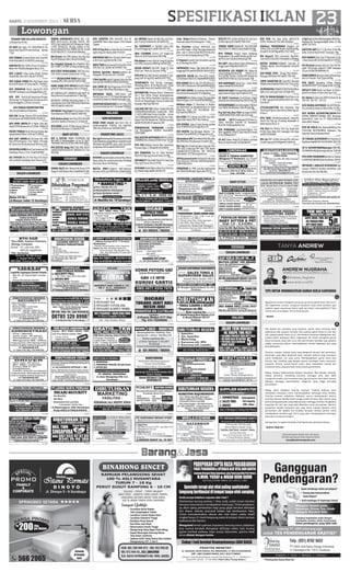 SPESIFIKASI IKLAN 23

sabtu, 9 NOVEMBER 2013

PEGAWAI TOKO Wnt,SMA,MAX35TH
Jl.Slompretan 56 Sby

013448

CR ADM Wnt Pglm 1Th SMA/SMEA/S1 Bs.
Komp,SimC,Max25Th.Lam:Embong Wungu
7 Sby
013458

DCR TENAGA Freeland Yg Bs Setir Tosa/Mtr
Grbk Roda3%031-81402002,Lebak Jaya

013429

DOKTER CR Wnt 2 ADM,3 Prwt,4 Srabutan,2
Bidan Tdr+MknDlm;Rangkah Besar 10-A
013434

DCR 1.SALES 2.Mau Usaha Klinik 3.Grosir
Herbal;Dkh Setro 5A/2 Sby %71767653
013447

DCR U/JAGA STAND Mkn Dtg+Bawa Lmrn
Ke:Arief R Hakim 147 Shop 1%031-77009017

013464

DCR OPERATOR Mesin Inject(L/P)35Th
MinSMP Sederajat.Lam:Jl.RangkahRejo I/26

013501

DCR SPV Prod,Ka.QC,Beautician/Terapis,
Marketing-TL,Pengiriman/Serabutan.Krm:
Raya Bronggalan 12(Salsa Cosmetic)
013511

DCR TENAGA SERABUTAN PRIA
Bw Lam:Jl.Kalibutuh 49 JamKrja

013505

DCR SGR Tenaga Teknisi STM Listrik/Mesin
Drh Kenjeran %70680249/08123284272

013515

DCR SOPIR SRBTN,SIM A Pglmn Dom Rkt,
Usia25-35Th,Nirwana Exc CC-619% 70984123
013308

DICARI TENAGA Kirim Material Pglmn dgn
spd gerobak jl.Menur 103A %71138419

PABRIK diMENGANTI-GRESIK Bth: 1.SENIOR ACC(S-Acc)S1 Ak,Pglm Min5Th, Min
30Th,Siap LemburKrj.Krs,Menguasai Pajak.
2.STAF ACC(ACC)S1 Ak,Siap Lembur  Krj.
Keras,PyKendSdr Krm POBOX.181/GS. Gresik
61101 Max25/11’1.Tulis Kode diAmplop

BTH COUNTER SMA Max30Th Krm BIGLAUNDRY Ruko Palm Square TF26 Pondok
Tjandra

Bth Krywn min SMU pkrjaan krm Brg diut
Pny Mtr Kalimas Udik 1/45 %70518666

DIBTHKAN SGR Koki+Asisiten Koki  waiter Krm Lmr Lsg Jl.Kartini No.3 Sda

Dcr Penjahit Bj.Anak Bsa PtgPola Hub:
087778887718 VBM-16 Mayj.Sungkono Sby

KRYN TOKO Kirim Aqua/LPG Pria Max 30Th
SMU Sim C Gj 1,5Jt/bln %71836827 Sda

BTH STAFF OPERASIONAL SMU Pria max.
25th. Kirim Lamaran :Jl Jemursari 14 Sby

Asisten Apoteker Wanita.Lamaran Jln.
Mojopahit 99 Sda Hub:03171230099 .

013385

013400

013519

013533

***** DICARI SOPIR TRUK Materialan ***
Surabaya Min.30th hub.081332619 889

013530

BANK ASING BTH KRYWTI.Mx35th.Pglm
g diut.GP+BNS.Baratajaya 16D Lt 2.P.Darto
013571

KPL PROD(Lk) KPL CHROME,Prod(L/W)PT GjMas Jl.Muncul”SuryaIntiPermt”G”GdnSDA
013532

DBTHKAN 5 KRYWN Marketing Bank u/ Tulung Agung Llsan SMA/SMK Hub:Jl.Sidosermo
PDK 6/23%031-8483740
013545

DBTHKAN 7 Org Sopir8 Org Helper di Sby
Hub:Sidosermo PDK 6/23%031-8483740
013490

DCR Waitres,Kasir Wnt Max25Th MinSMA
Lam Krm: Kombes M.Duryat 14-16 Blok A9

012327

BTH 10 Org Pria u/ Sopir,Kernet,Srbutan(P
ngirim Aqua di Sda)Gj 1jt%77324333
012785

012748

012809

012895

2 Mek Spd Mtr pglm/2 pgawai toko min Slta
dom sda 081703005519/082230609306

012837

DCR SOPIR B1 Hub:Pagerwojo RT.20 RW.5
No.9 (Depan Mkm Mbah’Ud) Buduran Sda
013528

DIBTHKAN SALES, UMR+Insntf Laki
Max28, Krm Lmr PT SCI Pergd Westgate Diamond B53 Jl.Sedati Ds Wedhi Gedangan-Sda
013248

CR KRYWN SERABUTAN Sim A/C Max 35Th
Jl.Taman Pondok Jati A/1 Taman%77988462

013253

MALANG
ADM-KEUANGAN

DCR SOPIR Lam Ke: PT.Mitra Buana Sekurindo Jl.Prof Dr.Moestopo 115F%5914700

KERJA ENAK drumh lipat kerts bhn dr
kantor,penghsiln 70rb/box tnp trget.hub:
LINA nka:104918,sms 083848435610

013348

012876

013361

Dcr DRIVER Paham Jln Mlg-Sby Lam:Tirtajaya Travel,Jl. Kalimantan 36 %366148

Cook Helper/Delivery/Srabutan Chinese
Food.Lam:Depot 88 Jl.Esberg W1-7 Tidar

BTH CPT PRT Lk/Wnt Gj.Mnrk Mtr sdri.Lam:
Jl.Sulfat Agung III 33%0817966 4241

DCR PGW Tko Tnpa Ijasah %6513178
Jl.Piere Tendean26 Tko Smbr.AlamJaya

Dcr KARYAWATI u/ WetWet Salon Hub:
Jl.Candi Panggung 21 %081 805 015 747

TEKNISI KOMP(L)Adm(P) Min.SMA/SMK
Max23.Krm CV: NohaComp,Jl.Gladiol 6A Mlg

Dbth CLEANING Service L/P Single.Lam
dikrm ke: Jln.R.Panji Suroso MO 6 Mlg

Dcr Pria/Wnt Lulusan SMA/Sdrjt usia
max.30th,Single u/Peg.Toko.Jujur,berpenam
pilan rapi  sehat.Syarat:KK,KTP,Foto,Skck.
Lmrn krm ke:Jl.Simpang Dieng 23 Mlg

Dibthkan PRAMUNIAGA Brpglmn Lk/
Pr,Max.35th min.SMP Muslim Dom.Kody.Mlg,
Jl.Candi V A/100 Mlg %0821 4317 0426

Bth Admin W max.25th Bs Comp N Lap.Keu
min.SMU Lam:perum BMR Sgs %5402195

Cr Pegawai Loundry dan Serabutan.Lgs dtg
ke: Jl.Cakalang No.238 B

DICARI KRYWTI Min.SMP Single Jjr Niat
Kerja Lam : Metro,A.I.Suryani 19 Mlg

SOPIRKULI Semen Tiga Roda.SIM-A Jl.Ga
lunggung 67B-E.%0341584295/ 081655 4075

BTH P/W Staf Adm Market Wootekh Jl. Simpang Sulft Utr Gg.XI/22 %08214332 7022

KAPSTER SALON Wnt Max.30Th Hub:D”
CLEO Jl.Danau Toba E5/21 Swjjr%0888550 9075

INTERVIEW LSG KERJA!! Bth Admin,Rc
p,Keu,Gudang,Hrd,Bm.P/W
SMU/K-S1-S2
Inc2-6Jt/Bln+Harian 120/Rb.SMS Biodata Ke
%085782073546 Lin,SE Jl.Sunandar 45B

CR:KRYWN/TI Staf Ktr,Opr Lapangan,
Marketing,SPG.Gj bl+hr.Max30.Lmrn Jl.Sim
pang Sulfat Utara XI/22 %082143327 022

BTH KURIRU/Kirim Brg Drh MLG(Pria) 2030Th SIM C.Kendaraan Sndr%08983842929

DCR KARYAWAN Untuk Cuci / Salon Mobil
Segera Hub%082264010007

DISTRIBUTOR Pelumas Butuh 1)Salesman
Sim C Max 28Thn 2)Sopir Berpengalaman
Sim B1 Max 30Thn Pend.Min Sma/Smk Lam
Via Pos ke Pergudangan Tanrise K-Walk A28
Karanglo-Mlg Telp.2992144

BUT WNT ADMIN, Accounting,TataUsaha,S
ekretaris:Jl.Kemuning Kav B Sengkaling

BAKSO BU HAJICR Penjual Bakso BecakKliling Jl.Letjend Sutoyo Gg5/52%8191159

LWONGAN Rmh Makan Suhat 76A Jujur/Rjin
Waiters/Dapur Lk/Pr Hub:087859308000

CR SALES Freelance Prod.Parfum Orignl
Komisi,Krywn,Mhssw IbuRT% 085755 454 720

Dbthkan Segra S1 Akuntansi  Marketing Diutmakan yg berpglman.Krm ke: Ruko
Kapisraba Raya 15D No.128(Sblh Alfamart)%03419894535

DCR KARYAWAN Salon Berpnglmn/Tdk Krm
Lam TIARA SALON.Danau Toba 24 Swjjr Mlg

011933

011935

011941

011944

012107

011984

012033

012039

LGSG KRJ TNP TES U/Kntr SeJatim.Bth Byk
U/ADM,HRD,RCP,BM,ACC,Trainer,GDG. PW
17-60Th,SMP/Sdrjd-S3.Inc3-6Jt/Bln (Hrian
100-200Rb)Kuliah/IbuRT/Guru Bs Part Time,
Pglmn/Tdk.SMS Biodata Ke ZIDA(Personalia)
%085755281096 SP.sudarmo 45B
012068

PENGHASILAN TAMBAHAN 1-5Jt/Bln
Tnp Meninggalkan Aktifitas Imam%081
931872888

012179

012180

012188

012191

012225

012216

012209

012258

012284

Bth GURU TK  Admin min.SMA max.24th.
Pglmn tdk Utama PBI F1 No.3 Malang
012286

DCR SEGERA Sales  Sopir Kanvas yg Niat
Kerja H:%495439,Jl.Tenaga Baru 2/6

DCR KEPALA KOKI,Koki,Tng Serabutan,SPG
Hub:Royal Plaza LT.3 O2-33 %81508883

PRT,SUSTER Baby,PRWT,TKG MSK 08133
2449574/087854191970 JMRSR15/19 Prm
PERTMN

BTH TNG Keliling Sariroti Bali Lam:Buana
Permata Hijau 17 Bali%081330329895

RAGAM LOWONGAN

DCR PENGMUDI Sim B1 Tidak Merokok
Max35Th Dtg Lsg Jl.Sersan Harun 16 Mlg

Bth Tng Wnt Serabutan Bisa Computer Min.
SMK Sdrjt u/Warung+PRT Wnt 25th keatas
H:%082230137123(Serius Tdk SMS)Simp
Jl.Borobudur 2/22 Warung Jackussy

ACC OFFICER Min.D3 P/W Max.25Th Kend.
Sdr Lmr:Ruko Sepanjang Town House A/32

013284

SURABAYA

012650

BTH BYK Sopir,Kondektur,Kernet Bus,Montir
Mesin,Audio,Ac,Listrik,Kontrol Bus PO Medali
Mas,Pasar Besar 149 Malang

SIDOARJO
RAGAM LOWONGAN

010678

012126

012127

KRYWAN/Ti Toko Batik Max25Th Smp/Sma
Dtg Lsg Jl.Sersan Harun 16 Mlg
012128

012289

012330

012332

012510

Psg Tali Teh,1box 70rb tnp target.h:EDDY.
S %082894031667,HDN ruko A10 swjjr
012536

DICARI
ACCT(Storekeeper/RCV/Gen.Cashier): Teliti,Bisa Exel,Min D1 Akuntansi
Kirim Ke: hrd@tuguhotels.com

013245

KRYW/Ti SMA Mnrik Lam:Ayam Gr Karanglo Jl.Perusahaan 45 Diut.Dom.Sgsri Sktr

BTH TK KREATAIWAN Pbrk/Priknn Lkl
 ABK Crgo%414432/081515973375 TWjy
Ksm Ats22

Dcr Admin  Sales min.SMA Py Kend.sdr %
792 730 - 581 707 - 792 719

012994

012830

STYLISH,KAPSTER Wnt Muslimah Sngl
Tdk Pend  Pglmn,Salon Moz5 Jl.Bend.Sigura2
IV Kav 2
012843

BTH TKNS (Stm/Informatika,Bs Comp,Mtr
Sdr,20-35) Dtg Lgs Pt.Gading Adyasejati Jl.
Bukit Barisan No.1C-D

012723

012882

012640

012642

SALES DAN TEKNISI . . . . . . . . . . . . . . . .1X25
. .. . . . . .

012905

013189

013538

DCR SEGERA APOTEKER Utk APOTEK Kirim LamrnKe:Jl.Soekarno Hatta D401 Lt2 MLG
013559

DCR SEGERA ACCOUNTING,KASIR,MAR
KETING PROPERTY,TEKNIK SIPIL Berpenga
laman,Kirim Lamr Ke PT CBH,Jl.Soekarno
Hatta D401 Malang
013563

BTH HAIR Stylish Pglmn,Ruko Ters.D.Kerinci
Ry II BlokII Swjjr2%081332302728

011946

012130

ELLA . . . .. . . . . . . .
. . . . .. .. . .

013570

.. . . . . . . . . 1X25

CR S1 ACCOUNTING(Plgkaraya) MRKTING,
D3-FARMASI (MLG)Jl.Sarangan No1% 7558 588
013518

BTH GURU MANDARINDiutmkn Ex.Taiwan
 GURU BHS.INGGRIS:Jl.Kartini No1% 347474
013587

DBTHKAN 1 ANALISIS KESEHATAN Dgn
Lulusan SMAK/D3 Analisis Kesehatan Lam
Ke:Jl.Kartini No.19A MALANG

PENGEMUDI Gj UMR Lam.dtg lsg(Sesudah
jam 3)ke:Jl.Bendungan Sigura-gura VI/16

DIBUTUHKAN PENGEMUDI . . . . . .. . . . . . 1X25
.. . .. . . . .

MARKETING . . .. . . . .. . . .. .. .. . . .1X25 . . .
. .. . . .

BELAJAR SAMBIL BEKERJA . . .. . . . .. . . .. . 1X25
. . .. . . . . .

INTERVIEW LGS YULIA .. .. .. . . . .. . .. . . . 1X25
.. . . . . ...

013567

013117

012354

NESTLE PROF:Cr.Segera! Adm,Sales,mtr
sdri,max.30th Lam:PBI A4 No.12A%474456

012312

PERUSAHAAN FARMASI . . . . . . . . . . . .. . . .1X25
... ....

012491

012981

013160

BTH SALES Spreading U/Area Malang
%088803249877 Jl.Ki Ageng Gribik 316 Mlg

CR OPERATOR,PMBANTU OPRTR,MsnOffset
YgBs Corel LamLsg:Jl.Tanin 1B Krglo MLG

DCR Karyawan/wati utk Kerja di Cafe di Jln
Kawi Atas,max 29th,min SMU/Sdrjat,Pglmn.
H:085746514013

ADMIN SALES Wnt Menarik Bs Komp 25Th
Peng3Th Pdk Mutiara Mei-21%8056678 SDA

RAGAM LOWONGAN

012508

SOPIR SRABUTAN B1 Dom.MLG Diutmkn
Hfl Jatim Max35%082229247155/ T.Suryo 35L

013206

COOK CHINESE/Western,Bakery,Marketing/
Acct.Cv+Foto ke “Und” Jl.Ijen 84 Mlg

CR TUKANG ALUMUNIUM Bs Ptng Kaca 
Psg Kusen H%085 655 533 335/0341-5335 335

Dibutuhkan SPG Toko Mebel Shlft,Mkn dlm.
Min SMA Max.25th,Kauman 10 %353 345

013283

012482

012836

Bth Cpt PRT Lk/Wnt Gj.mnrk,Mtr sdri.Lam:
Jl.Sulfat Agung III/33Mlg%08179604241

DCR ASISTEN APOTEKERMRKTG PHOTO
WEDDING:Jl.Ters.D.Kerinci IE No9-10 % 726 796

012290

012473

012979

DCR MODEL FOTO - Tenaga Pijat Reflexi Massage SPA/Hotel-PRT %081 7301 405

013108

Krj Dirumah,pasang tali teh.1 box 200 lbr,
upah 70rb.Tanpa target.PT. HDN Sawojajar
10.sms:ALFAN 083848496176

CR AST Baker Peng1Th,CS,Delivry Ijz/Usia
Bebas Jl.Simp Brbudur II/28%485420

Dicr Sgr! Marketing Alat2 Kesehatan.Kntrk 3bln
Gj.2jt/bl.Jk Kerjny sgt bgs! Bln ke-4 naik Jbtn Gj.4jt.
Ada Karier.Tertarik?Ktk: nama, almt,umur,llsn.
pengl kerja.SMS ke:%082230919102

012094

012402

012850

BUTUH SEGERA1)TENAGA Laki-laki 2)
TENAGA Wanita Max35Th%0341-5353939
TDK SMS

013153

BTH MARKET,Adm Staf PT.Wootekh Gj Bln
+Hran,Simp Sulft UtrXI/22%08214 3327022

PSG TALI Teh 200Lbr 70rb Tnp Target Hub
Pt.Hdn Ruko Wow A10 Sawojajar Sms Djaja
%085234206968

BABY SITTER

012210

012392

Bth WNT u/kerja Resto,Salon diMalaysia Gj
tinggi jl apel 3Mlg 085258455175

012713

Bth Kryw/ti SMU u/Loundry Max30th.
Lmrn ke:Jl.D.Toba E6/23.Dtmptkan d Blmbing

013127

KAPSTER WNT,Gj+T=1,5jt+Kms U/Sln Mlg
Sby, Sentani Raya H4 A21 Sawojajar, Mlg

DCR PENGAWAS Lap,Drafter(Pglmn Pry
Rmh Tggal)Min STM/S1 Sdrjt Max35Th Ruko
A.Yani 50B%404377

PRT  SUSTER TANPA POTONGAN GAJI
IBU WATI. Jl KetintangBaru 16 no 21 Sby.T;
70044405-081331100355-08573009 8057

013315

BTH TENAGA Penjual Bakso Rombong
Penghasilan 2-4jt perBln Rombong Sdh Trsedia Krm Lmrn Lkp ke:Jl.Wiromargo 30B

Cr Sgr! Sopir Lk,Max.40th,berpnglmn,SIM A,Dom.
Kepanjen-Sbr Pucung.Lam:Ry.Jati Kerto 53 Mlg
%081.753.7876

DCR SEGERA Tng Borongan Wanita + Serabutan Pria %495439, Jl.Tenaga Baru 2/6

DCR WNT ADMIN,ACC,Bs.Comp Min SMA
Max.30Th,Pengurus Truk Pglmn 5Th,Sopir
B2 Umum Krm Ke:Ry.Kemasan 99 Krian SDA

012076

012521

012644

BTH OB SMA/K,Staf AkdemikMrktg Pria
S1/D3:LBB MASTERPRIMA Pahlawan Trip
Ruko No2 Sblm16 Nov%578182

012288

MARKETING-SALES

013269

012533

012518

013584

013150

BABY SITTER

012643

LOW UP LENI .. . . .. . . . .. . . .. .. . . . . .1X25 . ..
. .. .. .. .

TLOGOMAS TRANS .. . . .. .. . . .. . . .. . . 1X25
.. . . . . . ..

PBK YANTO . . . . .. . . . . .. . . . . . . . .1X25 . ..
......

008632

PT HADENA IBU KENDEDES . . . . . . . . . . . .1X25
..... ..

011922

TKW 5 JT . . . . . . . .. . .
. . . . . .. .

. . . . .. . . .1X25

012604

GRATIS TKW .. . . . . . .
........

013095

013112

.. .. . . .. . . . 1X25

KEPALA TOKO . .. . . . . . . . . .. . . . . 1X25 .. . . ..
... .

PENGEMUDI TAXI . . .. .. . . . . . . .. . . . 1X25 . .
. . . .. . . .

012685

009121

GUBENG . . . . . . . .
..... ..

012145

. . . . .. . . . . . 1X25

DIBUTUHKAN SEGERA . . . . . .. .. . . . . . . ..1X25
. . . ... . . .

012605

BERKAT CIPTA . . . . . . ..
.. . .. . . .

013098

BENGKEL PITSTOP . . . . .. . . .. . . . . . .1X25 . .
.. . . . . ..

TELEMARKETING .. . . . . .. . . . . . . . . . . 1X25 ..
...... .

013144

RAGAM LOWONGAN
LOW IBU MEILAINA . . .. . . . . . . . .. . . . 1X25 .
. . .. . . ..
009457

012292

012607

LOGISTIK LAPANGAN . . . . . . . . . .. .. . .1X25.
. . . . . . . ..

PT MAHAWANGSA . .. . .. . . .. .. . . . ... .1X25 .
. .. . .. . .. .

PENJAHIT WANITA .. .. . . . . . .. .. . .. 1X25 .
. . .. . . . .

013099

TKI MANDIRI . . . . . . . . .. . .
.. . . . . . ...

. . . . . .1X25 .

013119

SALES TOKO .. . . .. .. . .
.. . . . . . .

. . . . . .. . . . .. 1X25

012306

LOW IBU ANNA .. .. .. . . . . . . .. . .. . . . . .1X25 .
.. . . . . . .
011140

012295

012610

013100

013121

. .. . ... . . . . 1X25

PERUSAHAAN AMERIKA . . ... . . . . . .. . . .. 1X25
......

DICARI PENJAHIT .... . . . . .. . . .. . .. . . .1X25 .
.. . . .. . .

TUKANG JAHIT .. . . . . . . . . . . .. . . . . .1X25 ..
. . . . .. .

DIBUTUHKAN CLEANING .. . . . . . . . . . .. . . .1X25
.. . . . . . .

013130

MALANG
011171

ADMINISTRASI . . . . . . . . . .. .. . . . . . 1X25 . . ..
.... ..

012296

PT SODO . .. . . ... . .. . . .
. . . . . .. .

012614

013102

013128

. . . ... . . . . 1X25 .

GRATIS TKW . . . . . . . .. . . . . . . . . .1X25 . . . .
. . . . . ..

SALES+MARKETING .. . . . . . . . .. . . . . . . 1X25
. .. . . . . .

DIBUTUHKAN SEGERA . . . . .. .. . . . . . . . 1X25
. .. . . . . . .

RAGAM LOWONGAN
TJ LOW TKW MANDIRI . . . . . . . .. . . . ..1X25
. . . . .. . ..

011175

DRIVER . . . . . . . . .
....... .

012297

012624

013103

013135

011835

. .. . . . . . . . 1X25 . .

DELTA PRATAMA AO MK NOV . . . . .. . .. . . .
..1X25 . . . . . . . ..

PT MIRKEL INDONESIA . . .. . . . . . . . . . .1X25
.. . .. . . .. . .

MANAGER SPA . .. . . . . . . . .. . . . . .. . 1X25 .. .
.. . . . . .

LOW.DIBUTUHKAN KOLEKTOR . .. . . .. . . . . .
1X25

PANGLIMA SUDIRMAN . .. . ... . . . . . . . .. .1X25
. . . .. . .. .

011177

012300

012634

LOW.GRAND FOOE INDONESIA . . . .. . . . . . ..
1X25

PT LENKO SECURITY . . . . . . .. . . . . . . .. 1X25
..... ...

DIBUTUHKAN MARKETING . ... ... . . ... .... ... ..
1X25 .. ... . . . .

011600

012313

LANGSUNG KERJA IR AHMAD . . . . . . . . . . .1X25
.... ...

TJ LOW TKW 5JT . . . . .. . . . . . . . . . . . 1X25 . ..
......

011921

012345

013143

012299

LOW.LOGISTIK . . . . . .
. . 1X25

.........

LOW JL MERTOJOYO. . . . . . . . . . . . . .1x25. . . .
.......

013145

012577

LOW.WELCOM SALESMAN ..
. . . 1X25

.........

LOW HIKMAH BERSAMA. . . . . . . . . . . . .1x25.
..........

013147

012578

013105

PT.ESQ .. . . . ... . .. . ..
.. . . . . . . .

. . . . . .. . .1X25

012660

PT.BRONSON . .. . . . . .
. . . ... .. .

013125

..........

SIDOARJO

SECURITY . . . . . . . . . .
. .. . .. . .

PT ALKURNIA .. . .. . . .. . . . . .. . .. . . . .1X25 ..
. . . .. . .

013116

.. . . . . . . . .1X25 .

013123

. .. . . . . 1X25

013096

012677

IBU MAYA APRIL . ..
. . . 1X25

YAYASAN . . .. . . . . . . . .. .
.. . . . . . . . .

013107

. .. .. .. . . . . . 1X25

PT SURYA MAS. . . .. . . . . . . . . . .. .. .1X25 .. .
. . . . ..

013094

013110

 