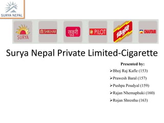 Surya Nepal Private Limited-Cigarette
Presented by:
Bhoj Raj Kafle (153)
Prawesh Baral (157)
Pushpa Poudyal (159)
Rajan Nhemaphuki (160)
Rojan Shrestha (163)
 
