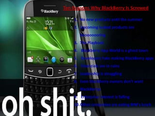 1. No new products until the summer
2. Upcoming leaked products are
boooooooring
3. The Playbook
4. Blackberry App World is a ghost town
5. Developers hate making BlackBerry apps
6. Financials are in ruins
7. Leadership is struggling
8. Even BlackBerry owners don't want
BlackBerrys
9. Enterprise interest is falling
10.Other companies are eating RIM's lunch
Ten Reasons Why BlackBerry Is Screwed
 