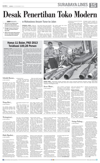 SURABAYA LINES 15

| JUMAT, 13 DESEMBER 2013

surya.co.id | surabaya.tribunnews.com

Desak Penertiban Toko Modern
storyhighlights
■ ISMEI menilai ada kebijakan pemkot
yang tidak pro rakyat, khususnya
pemberian izin pendririan toko modern.
■ Melanggar Peraturan Presiden Nomor
112/2007 dan Peraturan Gubernur
Tahun 2008.
■ ISMEI menuntut segera dibuat peraturan
wali kota yang mengatur perlindungan
dan pemberdayaan toko tradisional.

■ Mahasiswa Ancam Turun ke Jalan
surabaya, surya - Ikatan Senat Mahasiswa Ekonomi Indonesia
(ISMEI) Kota Surabaya mendesak
pemerintah kota (pemkot) setempat
untuk menertibkan toko modern
yang tidak memiliki kelengkapan
izin.
Kami paham, jumlah toko modern tidak bisa dibatasi karena terkait pemasukan pendapatan asli
daerah. Untuk itu, kami meminta
regulasi yang mengatur toko mo-

dern seperti halnya jarak antartoko
modern, juga mengenai dampak sosial lainnya, kata perwakilan Ikatan
Senat Mahasiswa Ekonomi Indonesia Kota Surabaya, Hafid Hamsah,
saat rapat dengar pendapat dengan
Komisi C DPRD Surabaya, Kamis
(12/12).
Menurutnya, ada sebagian kebijakan Pemkot Surabaya yang tidak
pro rakyat khususnya kebijakan
tentang memberikan izin pendirian

toko modern seperti toko swalan
dan pasar swalayan.
Ia mengatakan banyak toko modern yang berdiri melanggar Peraturan Presiden Nomor 112 Tahun
2007 dan Peraturan Gubernur Tahun
2008 tentang Peraturan Perlindungan Pemberdayaan Pasar Tradisional
dan Penataan Pasar Modern.
Maraknya toko modern, lanjutnya, secara tidak lansung menjadikan ancaman bagi toko-toko tradiso-

nal khususnya yang ada di kawasan
perkampungan.
Untuk itu, katanya, ISMEI yang
gabungan dari Badan Eksekutif Mahasiswa (BEM) Unesa dan Ubhara
menuntut agar sesegera mungkin
dibuat peraturan wali kota atau perwali yang mengatur perlindungan,
pemberdayaan pasar dan toko tradisional serta melakukan penataan
pasar modern.
Kami juga minta agar Satpol PP
menertibkan toko modern yang tidak mengantongi izin Usaha Toko
Modern, katanya.
Apabila Pemkot Surabaya tidak

menaggapi sesegera mungkin tuntutan ini, sepekan mendatang para
mahasiswa di Surabaya ini akan turun ke jalan.
Menanggapi masalah ini, Wakil
Ketua Komisi C DPRD Surabaya,
Simon Lekatompesy, mengatakan
bahwa aspirasi dari para mahasiswa
akan disampaikan ke Pemkot Surabaya. Ia menilai ada sekitar 415 toko
modern yang tidak memiliki izin.
Tidak adanya regulasi menyebabkan semua ini. Kami akan minta pemkot untuk tegas menertibkan
toko modern yang tidak berizin tersebut, katanya.	(ant)

Hanya 11 Bulan, PAD 2013
Teralisasi 100,28 Persen
SURABAYA, surya - Kerja keras Dinas Pendapatan (Dispenda) Jatim mendulang pendapatan asli daerah (PAD) sebanyak-banyaknya
membuahkan hasil. Dari target PAD 2013 Rp
Rp 8,617 triliun, sampai akhir November atau
dalam rentang 11 bulan, sudah terealisasi Rp
8,641 triliun.
Kepala Dispenda Jatim Bobby Soemiarsono
merinci, realisasi PAD dari sektor Pajak Kendaraan Bermotor (PKB) terkumpul Rp 3,571
triliun dari target 3,594 triliun (terpenuhi 99,36
persen), realisasi Bea Balik Nama Kendaraan
Bermotor (BBNKB) Rp 3,521 triliun dari target
Rp 3,500 triliun (terpenuhi 100,60 persen).
Pajak Bahan Bakar Kendaraan Bermotor
(PBBKB) terealisasi Rp 1,476 triliun dari target
Rp 1,480 triliun (99,79 persen).
Pajak Air Permukaan (PAP) terpenuhi Rp 28
miliar dari target Rp 24 miliar (119,63 persen).
Retribusi jasa usaha terpenuhi Rp 2 miliar dari
target Rp 2,350miliar (88,60 persen), pendapatan denda pajak Rp 27 miliar dan penerimaan
lain-lain terpenuhi Rp 14 miliar dari target Rp
17 miliar (83,43 persen).

Sekolah Rawan...
■

DARI HALAMAN 9

dibandingkan ada tes masuk
SMP negeri lagi. “Kalau setelah ujian sekolah ada tes masuk
lagi untuk SMP negeri, kasihan
siswa akan kerja dua kali secara
psikologis juga terganggu,” katanya.
Terpisah, Humas Dinas Pendidikan Surabaya, Eko Prasetyaningsih, mengatakan hingga
kemarin pihaknya belum menentukan format penerimaan
peserta didik baru (PPDB). Apakah seperti tahun sebelumnya
yang didasarkan pada nilai ujian
nasional, atau berbeda, belum

Tetap Beri...
■

DARI HALAMAN 9

ada tambahan pelajaran. Kami
memang sudah menyiapkan sejak
kelas IV untuk ujian akhir,” kata
Ngadip.
Dijelaskan, sejak kelas IV, pihaknya sudah memberikan tipstips khusus bagi siswanya tentang

Terinspirasi...
■

DARI HALAMAN 9

Murid-murid lembaga pendidikan untuk tata rambut dan make
up ini mengeksplorasi tren tata
rambut dan make up seakan tanpa
batas. Ada model dedaunan, biota laut hingga kemolekan tanah
Borneo. Seluruhnya digarap apik
oleh siswa-siswa Rever Academy.
Di depan tiga juri, sembilan
siswa dari tata rambut dan tiga

Dulu Dipakai...
■

DARI HALAMAN 9

tali rafia sebagai rumbai-rumbainya, jelasnya.
Untuk langkah awal membuat, adalah dengan mencetak
bentuk kepala srigala atau
harimau pada sebuah alat cetak
dari bahan semen yang sudah
berbentuk dua jenis itu. Dengan
menggunakan alat cetak itu,
kemudian kertas-kertas bekas
koran digunakan sebagai dalaman. Setelah itu kertas karton
dilem dan ditumpuk-tumpuk
hingga padat.
Kemudian di bagian dalam
dirangkapi dengan kertas koran
bekas berkali-kali hingga kaku,

Ini berarti, sampai bulan November lalu,
target PAD 2013 sudah terpenuhi 100,28 persen, ujar Bobby, Kamis (12/12/2013), didampingi Kepala Bidang Pajak Dispenda Jatim Aris
Sunarya.
Dengan prestasi tersebut, pihaknya, kata
Bobby mengucapkan terima kasih kepada petugas di lapangan yang berada di garda terdepan untuk mengumpulkan PAD dari masyarakat. Apalagi, terpenuhi target PAD pada bulan
November ini merupakan yang pertama kali.
Sebelumnya, target PAD meski terpenuhi,
tapi terpenuhinya biasanya di masa injury
time atau beberapa hari sebelum tutup tahun,
jelasnya.
Dengan masih tersisa waktu sebulan pada
Desember ini untuk pengumpulan pajak
daerah, dapat dipastikan persentase realisasi
penerimaan PAD 2013 akan makin bertambah.
Dengan terpenuhi target PAD tesebut, Bobby
berharap akan dapat dipakai untuk membiayai
program pembangunan pro rakyat di Jatim.
Dengan begitu, masyarakat Jawa Timur bisa
lebih mandiri dan sejahtera, tegas Bobby.	(uji)

ada ketentuannya.
“Ditunggu saja perkembangannya nanti,” kata Eko yang
juga Kabid Pendidikan Dasar
Dindik Surabaya ini.
Terkait kekhawatiran adanya
manipulasi nilai akhir, menurut
pejabat berhijab ini sulit terjadi.
Pasalnya, nilai-nilai siswa mulai catur wulan pertama hingga
terakhir tercatat jelas di website
Dindik Surabaya sebagai profil
sekolah. Dan nilai-nilai itu terkunci rapat, sehingga sekolah
tidak bisa mengotak-atik.
Memang, diakui Eko, penilaian akhir tetap berada di tangan
sekolah. Meski demikian, akan
terlihat sekolah-sekolah mana
yang memanipulasi.

“Kalau ada sekolah yang royal
memberi nilai sementara kualitas
muridnya tidak sesuai, nanti akan
kelihatan. Dan mereka pasti akan
malu. Karena itu di sini mereka
dituntut objektif. Apalagi ini menyangkut pertanggungjawabannya kepada orangtua siswa yang
ingin mengetahui hasil belajar siswanya,” katanya.
Ditambahkan Eko, saat ini bukan waktunya lagi memberikan
mimpi-mimpi palsu kepada siswa. Tetapi guru dan sekolah dituntut berbuat jujur untuk memberikan gambaran secara benar
hasil belajar siswa sehingga bisa
tahu kemmapuan siswa dan menentukan langkah-langkah untuk perbaikan.	(uus)

mata pelajaran yang akan di ujiankan.
Dan untuk mendukung itu, ia
sengaja memilih guru-guru yang
memiliki idealisme tinggi untuk
mengajr di kelas IV hingga VI.
“Ternyata upaya ini cukup berhasil. Buktinya kami tiga tahun berturut-turut meraih rata-rata terbaik
pertama di Surabaya,” katanya.
Ditanya tentang psikologi sis-

SURYA/AHMAD ZAIMUL HAQ

OPERASI ZEBRA - Kapolrestabes Surabaya, Kombespol Setija Junianta, didampingi Kasatlantas Polrestabes Surabaya, AKBP Raydian
Kokrosono, mengecek motor bodong hasil Operasi Zebra 2013 di Satpas Colombo, Kamis (12/12). Selama dua minggu, Operasi Zebra
menjaring 6.741 pelanggar lalu lintas.

Incar Motor...

wanya dengan perubahan unas,
menurut Ngadip, para siswanya
tidak terlalu memusingkan perubahan itu. Mereka juga tidak meremehkan ujian yang sedianya hanya dinilai tingkat sekolah. ”Kami
memang menanamkan mindset
ke anak-anak. Apapun namanya
mereka harus menganggapnya
sebagai tantangan untuk menuju
kesuksesan,” pungkasnya.	 uus)
(

Selama operasi ini, terdapat 20
kejadian kecelakaan lalu lintas,
dengan tiga orang meninggal,
sembilan luka berat, dan 13 luka
ringan. Jumlah kejadian menurun dari Operasi Zebra tahun
lalu, kata Raydian.
Tidak hanya Polrestabes Surabaya, Satlantas Polres Pelabuhan
Tanjung Perak juga menindak
pelanggar lalu lintas. Di antaranya menindak mobil pribadi
yang digunakan untuk angkutan umum, yang sering mangkal
di Pelabuhan Tanjung Perak. Ini
karena mobil pribadi tidak diperbolehkan menjadi kendaraan
umum, kata Kasatlantas Polres
Pelabuhan Tanjung Perak, AKP
Sumaryadi.
Ia mengatakan, untuk sementara mobil-mobil yang keda-

patan membawa penumpang
diamankan di Polres Pelabuhan Tanjung Perak. Setidaknya
terdapat delapan mobil pribadi
yang diamankan.
Selain menindak mobil pribadi yang dijadikan angkutan
umum, polisi juga menindak
truk-truk yang kelebihan muatan. Ada 173 kendaraan yang
kami tindak karena kelebihan muatan, terutama truk-truk
yang muatannya berlebih, kata
Sumaryadi.
Selain memiliki beban berlebih,
juga terdapat truk yang tidak layak jalan. Selain rawan menimbulkan kemacetan, itu juga membahayakan diri dan pengendara
lainnya, terangnya.
Menurut Sumaryadi, selama
dua pekan operasi, pihaknya
telah menindak 1.686 kendaraan. Paling tinggi karena tidak
membawa SIM, sebanyak 668
pelanggaran dan melanggar

siswa make up artis ini bergantian
menunjukkan karyanya. Bukan
itu saja, mereka juga harus bisa
menjawab pertanyaan juri seputar rancangan yang ditampilkan.
Yuana Endriyanti misalnya,
yang menampilkan Secret Of Borneo. Pada make up yang ditampilkan, Yuana mencoba membuka
rahasia kecantikan wanita Borneo, khususnya suku Dayak. Wajah oriental dan kulit putih yang
dimiliki wanita suku Dayak melebur menjadi satu dalam warna

cerah nan eksotis, katanya.
Begitu pula pada foundation,
eyeshadow dan blush on. Pada
eyeshadow ia menggunakan teknik sudut luar. Agar memberikan kesan tegas, segar dan lembut, tandasnya.
Tampilan unik juga terlihat
dari karya Indri Tirtowati Sunjoyo, yang mengambil tema The
Hunt. Inspirasi The Hunt, kata Indri, diambil dari fenomena alam
dengan ribuan hewan yang berbondong-bondong melakukan

migrasi ke dataran lebih tinggi
untuk bertahan hidup.
Ia memberikan potongan graduasi pada bagian depan telinga
kiri dan kanan untuk godek. Sedang untuk pewarnaan ia meberikan warna orange dan cokelat.
Stylingnya dicatok lurus mengikuti bentuk potongan agar tampak di jaman modern, jelasnya.
Marina Adia Indra, Artistic Director and Owner of Rever menjelaskan, ujian final kelulusan
murid Rever Academy ini adalah

yang ke-18 sejak tahun 2005.
Kali ini temanya La Vishion, by
Rever Hair and Make-up Students,
mewakili koleksi tren tahun
2014 mendatang, jelasnya.
Menurutnya, para siswa ini
sembilan orang mempersembahkan sembilan koleksi konsep
rambut, ide yang menginspirasi
serta tiga koleksi riasan.
Masing masing tiap hair collection terdiri dari short hair (rambut
pendek), long hair (Rambut Panjang) dan hair up (sanggul).	(iit)

namun masih meninggalkan
bentuknya seperti untuk bagian
telinga, hidung, mulut dan
rahang. Setelah itu, dijemur
sampai kering.
Wah kalau panas ya cepat,
kalau musim penghujan begini
bisa lama, ungkap Nur Saidah,
salah satu peserta workshop.
Bagi peserta workshop usai
langkah pertama itu mereka
menjemurnya di teras gedung
Merah Putih.
Menurut Karmanto, dirinya
ketika membuat topeng pada
saat musim panas hanya membutuhkan waktu tiga jam untuk
mengeringkannya. Sedangkan
musim penghujan, perlu waktu
setengah hari.
Setelah dijemur, baru dihias

dengan cat, sesuai wajah srigala
atau harimaunya. Kemudian di
bagian bawah diberi rumbairumbai dari tali rafia, jelasnya.
Para peserta workshop sangat
menyukai kegiatan itu. Mereka
tidak hanya membuat tapi juga
ramai-ramai memakai kemudian berfoto bersama.
Unik ya. Di tengah Kota
Surabaya masih ada yang
membuat topeng dari kertas.
Harganya juga terjangkau,
komentar Agung Rahman, salah
satu peserta.
Topeng Mauludan ini sendiri,
dulunya dibuat oleh seluruh
warga Kampung Girilaya.
Namun sekarang hanya tinggal
satu dan dua tiga orang saja.
Menurut Karmanto, hal ini ka-

rena menjual topeng Mauludan gampang-gampang susah.
”Gampang itu kalau ada pesanan dari luar pulau atau luar
negeri. Kalau lokal Surabaya sudah tidak banyak yang minat,”
jelas Karmanto.
Sedangkan untuk luar pulau,
rata-rata pesanan berasal dari
Papua, Kalimantan, Sulawesi,
Gorontalo, hingga Aceh. Topeng
Mauludan itu per biji dipasaran
dijual antara Rp 15.000 hingga
Rp 20.000.
Untuk ke luar pulau, Karman
mengaku pernah melayani
pemesanan 400 topeng hingga
1.000 topeng.
Di luar pulau, informasi
yang berhasil didapat Karmanto, topeng-topeng tersebut

bisa dijual hingga Rp 50.000
per bijinya.
Kisah lain dari topeng Mauludan Kampung Giriyala ini,
disebut-sebut sudah ada sejak
jaman perang kemerdekaan
tahun 1945. Para pejuang Kota
Surabaya, selain membawa
bambu runcing, khusus yang
datang dari Kampung Girilaya,
tampil dengan menggunakan
topeng srigala dan harimau dari
kertas itu.
”Istilahnya untuk menakutnakuti dan kelihatan lebih sangar dan semangat kalau pakai
topeng. Itu cerita orang-orang
tua di Kampung Girilaya, hingga kemudian banyak warganya
yang membuat topeng,” tandas
Karmanto.	(sri handi lestari)	

join facebook.com/suryaonline

■

DARI HALAMAN 9

marka jalan sebanyak 408 pelanggaran, ungkapnya.
Sidoarjo Terbanyak

Sementara itu, berdasar hasil
evaluasi Polda Jatim, diketahui
bahwa korban tewas akibat kecelakaan lalu lintas di Sidoarjo
menjadi yang terbanyak se Jawa
Timur.
Selama Operasi Zebra, ada 15
peristiwa kecelakaan di Sidoarjo. Dari jumlah itu ada delapan
korban tewas, satu luka berat,
dan 14 luka ringan.
Peringkat kedua Bangkalan
dengan delapan peristiwa kecelakaan yang menelan tujuh
korban tewas, enam luka berat
dan tujuh luka ringan. Disusul
Gresik terjadi 16 kecelakaan dengan jumlah korban tewas enam
orang, luka berat tiga dan luka
ringan 16 orang.
Kecelakaan didominasi sepeda motor. Dan sebagian besar
adalah kecelakaan adu muka
atau bertabrakan depan lawan
depan. Mayoritas, kecelakaan terjadi akibat mendahului,

Setiap Pulang...
■

DARI HALAMAN 9

Pemilik nama asli Ika Putri
Widyaningtyas itu, ketika
ditemui Rabu (11/12) siang,
tampak tampil beda. Tatanan
rambut disisir rapi dan klimis.
Busana yang dikenakan juga
setelan rok dan blazer warna
cokelat. Tak tampak wah seperti saat ia merilis album barunya
dengan tatanan rambut mengembang.
Iya ini waktunya pulang
ke Surabaya. Dan kalau ke Surabaya, sehari-hari saya kerja
kantoran, ungkap artis yang
akrab disapa Iput itu.
Saat bertemu di siang itu,
wanita kelahiran 15 Maret 1988
ini sedang kerja kantoran di PT
Dharma Lautan Utama (DLU)
di kawasan Jalan Kanginan
Surabaya.
Diakui Iput, kerja kantoran
di tempat itu adalah karena keberadaan sang ayah, yang juga
owner dari perusahaan tersebut.
Meski owner, Iput mengaku
juga diminta ayahnya untuk
membantu dan belajar di bidang bisnis.

berbelok, dan berpindah jalur,
ungkap Kasubbid Penmas Bidhumas Polda Jatim, Kompol
Bambang Cahyo Bawono.
Sementara terkait jumlah kecelakaan, tertinggi adalah Nganjuk. Di sana, terjadi 31 kecelakaan dengan jumlah korban luka
berat satu orang, luka ringan 45
orang dan tanpa korban tewas.
Kedua adalah Kediri, terjadi 30
kecelakaan yang menewaskan
satu orang dan enam luka berat,
serta 44 luka ringan.
Ketiga adalah Jombang, terjadi 29 kecelakaan dengan korban tewas dua orang, luka berat
enam orang, dan luka ringan 29
orang. Sedangkan Surabaya berada di peringkat ketujuh dengan
total peristiwa sebanyak 20 kecelakaan yang mengakibatkan
tiga orang tewas, sembilan luka
berat, dan 13 luka ringan.
Nganjuk terbanyak kecelakaan selama Operasi Zebra 2013.
Di sana, jalannya sepi sehingga
pengendara banyak yang kebutkebutan, ungkap Bambang.	
(ook/ufi)

Jadi setiap kali pulang ke
Surabaya harus ngantor. Pakaiannya juga harus rapi dan sesuai kultur kantor, tetap tidak
boleh seenaknya, ungkapnya.
Tidak hanya itu, Iput ternyata juga menjabat sebagai
Manager Marketing Communication (Marcom) dari sebuah
hotel di daerah Senggigi, Pulau
Lombok, Nusa Tenggara Barat
(NTB). Di sana saya juga kerja
kantoran. Ikut mengenalkan
hotel dan wisata di Lombok.
Jadi menyanyi tetap, kerja
kantoran juga, belajar by doing
juga, tandasnya.
Untuk pekerjaan sebagai
Marcom Manager, Iput mengaku banyak memanfaatkan
pengalamannya bertemu fans
dan media saat berkegiatan di
bidang entertaiment.
Wanita yang menghabiskan
waktu dua minggu di Surabaya dan dua minggu di Jakarta
dalam satu bulan ini mengakui
jatuh cinta dengan keindahan
Pulau Lombok. Dan setelah
ini, saya siap berbagi waktu
juga untuk stay di Lombok.
Menikmati keindahan pulau
Lombok sambil bekerja, tandas Iput.	(rie)		
follow @portalsurya

 