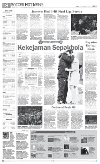 18 Soccer Hot NewS hot news
soccer

JUMAT, 13 DESEMBER 2013

surya.co.id | surabaya.tribunnews.com

Juventus Kini Bidik Final Liga Europa

DATA FAKTA
Hasil Kamis (12/12)
LIGA CHAMPIONS
Grup B
Galatasaray 1 0 Juventus (Wesley
Sneijder 85’)
Klasemen Akhir
1 Real Madrid 6 5 1 0 20-5 16
2 Galatasaray 6 2 1 3 8-14
3 Juventus

6 1 3 2

7

9-9

6

4 Kopenhagen 6 1 1 4 4-13

4

Grup E
Chelsea 1 0 Steaua Bucharest (Demba Ba 10’)
Schalke 04 2 0 FC Basel (Julian Draxler 51’, Joel Matip 57’)
Kartu merah: Ivan Ivanov
Klasemen Akhir
1 Chelsea

6 4 0 2 12-3 12

2 Schalke

6 3 1 2

6-6 10

3 FC Basel

6 2 2 2

5-6

8

4 Steaua

6 0 3 3 2-10

3

JUVENTUS harus menerima
kenyataan pahit tersingkir dari
Liga Champions dan harus rela
turun kasta ke Liga Europa.
Gagal di kasta tertinggi pentas
Eropa, Si Nyonya Tua pun kini
mengalihkan target ke ajang
kelas dua Liga Europa.
Jawara Italia ini nis di posisi
ketiga klasemen akhir Grup B
dengan enam poin, terpaut satu
poin dari Galatasaray yang lolos
ke babak 16 besar menemani
Real Madrid.
Dalam laga terakhir yang
sempat mengalami penundaan,
mereka menyerah 0-1 dari
Galatasaray lewat gol Wesley
Sneijder di menit ke-85 di Turk
Telekom Arena, Istanbul, Rabu
(11/12) malam.
Juve akan mengawali
petualangannya di Liga Europa
dari babak 32 besar. Kalau
bisa terus melaju, Si Nyonya
Tua punya kans untuk tampil
di babak nal, yang akan

dilangsungkan di kandang
mereka, Juventus Stadium.
“Kami akan mencoba
untuk melakukan yang terbaik
sebagaimana kami ingin
melakukan yang terbaik di
Liga Champions. Apakah kami
membidik nal? Anda lebih
optimistis daripada saya,” tutur
Pelatih Juve, Antonio Conte,
dikutip Sky Sports, Kamis
(12/12).
Terkait kekalahan di Istanbul,
Conte menyalahkan kondisi
lapangan yang buruk. Ia merasa
timnya bakal meraih hasil yang
berbeda andai bermain dengan
kondisi lapangan yang layak.
“Saya hanya bisa memuji para
pemain saya yang memberikan
segalanya di atas lapangan yang
lebih merugikan kami, itu bukan
sepakbola,” ujarnya dengan
nada tinggi.
Seperti diketahui, hujan salju
yang turun pada Selasa (10/12)
malam waktu Istanbul membuat

Kartu merah: Dimitri Payet (Marseille)
Napoli 2 0 Arsenal (Gonzalo Higuain
74’, Jose Callejon 90+3’)
Kartu merah: Mikel Arteta (Arsenal)
Klasemen Akhir
6 4 0 2

3 Napoli

6 4 0 2 10-9 12

4 Marseille

6 0 0 6 5-14

SEPAKBOLA kembali
sepanjang fase grup.
memainkan
Striker Napoli Gonzalo
rigoritas kuasanya.
Higuain tak kuasa menahan
Kali ini adalah
kesedihan sekaligus tak
Napoli yang jadi
mempercayai kejadian ini.
korban kekejaman kekuasaan
Penyerang asal Argentina itu
absolut permainan sepakbola
sampai menitikkan air mata.
yang tidak dapat diganggu
“Kami tak melakukan
gugat bahkan oleh pemain
kesalahan apa pun. Kami
hebat dunia.
memiliki 12 poin, sama
Napoli memenangkan
seperti Arsenal dan Borussia
pertandingan terakhir babak
Dortmund, tapi masih
penyisihan Grup F Liga
tersingkir. Ini pertama kali
Champions dengan skor 2-0
sebuah tim tampil sangat bagus
atas Arsenal
di grup
di Stadion San
dan masih
Paulo, Kamis
tersingkir,”
Susunan Pemain
(12/12). Tapi
Napoli: 1 Rafael Cabral, 11 Christian lirihnya
Maggio, 21 Federico Fernandez, 27 kepada Sky
kemenangan
Pablo Armero, 33 Raul Albiol, 7 Jose Sport Italia.
itu tidak dapat
Callejon, 20 Blerim Dzemaili, 85 Valon
mengatrol
Mantan
Behrami, 9 Gonzalo Higuain, 14 Dries
Napoli untuk
penyerang
Mertens, 19 Goran Pandev (24 Lorlolos ke babak
Real Madrid
enzo Insigne 57)
16 besar.
Arsenal: 1 Wojciech Szczesny, 4 Per itu lalu
Kemenangan Mertesacker, 6 Laurent Koscielny, 25 menggerutu
Carl Jenkinson, 28 Kieran Gibbs, 7 To- dengan
Borussia
mas Rosicky (17 Nacho Monreal 75), tim lain
Dortmund 2-1
8 Mikel Arteta, 11 Mesut Oezil, 19
atas Olympique Santi Cazorla (16 Aaron Ramsey 68), yang bisa
Marseille dan
20 Mathieu Flamini, 12 Olivier Giroud lolos meski
kegagalan
perolehan
memenuhi
poinnya
kuota gol
lebih kecil
minimal 3-0 menjadi alasan
dari timnya.
utama kegagalan Il Partenopie.
Napoli tampil sangat perkasa
Sangat ironis sebab perolehan
di San Paulo. Arsenal, tim
poin Napoli (12 angka), sama
yang sedang panas-panasnya
dengan Dortmund dan Arsenal
di kompetisi domestik dibuat
yang berhak ke-16 besar.
tak berkutik lewat dua gol dari
Wakil Italia ini harus
Higuain pada menit ke-73 dan
menerima kenyataan pahit
Jose Callejon pada menit ke-93.
tersingkir hanya karena kalah
Saat hanya butuh satu
hitung-hitungan gol. Arsenal
gol lagi untuk memastikan
surplus tiga gol, sementara
lolos, waktu pun sudah tidak
Napoli hanya satu gol.
mengijinkan Napoli. Padahal
Dortmund menjadi juara grup
lawan bermain dengan 10
karena surplus lima gol.
orang setelah Mikel Arteta
Napoli pun menjadi tim
diusir menit ke-78.
pertama di Liga Champions
“Malam ini kami
yang tersingkir meski sudah
mengalahkan pemimpin Liga
mengantungi 12 angka
Primer dengan penampilan

6 4 0 2 11-6 12

2 Arsenal

8-5 12
0

Grup G
Atletico Madrid 2 0 FC Porto (Raul Garcia 14’, Diego Costa 37’)
Austria Wiena 4 1 Zenit Petersburg
(Philipp Hosiner 44’, 51’, Tomas Jun
48’, Roman Kienast 90’; Alexandr Kerzhakov 35’)
Klasemen Akhir
1 Atletico

6 5 1 0 15-3 16

2 Zenit

6 1 3 2

5-9

6

3 FC Porto

6 1 2 3

4-7

5

4 Austria W

6 1 2 3 5-10

5

Grup H
AC Milan 0 0 Ajax Amsterdam
Kartu merah: Riccardo Montolivo (Milan)
Barcelona 6 1 Celtic (Gerard Pique 7’,
Pedro 40’, Neymar 45’, 48’, 58’, Christian Tello 72’; Georgios Samaras 88’)
Klasemen Akhir
1 Barcelona

6 4 1 1 16-5 13

2 AC Milan

6 2 3 1

8-5

9

3 Ajax

6 2 2 2

5-8

8

4 Celtic

6 1 0 5 3-14

3

keterangan: Posisi 1-2 lolos ke 16 besar. Posisi 3 berlaga di Liga Europa
Top Skor
9 gol: Cristiano Ronaldo (Real Madrid)
8 gol: Zlatan Ibrahimovic (PSG)
6 gol: Sergio Aguero (Man City), Lionel
Messi (Barcelona)
PIALA DUNIA KLUB
Raja Casablanca 2 1 Auckland City
(Mouhssine Iajour 39’, Abdelilah Hadi 90’ +2’; Roy Krishna 63’)
Jadwal Jumat (13/12)

vs Werder Bremen

Jadwal Sabtu (14/12)
PIALA DUNIA KLUB
Casablanca

vs

Monterrey

Al Ahly

vs

Guangzhou

PREMIER LEAGUE
Man City

vs

Cardiff City

vs

West Brom

Chelsea

vs

Crystal Palace

Everton

vs

Fulham

Newcastle

vs

Southampton

West Ham

vs

Sunderland

Hull City

vs

AFP PHOTO/CARLO HERMANN

TANGIS
HIGUAIN Striker Napoli
Gonzalo
Higuain menangis usai
laga melawan
Arsenal di
Stadion San
Paolo, Naples, Kamis
(12/12).
Meski
menang 2-0,
Napoli harus
tersingkir.

Dortmund Pesta Bir

Elche

BUNDESLIGA
Hertha Berlin

AFP PHOTO/BULENT KILIC

GOL PENENTU - Gelandang Galatasaray Wesley Sneijder (kanan)
merayakan gol penentu kemenangan bersama Didier Drogba di atas
tumpukan salju saat melawan Juventus di Turk Telekom Arena, Istanbul, Rabu (11/12).

bagus, bermain lebih baik
dari Arsenal, dan saya sangat
senang dengan bagaimana tim
bermain,” ujar Higuain yang
berusaha menghibur diri.
Kesedihan yang dirasakan
pemainnya membuat Pelatih
Napoli Rafa Benitez prihatin.
Menurutnya Napoli pantas
lolos ke babak berikutnya
setelah menunjukkan performa
mengesankan sepanjang
turnamen, terutama di laga
terakhir di San Paulo.
“Kami harusnya bisa
mencetak gol lebih awal, tapi
kami tahu ada skor 1 1 di
Marseille dan kami takut terlalu
menekan dengan pertimbangan
Arsenal bisa menghukum
kami lewat serangan balik.
Pertandingan ini sudah
menunjukkan semuanya dan
kami pantas menang dan lolos,
tapi sepakbola kadang kejam,”
tandas Benitez.
Kesedihan Napoli ini tak
hanya dirasakan oleh internal
Il Neapolitan. Bahkan Pelatih
Arsenal Arsene Wenger merasa
bersimpati atas tersingkirnya
Napoli dengan kejam.
“Saya merasa bersimpati kepada Napoli. Ini adalah grup
yang sulit dan tiga tim menuntaskan grup dengan 12 poin.
Satu tim harus tersingkir tetapi
akan terasa sangat berat untuk
menjadi tim itu,” kata Wenger.
Terlepas dari itu, Wenger
juga harus bersimpati kepada timnya yang hanya lolos sebagai runner up grup. Dengan
situasi tersebut, The Gunners
harus bertemu tim-tim kuat
berstatus juara grup, di luar
klub Inggris, seperti Real Madrid, Barcelona, PSG, dan Bayern Muenchen di 16 besar.
(Tribunnews.com/cen)

LA LIGA
vs

lebat.
Terlepas dari itu, Mancini
menilai timnya layak menang.
“Ini menjadi lotere. Setelah
itu, ini menjadi pertandingan
yang terbuka dan kami lebih
agresif, jadi layak mendapatkan
kemenangan,” ujar Mancini.
Sukses membawa Galatasaray
lolos ke 16 besar menjadi
prestasi besar bagi Mancini,
yang baru mulai bekerja
sejak 30 September 2013
menggantikan Fatih Terim.
“Situasinya sulit ketika saya
ditunjuk menjadi pelatih karena
kami kalah pada pertandingan
kandang pertama dengan skor
1 6 (lawan Real Madrid). Kami
tampil bagus dan beruntung bisa
mendapatkan satu poin di Turin,
kemudian layak memenangi
pertandingan ini,” tandas
Mancio, yang sebelumnya
justru dua kali gagal membawa
Manchester City lolos ke 16
besar. (Tribunnews.com/ka7)

Kekejaman Sepakbola

Marseille 1 2 Borussia Dortmund
(Diawara 14’; Robert Lewandowski 4’,
Kevin Grosskreutz 87’)

1 Dortmund

laga Galatasaray versus
Juventus di Turk Telekom Arena
harus dihentikan pada menit ke
31. Pasalnya, lapangan tertutup
salju tebal dan tidak bisa dipakai
untuk bermain.
Ketika laga diteruskan
pada Rabu (11/12), lapangan
memang sudah dibersihkan
dari salju, tapi kondisinya
masih buruk, sehingga bola
tak bisa bergulir normal di atas
permukaan. Selain itu, hujan
salju masih terus mengguyur.
“(Pelatih Galatasaray)
Roberto Mancini bilang laga tak
seharusnya dilanjutkan? Saya
mendengarnya dan saya sudah
bilang ke delegasi UEFA bahwa
saya sepakat, tapi tak ada yang
mau mendengarkan kami,”
keluh Conte.
Mancini juga sebenarnya
berharap laga tersebut tidak
digelar lantaran kondisi
lapangan yang sangat buruk
akibat tertutup hujan salju yang

NAPOLI 2 VS 0 ARSENAL

Grup F

Levante

|

Arsenal

Stoke City

AFP PHOTO / ANNE CHRISTINE POUJOULAT

RAYAKAN KEMENANGAN - Suporter Borussia Dortmund merayakan kemenangan timnya atas Marseille di Stadion Velodrome,
Kamis (12/12). Dortmund menang 2-1 dan lolos ke 16 besar.

AKHIR dari kisah grup neraka di
Grup F Liga Champions benarbenar dramatis. Tiga tim unggulan; Arsenal, Borussia Dortmund,
dan Napoli mengakhiri pertempuran dengan sama-sama mengumpulkan 12 poin.
Tapi tim yang berhak lolos ke
babak 16 besar hanya Dortmund
dan Arsenal. Kedua tim mengalahkan Napoli dalam urusan
produktivitas gol memasukkan
dan kemasukan.
Dortmund juga memainkan
drama dengan klimaks menegangkan. Kevin Grosskreutz memastikan kemenangan Dortmund 2-1 atas Olympique
Marseille di menit 87 setelah gol
cepat Robert Lewandowski pada

menit keempat disamakan oleh
Souleymane Diawara, Kamis
(12/12), di Stade Velodrome.
Drama di menit akhir itu tidak
hanya mampu mengantarkan
Dortmund ke-16 besar tetapi
juga membuat nalis Liga Champions musim lalu itu lolos dari
babak penyisihan dengan status
juara grup dan menempatkan
mereka sebagai tim unggulan.
“Sungguh mengasyikkan.
Kami tahu bahwa kami membutuhkan gol kedua itu. Sungguh
sulit sebab Marseille mampu
bertahan dengan baik dan para
pemain mereka juga kompak,”
kata gelandang Dortmund Sebastian Kehl selepas laga.
Untuk merayakan keme-

nangan dalam drama menegangkan ini, gelandang sekaligus
kapten Dortmund ini menyatakan timnya akan melakukan pesta bir sebagai selebrasi setelah
lolos ke babak 16 besar sebagai
pemuncak klasemen Grup F.
“Pada akhirnya, kami memenangi grup dan ini adalah sebuah kesuksesan bagi kami.
Kini, kami akan mengadakan
pesta bir di hotel!” pungkas Kehl.
Kelolosan Dortmund melengkapi tiga tim Jerman lainnya,
Bayern Muenchen, Bayer Leverkusen, dan Schalke 04. Sejarah mencatat, inilah kali pertama empat tim Jerman di babak
16 besar Liga Champions.
(Tribunnews.com/cen)

Negative
Football
Milan
AC Milan lolos ke babak 16 besar Liga Champions setelah
meraih hasil minimalis di San
Siro dengan menahan Ajax Amsterdam dengan skor 0 0. Tapi
sukses Milan dikritik pelatih Ajax
Frank De Boer yang kecewa dengan permainan negatif yang ditunjukkan tim lawan dan anak
gawang.
De Boer mengaku kecewa, bukan hanya karena hasil, tapi permainan negatif yang ditunjukkan
Milan dan sistem pendukung permainan. “Antisepakbola menang
hari ini,” sindirnya seperti dilansir
goal.com, Kamis (12/12).
Hasil imbang membuat Milan mampu nis di posisi kedua
klasemen Grup H dengan poin
sembilan. Sementara Ajax tertahan di posisi ketiga dengan delapan angka.
“UEFA selalu menekankan aspek ‘respect’, tapi bahkan anak
gawang pun tak memberikan
kami bola saat kami berusaha
bergegas. Mereka menghalangi pertandingan setidaknya selama 20 menit, tapi hanya ada lima
menit babak tambahan waktu diberikan. Ini sangat memalukan,”
lanjutnya.
Sementara itu Pelatih Milan
Massimiliano Allegri mengaku
puas dengan hasil imbang yang
membuat timnya lolos ke-16 besar. Meski ia juga mengakui kehilangan berat badan lantaran
stres menonton 10 pemain Milan untuk menahan Ajax mencetak gol.
Milan dipaksa tampil dengan 10 pemain setelah Riccardo Montolivo mendapat kartu
merah di menit ke-23. Ajax yang
wajib menang untuk mendapatkan tiket ke-16 besar, terus melakukan tekanan dan membuat
Milan bermain bertahan.
“Saya menarik napas panjang lega karena ini pencapaian
penting dan tidak mudah melawan Ajax dengan 10 pemain.
Pemain sangat terorganisir dan
hanya mendapat risiko dalam
beberapa crossing di kotak penalti,” kata Allegri.
Bagi Ajax, hasil itu memaksa
mereka harus puas melanjutkan
kompetisi antarklub Eropa di turnamen Liga Europa mulai babak
32 besar. Milan yang mampu
menahan gempuran Ajax berhak
menemani Barcelona lolos dari
Grup H. (Tribunnews.com/cen)

AFP PHOTO / GIUSEPPE CACACE

LOLOS - Selebrasi striker Milan
Mario Balotelli usai laga melawan
Ajax di San Siro, Kamis (12/12).

soccer short
MESSI
- Wakil
Presiden
Barcelona
Javier Faus
menegaskan
tidak akan
merevisi
lagi kontrak
Lionel Messi per enam bulan
sekali hanya karena sang
megabintang diisukan akan
dibeli klub lain. Manchester
United, PSG, dan Real Madrid
kembali diisukan akan membeli
Messi.
ROONEY - Chelsea akan
berusaha mengganggu proses
negosiasi perpanjangan kontrak
baru striker Manchester
United Wayne Rooney dengan
menawar Rooney seharga
24 juta poundsterling.
Perpanjangan kontrak Rooney
yang akan berakhir 18 kedepan
saat ini mengalami penundaan.

DE JONG - Stoke City
menhadapi situasi rumit untuk
mendapatkan striker Borussia
Monchengladbach Luuk de
Jong. Sang pemain ternyata
juga diminati PSV Eindhoven
dan Newcastle United.
DRAXLER - Chelsea akan
menyerobot pemain buruan
Arsenal dan Manchester United
yang kini masih dimiliki Schalke,
Julian Draxler. The Blues akan
merealisasikan rencananya
dengan menjual Kevin De Bursa
saat bursa transfer pemain
tengah musim dibuka.
LICHTSTEINER - Stephan
Lichtsteiner dikabarkan akan
segera mendapatkan kontrak
baru dari Juventus. Pemain asal
Swiss ini sebenarnya masih
memiliki ikatan kontrak dengan
tim Nyonya Tua hingga 2015
mendatang. (cen)

join facebook.com/suryaonline

Toni_rusdiadmo8
?@rusdiadmo8ku
yakin kau bisa,
ayo PSS SLEMAN
, Jgn menyerah, di
manapun km berlaga,
kita slalu mendukungmu.. #alee @
TribunSuperBall

LOVE_YOU

Rizal z Zhalloe ?@
zaelanirizal_78@
TribunSuperBall
kalah menang
dukunganku hanya
Utk INDONESIA #WE_
Zulfan A.F_Spesaba
?@ZulfanSpesaba @
TribunSuperBall
walaupun tidak juara

di EPL.,,aku yakin MU pasti juara di
Liga Champion.,,
sam soe ?@
SamSamsoe2@
TribunSuperBall
hattrick neymar
ke gwang cltic
mnegaskan bahwa dia akan mnjadi
pemain hebat kedepanya.. vusca barca
Munir Community ?@
munirbuyong Real madrid
akan sapu brsih smua
kmpetisi,,,, halamadrid @
tribunsuperball
@mhendrik79 4@
tribunsuperball timnas
u23 berkobar lahg dmi
indonisia ....garuda di

dada q

DEPAN ;-) cayoo @Tribunsuperball

Andy Wahyudi ?@
Andymancunian @
TribunSuperBall ayo
David Moyes bawa MU
juara Liga Champion. In
Moyes we trust. #GGMU #MUFC

0s! ?@melcha_nuty
@tribunsuperball
ayo timnas U-23
kalian pasti juara,
tunjukan bahwa
kalian pantas jadi
pemain masa depan
timnas Senior #optimisjuara

Exvans Choirul ?@
Exvans354 Cristiano
Ronaldo mencatatkan
diri sebagai pencetak gol
ke 800 bagi Real Madrid
di ajang UCL. Cr7 haus akan Rekor
dan Goal @TribunSuperBall
Benny_27 ?@Benny_
Iskandar_ PERSIB
itu ONE HEART dan
pastinya SEMAKIN DI

Lieenggar TY!
?@lieenggaR @
tribunsuperball
dewi fortuna
belum
memihak ke
pada Juventus
sehingga mreka
tersingkir dri UCL , #forzaJuve

follow @portalsurya

 
