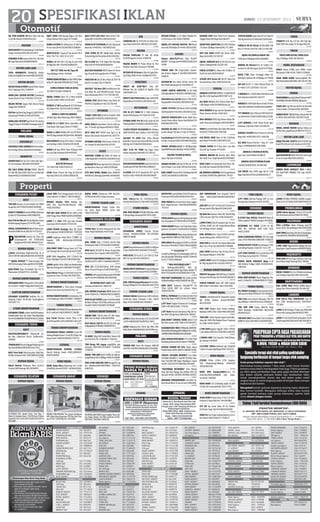 20 SPESIFIKASI IKLAN
DJL YMH SCORPIO ‘05 Biru Silver (W) Hrg
12,5jt NG Hub:Ika 085335021525

HIJET 1000 Th86 Barang Bagus 15jt Hub:
Jl.Kapi Mantasti 8/31 Swjjr2 7716466

024261

JAZZ S VVTi (AT) 2012 Silver IstSkl 175Jt :
RyJantiBrt74433911/081945551422

OPER KREDIT M Grobak Jialing’12 (W) Merah
Sangat Istimewa 99% Hub:34514675
023585

GEROBAK M-BIZ Jumbo Pmk’2011 Pjk Mati
8Jt Siap Pakai Hub:083863849953
024134

MOTOR LAIN-LAIN
TOSA GEROBAK’05 PjkHdp6,5Jt Gardan
Jl.Alas SariI GgMkmTmr Dsari082132243312
023532

MOTOR DICARI
DICARI SEGALA MERK Sepeda Motor Harga
O.K.E. Hubungi: (031) 72009479 .
021417

ANDA JUAL SEPEDA MOTOR? Jl.Gembong
Sawah Barat 63 Sby 70526617/3715147
021549

DICARI MOTOR Segala Merk Berani Harga
Tinggi Hub:70800332
023824

DCR Mtr Sgl Merk Hrg Tinggi (L)/(W)TPJ X-20
Sepanjang70848121/082140791826
024172

ANDA JUAL MOTOR?Sgla Merk/Thn Dg Hrg
Tinggi H:Sinyo78168081 KedungCowek 5F
024277

023225

023373

ZEBRA ASTREA’95 Sliding Door Ac Dbl/Tp/
Vr/Ors Istw Skl2120246/085732508064

GENIO 92 AT ISTIMEWA (N) 55Jt :Raya Janti
Barat No.74433911 / 081945551422

023340

023381

BODYTECH 95 + Espass 97 Spr Van AC VR 
0341-734 7710 - 0812 33 10 1270

CIVIC FERIO AT 97 74JtNg Matic Normal
MulusIntrBgsSkl MesinHlus08123387655

023391

023594

ZEBRA 1.0 th87 Biru 23jt Ng; Escudo th94
(N-Mlg) Biru Met 77jt081389060379

DJL H.LX88 Abu2 N-Kt Bagus Mls Hrg Nego
Hub:03417079554/085853406256

023433

MOCHIN

023797

TAFT GT TH92 4x4 AC,Tape,VR
Hrg 69JtNego 0341-7037890
023583

PROMO XENIA DP20Jtn/@1.8Jtn TRIOS 20Jtn/
@2Jtn,PU 10Jtn8612990/081252172926
023823

ESPASS MERAH TH96 (N-KOTA)
AC/TAPE FULLVAR 9000039
023833

DIJUAL TERIOS Silver TX 12 Matic N-KOTA
An.Sndr FullVar 081 233 40 1818
023803

ESPASS 1.3 “96UnguMudaAC,R/T,VR,Alarm
43,5JtNg0341-2813272/081252346863
023835

XENIA Li 2008 FULLVARIASI
(N-Kota) Tgn1 Silver Mulus Hrg 107Jt7348437
023846

XENIA Xi 1.3 2010 Hitam SpertiBaru (N)
Total Bayar 20Jt Angs2,7Jtan7779928
023814

MALANG

XENIA Li 2005 MERAH MET AC/TP/VR/CL/
PW 87Jt Nego BsKrdit DP15Jt0341-8604699

MOBIL DIJUAL

JAZZ IDSI 06AKHIR MATIC Hitam Ori Terwt
Bgs Total DP16Jt Angs3Jtx477779928
023841

MAESTRO 90 (W) AT Biru Muda AC DVD VR
Ban Br Trwt Baik 39jt 7569750
023880

ODYSSEY “08 Htm CBU Km45Rb,Istw Skl.
Full Body Kit Asli”MUGEN”An.Sndr Perum
Bumi Mondoroko M5/5 T:7777750 TDK SMS
024278

HONDA CIVIC LX 88 Mulus Siap Pakai AC/
PW/PS/CL PajakBaru 081.252.700.440
024223

HYUNDAI
TRAJET 2002 (AT) IstSkl An.Pembeli 80Jt:
RayaJantiBrt74433911/081945551422
023378

ARYA 2002(N-kota)Silver Full Ors 90jt Audio+ TV Konds.Sgt Bagus081805119090
023431

GETZ 2003 M/T HITAM Istw Tgn1 (L) Yg
Nawar 82Jt Silahkn Kmbali0341-2957779

023946

CHEVROLET
CHEVROLET DBL CABIN 82 Mls PwrStr BanBsr Intr Bgs PjkTlat 28Jt081252562580
023952

023602

NEW XENIA R Family 2012 Silver 1.3 Istimewa Hrg Nego 081233160618/9734208

HYUNDAI MATRIX 2003 Istmw Tv2Din Silver Terawat N-Kota Hub:03415373707

023978

XENIA 1.0 type Mi’06 Silver ACdingin DVD
Ors Luar Dlm Istimewa 87jt5435929
023991

DAIHATSU
GRAND MAX Pick Up 2012 Silver (AG) Tgn-1
Ori L/D Istimewa 79jt081333200040
023168

HONDA

CARNIVAL’00 AC,TP,PS,PW Ori Mesin Kering S.Pake 55Jt0341-908 4911/223 6495

PANTHER TURBO LS DISEL 04 Silver Ist
139Jt:RyJantiBrt74433911/081945551422

KATANA TH97 Pmk Th98 Ps/Vr Istimewa
Tinggal Pakai 60jt Nego Hub:5461875

023993

023769

DIJUAL CPT NISSAN SENTRA “90 Merah
Ferari AC/VR/Radio/CD 0341-8833165 BU

AVENTURA ADIPUTRO 1.5 2003 ACDobel
,TV Silver 52JtNego Hub(0341) 771 3645

024274

023856

MAZDA FAMILIAR 97 Akh (N) Hitam
AC,DVD,Pajak Br Ist 61jt 7569750
023883

MAZDA BRAVO 87 Mulus Hitam Ac Pwr
Window Siap Pake V.Racing 7700994
023900

INTERPLAY 92 IstwaLr/Dlm Ori Lgkp MsinSip.ACDgn,PjkBr N-Kota 41JtNg8123753
023948

MERCEDES
MERCY NE E230”96MT Htm XMblMnten Nm Sdr (L)Pjk05-14 BgsMls 115Jt
087859971131
023180

MERCY C180 TH95 Putih(L)Tgn1 IstSkl 76Jt:
RyJantiBarat74433911/081945551422
023372

023828

SUZUKI
Gebyar AkhrThDPMulai 15Jtn PU,APV
WAGON R,Ertiga,Swift9568253/0821419
59999
PROMO AKH TH Ertiga,Splash OpenInden Krimun Wagon R 1Jt082142619474/
2888236
023183

KATANA’98 Biru Botol AG-Kdr Istmw Pjk
Bln5 Mobil Dimalang 61jt 9108444-TP
CARRY CARETA ADIPUTRO (L) 99 IstSkl
51Jt:RyJantiBarat74433911/ 081945551422
023374

REALVAN Istw Skl 96 (56Jt)  TH97 (57Jt):
RayaJantiBrt74433911/081945551422
023379

CARRY FUTUTA 1.5 Merah 2005 IstSkl(N)
64Jt:RyJantiBrt74433911/081945551422

023370

023932

DIJUAL SIDEKICK GLX 96 (N-Asli) Ori Luar
Dalam 75JtNego081.233.267.935
023936

FORSA ESTEEM’91 Hitam Met 01298cc Cl/
Pw/Ps/Ac Hub:085954500507
023976

SUZUKI APV Arena GX ‘11 MT Silver.Full
Orisinil,N Kota,118jt. 082132632148
024322

023329

MITSUBISHI

ETERNA DOHC Pth 93 IstSkl Audio AC/VR
54Jt:RyJantiBrt74433911/081945551422

APV SGX 2008 HITAM Full Varasi 105JtNego Huvb081 252 503 337

023182

EVO III GTI Th96:EVO V 2002 Istimewa
Sekali Hub:Klayatan 3/10 Tlp765 9736

023380

GRATIS!! KONSULTASI Kredit Mobil Baru
Suzuki Promo Akhir Tahun Hub:HADI2374
008/085239073708

TOYOTA

023181

ALL NEW AVANZA 2012 N Kota Silver Tgn 1
138Jt (Nego) 081333990268 Jual Cpt
023217

NEW AVANZA Harga Spesial Dapatkan Spd
Motor Voucher dll Hub: 920 1818
023219

NEW AVANZA-AGYA Hrg Istmwa+Bonus Menarik, Proses Cpt Dp.Ringan 081330199604

023584

023331

T120SS PICKUP 2010AKHIR Pjk+KirBaru
3WAY (N-KOTA) Tgn1 SptBaru 71Jt7627432

KATANA GX 2001 AC/TP/VR BanBaru Mulus Biru Ready 72Jt Bisa T.T Hub 7376254

YARIS S Lmtd’06 Matic Wrn Silver Met Istmw
Hub:03417705601/08172843300

023580

023588

023322

GALANT Th 2000 Matic Silver Manual
Book,Knci Srep,Kc dpn Vkool,HID No.Cntk (N)
88jt Ng 8175588/087859636168

CuciGudangREADYERTIGADP40Jtn,WAGON
R 20Jtn Trmurah082141959999/9568253

LGX DIESEL 2000 Silver Ist Skl 115Jt:Raya
Janti Barat74433911/081945551422

023590

023375

PROMO ERTIGAWAGON R DP20Jtan/2Jtan
Siap KIRIM BonusFul Buktikan 03413199515

KIJANG SUPER 94 N Kota Abu2 Luar Dlm
Orsnl AC Sgt Terawat 7553359

023642

024275

NISSAN

023591

BALENO TH2000 (N-BATU)
Silver 70Jt Hub 7327816

023430

INNOVA BENSIN 05 (N-Asli) Tgn1 Silver
Met 140Jt Trwt+SiapPakai081233995859
023595

023609

NISSAN DISKON HEBOHReadyStock All Unit
GrandLivina DP33Jt TEJO081234838157

GRAND ESCUDO 1.6 Htm N-MLG AC TP VR
OriL/D Mulus Trwt 100Jt TDP12Jt5432345

WISH 2004 Full Options(N-Asli) Silver Mulus 165Jt Sgt Terawat(0341)5435431

023525

023189

023604

023554

HIGRADE’95 Merah TgnI Istw Ori L/Dlm AcDgin BanAccu Baru Cpt 081333796444

TOYOTA KIJANG Super Nusa’87 Ac/Tape/Vr
45jt Ng Hub:03415373636/081335091699
023667

COROLLA DX 82 Merah (N-MALANG) 25Jt
Bisa TT 0341-5437718 / 082 131 926 399
023827

DIJUAL BU.COROLLA GREAT SEG
TH96 Abu2 65JtNego081333008857

BIG SALE XENIA DP18Jt,TERIOS 20Jt,GM
PU 10Jt,MB 16Jt,LUXIO 23Jt Prss Cpt Murah
Mudah082131930990/9572650

LX’88 Hitam N-Kota Pjk Pnjg Ac/Tp/Vr16
45jt Hub:03413191133/081338024195

PTH NEW ROYAL 00Akh Silver ACdbl/PS/
PW/VR15/CL/Rmt Bgs 91Jt085 234 690 699

G.LIVINA 1.5 SV’10 Grey(N-Kt) M/T Spt Br
Km25rb 140jt 9991669-081805000907

JUAL CARRY Station’96 W 34jt Nego Hub:08
1359111643/085815550958 Bth

DJL AVANZA G MANUAL 2010 Sangat Istime
wa H:Bpk.SISWOYO/Ibu JIIN0341-787102

023184

023350

024263

023504

023665

J.Rmh SHM 7X16 Brongg.Sawah 5A/14 Jln
Lebar Hub:031.71708253 - 085731548329

DIJUAL RUKO Jl.Kenjeran SHM Hub:03170700620 No.SMS  Tanpa Perantara

KOSPUTRI Krywti Jl.Nikel 15 Drh SP.Sudarmo
Prwntoro0341493434/081333107324

023510

024055

GRY LNDUNGSARI Tirto RhayuXI T36/72
200Jt 081216823338/085785950550/7
695325

SURABAYA PUSAT
KOST
TRM KOS Krywti s/i Istri KmrBsr Air PDAM
Grogol No.1077002553/085259476889
023608

KWN/TI TENANGAC/nonAC,KMdlmParkrLuas
JL.Asem 2/7 (AsemRowo) 081330667076
023741

Kost P/W Ac/Non Ac FasLKp BgnBaru Aman
KmDlm Kupang Panjaan 2/27 7051 0081
023766

RMH JL.SURABAYAN 4/14 bs U/Kantor, mobil lewat PDAM listrik.2KM.2KT71510717

P

024059

RIA/KRYWN Paviluin AC Pintu Sdr
Jl.Cipunegara32 Dkt SUTOS/Jl.Mj.
Sungkono5671994-08563312116
024233

RUMAH DIJUAL
J.2Rmh Jl.Ketabang Magersari2/23 25 Lt
200m SHM.dkt WlkotaMstjb081332440539
022558

** DIJUAL RUMAH ** Dekat Kampus UNAIR Di Jl.Kertajaya Hubungi:081615328088
023794

JUAL/SEWA Raya Purwodadi Sby Cck U/
Minimarket (031)60747111-5610841
024202

RUMAH DIKONTRAKKAN
DISEWAKN RMH Jl.Mojopahit LT443,LB545
Utr 2LT,Kt9+2 300Jt/ThNg085730102255
023895

KANTOR DIKONTRAKKAN
DSEWAKN R.KANTOR Andhika Plz Lt1,
Simpang Dukuh 38-40.Ada SmokingRoom
5314017-19
023477

STAND DIKONTRAKKAN
DSEWAKN STAND u/Usha Hp/DVD/Fashion/
AnekaProduk Area Hp Center PlazaSby/Delta
Plz03183888899/70356878/08123118388
023653

SURABAYA TIMUR

RUMAH Mnmlis 7X15 Medayu Sel,
SHM, Kt2, Km1,Pln1300,Pam,Grs 2Mbl
081235939522
023759

YKP RKT ASRI TIMUR XIV/41 SHM LT:200
LB:80 Smpg Timur MERR Hub:081230589925
023847

J.RMH 7 x 19m2 SHM siap huni Gunung
anyar jaya 3B/16 hub 081 35759 5555
023904

J.RMH USAHA Strategis 2Kav Pjk 10x45
Jl.PucangSewu 9081359851667 -70975539
J.RMH GngAnyar Kidul 8A/4 LT398M2 LB.
Separoh SHM 4Kt1Km1Wc8702588/
70040226
024050

JUAL/KONT RMH Pucang Anom 6/27 Sby
Lok Strategis Dkt Fasum Bbs Bjr81971965
024199

J.CPT RMH NgagelRejo II/22 LT10x25 Pjk
SrtIjo 700JtNg72351877/081938363462
024262

J.RMH HrgMlai 100Jt-300Jt Lok.MedokanAyu
RgktSby BsAngs4x70694460/70318901
024331

Open House Minggu 15 Des Rmh 10x22 Pucang Anom Timur V/9 Hub: 081335675557
024337

RUMAH DIKONTRAKKAN
DIKONTRAKKAN u/ Toko Lokasi Strategis
Daerah Setro Baru H:(031)92527051-52
023813

RUMAH DIKONTRAKAN Jl.Semolowaru Utr
1/141 Belakang 081233729066 / 70904677
024264

TANAH DIJUAL
J TNH KAV SIAP BANGUN Bumi Wonorejo Asri
A6/11 uk8,9x17085330995272 TdkSMS
024047

Jual Tanah Medokan Sawah Timur 4 Uk.
8x18 Phone:0812.1655.2056/0812.3011.075

TANAH DIKONTRAKKAN

PASUTRI/KRYWAN/TI /Mhswa/Wi Ac,
Km Dlm ,S.Bed,Lmri Uk:3x7 1Jt/Bln0315936847

DISEWAKAN TANAH ±3000m2 Cocok Utk
Gudang,Bengkel,Garasi Truck,Dll Jl.Raya Kedung Cowek 083831288036/71507773
024108

023699

TERIMA KOST Murah Jl.Ngagel Madya Gg.I/19
Sby Hub:087883220836/081314117011

024015

KOST Pstri Baik2,Mhs,Kryw,Kmr Mndi Dlm,
AC/Non Smlwaru031-33413388/33210468

GUDANG
DIKONTRAKKAN GUDANG ±1100m2
Daerah Kedung Cowek 082140995673083831288036
024102

024123

JUAL TokoSgtStrg 3Lt CckUshEmas/Elektronik Jl.Wonokromo 21 Sby081332650815
024225

DIKONTRAKKAN Tempat Usaha Ukuran 3x6m Dekat UNAIR, Serius Hub:
081519572695
023464

STAND DIJUAL
JUAL KIOS PASAR KEDUNG REJO,Baru Blok
D (Harga Nego) Hubungi:0857.8576.2009
024154

SURABAYA SELATAN

SURABAYA BARAT

KOST
TRIMA Kost Terminal Bungurasih Km Dlm
Parkir Mobil 450Rb/Bln 70775544
023906

023996

024181

KOST

TEMPAT USAHA LAIN

TOKO DIJUAL

RUMAH DIJUAL

024090

RMH 6x15 2KT1KM Br Renov Knopi,Glvlm
HunianAsri Citra Tropodo 081330197615
024087

RMH KUTISARI INDAH UTARA SHM LT:240
LB:200 1Lt KT4+1 KM1+1 Hub:081234561971
024315

RMH 2Lt LT/LB:563/430m2 SHM Bendul
Merisi Utara Jl Pving Lbr H:081934638919
024307

PROMO!Lok Prospek!Sedati Juanda UM500Rb
Lsg Plh Unit34508668-08192094580
024194

BU RUMAH KOST LUAS=125
Jl.Kedurus IB/40031-70687733

APARTEMEN
DSEWAKAN APART Puncak Permai
Furnish 085851837889/ 031-3763383/
089679734688

RUMAH DIJUAL
J.RMH Murah Kebraon 8x12 SHM 2Lt 400Jtan
S.Huni BsKPR082142466407/31454337
023652

PURI ASTA T50  54 SC 12x T36/112 ASABRI / AL tnp UM 0315450434-5
023877

RUMAH DIKONTRAKKAN
DIKON.DEPOT/RMH 9x6 Strtgis Jl.Kalijaran
14 dpn Eastwood Citraland08123299802
024097

TANAH DIJUAL
JUAL TNH Di Gempol Benowo Uk.6x25 JlnPaving 70JtNg 03131311866/081554173730
023459

024171

JUAL RUMAH PuriIndah CD-8 2lantai Lt72
Lb144 330jt031-77408984 /082142460032
024297

BUMI ALAM SURYA Jumput Sukodono NolJl.
Ry Ruko 350jtan T36,45 Bisa inHouse s/d 5th
PastiACC88151528/085733758099
024288

RUMAH DIKONTRAKKAN
DIKONT PAV 7.5Jt/Th 24m2, KT, KM, Dapur,
PAM, PLN, Bs Mobil. 081382353801
022030

Rmh Dikont 45jt/th min2th Cck u/ktr pgr.
Jl NgagelRejo29 BbsBnjr 08884692411
023725

TANAH DIJUAL

TEMPAT USAHA LAIN

023907

TNH Kvlng UM ringan angs800rb shm
wonoayu SDA085731794925/ 77345384/
71584144

MURAH SEKALI Waterboom SHM 4.400m2
Gresik-Sby Dekat Citraland 5 Mnt 2,5Jt/M
Nego 0315340806/081703444017
023324

SURABAYA UTARA

024071

RUMAH DIJUAL

RUKO DIJUAL

Dijual Rumah Mulyosari Baru uk.6x15
2Lantai SHM Hubungi: 081.26034859 .

DJUAL Ruha Baru Jl.Wonorejo Sel I A Rkt
Lb.64M2Kt,1Km8793797 -087854222062

PRM TNH KAVLING SHM Bunga0% Lsg
Acc SukodonoSDA83878366/ 72951914/
83887310

023100

023463

J.RMH KalilomLorTmr 1B/14 Sby PAM, PLN,
PtkD 305Jt70889008/08121622507No.Sms

MALANG
TERIMA KOS Putra dkt Kampus ABM,UB
Call/SMS 087859249666/082333534866
023427

SURABAYA BARAT
RUMAH DIJUAL

SURABAYA SELATAN

SURABAYA BARAT
RUMAH DIJUAL

RUMAH DIJUAL

PLATINUM RES . . . .. . .

. .. . . . . . . . . 1X25

THE QUEEN . . . .. . . . . . .. . . . . . . . 1X25

Djl Rmh Kos Daerah Suhat Dkt UB,ITN Mlg,
11Kmr Income 50Jt/Thn 081332462020
023974

J.RMH STRGS Jl.Ry JA.Suprapto Dpn Cor Jesu
Lt529m Lb300 Cck Utk Usaha/Kantor/Bank
H:6,5M Nego 0341-324882
023975

JUAL RUMAH Baru Type 65/200 Lok.Mondoroko Malang Hub: 081217471127

023251

023997

RMH ANILA VSawojajarII Lt198 Lb±160 4Kt
2Km Shm S.Pk08121745507/08125268959
023303

*** K CLUSTER ***
Lok JlPros,DktKmps,Psr,DlwtiAngkot,UM1 5Jt
Disc10Jt,BnsBB CDMAPgr READY STOK95
55147,7772879,9496064
023567

**NEW MULYOREJO ASRI**
Lok DktKmps,MOG,MATOS UM1 5Jt
Disc10Jt,BnsBB CDMA Hrg150Jtan READY ST
OK7770229/081331922880/034277728
023568

RMH SNGT SEDERHANA 70Jt Lt126m Lb 30m
Srtﬁkat KotaMdya 082233941891 No SMS
023597

RMH KOST Soekarno Hatta(Jl.PTP I)Lt
720m Lb500 SHM Cck u/Guest House
08125261769
RMH JL.TEMBAGA 5E Lt130m Km3 Kt3 Full
Bgnan Bgs Nego 085233318155/5438055

023668

J.CPT Rmh Tingkat Istimewa drh Sawojajar
SHM  081805022646 / 7576142

023680

JUAL:BUKIT CEMARA TIDAR uk8x15 full
4kt,2km,carport,SHM, 350jt 03134554757
023773

KARANGPLOSO VIEW UM9Jtan(Bs BAPERTARUM JAMSOSTEK)AngsKPR 500RbnFLAT 03417363685/08563566880/081233924038

023830

RUMAH SUBSIDI UM 10% Cluster Sukun
Pondok Indah 0341-838578 / 085646732186

RMH SHM Br Cntk 3K+Grsi Aman,Nymn,bbs
Bnjir Cck u/Tmpt Tgl 188jt/KPR7289888
024324

JUAL CEPAT Rmh Baru Tipe 30 Hrg.75jt, Kebon Agung Malang  2542 986
024137

J.RMH 130M 8x16,25 Full Bgnan Bandulan
Brt Mlg Hrg Ng0341-5425262/7007677
2

024125

RUMAH DIKONTRAKKAN
RMH MT Haryono VIIB/280 Hrg 12,5jtMT.
Haryono IX/300 Hrg 15jt/Th03418665873
023169

SUKUN PONDOK Indah 3KT 2KM Carport
PAM 0821 4355 6836 / 0812 3359 4365
023492

INNOVA 06 Hitam(N-KT) Ori SptBru TerwtSkali Tot DP19Jt Angs3,1Jtx477779928
023849

RUSH S”08 (Type Tertinggi) Hitam (NKota)Tgn1 SptBaru BU 155JtNego 7779928
023812

KJG LGX Dsl’03 “L” Silver Manual Mulus Int
Or 0812 1757 1207/0341-733 1372
T.AVANZA S 1.5 2009 Hitam Metalik Ass.All
Risk Istimewa Hub:0341-5447377
023844

AVANZA E 2008 Bpkb Nama Sendiri N-Kota
Silver Met085855135006/03419408884
023935

TYT AVANZA Tipe G Manual Th05 Plat N Silver Gold03417010019/085334615278 BU
024106

J.CPT AVANZA G Th07 Hitam N-asli Tgn1
Istimewa 119jt Hub: 081 333 2000 40
024128

AVANZA Th2009 Silver N-kota An.sdri Hrg
Nego Hub: 085234013370 / 4430336
024082

ALL NEW Avanza Disc.Bsr + Bng 1.9 + Free
Angs.1 9068600/081334233845
024217

AVANZA G TH2009 (N-KOTA)
Tgn1 Istw 125Jt0858 554 888 32

023810

023961

NIRWANA PANDANWANGI Lok.Sulfat Gebyar Murah Akhir Th Sisa 18 unit 960 6096
023899

AUTOPRO . . . . . . . . . . . . . . . . . . .1X40 . . . . . . . .

024266

024218

GUDANG MARGOMULYO . . . . . . . . . . . . . . . .1X25
. ......

TANAH DIJUAL . . . . . .
.. .1X25

023415

KAV SIAP Bangun Griya Taman LandungBandulan SHM Lt.79m2 130jt 082139021055
023682

TNH SHM 1.450m Tepi Jln.Aspal Cocok DiKavling dkt SMP/SMA/Stadion/Pasar Tumpang
Pas 330jt 03417626677
023776

J.TNH KAVKrgploso PggrJln 100m2 UM25Jt
1,5Jtx36Bln085791112039/08113030559
023837

J.TANAH KAV.7x18 Hrg.42jt SHM,Jl.Manggis Pakisaji 7019587
023983

LT1578M2 SHMHamidRusdi Gg2 LbrJln6M
1,5Jt/m2 Pondasi,PgrKlling0341-9153133
024332

RUKO DIJUAL
J/SEWA 2Ruko L224m Jl.Tlk Grajakan
10A Pandanwangi-Blmbng 5461198
/081805007859
023229

RUKO DPN KampusABM4x11m 2Lt
PLN1300,PDAM,SHMIMB Unit Terbatas0341-2945860
023384

RUKO BARU 2LT Jl.Blimbing Indah Ut,SHM
LT.64m2 dkt Terminal081 3333 77 579

SEWA RUKO Mrtjoyo Diny 3,75x11 2Lt KM1,
Prkiran4,5 Sewa Mlai Feb “142945860
023387

CPT BU Opr Kontr Ruko 2lt Pst Kuliner
Jl.D.Bratan Swjjr 24jt/th085852432000
PLATINUM RES, Ready Stock, Free Ppn, 5
Menit Dr Bandara Baru, T.54/90 Hny:315Jtan
Hub:081216114545,081234090516,08133
0431689
023675

023885

PROMO PERUMAHAN The Queen Residence
UM.14Jtan Atau Angsuran 735 Flat,Stok Trbatas H: 031-71538744,031-70370595

HEAVENLAND PARK-Raya Lingkar Timur, Bebas Banjir Diskon S/d 60Jt-an,Nol Jln H:0318057982,77065064,70055297

023674

024043

RUKO 2Lt Lksi Strgis Gadang Regency cck u/
Kntr/Bank 08125281077 / 7642127
023989

023728

024237

023805

MOBIL DISEWAKAN
EAGLE: Avanz 250Rb, Inov 350Rb, Travel
Mlg-Juanda 70Rb 0341 7308111/556600
023495

SEWA MOBIL+SOPIR Avanza,Alphard MURAH Hub(0341)949 0383 / 081 335 257 340
024259

MOTOR DIJUAL

024131

HONDA
PAHE HONDA Baru Dp1Jt,Beat F1(Srius) 0877
59903888/03418637888,Ktp Mlg lsg krm
023228

TIGER 2011 Sgt Mls Ban BsrBr CW Km3300
S.Hatta Indah 12 N Kota0341-8455000
023878

HONDA REVO “10 (N) Mulus, Honda Win 96
(L-SBY) 08123297656 / 085790771656
024221

YAMAHA
OBRAL AKHIR TAHUN Dptkan Diskon sd
2Jt Plus Bns Lgsg Hanya Di MJM H7712177
023405

MOTOR LAIN-LAIN
BAJAJ PULSAR 135DTSi 2010 N-KOTA Tg1
Kond.95% Merah 9,2Jt LihatSore7627432
023577

JEMBER
Opel BLAZER’96 DOHC VR31 biru mtl ist pjk
br int ori audio 49jt08123450511
023916

HONDA REVO ABSOLUT 2011 L-4660WY Hub:PT.BFI FINANCE Tbk Lmg 0322324242
024113

TOKO DIJUAL

RUKO DIJUAL

J.CPT TOKO Jl.IR.Rais Malang SHM 1Lt Lok.
Strategis dpn Indomaret0341 365526

J.RUKO PESONA PERMATA GADING LingkarTimur 5x15 2LT H:08121605338/8704010 TP

023684

024012

SIDOARJO

PROBOLINGGO

RUMAH DIJUAL

J.RMH Sultan Agung 7 Prob Lt.310 Lb.285
4Kt,2Km,Kusen Jati,Grs085235170460

R.STOCK Hny UM15jt BbsByKPR Real s/d
24Des LsgHuni T3645 Sarirogo70124060
023923

KETAPANG II-C WAGE LT.144 LB 88,
SHM, 3KT, 1KM,HAL BLKG LUAS (325)
0811374491
023876

SAWO CANGKRING PERMAI, UM 15jt, Angs
1jtan. H:03179420096-83891680-71560218.
024083

RUMAH RESDY STOCK Bisa diAngsur 5Thn
Loks Blkng Maspion 2 Hub:031-7115.1797
024178

J.CPT RMH MURAH Putri Juanda Bisa KPR
315jt Nego,Serius Hub:031-77325012
024129

PERUM GRIYA PERMATA Hijau K-10
SDA Kt4Km2 FulBgn SHGB LT/LB10503172067920
024276

RUMAH DIKONTRAKKAN
OPER KONT.RUMAH Murah Magersari Permai U-11 Hub:031-72359446/0838 3177 6529
023615

TANAH DIJUAL

TNH 11Ha Sona Industri Wonoayu 7Km Tol
Sda 500Rb/m2 087853155551/70995549

RUKO DIKONTRAKKAN
. . . . . . . ..

LGX DIESEL Biru 2000 Lgkp Pjk Br 113jt
Nego Hub:081235791522/8693834 Bs TT

TANAH u/RmhShm357m Dnwarih Sawah
Ajb 1050m Krploso AnSdr2814992/
08123315092

024167

JOMBANG

GUDANG

TRUCK HINO DUTRO 130HD 2010
Hrg 176JtNego 081 945 960 813

LAMONGAN

(0341)7696569/081 233 989 909

BU,TANAH strategis,Pranti Juanda 8x15m
SHM perum085257958187-03171686023

023310

023497

TRUCK

AVANZA 2010 ISTIMEWA Plat(N)

TANAH DIJUAL

023831

SUKSES CASSAVA REGENCY I ini Hadir
CASSAVA REGENCY 2 Tipe36/75(135Jt) SiapHuni Fas:SHM IMB Pagar MejaDapur Carpot
0341-5412370/7072999/08179615063
*MULYOREJO RESIDENCE* Rmh Mewah
Strgs Tgh Kota Malang Hrg 200jtan UM1=5jt
One Gate 0341-2307685, 2307686, 2307672

SIDOARJO

RUMAH DIJUAL

........

023956

023226

JUAL MURAH RMH BARU LT75 LB36 150Jt
DiGadang Jl.Ketela Dkt Jln Raya7788889

KOST

023934

JUAL BU Rmh Tp27 Lt120m Lb27 Shm Perum
Buring Satelit 180jt Ng085334621459

NEW PANDANREJO 90jtan Atap Galvalum Lok.
Strgis8695672/8895117/081335251729

023825

024139

023465

PERM.GRAND Mashur Lok.Tngh Kota Suhat
dg Invest Terbaik7724434/085257890009

J.CPT Rmh Permata Kendalsari Mlg dkt Suhat SMA7,UB,Tgh Kota SHM0341 365526

J.RMH Jl.Platuk Donomulyo 10/2 (21x20) SHM
1,25M 085852682730/087851176651

KEMENDUNG CERME . . . . . . .
. . . .1X25

RUMAH DIJUAL
PERM LAWURegencyLokStrgsKepanjenDgn
Hrg Terjangkau7740766/081252568366

023685

RUMAH DIJUAL

024046

DIJUAL TNH SHM 8x20=160M2 Ds Sido kepung Buduran Sda 125JtNego 081231314846

023995

023644

024253

SS 4KAV S.Bng SHM Sambi Bulu-Taman 45Jt
6x13 Bs Krdt 2Th 70684651-77662471

RMH SNGGH Kos  Gues Hous Hran, mggan
Brsh Strgs,Jl.Ry.Swjr 14A081805090303/
7701414

023224

024062

JUAL CEPAT Rmh LT:10x20 LB:130 HGB,
Kendangsari Blok F/50 Hub:081233440044

023919

TIMOR’97 N-Kt Vip L/D Slvr Met 60jt Ng+
DOHC’2001 Biru Audio TV AC Ng7801195

023809

023572

023390

TIMOR

023879

AVANZA G VVTI 07 (N)PJK3-14 AQUA BLUE
Bgs Mls 110Jt SiapPake0878 5997 1131

023377

COLT T120 PU TH80 Brg Bagus Bank
Bordes Siap Kerja Hub081 615 700 411

ISUZU

NISSAN XTRAIL 2,5 ST Hitam Metalik Matic’04 N-kota 125jt 03417009900

MAZDA

023792

023376

JAZZ RS’08 Manual
Ors Total Putih 081252012212

KIA

JUMAT, 13 DESEMBER 2013

022609

023539

TNH KAV SHM Promo AkhirTh Angs
500rb Wonoayu 83878366/ 88151528/
083840765372

024289

PASURUAN
VILA L.2250m 14kmr K.Rnang Jual1.5M
sewa1.5jt/hr 30org NKjajar081333937999
022817

KONT.RMHTmanDayu,2Kt,1Km,VGnung,Dpur.
F Furnish031 34018855/ 081939160069
024311

KEDIRI
J.TNH ±4HA PagarTembok keliling ada Kandang Ayam+Sapi Permanen 085852079096
023962

MOJOKERTO
PURI ASRI UM 5Jt Angs 19rb/hari 2km Siap
Huni Bebas Banjir Hubungi 0321-390963
016960

JOMBANG
DIJUAL TANAH Uk.12x13 DlmKota Jombang
Lok.Strategis Hrg102jt H:081330141493
024088

BANYUWANGI
JUAL CEPAT KIOS PASAR SRONO Banyuwangi 19m2 Minat Hub085 224 448 283

024214

LAWANG
RMH VILLA FULL PANORAMA type 50
Hny 270Jt OneGate,Security Hub03417011804
023371

J.RMH 36/84 Full Bgn+Prabot Lkp 260Jt HGB
Perum Mas Lawang Hub:087855017499

024143

023800

TNH KAV SHM Promo Akhir Thn Fre Notaris
BBN Pst Kota SDA88151528/83878366

J.RMH T21 Uk:10x20 PrmGryHusada G-3/2 Ds
SmbrProng082230234247/081703658574

024298

024327

 