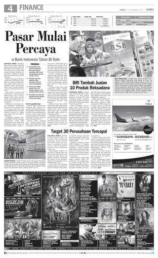 FINANCE

JUMAT, 13 DESEMBER 2013

IHSG Jakarta
4.500
4.400
4.300
4.200

I
I
I
I
I

6

I
I
I
I
I

9

I
I
I
I
I

10

Minyak/Dolar AS

I I
I 4.212,22
I
I I
I I
4.271,74 I
I
11

120,00
110.00
100.00
90.00

12

I
I
I
I
I

6

I
I
I
I
I

9

I
I
I
I
I

10

I
98,54
I
I
I
I
11

Rupiah/Dolar AS

I
I
I
I
97,47
I
12

12.200
12.100
12.000
11.900

I
I
I
I
I

6

I
I
I
I
I

9

I
I
I
I
I

10

I I
I 12.023
I
I I
I
11.991 I
I I
11

12

KURS VALAS

surya.co.id | surabaya.tribunnews.com
MATA UANG	

KURS JUAL	

KURS BELI

AUD	

10,916.38	

10,804.40

CNY	

1,977.42	

1,957.78

MYR	

3,751.36	

3,710.65

SGD	

9,652.56	

sumber: bloomberg

Pasar Mulai
Percaya

9,554.42

HARGA EMAS
11/12

|

PERKIRAAN PASAR

12/12

DOLAR AS/TROY OUNCE

(24 KARAT)

1.255.91

Rp 488.000/gram

1.252.70

sumber: bank indonesia

■ Bank Indonesia Tahan BI Rate
jakarta, surya - Kebijakan
Bank Indonesia (BI) mempertahankan suku bunga acuah (BI
Rate) telah sesuai dengan tingkat inflasi saat ini yang relatif
mengecil. Dengan kebijakan ini,
pemerintah optimistis hingga
akhir 2013, inflasi berada di level
8,4 persen.
Menteri Keuangan (Menkeu)
Chatib Basri menjelaskan, kebijakan itu sekaligus mengindikasikan pasar sudah percaya pemerintah mampu menurunkan
defisit neraca transaksi berjalan
(current account deficit) ke level
aman.
Rapat Dewan Gubernur BI
memutuskan mepertahankan
BI Rate pada level 7,5 persen,
dengan suku bunga deposit
facility dan lending facility masing-masing 5,75 persen dan
7,5 persen.
Kebijakan itu merupakan wujud konsistensi mengarahkan
inflasi ke level 3,5 persen hingga 5,5 persen pada 2014, serta
mengendalikan defisit transaksi
berjalan menurun ke tingkat
yang lebih sehat dan berkesinambungan.
Disinggung mengenai dampak kebijakan BI Rate terhadap
pertumbuhan, Chatib Basri
menuturkan, hal itu tidak akan
berdampak apapun.“Tahun ini
sudah hampir habis,” tegasnya.

Prediksi
■ Kemungkinan bank
sentral menaikan BI
Rate pada Februari
atau Maret 2014 untuk
mengantisipasi tapering
off oleh The Fed.
■ Kenaikan juga akan
dilakukan untuk
merespons data dari
neraca perdagangan.
■ Tapering off mungkin
Kuartal I-2014 dan
kenaikan obligasi (T-bill)
mungkin kuartal III atau IV.
■ Atas dalih ini, BI bisa jadi
menaikan BI Rate sebesar
50 bps tahun depan.
Tak Ada yang Mendesak

Ekonom Bank Internasional
Indonesia (BII), Juniman menyambut baik langkah bank sentral. Kebijakan menahan kenaikan BI Rate sesuai keadaan makro
ekonomi. Saat ini, tidak ada hal
yang mendesak untuk kembali
menaikkan BI Rate, tuturnya
seperti dikutip KONTAN.
Tekanan inflasi sekarang
usai
kenaikan harga bahan
bakar minyak (BBM) bersubsidi
pertengahan tahun lalu, sudah

mulai turun. Inflasi lebih jinak,
terbilang sudah normal. Di sisi
lain, neraca perdagangan mulai
membaik, ditandai surplus ekspor neraca dagang pada Oktober
2013 sebesar 42,4 juta dolar AS.
Juniman menegaskan, pelemahan rupiah tidak bisa hanya
ditopang kenaikan BI Rate.
Pelemahan rupiah lebih didorong oleh faktor internal seperti
rencana pengurangan stimulus
bank sentral AS (The Federal
Reserve).
Kenaikan BI Rate tidak efektif
menguatkan rupiah. Kenaikan bulan lalu justru direspons
negatif oleh pasar seperti stock
market yang masih tenggelam.
Wajar kalau BI kali ini menahan
BI Rate karena akan berimplikasi positif terhadap keseluruhan
pertumbuhan ekonomi, jelas
Juniman.
Direktur Utama Bank OCBC
NISP Parwati Surjaudaja sepakat
dengan kebijakan BI Rate yang
diambil bank sentral. Tingkat
suku bunga acuan 7,50 persen,
merupakan angka optimal untuk kondisi terkini.
Sedangkan ekonom PT Bank
Mandiri Tbk, Destry Damayanti menyarankan munculnya
kebijakan konkret di sektor riil,
sementara untuk moneter dapat fokus stabilisasi nilai tukar.
(ant)

surya/sugiharto

BRI Tambah Jualan
10 Produk Reksadana
surabaya, surya - Sebagai
Agen Penjual Efek Reksa Dana
(APERD), PT Bank Rakyat
Indonesia (Persero) Tbk telah
menambah produk reksadana
yang dijual menjadi 29 produk
di akhir 2013, dari semula hanya
19 produk pada 2012.
Dalam keterangan yang diterima Surya, Kamis (12/12),
Sekretaris Perusahaan, Muhamad
Ali menyebutkan adanya dua
produk reksadana terbaru yang
dipasarkan BRI, yakni MNC Dana
Kombinasi dan MNC Dana Ekuitas. Kedua produk ini dikelola PT
MNC Asset Management selaku
Manajer Investasi (MI), dan diadminstrasikan di Kustodian BRI. 
Kerja sama pemasaran ini merupakan pengembangan. Sejak

1997, BRI telah bertindak sebagai
Bank Kustodian atas reksadana
yang dikelola oleh MNC Asset
Management, paparnya.
Hingga akhir November 2013,
total  Asset Under Management (AUM) reksadana MNC
yang dikelola BRI mencapai Rp
2,5 triliun. Selain itu, Reksadana MNC Dana Kombinasi dan
MNC Dana Ekuitas dapat dibeli
melalui Sentra Layanan BRI Prioritas yang tersebar di beberapa
kota besar di Indonesia.
Priority Banking Officer BRI
yang telah tersertifikasi Wakil
Agen Penjual Efek Reksa Dana
(WAPERD) siap membantu nasabah BRI Prioritas atas pilihan
produk investasi yang ditawarkan. (hri)

beri penjelasan - Petugas Bank Syariah Bukopin menjelaskan kepada pengunjung yang datang ke acara 'IB
Vaganza' di Atrium Royal Plasa Surabaya, Kamis (12/12). IB
Vaganza diikuti 20 bank berbasis syariah dan berakhir Minggu
(15/12). Di pameran ini, Bank Syariah Bukopin menargetkan
5.000 rekening baru senilai Rp 15 miliar. Pemimpin Cabang
Surabaya PT Bank Syariah Bukopin, Hendriawan menyebutkan,
banknya telah mengelola sekitar 25.000 nasabah dengan
total dana pihak ketiga (DPK) mencapai Rp 240 miliar.

Target 30 Perusahaan Tercapai

antara

saham perdana - Presdir PT Sawit Sumbermas Sarana Tbk Rimbun
Situmorang (kanan) bersama (dari kiri ke kanan) Preskom Bungaran
Saragih, Group Founder Nuriyah Rasyid dan Abdul Rasyid, mendengarkan penjelasan Dirut PT Bursa Efek Indonesia (BEI), Ito Warsito (kedua
kanan) saat pencatatan saham perdana, Kamis (12/12).

join facebook.com/suryaonline

jakarta, surya - PT Bursa Efek Indonesia (BEI) menyatakan, target pelaksanaan
penawaran umum perdana
saham (IPO) tahun 2013 sebanyak 30 perusahaan berhasil
tercapai setelah pencatatan
saham PT Sawit Sumbermas
Sarana Tbk.
Pekan depan, tambah satu
lagi, jika PT Industri Jamu dan
Farmasi Sido Muncul jadi resmi
meluncur ke lantai bursa, ujar
Direktur Penilaian Perusahaan
BEI, Hoesen di sela pencatatan
saham Sawit Sumbermas Sarana
(SSMS), Kamis (12/12).
Untuk 2014, BEI optimistis
target perusahaan yang melakukan IPO sebanyak 30 perusaha-

an kembali tercapai menyusul
ekspektasi kalangan analis yang
memprediksikan pasar modal
masih tumbuh.
Mengenai pencatatan saham
SSMS, Direktur PT Mandiri
Sekuritas, Iman Rachman mengungkapkan, investor institusi
asing mendominasi penyerapan
saham di perusahaan itu. Porsi
investor asing mencapai sebesar
81 persen, sisanya diserap investor domestik.
Minat investor asing masih
tinggi walaupun harga CPO
(crude palm oil) sedang menurun. Namun, harga CPO akan
mengalami perbaikan yang cukup baik. Terlihat saham SSMS
mengalami kelebihan perminta-

an, paparnya.
Direktur Utama Sawit Sumbermas Sarana, Rimbun Situmorang menambahkan, perusahaan memiliki strategi meraih laba
bersih pada 2014 sebesar Rp 207
miliar atau meningkat 15 persen
dibandingkan estimasi 2013
yang Rp 180 miliar.
Kinerja itu bakal tercapai
setelah melihat tren harga jual
CPO pada tahun depan diprediksi lebih baik dari sebelumnya, imbuhnya.
Dalam perdagangan perdana
kemarin, saham SMSS dibuka
naik ke posisi Rp 690 per saham
dari harga perdana Rp 670, dan
sempat menyentuh level Rp 710
per saham. (ant)

follow @portalsurya

 