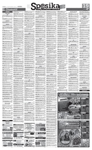 JUMAT, 13 SEPTEMBER 2013
SURABAYA
MOBIL DIJUAL
BMW
BMW318’th90PutihAcTpPsPwVr17Ban
Baru Kond Bagus.70883839/08123006
900
994349
BMW 325i’2000 Hitam VR18 ,Perum.Ta-
man Jenggala Jl.Urip Sumoharjo 95 SDA,TP
994715
CHEVROLET
CHEVT AVEO LT’04 Ori Total Sngt Ist Pjk br
85jtNg085230040406/031-77739941
994799
DAIHATSU
“TERMURAH” XENIA DP22jt,Luxio DP20jt,
Sirion DP 22jt,PU DP10jt031.71549101
993126
MURAH 03177160991/08175019049
XeniaDp20GMaxDP19,5PickUpDp9LuxioDp
19.bsTT
993437
JUAL ZEBRA Th’92 Troper 19jt Nego Hub:
031-78303256 /085733847646
994051
New Xenia ‘12 Abu Tua Seperti Baru Km-
20rb 137jt Bisa Krdt Hub:031-72072778
994025
OPRKREDITD.TeriosTXMT’12Htm.DP90jt,
angs2,4jt031-5660856/081330056 777
994066
ESPASS 1.3 Station’97 Biru Met Mls Dupak
Jaya 5/18 08123174474-70396655
994104
HILINE LONG 4x4’99 SptBr ROCKY’95
Km68rbTAFTGT’97IndpHtmAntk92122
112
994105
GRAND MAX PickUp 3Way ‘2012 Putih
Hub:MulyosariTengah5/86085730031168
994110
FEROZA ‘97/96 AC/TP/VR Ban Besar
Benar2
Istimewa Mulus 081330137869
994112
ZEBRA STW Th’89 TROPER Hub:Simogu-
nung Kramat Barat 5/11 031-78652101
994139
OPER KREDIT Xenia Li Plus08 Silver DP39Jt
Ng Angs 2732000x36 03170663 216
994148
CLASSY’93 AC/PsVrPwVrAudCl Ori35jt+
Ford ’91Gala AcPsVrAud Gaul 31jt:88286
555
994150
FEROZA’96 Hijau AC Audio VR (N-Malang
Kota)Pjk Baru Istimewa 031-71526164
994220
ZEBRA’92TP/VRNewArmada(W)HijauMet
Mulus Hub:081330690823/03188185550
994244
NEW XENIA Dp.22Jt/@2,7Jt Pick Up Dp.9Jt/
@2,4Jt Proses Cepat!! 031-77345620
994192
XENIA Li+’07 PjkBr Dp9Jt/Krd-5Th Proses
MudahCepat/Bng7%,BsTT.Ry Mastrip Kedu
rus Dukuh140317664215 /03134083 181
994234
OPER KREDIT Taruna CSX’03 HitamSilver
(L)Dp.34JtAngs2656x28Bln081232566830
994207
ESPASS 1.3 ZL Silver Met’03 AC Nyes,Ban
Pjk Br Orisinil 54jt  71579497
994241
JUAL CEPAT Daihatsu Espass Station Wgn
’2000 Biru Met 031-70706732/77588 579
994287
XENIA Li’04 Silver AC.TP.VR.CL.PW 89jt
(DK) Deltasari  08123614861
994582
XENIA Li family 2008 kondisi istimewa
083831322934/081330404858
994476
Xenia Li ‘2008 Deluxe Plus (L) silver,tp ,ac
pw bagus 103jt 0853 3687 0745
994500
JUAL CEPAT Espass P.U th’2001 Hitam 35jt
hub:031-7706 7479
994496
ZEBRA’95 TROPER STNK Hilang PjkTelat
1bln 18jt.Kalijudan Gg.1 HKSN.71041439
994362
TAFT GT 4X4’90 HITAM VR Jok MBtech PW
Siap pakai 70jt nego Hub:031-71786343
994367
ESPASS ‘2003 Silver (60jt)+’04 Biru (65jt)
Neg Hub:7171 5171
994517
Espass’02 +Crt’00 Semua mls klg int orgl
pjk br jual slh satu 77615770 spj
994525
TAFTGT’934x4HitamTgn1(W)BanBaruMls
Istw J.Cpt H:70797748/0818337844
994542
ESPASS1.3Sleding’96MerahRtVrPw4Pin-
tu Bgs 36.5Ng71533112-082142870777
994541
ATOZ ‘2004 GLS Seperti Baru 70jtNg Rung-
kutMnggl Jl.Ky.Satari 4/47 71317865
994560
Xenia1.0Dp16jt.Xenia1.3Dp19jt03172
533884/087853999884/082230708100
994552
ESPASS’97 superVan w-sda ACdingin TP
VRMERAHORSINILCAT46jt71106976SDA
994625
DAIHATSU CHARADE 1985 Silver Hubun-
gi : 03170984152 - 081931064271 .
994658
XENIALi’07DlxPlusHitam(W-Sda)AnSn-
dri 102Jt Waru34680484/085707098950
994673
New XENIA,AYLA,TERIOS Paket Kredit
Dp AngsBunga RINGAN ASTRA031.3444
.1001
994687
** TAFT KOTAK DIESEL ‘82 ** ISTI MEWA
39 jt Hubungi: 081357396006 Tdk SMS
994697
XENIA2011A/NSDR
Hub: PPG 2 Sidoarjo T.91660664
994730
Taft GTS 4,2 th 91 Ac/Tp/VR Ori Luar Dlm,
59jtng H:031-31381424/08121618964
994717
ZEBRA STW’94 Rpm 6Speed BodyTech
AcDblBlower Trwt,Manggis 8/651PCI
72812 458
994708
T.CSX’01 EFi(88,5jt) + Higrade’96 (65jt)
Hub:08123215492 / 031-71083343
994701
LUXIO X09 Htm+Slvr Btl2
IstSkl 112,5JtNg
KyaiTambakDeres24471988980-3812493
994764
XENIA 1.3 Xi 05 Merah Maron Istw Full Au-
dio Tgn1 ASLI L 99jt NG 34231045
994990
ZEBRAPU’94Srt2
LkpHidupSemuaJL.Tegal
Sari No2E.081245320123/03183366495
995011
JEEP ROCKY th’94PlatAE-MadiunAcTpVr
65jt Hub:081230092389
994779
ZEBRA’92W-SDABiruPajakTelatSTN’2015
15jtNg031-83465753 /0816 1522 3017
994792
CLASYth’90W-(SDA)ABU2MUDAMTLPW/
PS/EM/CL/AUDIO SIAP PAKAI081934679
098
994826
FEROZA’95 SE(B)Merah Abu2
Met Ors Antik
PjkBr Jl.Mastrip Kedurus32 71391838
995046
XENIA FAMILY Slvr Istw Famili AC/TP/VR ’
0931233185/085706478784/03171548461
994798
Z,Astrea 96 Sliding Ac/Tp/Vr Opiat TgI.Pon-
dokMutiara CD-14 Sda082140439181
995058
ZEBRA ‘94 Body Tech Pjk Baru Mls S.Pakai
27Jt Nego 77356363-081230623945
995067
TAFT GT’96 Indp 4x4 Full Bdy Klg Hub:Ka-
rang Empat Besar No.18 082131422284
994845
D.CHARMANT’86 Ac/Audio/Vr Ors Barang
Simpanan 71528134
994910
NEW PROMO Daihatsu Xenia Dp.27Jt,Sirion
Dp27Jt,Terios Dp40Jt,GranMaxPU Dp.11Jt,
Luxio Dp28Jt31435608/085648829824
994924
ESPASS’2002 ZL Biru AcTpVr (L)Tgn1 Suko
donoPermaiB21085749621309/71533055
994963
ZEBRAPU’90CatBaruBorDes12,5Jt+ESPAS
PU’97 Ors 30Jt77448378/081331557530
994996
GRAND Max Pick Up th’2008,EspassPick
Up th’2004 Hub:8536737 /081234372255
995016
ESPASS’06 PU 15 Master Bak 3Way Ors Cat
W-Sda Tg-1 dr Br 53jt031-34359884
994811
ZEBRA PICK UP 1.3 Th’90 Bagus Harga
14Jt Nego 0817333618 /031-83435188
995020
TERIOS TX ‘2012 MT Silver Tgn1 Dari Baru
An.Sendiri Jl.Ketintang 89B Sby
994955
ESPASS ‘95 Ors Cat AcTpVr 35JtNg Katana
87 Sleding hub : 0821 3188 555
995004
FORD
Ford Lancer 91 AC/TP/VR Mbl Bagus 23Jt.
Pondok Mutiara CD-6 Sda.71003231.
994158
HONDA
CIVIC EXCELENT’80 Istw Orsinil AC Audio
pajakBaru031-81541908/085790922545
994024
GENIO ‘95 (P) hijauTosca audio istimewa
Ry.Gelam 32 Sidoarjo0813 3003 8009
994054
GENIO 92/93 MT CD/VR15 Ori 60Jt.Jual
Cepat Hub.77288686.
994163
JAZZ idsi’06 MATIC SILVER (L) PEMAKAI
ISTIMEWAH.Audio 77705685
994170
CRV Thn’2001 Hitam Istimewa Harga:
112,5JtNegoT.(031)78080513/083832493115
994164
CITYIDSi’03ATSilver(W-SDA)RyBumiIndah
23 Balongsari 70335382/081216360817
994175
FREED PSD’10 Dp12Jt JrgPki 50RbKm/ Krd-
5Th ProsMdhCpt/Bng7%,BsTT.RyMas trip
KedurusDukuh140317664215/34083181
994239
CIELO VTEC’97 Ac/Tr/Cd/Vcd OrsCat L/D
Normal Tanjung Raja 1/30085645057049
994260
GRAND CIVIC’90 Abu2 Kondisi Orisinil
Betul2 Terawat Sekali 087852796 805
994505
ODYSSEY‘01V6TriptonikJokKulitACTriple
Istw Spt Baru 109 Ng 71193639
994464
J.HONDA ACCORD’85 Hub:Gading fajar
B5/19SdaTelp:087851592853/031-70332916
994474
HND CVICTh78 Biru Mtlic,Tape,P.Rcing,Brg
Bgs,12Jt Ng 085931228800-70385489
994586
CITYZVTEC2000ISTIMEWA
(L) 031-70791029/0817-519-2401
994629
ACCORD VTIL’2000 MT (L)Silvr Velg Std
ban Bgs Pajak Peb’14031-7097 2853 TP
994643
PRESTIGE PMK’88 AcDgnVR Cl PwPS Intr
Ors28.5jtNg71456910-085607505900SDA
994646
New City iDSi’2003 A/T (L) DVD Audio TV
Hitam Met 113JtNego 0812 1647 5743
994746
HONDACRV’02silverAc/DVD/Vr(N-Malang)
Hub:031-70361063-087852503919
994744
CIELLO A/T’9447,5jtng.H:KetintangRgncy
I/27. 031-91106200-087852397495
995076
JAZZIDSI’05ATSilverTV/DVDistwDp.25jt/
3jtPSJ 087808789799/03170809798
994886
Honda CIELO Thn’94 Audio/Tv/Cd/Vr R17
Plat-L Br Hrg:62,5Jt Hub:081331373685
994825
ACCORD’85 Hjau(W)Plat Br AC/TP/VR Ist
GreenParkRegency i-11 Sekardangan Sda
994936
H.JAZZ RS’2008 Htm Istw Nopol Cantik
H:166jt Nego 71588899/0812.3555.5799
994941
DJL HONDA JAZZ AT’2005 Kondisi Mulus
H:115jtNego081357728077/031-8548856
995085
MAESTRO 93 Akh L Slvr Sgt istw Ori L/Dlm
KM123Rb VR16 75Jt Ng 082331378549
995054
CIVIC WONDER’86 Wrn Biru Ac/Tp/Vr Siap
Pakai 28JtNego 78444465
994902
H.CRV’02 Matic Silver Perak Plat-L KondIstw
Paetemon3/42081357841991 125Jt
994938
ALL NEW CIVIC’07 M/T Silver istw DP.40jt/
5jtanPSJ 087808789799/03170809798
994875
ACCORD’84 (L)Hitam AcCdUsb Ors L/D Bgs
Kaleng S.Pakai36008493/78648968 SDA
995005
HONDA NEW CITY ‘04 IDSI N Istm Km 46rb
Jrg Pakai Pjk Baru Hub:081334871819
994974
Jazz 04 AT Konds Prima Bs An Pembeli
03171611550-081330641130 Bs Krd/ TT
995079
H.PRESTIGE’88 Ac/Rt/USB/Mp3/Cl/Vr Int
Ori Mbl Bgs 31Jt 77096923
995089
HYUNDAI
ATOZ GLS spesial edition’2002 KUNING W-
sda ORSINIL 67jt 0857 3303 5676 sda
994048
N.ELANTRA ‘96 (1.6) DOHC Bagus Luar
Dalam Lengkap 40jt Nego H:081938086393
994030
ATOZGLS’01birumetoriluardlmantikistm
65,5jt ng 70100988 TULANGAN
994067
Atoz GLS’08 Dp10.5Jt PjkBr/Krdt-5Th Pros.
MdhCpt/Bunga7%,BsTT.RyMastrip Kedu
rus Dukuh 140317664215/03134083181
994256
ATOZ GLS AUTOMATIC’2001(W) Kondisi Bet-
ul2 BagusTerawat Sekali031-70760824
994522
TUCSON’08ATSUNROOFKm48rbJrgPakai,Spr
Istw081553331554,087771798777
994551
DIJUAL HYUNDAI Accent’99 Istimewa
Harga 56 Juta Hubungi 081-8592818
994595
GETZ ‘2005 hitam brng mulus Dp.20jt
@2.277 x47 Raung 57 pepelegi 7288 8882
994766
DJL MOBIL H.TRAJET’2013 Mesin Cat Hitam
Mls,Pjk baru 087854111209/8476851
994756
ATOZ’2003Istimewa68Jt
Tambak Asri Telp.031-77722704
994983
ATOZ ‘2003 Silver Metalik Full Variasi
08123072788/34404488 Cepat B.U
994968
HYUNDAI EXCEL 3 MT’06 Hitam Istw Tg1;
BagongGinayan1/28081230052859BsKrd
994909
ISUZU
PNTHER’94AcDblPsVr50jt+2Pnthr’91Gol
denLongAcRtPsVr45jt.KRDOK:88286555
994146
P.GRANDROYAL’97BiruMetMsnSht,ACDgn
,BodyCatMengkilap75jt082330965188
994236
PANTHER PU ‘95 Jual Cepat 35jtNg TAS3
J10/15Wonoayu77184789-081330246499
994243
PantherLVPlus’01merah105NegoTmnGu
nung Anyar B/6081357670310-70747271
994473
PANTHER royal98hijaumetacvrWmulus
70Jtnego031-77610538 sedati juanda
994479
PantherPPL’95biruacdobeltprcistimewa
hrg nego77729864 /081230659095
994523
GRAND TAOURING’2008 (L-Sby) Silver
Istimewa Hub:71103345/081358496175
994381
PANTHER GRAND Royal’97 Istimewa Hrg
72,5JtNgTerimaPjkSTNKBaru03131018842
994408
PANTHER GRAND Royal’97 AcDbl/Pw75Jt
+PantherPPL’95 55Jt Jl.SidotopoWetan11-B
994438
P.HIGRADE Kapsul’03 Turbo115Jt +Pan-
therLM’04 100Jt BsTT Jl.SidotopoWetan 20A
994486
PANTHER ROYAL th’98 W-SDA Harga
70jtNg Plat baru Hub:031-7213 6844
994538
ROYAL HI-GLX’97 Akhir AC Dbl 4PW Hijau
Mls Sgt Bagus Sekali 72jt 83898988
994575
PANTHER Golden roda ‘92 (L) sby AC CD
biru 46jt 71271628 /081216102015
994700
Panther bodi vitara th’94 wW-gresik hi-
tam silver 50jt71271628 /08563286789
994703
Panter royal’98 L sby biru audio cd bodi
kaleng 71jt71271628 /081216102015
994707
Panther royal th’98 ac tp vr cl variasi
merah (W-SDA) 0857 0671 6454
994713
**DIJUALPANTHERSEMIBOXALMTH’2002
(L)Biruorisinilistimewa031.72620503
994735
J.CPTBUPANTHERNewHigrade‘2000Ba-
gus Jl.Ry.Mastrip Karang Pilang 17 Sby
994774
PANTHER’2006 Silver Metalik Variasi
Jl.Margorejo Indah 20/D-330 Sby
995041
PANTHER ROYAL’96 2,5cc Ps/AcDgin/Rt
Bgs Mls No.Baru An.Sndr 59,5Jt77096923
994935
GRAND ROYAL Plus’99 Ac Dobel 4Pw/Vr/
C.Lok 34467344/081223307766
994942
PANTHER LV ‘2005 Terawat Bagus 116Jt
DukuhKupang Timur 12/52 70318613
995023
KIA
JUAL SUKU CADANG Mobil Korea “53 Mo-
tor” Tlp:(031) 34558853,77706153,5314270
994258
PICANTO’07 Slvr PjkBr Dp7.5jt/krd-5Th
Pros MudahCepat/Bng 7%,BsTT.Ry Mastrip
Kedurus Dukuh 147664215/34083181
994253
JUAL CARNIVAL DIESEL’2001 BarangBa-
gus Istimewa BisaTT72138858/0821 391
38858
994543
KIA SEDONA’02 Solar 85Jt+Carnival Ben-
sin’00 55Jt Jl.Sidotopo Wetan 20-A
994441
CARNIVAL’2000 AC dobel/TV/VR SunRoof
S-Jombang harga 55jt Nego.031.70953070
994453
visto’2001 biru W-pjk 11/14 dp17jt @1645
x47 Raung 57 pepelegi 72000789
994760
PICANTO’05 Orange Orsinil 86JtNego Wis-
ma Tropodo Bromo CC-11 085852287788
995044
BOM SALE Hny 3Hari AllNew KIA CA-
RENS Cash/Krdt sd 5Th085851202000-
77779440
994874
PICANTO ‘2004NamaPribadi(L)CakepAC/
VR/PW/PS 91431314 Merah Ferrari
994959
MAZDA
MAZDA LANTIS’95 Wrn Silver Ac/Tp/Vr
Barang Istimewa Hub:031-81130011
994416
MAZDA MR90Th’91AcDgnCDAudioS.Pkai
21,5Jt Gaul Pjk Hdp Msn Hls77645169
994656
MASDAMRth’91ACTPVRBODICATMESIN
OKE 22,5jtNG 83067135/ 081559651503
994633
Mazda E’2000 th 96 npol( AE) ac dbl biru
44jt Ry sepanjang tani 2270090066
994692
MERCEDES
MERCYC180SiLver96PjkBrDp16JtBsTT/Krd
RyMstripKdrsDkh14 7664215/34083181
994261
MERCY 300E TH’88PjakBaruRec.Hartono
47jt NEGO Milik Sendiri.081615174545
994462
MERCY E320 MP’93 SilverVelg18 AudioOri
Kulit Istw081230251147/087851659004
994392
JAGUAR S-type 2002 Htm Trwt Antik Krd
TDP 60Jt angs6,3Jtan 3th082131014999
995078
MERCYC230MTFACELIFTth’98SilverBrng
Istwa 110Ng 081357222072/70068869
994985
MERCY 300ETh’89HijauTwotonheACDin-
gin Pjk Baru 42Jt77645169 Siap Pakai
994956
MITSUBISHI
L300 PU DSL’87 kondisi bagus, (46jt) istw,
Hub:031.78034144 - 081231077998
994061
T120SS’10 PU Box70JT+Futura04 PU(M)
istw 56jt+Pntr’96 PU45jt.Krd OK:88286 555
994153
T120SS’95(L)New Armada Mrh Ac Dbl/Tp/
Vr Pjk STNK,Ban,Cat,Mesin100% Baru!! Btl2
Bgs S.Pake!! 38,5JtNg081252306669
994189
Mitsubshi EVO Th’94 AcTpVrBagusJl.Yos
Sudarso No.14 Sidoarjo 8108 4442
994225
KUDA GRANDIA’03Diesel Mrh Jatisari Bsr
I/12A PPLegi0318542276/081340222749
994323
LANCER GLXi (evo3)95 Ac Vr Audio Ngagel
dadi 2a/12 70107436 (bs krdt)
994327
DIJUAL 2Unit L300 PU’00’04 Jl.Industri
59A Buduran Sda8923415/08155265808
994371
ETERNA DOHC ‘92 (Matic) Ors L/D Lgkp Bgs
39jt Ng Hub:70635899/085646527617
994823
L300 PICK UP Solar’00 Tgn2 Body Msn
Bgs;Brigjd.Katamso I/161 Waru72125269
994937
Kuda GLs’99 Dsl tgn1 bk manual pjk baru
istimewa Hub 087853765948/70916646
995084
NISSAN
*GRANDLivina‘2008hitamat(L)sptbaru
istw servis record 031-7287 8484
994123
Nissan STANZA th’82 (S-mjkt) sangat isti
mewa=21jt Sukodono Sda.03171833 349
994794
XTRAIL”06 PMK Silver Istw Spt Baru Hrg.
131jt Nego.Hub7386035/081135 1148.
994780
NISSAN PUSAT R.Stock G.Livina,March dll
Disc Bsr Sblm Hrg Naik 03170551219
994828
SUNNY’97(W)Putih Vr17 Ac/Audio(KOndisi
Bagus)28Jt 70922931 Lakarsantri
995015
DIJUAL GRAND LIVINA XV 1.8 AT TH’2009
Hub:031-3898225027 Jam Kerja
994976
EVALIA XV’2012 M/T Abu2 Met Plat-L
Hub:08155256432/5998170
994918
Grand Livina XV 1,5 AT’09 hitam Tgn1 (L)
istimewa031-40007381/0813 5775 4440
994877
PEUGEOT
PEUGEOT 406 ‘04 (Matic) Silver Tgn-1 Ors
Luar Dalam 85jt Nego 085646124849
994028
PEUGEOT 405 SR th.90 ori bgus hitam
17,5jt bsa Angsur.082141286729 Tandes.
994443
PEUGEOT806TH2001DIESEL
(L) Biru 95Jt 085 259 11 7543
994445
PEUGEOT406TH’97Silver48jtDs.Plumbung
anRT.1RW.1Sukodono081231330 234
994698
SUZUKI
GEBYAR PROMO Ready Stock Ertiga
Apv PU 1,5Dptkn Bns Variasi Hrg Paling OK
031-71651131 /081330621680 Buktikan
992119
READY ERTIGA,Splash,Pick Up,Disc Besar,
All Suzuki Hub:77056000/081216130666
993033
MURAH ERTIGA SPALSH Pick-Up Dp/Angs
Rng R Stock WagonR Inden 031-70435050
993643
SUZUKI PUSAT DP/ANGS PALING MU-
RAH.PU,ERTIGA,SPLASH,SWIFT,APV,Bon
us Byk Bs.TT R.Stok 031-71134115-081
703911488
993931
SUZUKI CARRY ‘86 Tp/Vr Pjk Baru,Body
Extra 18Jt.Jl.Kenjeran 12703177283462
994111
FUTURA REALVAN DX’09 Injec Hitam Rd/
Tape/Kc Film 72,5Jt Nego.03170164607 .
994124
CARRY1000 Caretta A.Putro’98 Ac/Vr Me
rah(L)Bgs Barata Jaya 7/2503171712 930
994232
JUAL SUZUKI Futura ‘2004 Box Tgn1 Is-
timewa Hub:Petemon Barat 35
994180
SZK CARRY 1000 Adi Putro W-SDA Siap
Pakai(17,5Jt)Jl.Kenjeran 72931722
994203
BALENO’01Dp12jtPjkBrBsTTProsmdhCpt
RyMastripKdrsDkh147664215/34083181
994270
APV ‘2005 Tipe XAcDblTpVrPwPsHitam
Ors Lr Dlm(L)Seperti Baru71314023
994240
Sidekick ‘97 birumet acpt vrpw,ps ors istw
79jt demak 185 TT/Krd 7098 7654
994267
DIJUAL CARRY Pick Up Th.87 Wrn Biru,
16jtNego,Rkt Mpn Tgh 7/CG-14 77015550
994318
UntungBeliDisini Trmurah ERTIGA APV
SPLASH,Dp+angs+discbsDiatur03177877750
994321
CARRY’04 tropeer(54JT)+Kijang grand rov-
er94 (54JT) hub60254170/08175102651
994475
SUZUKI PROMO TERMURAHDP/AngRingan
R.Stock+Bonus031-83017312/081230377313
994526
Ready Stock Suzuki Ertiga , pick up Dp
ringan.Hub:031 70412147/082139146363
994356
KATANA’94 Ban baru,tangan 1 buka 45,5
nego hub:92094843 / 087851266526
994558
Carry Station ‘93 Troper 30Jt S. Pakai
Jl.Abdul Karim Rungkut 57 8142 1092
994499
APV GX ARENA ‘2009 Grey (120) Soper
Istimewa Hub:7171 5171
994531
CARETA’01SILVER(60)+’02Gold(62jt)FU-
TURAGRV’03GOLD(68jt)Nego 71715171
994546
PU TDP.12JTAN,Ertiga Ready Stock @1,6,
Diskon S/d 40 Hub:Zee 031-70616771
994396
CARRY TH’88 Velg Racing 18,5Jt Jl.Kalilom
Lor Baru 2-A/15 77371322
994487
CARRY’87 W-Sda Siap Pakai,Hrg18Jt
Nego,Almt Tb Bulak08563001335
994587
FUTURA Pick Up 2000 Putih Pjk Kir Baru.
Rangkah1/34 03177283462/082131322888
994670
KATANA GX’94PutihACDingin/VR/PSPjk-
Baru Sgt Istmwa83282255(47,5jtNego)
994710
CARYEXTRA’93P.JOYOAC/AUDIO/TVORIWA
RUPERMAIA/1470683020/087702647665
994696
FUTURA DRV ‘2003 ac tp vr biru bs kredit
Dp ringan 7200 0789
994769
CARRY 1.0 BOX’03 TgnI (L) Ors Cat Btl2
Sgt
Istw BU Cpt 72620962
994750
CARRY 1.0 PU’06 Htm (L)Istw 52,5Jt Kyai
Tambak Deres 244 71988980-3812493
994761
Cerry Podo Joyo Troper’99 A/nSdri Srt
br,BanBr Kond Super Istw 085852005919
994788
CARRY Station’86 Merah (Plat-N) Tp/Vr
(20Jt) Hub: 5616006-81440440
994987
FORZA GL’88 BiruMetAcCdVrAlarmFulVar
PjkPjg 29.5jt031-83332522/77660732
994782
JL SUZUKI ST20 PU’83 Putih Istimewa.
Satelit Utara IV-FT/220812 3188 8586
994917
BU KARIMUN’01 Biru A/n.Sdri W-Sda 72Jt
Mojosantren Rt8/3 Krian 70823226
995022
CARRY 1.5 BOX(Adicitra)’2006 Hitam TgnI
Siap Pakai Nego BU 081235111626
995031
CARRY TH’89 New Armada W-Sda Vr/Tp/
Ac 031-77551548 Jati Sidoarjo
994980
FUTURA REALVAN GX’2009 TgnI BsKrd
Juwingan 44 71737573-70507273
994972
J.CPTKARIMUNGX’06KondBagus91JtNego
Dukuh Kupang 30/5 0811327259 TP
994994
FUTURA PICK UP 2002 1.5 Cat+Body ISTW
5Ban Baru 44jt hub:71317951 Cpt Dpt
995061
CARETTA 01 tgn1 (L)Tp VR Yg Cari Mbl Bgs
Dijamin Puas 081331020174
995063
KATANABlitz90Vr/Ac/CdHitamBanBesar.
Tanjungsari Gg.Melati17.03171121223
995071
KATANA’89AC/TPBrgSgtBgs35JtNgJl.Ang-
grek31Waru77576721-081357756577
995074
GRANDVITARA’08A/TSILVER
Ful Ors Total085722650999
994837
FUTURA1.3ESBEKPodojoyo’93HijauBotol-
Met MsnBodyS.Pake Jl.Knjran72931722
994908
KATANA COUNTRY’94 P.STERING 37Jt
Hub: 3530152
994933
SWIFT ST ‘08 SILVER M/T Istimewa DP. 30
jtan/3jtPSJ087808789799/03170809798
994870
R.STOCKERTIGA,Splash,Swift,G-Vatara,Apv,
PU.MegaCarry Open Indent Wagon RAll Su-
zuki087854031199/031-81521199
994992
J.CPT ESTEEM’94 1.3 Putih BodiOrs Kaleng
InteriorOrs Istw 40Ng081703036741
994997
FUTURA DRV’03 AcDblBlowr/VR/TP W Abu-
2
TuaMtlNoBrIstwKlmpisNgasem891344243
994960
Karimun’01Biru/Visto’00SilverTgn1Smua
Istw 08165417478/70916646 Bs TT
995086
KATANA91AC/DVD/AUDIO/TV/VRBrgOriTo
tal100%Tgn1Simpanan085649982286
994846
CARRY EXTRA th’91 VrTpVcd Barang Ba-
gus Biru Met 26JtNg 0878 5250 7478
995026
SUZUKI BALENO’00 Ori L/D kondisi Ter-
awat Hrg.71Jt hub:08817041886
994920
CARETA th’97 Ors Cat Ac Tp Vr 39Jt Dukuh
Kupang Timur 12/52 70318613
995083
TOYOTA
TERMURAH PT.Liek Mtr AvanzaUm40jt
Ang3,3 R.Stock Innova,Fortuner,Etios,Dll.Bs
LrKotaTT 03170717733/081259124288
991551
INOVA’2012 Bensin G Spt Baru, Bungurasih
Dalam31 085669724650-085367184899
993807
KIJANG PICK UP PMK th’89 SUPER 6
SPEEDSiapPAKEKHarga35JT031-70013327
994038
Kjg LSX Solar’97 ac tp vr pw ps orsinil 85jt
Sidokare Asri A-5 sda72712840
994039
AVANZA G ‘2004 Silver Ful Variasi
Hub:71331498 -0821 4082 4984 BU Cepat
994042
GRAND Extra Long th’93 (N) abu2 istw.
Ry.Gelam 32 Sidoarjo. 7096 3383
994052
VIOS G AT 03 hitam ors Tv/Dvd istimewa
105jt nego H:77108800 bs kredit
994090
AVANZAG‘2010HtmAnPertamaIstimewa
Semolowaru Utara 1/141 081233729066
994114
CROWN ROYAL Salon’92 Ori Istw Kulkas
Ada Audio Vr19 Pajak Baru081332192185
994152
GREAT COROLLA SEG’94 Pmk Abu2 Audio
/Vr17OrsTrwt!77467049/085607110327
994122
Tyt SOLUNA Th’00,warna silver,istimewa.
Barata Jaya 17/45. H:(031) 77158778.
994142
KIJANG SPR’95 Nusa AcRtVr 55jt+Kjg
Spr’88 AcRtVr 37jt.kredit OK:03188286555
994149
KIJANG SUPER’89 AC/TP Body Nusa 41jt
Nego Hub: 085707350034
994145
AVANZA’2010 Tipe S Hitam Manual 124Jt
Nego Hub:77761599
994268
Avanza G’09 hitam manual kondsi oke hrg
121jt hub: 081252751742,03170311980
994162
BOOM TOYOTA Avz+Rush+Fortunr+Etios+
Altis,Bli skr dptkn hadiahny.03170209998
994169
AVANZA G’10 Silver MT Ors (B) 135jt
Hub:70117100 Jam Kerja
994246
AVANZA G’2005 Silver Mulus Istw Ry.Bumi
Indah23 Tandes77642675/081235167517
994177
Innova G hitam’06 Dp19.5Jtan,BsTT/Kredit
Proses MudahCepat,Ry Mastrip Kedurus
Dukuh 140317664215 /03134083181
994231
VIOS G’03 Dp6,5Jt,Tg1 Bkn EksTaxi,BsTT/
KrdProsesMudahCepatRyMastripKedurus
Dukuh140317664215/03134083181
994237
AVANZA G Htm’10 Dp7,5Jt PjkBr Km50Rb
JrgPki/Krd-5Th ProsMdhCpt/Bng7%,BsTT.
Ry MastripKdrsDkh147664215/34083181
994242
AVANZAG10SlvDp11Jt,PjkBrKm33RbJrgP-
ki/Krd-5ThProsMdhCpt/Bng7%,BsTT/Krd.
RyMastripKdrsDkh147664215/34083181
994245
YARIS Lmtd A/T’11PjkBr Dp18,5jt J.Pki48Rb
Km/Krd-5Th Pros.MdhCpt/Bnga7%,BsTT.
RyMstrpKdrsDkh147664215/34083181
994259
STARLET 1.3 SE’93 AC/TR/PS Ors L/D
S.Pakai 55Jt Tanjung Raja 1/30 78178956
994262
DJL/OPR KRD tyt harrier pmk 02 (3000CC)
bbm irit,gagah 175Jt 031-88080919
994482
KIJANG SUPER G ‘96 1.8 AC Dbl Tp Vr Ps CL
Bagus Mulus Istw 56jt 8815 2759
994521
Kijang sgx 97 orisinil luar dalam 85 jt. jl
Nginden IV no 31 72009405
994528
SOLUNA GLi 02 Model baru bukan taxi msh
ors semua silver sgt istw 78jt H:Swan Re-
gency G-30 juanda(031)72076677
994529
KIJANGSUPER’91NusaLongVR.Ring17Pjk
mati 2th.brngbagus 38jt.031.71041439
994360
Avanza S VVTi’07 Tgn2 L a/n Sdri PjkPnjg
Gold Spr Baru Ng70203380/81616168
994539
LGX1.8 ‘2003silvermetalikistimewa129jt.
Jl.Demak 185 bstt/krd 7098 7654
994537
COROLA DX’81 Merah MsnKeringAcTpVr
SpiontandukDlmanOri 27,5JtNg 088217120
214
994380
AVANZASTH’2009Hitam120JtBisa
Tukar Mobil Hub:081703091500
994444
KJGLGX’2000DieselCoklatMuda(L)M/TNew
MdlIntBodyIst109jt082131477878
994516
KIJANGG’95Long1.5(L)Abu2ACDobelInte-
rior Body Istimewa 69jt 81861616
994507
TOYOTA SOLUNA th ‘2000 GLi Coklat Met-
alik AC/TP/VR.Ploso Baru 120818513028
994678
FORTUNER DIESEL’08 M/T (W-Gsk)Hitam
MulusLowKMsptBaru265jt.NG.0811316541
994679
LGX DSL’01 Hitam FUL ORSCAT Spr ist
SptBr. SemolowaruTimur XV/Y-31 Elok Sby
994695
KJGSUPER’96NusaLongRmot/ACdbl/DVD
/VR hijau.PlatukDnomulyo 8/11.72025077
994702
GREAT COROLLA’03 Ac/Tp/Vr hitam (L)
sangat bgs 66jt Ng 03177628865
994727
Kijang Kapsul’97Bsn(AG)AudioTVACDbl
Ban Br PS 4PW 66Jt H:081332022285
994725
Innova G’2010 BsnAbu2MetTgn1Trwt(L)
Jemur Andayani 22/34 081357302175
994740
KIJANG KRISTA’01 Tgn2 Silver Ors Luar
Dalam Kondisi Istimewa Hub:28882152
994781
KIJANG’89 6SPEED Dlm Ori MsnHls AcDgn
CdVrbdklg(N)44jtng78224549/81434381
994728
J.CPT INNOVA’09 Silver Ist Tgn1 H:Ry Dar-
mo Permai I/547314080-081335315777
994975
Corolla GL 83 Biru Mobil Bgs S Jmb Hub:Ta-
man Suko Asri 2 F26.087851245090
994995
ALTIS Th’2002 Warna Hitam Manual Kon-
disi Bagus Harga:110jt 0812 3188 495
994791
Jual Cepat VIOS ’2005 Silver Full Akse
sorisHrg. 71 Jt Nego Hub: 031-3534236
994978
COROLLA DX’82 Ac/Tp/Vr Mulus 24Jt Hub:
Wisma Tropodo Bromo CC-11 34200136
995048
COROLLA ALL NEW’96AcTpVrBagusSiap-
Pke.Karah Agung 1 Dpn Jawa Pos 7148
2479
994806
KIJANG LGX’01 Diesel Biru Met (W) FulVar
Istw BU (120jt Nego)081 5517 7677
994905
AVANZA G’04(W)M/T Silver Met Tgn-1 Ser-
vice Teratur KM54rb 119Jt08123540215
994930
KJG LGX’99/00 Solar L Dresup Trwt Jarang-
Pakai Coklat 98Jt 081235389000 Sda
994864
AVANZA G’09 Slvr Tg1(L)Kebraon Ind Per-
mai J/7 Kr.Pilang08973853583 130jtNg
994814
KIJANG SUPER’93 Pick Up Putih 42Jt Nga-
gel Tirto 2/44 70294178-70054339
994984
VIOS ‘2003 AKHIR Type G Plat (W) Fas: Ra-
dio/Tp/Ac/Pw 08885284414
995047
TOYOTA AVANZA E 2005 Silver L kondisi
bagus istimewa tlp.71229362
995070
ALTIS G 2001 A/T Htm baik Skli,bs Krd TDP
20jt angs 2.795.000 082131014999
995077
KIJANGLGX’04DSLSILVER
Full Orisinil 085722650999
994839
INNOVA’07M/TBENSINGREY
Full Orisinil 085722650999
994841
VIOS’03 Silver(L)Type G-Barang Bagus Bisa
Credit 081515548080/081216300366
994847
AVANZA’2010 Hitam-AG Istimewa Hub:
Jl.Bagong Ginayan I No.28031-70251171
994850
TWINCAM’91(AG)BiruMetAc/Tp/VrSiapPak-
ai 43,5JtNego77178889/085745355592
994904
GREAT COROLLA’94 Silver 1.6 Orisinil Istw
69JtNg;Dukuh Setro 2A/1470507069
994906
J.COROLLA’97 Wrn Silver Gold Ac/Tp/Vr
70JtNego Siap Pakai Hub:72314412
994911
ALTIS G’2005 Hitam (L) Manual Siap Pakai
Pucang Anom Timur 3/41 0818503232
994923
K.KRISTA’01 SlvrSolar MlsF.VarAudioTv Di
jaminTdkKecewa;TPI BX2 Wyg7798 7788
994934
COROLLA TC Li﬇ack’88 Body Klg,Rt/Vr/Ac/
Ps/Pw Istw 37Jt 081331382663
994940
KIJANGLGX1.8’2004SILVER
,Bensin 125Jt Hub:70006157
994916
INOVAEDsl’04akhHitamTgn1AcTvAudioFo-
gLampPwBsKRD08282779406-77868028
995003
OPERKREDITSOLUNA2000
Silvr AC/PS/PW/CL 081931611777
994805
KIJANG GRAND Extra Long’93 Abu2
FulVar
Kond Bagus08155081311 Jl.Mojo 3C/28
995038
KIJANG PU’04 Dsl AC/VR/Audio F.Ors
AVANZAG’0508Tg1(L)SlvrSptBr92122112
994971
Avanza’E 06 Tgn1 Km75rb Ban Baru Hub
087853765948/70916646 Bs TT
995087
***TOYOTAAGYAOPENINDENT,Kredits/
d5ThDP29jtan,Hub:70864455/0816532445
994843
***STARLETSEG‘95SilverBgsluar/Dalam
Terawat 031-77523390
995010
KIJANG LX’01 Diesel Ac/Tp/Vr ist 81,5Jt
Jl.Ry.Manyar 79031-71950654
994868
LSX Diesel th’2000 Hijau Sgt Terawat 96Jt
Ori Cat L/D 0813 3183 0466 Jemur
995090
TIMOR
TIMOR DOHC’98 Orisinil Merah Met Sangat
Terawat 49,5jt Hub:031-81969119
994568
TIMOR DOHC’97 Orisinil Silver Ban+Velg
Baru Terawat 49,5jt 085748900905
994584
TIMOR’01 DOHC Merah(W)42Jt Ng.Perum
GrenhillD8/18081232862391/03179620081
994676
TIMOR DOHC’97 (L) AcTpVrPwPs LuarDa
lamOriginalPajakBaru48Jt72485404SDA
994999
TIMOR’00 Ac/Tp/Ps/Pw/Vr Ist 49,5JtNg
Jl.Raya Manyar 79 031-72457699
994919
VW
VW KODOK 1500’73(B)1700cc Velg17,
REMDISC,AC,PJKJUN,MSNOK35jt0899520
5896
994865
MOBIL LAIN-LAIN
**GEELY’2010TypeMK21500cc**War-
naHitam75jtNEGO,Hub.:031-77311777
994690
KREDIT MOBIL CARI SENDIRI? th.93-
97(3th) th.98 keatas 4th  70080011
994719
KREDIT MBL BEKAS-Anda Butuh Dana
Bunga 4,9% Mobil Mulai Th’87 Bisa Smp 4Th
Hub:70745253-08123127253
994747
JEEP
DJL/OPR KRD tyt harrier pmk 02 (3000CC)
bbm irit,gagah 175JT 031-88080919
994481
TRUCK
COLTDIESELENGKELTh’97
Hub: 8536737 -0812 3437 2255
994266
MITS NEW CANTER Dp spr rngn+bnga 0%
R.Stockcash/krdt.72183001/082140959919
994666
COLT DIESEL 4Rd Box 100Ps’05 TgnI (L) Ors
Cat Betul2
Sgt Istw BU78153194
994752
***** TRUK TANGKI 5,8,16 KL *****
Hubungi:  031 - 5620255 .
994748
MOBIL DICARI
DICARI MOBIL Segala Merk  Tahun,Berani
Dengan Harga Tinggi Hub: 70005661
994147
DCR MOBIL BekasDiBwh50Jt Sgl Merk/Sgl
Thn PastiDiBeli081231995989(KamiDtg)
994202
CARI MOBIL Sgl Kondisi,MerkThn Berani
Hrg Tinggi031-71491443/081231330234
994227
VARIASI/SALON MOBIL
MOBIL Anda Boros? EPB Solusinya.Mampu
Mengirit BBM s/d 40% Hub: 08123202241
994456
MOBIL DISEWAKAN
100RbMURAHKjg,APV,Xna,Lxio+Spr,JlTiket
n Tour24Jam HALIM5013744/70102636
992245
PASTIMURA”rntcarblnn/mgu/hrnnewAvan-
saXeniadll081357602588-085733232088
992718
CR MOBIL STATION ±’2000 u/DiSewa 2jt/
BulanKondisiBaik8438161-085230163163
994043
Mj70777306/081331012970 Neys Cmry
Alts Elf Prgio Avz inov LGX BusACpar25-60
994057
C.I.M Bus Wisata 1.6jt/12jam.Seat25,29,44
Jl.Pemuda 1200315035749,31155353
994269
Prima100Rb/12jam/Kota2APVXeniaKuda
GrandiaELF Dll SprSabar081357101646
994493
Sewakan AllNew AvanZa+sopir 6jam=
200rb12jam=300rb24jam=400rb0816504180
994651
PANDUTRANS70141078-081330019516
grandInovaNewAvanzaPantherLuxioNewElf
994765
MOTOR DIJUAL
HONDA
GLMAX’2003Terawat=6.2jtNg
Supra’2003=4.3jtNg 7101 7716
994035
XEON Th’2011 putih merah pajak Juni kon-
disi bagus trwt (11jt) 031-77657846
994126
RGR’92Star’86Shogun’97
Karah 4 No.51 Tlp.7802 0013
994129
motor honda SUPRA ‘98 =3,8 bagus nego
, kaliwaron 50B 031-7022 0086.
994130
SUPRA X125’08 AkhrCkrmDbl HtmBgs(L)
9JtNg MedokanSemampir BlkG/80317231
3273
994206
SUPRA X125’2012 Akhir Hitam.Makarya
BinangunXE/07Hub:Bp.Hadi031-71993688
994369
SUPRA X 125 TD Th’2010 Hitam Biru Spr
Istw 9,9JtNg 77312129 Babatan Wiyung
994378
LGENDA01OriKM26rb=3,9JtBajajFulsar06
180cc=7,5Jt KutisariSel13472447628
994662
GL MAX th’04 Mega Pro th’06 Mio th’09.
Rungkut Lor V/30 Hub:03180080928 .
994796
GL Pro’97(58) Baja Fulsar 180cc’07(6Jt)
Smas05(38) Ngo GMS EG-703171723280
994800
SCOPY’11(L)9,2Jt;ShogunAxelo’12(W-Sda)
9Jt Hubungi:085232771106
994939
HONDA KIRANA 2004 orisinil+JUPITER Z
2008 istimewa.hub:72948400
995068
SUPRA X 125 TD’2010 Terawat Hub:Semo
lowaru Utr I/75 Sby 72620832/5948 551
994928
KAWASAKI
** Ninja KRR 2011 ** Wrna Hijau Velg
2Pasang MODIF Vulfariasi. 03171061611
994675
SUZUKI
Djl Suzuki SkyDrive ‘2009 Silver Hub:
70923023, 7667878 TPI NX-12, Wiyung
994127
SUZUKI SPIN SR 125’08 tgn1 biru met
stn+pjk br 5jt8491335 / 0812311975120
994724
Sogun97=29 Mcin12=25 Smas03=36 Star93
=24RC94=18Sigma97=2Alfa94=1872430667
995045
SUZUKI SPORT FXR’2001(DK-Bali)Brg Ors
Istw 031-70662826/081216009026
994944
YAMAHA
CRYPTON’97 Terawat Mesin OK 2,6Jt Simo
Gunung Baru 6 087854988355
994092
JUPITERZ‘2006(L)OrangeAriginal8,250jt
Hub:0838 3157 0047
994504
JUAl NEW SCORPIO Z’11 Merah,19Jt Nego
087852220031,Kramat II/34B,Wiyung
994564
MIO SPORTY CW’2007 (L) TgnI Putih 6,8
Tmn Pdk Jati X-20 Sepanjang 70848121
994524
Vega.04 3.4,Shogun0127Spin0845Smas
04 Bpkb hilang 1.9 83400011
994536
DJL YAMAHA JUPITER Z’05 Hrg 6,3JtNg 
085232850072 Jl.Dukuh Bulak Banteng 31
994659
Vega‘05=4Lgnda‘02=28Shgn‘03=3Smash
‘07=45 Bisa Tukar Tambah 70043005
994736
Yamaha MIO GT Soul ‘2013 Merah Met.(L-
Sby) Spt Baru 13jt BU 0812 1608 1336
994732
YamahaPROMOMATICProsesCpt!DPAngs
murah.Roby03183917162/085851506182
994733
YMH Trail(YT) 93(L),An Send Monosok,
Candi Lontar Lor I/26.031-60997343.
995088
MOCHIN
Djl GEROBAK TRISEDA Th2012 BGS,S.Pa
kai a/nSndr.Toko TAMYIS Raya Tenggilis 129
994096
GROBAK th2010 (5,3) SZK Splng’08 (4,3)
Kepuh Kiriman Dlm gg Masjid71293666
994128
MOTOR DICARI
ANDA JUAL SEPEDA MOTOR? Jl.Gembong
Sawah Barat 63 Sby 70526617/3715147
991296
LIHAT HAL 20
SURABAYA
MOBIL DIJUAL
DAIHATSU
PROMO ASTRA DAIHATSU . . . .. . .. . . . . ..
1X25
993390
PROMO DAIHATSU . . . .. . . . .. . . . .. . . . 1X25 .
. . . . . . . .
993653
DAIHATSU . . . . . . . . . . . . . . . . .
. .1X25
994059
DAIHATSU SERBA PALING MURAH . . . . . . . .
. 1X25 . . . . . . . .
994069
GEBYAR PROMO . . . . . . . . . . . . ..
. . .1X25
994619
DAIHATSU 13 SEPT . . . . . . . . . . . . . .
. . .1X25
994621
INDEN NEW . . . . . . . .. . . . . . .
. .. .1X25
994711
SUZUKI
SUZUKI . . . . . . . . . . . . . . . . .
. . . 1X25
994347
SUZUKI HEBOH . . . . .. . . .. . . .. .. .
. . .. 1X25
994655
TOYOTA
PROMO HEBOH 2013 . . .. . . . . . .. . . . .
.. . . 1X25
994056
INDEN AGYA . . . . . . . . . . . . . . . .
. .. 1X25
994674
PROMO BOMBASTIS . . . . . . . . . . . .
. . . . 1X25
994694
19
 