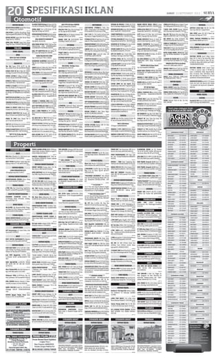 JUMAT, 13 SEPTEMBER 201320
SURABAYA PUSAT
KOST
KOS Pria K.Mandi,Ac,Tv, S.Bed Garasi Luas,
Cuci Gratis Jl.Musi 37 70189938
994334
KOST PUTRI KmrPintu Sendiri Bgn Baru
Kalianyar Wetan I/17 Sby 08123245312
994926
RUMAH DIJUAL
J.RMHPENGAMPONGG.XI
Pengampon Gg.6 Hub:71395577
994903
RUMAH DIKONTRAKKAN
DIKONTRAKKAN RUMAH Jl.Kaca Piring
22-C 15jt/th Hub:0857.3059.6819
994894
TANAH DIJUAL
J.TNH 3Ha Real Estate/Gdng Hrg40Jt/Are
KotaMtr LombokNTB,Cepat081337255535
994929
KANTOR DIKONTRAKKAN
DSEWAKN R.KANTOR Andhika Plz
Lt1,Simpang Dukuh 38-40.Ada Smoking-
Room 5314017-19
994101
RUKO DIJUAL
DJL.KLINIK Sdg Beroperasi,Model Bangu-
nan Ruko 3Lt P15xL7 Balong Sari Tama 6C/5
081931580733/0816509811
994953
STAND DIJUAL
DIJUAL/DIKONTRAKANStandBatikLantai
2D Dalam Pasar Blauran H:081357415585
994454
SURABAYA TIMUR
APARTEMEN
APT Gunawangsa 1br Tower B Baru. Hub:
Susan 031-92100122
994751
KOST
KOST UNTUK KARYAWAN/Ti Jl.Nginden
Intan Utara No.44 Sby 08125870518
994989
RUMAH DIJUAL
RMH SIAP HUNI 7x14  5x20 (Slh 1) Mini-
malis Full Bgn Srtgs Medayu Resident-UPN 
Medayu Utr-Wonorejo 087752666641
994026
Jual RMH Ngagelrejo Lt10X15 Hook
1,1/2Lantai LB.180 suratResmi031-7142
9557
994133
RMH DIJL/KNTRK JL.KEPUTIH TIMUR8
SBY 5x25M SHM 7KT 2KM DKT ITS/UHT
72027112
994489
Merr-PDekatUPN120m2
(8x15)kamar:3+1
Bgus SHM 580jt 081 22522 6600
994471
Mulyosari 950jt 1,6M,Marina Mas 1M,
Mnyr Jy,Klampis 2,5M Susan0818 5906 09
994754
JUAL RUMAH Babatan Pantai(1,1) Mulyo-
sari(950) Sutorejo(1,55) Hub:70286538
995091
KJAYA 180/180-KrukahTmr 200/180-Gub
Airlangga 180/270 72388126/08785344
2387
994943
RUMAH Ngagel Madya Utara Dekat
St.Clara LT 243 / 215 70847844
994966
PERUM GADING INTAN BEBAS UM.Kusen
almini,Plafon 4m.Akses MERR.Fas Lkp775
67602/70808745/70392277
994873
AMERTA GREENLAND.READY STOK Be-
bas UM.Akses MERRTOL Pondok candra
77621989/71819737
994878
RUMAH DIKONTRAKKAN
DIKONT RUMAH Pucang Anom 7/53 5Kt
4Km 2Kp Grs 2Mbl Hub:08123233003
995040
OPER KONTRAK Rmh Drh Bratang-Ngagel
Sisa 20Bln,Strgs,Murah,Serius 77888209
994931
TANAH DIJUAL
CPT BU TNH SHM 10x20 S.Bangun Uruk-
PondasiOneGateSistemJln8mPutraBangsa3
MedokanAyu Nawar 350jt Kmbli 70378881
994033
DJL TNH Medokan Semampir Sltn Gg.2A
L.10x20 Hrg:3,5Jt/M2
Hub:085231190008
994913
RUKO DIJUAL
DJL Ruha Baru Jl.Wonorejo Sel I A Rkt
Lb.64M 2Kt,1Km H:8793797-087854222062
994513
RUKO DIKONTRAKKAN
DIKONTRAKKAN RUKO 2lt.Jl.Ruko Park-
way MP2/11 Pakuwon City. hub:081553903
500
994723
TEMPAT USAHA LAIN
DIKONTRAKKAN TEMPAT USAHA Uk:
3X6m, Dekat UNAIR. Serius Hub:08151 9572
695
994102
Djl tmpt usaha stategis lt240m SHM jl ry.
Kendalsari selatan 6. H:70648553.
994790
SURABAYA SELATAN
KOST
TERIMA KOST Terminal Bungurasih Parkir
Mobil 450Rb/Bln 70775544
994755
RUMAH DIJUAL
J Cpt Rmh Citra Harmoni G4-12 Pojok Lt.330
Lb.6508179315758/031-83852552
994273
JUAL CEPAT Rmh LT:10x20 LB:130 HGB,
Kendangsari Blok F/50 Hub:081233440044
994457
“GRAND JUANDA 2”SHM,UM 19Jt-An Free
Launcing031-72896676/34396080/727
26959
994433
GREEN PARK RESIDENCE.Lokasi Strategis.
Aloha,Juanda.Harga 200jt an71700002
995002
DIJUAL/DIKONTRAKKAN RUMAH
T.45(Renov) 8x12 Pondok Maritim M/20
Hub:71353695
994901
J.RMH 10x18,5 Jambangan Baru 3/3 (Ke-
tintang) Fas Lngkp SHGB 03170078661 TP
994842
SWAN REGENCY Sedati 120M2
Renov 3Kt
MinimalisJl.Kmbr72541824/081330436429
994897
DIJUAL RUMAH Jl Semangka 7 PCI Lt 90
Hub:031-70999940
994962
RUMAH DIKONTRAKKAN
DIKONT RMH Permata Gedangan 2Lt 4Kt
1Km Free Ac Kulkas dll Hrg Ng 70057785
992123
Dikont Rmh LantaiBawah 3th Jl.Sidosermo
IndahRaya24 H:P.Ruslan081332929989
994491
DIKONT.RMH Dkt Masjid 4KT 2KM S.Pakai
,Palem Utr II/ME17 P.Candra081837 4324
994588
KONTRKRMH12jt/thLokTamanWaruPer-
mai A80 Garasi,6KT,2KM H:081216585275
994833
TANAH DIJUAL
DIJUAL KAVLING Ds.Dukuh tengah-sedati
Bs Cash/Kredit70787364/081231342939.
994767
TNH KAVLING Gedangan,SHM Bisa Kredit
Hub:031-72917383,88275171,081333020
706
994900
GUDANG
*** JUAL GUDANG *** Siap Pakai 20X45,
lokasi Tambak Sumur Hub. 031-5620255
994763
TOKO DIJUAL
JUAL TOKO/STAN Di Psr Surya Bratang
5Stan Uk.3,5mx3m2
@ H.60Jt Ng 0317245
0444/085852246783
994596
STAND DIKONTRAKKAN
DIKONT/KRJSM PUJASERA LT.II 13x26
RY GEDANGAN SDA031-8012948 /08785
3556 788
995012
SURABAYA BARAT
KOST
KOS SUTRI 4x5m PntSdrKmDlm 600rb
PakisTirtosari 17/34 M.Sungkono088150
58009
994638
BARUGRANDROYALELITE
Kamar MewahLengkap0315624577
995073
RUMAH DIJUAL
PURIASTAT5054SoftCash
12xT36Lt112angs725Rb-anbsASABRILok
400m dr Jln Raya0315450433-5
994553
DIJUAL RMH T36 SHM Siap Huni Kotabaru
Driyorejo 03181126346-77429226
994530
RMH Pjok T36 Lt177,SHM GKB Dryo rejo,
strtgis 200JtNg TP081515151656 /8490
418
994680
SIMPANG DARMO PERMAI SLTN LT.9x15
4Kt,4Km,SHM,2Lt081330959551/08785
2210102
994706
J.RMH TOKO 2Lt,Lt72/135 Pondok Benowo
Indah DD-03  Z-14 @225Jt 88000986
994772
BUNGARESIDENCEMengantiNolJalanSiap
Huni Agus70749989 Ambio77956798
995039
J.RMH11x14DktMsjdKebraonIndahPermai
E-17082140906363-081333075898Lsg
995051
RMH POJOK Jl.Mutiara 6/02 Lb.54/210 Kota
Baru Driyorejo Jl.Kembar 410JtNego Bisa TT
Mobil Hub:081216105117
994927
RMH SIAP HUNI L:10x15M2
LokTandes 2Kt
BebasBanjirHrgNego71567789/71225398
994912
TANAH DIJUAL
JUAL TANAH 8x20=160 120Jt Lok Bringin
Sambikerep Hub:Pak Tris 081230496153
991889
TANAH SHM 280m2 Samping Perum Prata-
ma Hub: 0317311631/08155157169
994144
DIJUAL TANAH utk Aset Ls:4.755M2
Lokasi
Desa Gadung-Driyorejo Hub:71647788
994376
RUKO DIKONTRAKKAN
Diswkan Ruko3,5Lt di G-Walk Citraland cck
u/kntor dll:Bu melia 081235111900
994463
SURABAYA UTARA
KOST
TRM KOS BsU/Usaha/Tinggal Jl.Ry Kremban-
ganBrt 83573655/081330971460 No.SMS
994915
MALANG
APARTEMEN
DISEWAKAN APARTEMEN Sukarno
Hatta Lantai 12 Eksekutif Komplit 0341-
7757134
993879
KOST
TRIMAKOS NYAMAN Tng Km Dlm Lesan-
puro Blkg Masjid Alhafez 300Rb08133313
5880
994818
RUMAH DIJUAL
Dijual Cpt Rumah LT225/LB125 di Kwsan
Wisnu Wardana Hub: 082230925427
993661
J.TNH/BGNN Lt/Lb364 Dpn Psr Batu Dpn
Blkg Jl Ry Cck Bisnis Hg2,5M 574777
/08233540 8221
993773
*MULYOREJO RESIDENCE* Rmh Mewah
Strgs Tgh Kota Malang Hrg.200jtan UM1=5jt.
One Gate0341-2307686,2307685, 2307
672
993832
***KCLUSTER***
Lok Jl Poros Dkt Kmps,Psr,Dlewati Angkot,
BsJamsostek,UM1 5Jt Disc.10Jt,Bns BB CDMA
Pgr9555147,7772879,9496064
993860
***NEWMULYOREJOASRI***
Lok Dkt Kmps,MOG,Matos,BsJamsostek,UM1
5Jt Disc.10Jt,Bnus BB CDMA,Hrg 150Jtan7
770229,081331922880
993863
DJL CPT Rmh Lt±300m 4Kt 1Gdg 3Km
Hub03417374185 Jl.D.Maninjau Raya Swjr
994003
PERMATA ROYAL Garden Tp36/72 160jtan
Dkt Sawojajar Pinggir Jl.Raya 5455020
994004
JUAL RMH127m2
ShmJl.TitanAsri7/D65Kt/
3Km/Grsi/Pam Tgk2081234111570/670
994006
OPERKONTRAKRmhDaerahSwjjr,9Bln(8jt
Ng).Hub:08170970168/082.111.000.789
994082
RMH BlkgPOM LOWOKDORO+TNH Ad-
aBGN BlmJadi Ls165 Jl.KebenIIC+703883
6/7705130
994176
RUMAH BARU Blkg UNIBRAW LT.110 Hrg.
600JtNEGO 0341-9340055 / 08129489
4624
994178
PERUMAHAN DIKOTA HRG Mulai 192Jt,
Disc.Menarik, UM Bs Diatur 0341-7836573
994183
RMH SWJJR S.HUNI Dkt POM Bsn Sulfat
LT154 LB170 4KT2KM9796509/ 0823380
46699
994212
Rmh Tnh Agung View T.36/98 SHM KPR
Free Design 225jt Ng 081235008789
994196
LETJEN SUTOYO Town House Pst Kota Dpt-
kn Diskon Lstrk Bwh Tnh BbsPjk7560432
994313
RUMAHTINGKATMewahLT210LB370dari
JlnSuhat300mSHMHub:0811369212(TP)
994395
KARANGPLOSO VIEWUM9Jtan(BsBAPER-
TARUMASABRIJAMSOSTEK)AngsKPR500Rb-
nFLAT0341-7363685/08563566880/
081359100671
994423
***PERMATAGADING***
LokKota,SHM,PDAM DktSMPN10,GorKenA
rok,Trminal,PstPerkantoran UM1 5Jt Dis-
c10Jt0341-7013725,9711127,9871161
994440
PERUMAHANPARANGARGOREGENCY
RMH Type.40 DP:6.5jt Wagir Malang Dkt
Alun2
0341-5352331 /081231779695
/083 830219316 /082230952959 /0852570
3329 /089677467045 /0898393 7474
994644
BARU SIAP Huni Murah 3Kmr Lantai Granit
Arjosari Lb75 Lt146 085755558333
994623
RMHJL.SelorejoLt/b194m6Kt1KmGudang
Tlgmas Lb400m 081230275976/7076761
994734
DIJUAL SGR Tnh SHM Dkt Std Knjruhan
Kpjen LT853m2 03419006069/393674
994737
ARJOSARI,MANDARRegencyT45/100285jt
T125/155 Pgr Jln Ry 675jt085234343566
994691
PERUM DKT Unit Kanjuruhan SHM Cck u/
Kos2an Stok Terbts 4453542/4493724
994812
PRUM PANDANWANGI SHM Angs 1,6Jt/
Bln Stok Trbts7034486/081334680355/
4453542
994813
RUMAH + TOKO Dekat Sengkaling Batu
SHM8x193KT,2KM,RK,RT081252631973
994834
DIJUAL RMH 3LT,PBI G1 No.3 Araya LT161/
LB240 H(0341)2866351 / 085731009360
994840
RMH DKT UNBRAW S.HattaDlm LT139
LB80 SHM 2KT1KM,Carpot7719173/0818
050 16070
994854
RUMAH DIKONTRAKKAN
DIKONT.RMHJl.AngklungD1/08TglWulung
Mlng Hub:8146900/087859296567 H.6jt
994305
DIKONTRAKKAN RUMAH Jl.Mundu L:415
LB:250 3KT,2KM,1KP,1 Gudang 0821
83602888
994948
TANAH DIJUAL
Dijual Tanah  Bangunan di Jln.Raya
Kepanjen,Lebar dpn 35m 08113644227
993659
TANAH KAV Lt 197M2
Kebonagung Be-
lakang Penamas Malang Hub 085648472112
993989
JUAL TANAH/RUMAH LS: 1100M2 (SHM)
Polowijen ll/10. hubungi: 081330443705 .
994132
KRDT KAV Sedrhna 6x12 DiPakisaji Gg.1
DP.3Jt Angs.550x36(Jl 2m)0341-8604822
994185
J.TNH KAVKrgploso PggrJln 100m2
UM25Jt
1,2Jtx36Bln085791112039/08113030559
994213
BU Tnh+Kbn 3900m 210jt Tp Jl.Aspal Lok.
Villa Kab.Mlg Cck Invest/Ky08885559590
994204
J.TNH SHMAn.sndri sebrangPlazaARAYA
mlg PanjiSuroso1347m2
(29x46,5)2jt/m2

08121629739 NoSMS
994466
J.TNHJantungKotaLT.187m2Jl.KeludPerum
Baiti Hrg 600Jt Nego08170472499
994815
DJL SGR Tnh SHM LT653m2 Kolam Ikan
LK200m2 Total LT853m2 Lok.Dkt Stdion
Kpjen0341-9006069/393674
994820
LT1600M2
SHM Hamid Rusdi Gg2 LbrJln6M
Rp.1,5Jt/m2
BisaSebagian0341-9153133
994883
GUDANG
ERAJATIMBOARHRatna08113520163,Ry
Karanglo,T2ha,Nol Jln,Cck U/Pbrk,Gdng
993676
RUKO DIKONTRAKKAN
Diktrkn RUKO 3Lt Jl.Gatot Subroto Dpn Dlr
Suzuki Strategis 7674209/6000000
994073
TOKO DIJUAL
DIJUAL CEPAT MURAH Toko 3x8 Pasar Wi-
sata Kepuharjo Hub0341-7757134 Cpt Dpt
993859
SIDOARJO
RUMAH DIJUAL
Rmh6x14 T36 Hny125jt Gebang Lingkar
Tmr Rmh8x18 T72 Kahuripan 08880
3119066
994508
J.RMH PURI BAGUS T.36 Lt.90m Krian
RenovBisaOper88jt031-31282288CptBU
994485
Taman Pinang Indah Blok H1 4Kt 2Km
LT.243 LB.100 Hub:Susan 031-92100122
994758
B.U J.MURAH PUTRI JUANDA 200JTAN
NEGO DITEMPAT FULL BGNAN HUB:0812
3535 208
994770
FLAMBOYAN INSIDE Lks Brt Skodono
T36+45 DP 5Jt KPR 1,5Jt/Bln SHM Atap Gal-
valm Kusen Almni Plfn 4M’ 72379328
994861
JUAL RMH TAS II Lt.90M2
Lb.100M2
4Kt,2Km
PLN 1300,PDAM,Garasi 081235688015
994892
RMH PEJAYA Anugrah Q-18 Renov T.54
LT.153 4KT 2KM Garasi Hub:0821 3269 6556
994986
RMH PEJAYA Anugrah Q-18 Renov T.54
LT.153 4KT 2KM Garasi Hub:0821 3269 6556
994991
TANAH DIJUAL
** Jual TANAH POJOK 126m2 BCF ** S.
AnggunSDAOneGates.08814300173CPT
994682
*GRIYA7RAHMAT*Djltnhkebonsiapbngn
SAMBIBULU TAMAN SDA 32x65=Rp805jt bs
diangsur SHM 72629063/087754229545
995019
GUDANG
DIKONT GDG 160Jt/Th Min.5Th Lt.160m2
Lb.900m2
Lok Trosobo SDA 085330000
423
994768
PROBOLINGGO
J.RMH SHM L480m2
Kec.Babian
Jl.Sirmasanan 436 Probolinggo;Suci0812
33741525
994797
PASURUAN
J.Cpt(BU) Lt4.233M2 SHM jl Aspal/Per
3an.125Rb/M NG/Durian/Kopi/Jabon Smbr
Rejo/Sengon-Purwosari081332600282TP
994669
GRESIK
JUAL TNH5x12PerumDktTerminalBunder
UM.10Jt Angs.500Rb 082230722226
994165
PT SMR J.Kav+Rmh SHM Pcah C/k DpRgan
DktTolSumo70636775/70999548/81458026
994447
JUAL RUMAH Jl.Surakarta 5/1 GKB. LT217
Pojok. H:081216205666/0817311944.
Tanpa Perantara,Lokasi Strategis GRESIK
994973
MOJOKERTO
J.Tnh SHM 500M Mjkt.Sulawesi SHM 43HA
Phn Klp/Cengkeh081230 307868 /91561
798
990721
LAMONGAN
Jual Tanah SHM 295m2
jl.simpang kusuma
bangsa Lmg.350jt(nego) 085732443784
994555
BATU
JUAL RMH LOK WISATA BUNGA Lt324,
Lb160 2kt,2km SHM adaSisaTanah
081233486418
994654
TNH KAVLING d Batu Lks Pinggir Jln.
Raya Songgoriti Cck Buat Villa,View Isti
mewa,Bisa Diangsur,Luasan min. 320m2
,
SHM7799449-6617712-7777316
994613
JUAL TANAH Dkt Bns 1Ha  Kebun Apel di
Batu 1,8Ha Nego Hub:085649201180
994705
LAWANG
J.RMH Lok.Prm Griya Husada/BTN Sertiﬁkat
150JtNg082230234247/081703658574
994898
PANDAAN
TNH 4850M2
Tepi Jln Ry Pandaan, SHM 
081703516588/081235767746ADAMATAAIR
994093
SULAWESI
DjlPrmDiMaros-Makasar,Lt.2Ha,AdaRmh
T38 20unit Take Over 8M088803119066
994749
MOTOR DICARI
DICARISEGALAMERKSepedaMotorHarga
O.K.E Hubungi: (031) 72009479 .
991355
SIFA MTOR Cri SpdMtor HargaHarga Tinggi
SiapDatang087852608291-03178627106
993949
DICARI MOTOR Segala Merk Berani Harga
Tinggi Hub:031-70800332
994251
ANDA JUAL MOTOR? Segala Merk Harga
Tinggi Hub Sinyo 78168081/085648278351
994459
MALANG
MOBIL DIJUAL
BMW
BMW318iTH97ISTIMEWA
Trawat Silver 65Jt082335571999
994414
DAIHATSU
Opr Krd Espass PU’06 AC/TP Dp 18Jt
Ags.1,468jt/3th Jln 5bln 9006069/397827
993662
ESPASS PICK UP 04 (S-Mjkt) BU CEPAT!!!
41Jt Nego Puol 9174741/081333294667
993704
ESPASS ASTRA’95 Sliding Ac/Tp/Vr Full
Ors Istw Skl 2120246/085732508064
993800
ESPASS1.3“96SilverIstw43,5Jt:Jl.RayaJanti
Barat74433911 / 081945551422
993877
ESPASS 1.6 AcDbl Tp Vr 05 Ors Istw Ban 4
Baru H JL.Masjid 115 PsrSingosari BU
994134
PRMOXENIAAng1.6JtnTERIOSAng1.8Jtn,
PU DP10Jtn DP MRH081252172926/8612
990
994226
BODYTECH 94 ASTREA Tape,Ban+Knalpot
Baru Noka Ada 28,5Jt 0341-755 6575
994182
TARUNAFGZEFI01(Asli-N)Tg1SilverACDb/
VR/PW/PS/CL/EM08155517899/7016888
994215
XENIA Xi SPORTY 2010 Merah Maroon
Hub(0341)7474310 / 081 944 861 984
994223
DAIHATSU BODYTECH 94 Standart (AG-
Blitar)VR,MesinEnak26JtNEGOH7565668
994222
XENIA Th 2005 Silver Manual Plat B
an.PT,70jt Hub: 0341495728
994209
TAFT GT4x4’90HitamOriL/dIstmwAc/Tp/
Cd/Vr (N) 73Ng Hub:03419203938
994345
ZEBRA 94 BODYTECH (N-BATU)AC/TP/Dbl
32,5JtNEGO 4479921 / 087701543334
994419
TAFTGT91(S)Abu-AbuMet
Kondisi Bagus0341-9250 445
994437
ALLNEWTERIOSAirbagLbhSporty,BeThe
First,RIO-ASTRA081234501807/2801999
994731
ZEBRA BODY Tech 1.0’90 N-Kota VR 16Jt
Nego Hijet’86 Nego 7343678
994810
MURAHDAIHATSUFAIRDipilihXeniaAng-
suran 1,8Jtan / DP19Jtan(0341)2384414
994881
JUALDAIHATSUCHARADE79
Hub 081.334.556.926
994830
NEW XENIA DP18Jt,TERIOS 20Jt,Gran Max
MB15Jt,PickUp 10,5Jt H:HENDRIK0821
31930990/9572750/PIN BB 21DDF347
994835
JUAL CPT BODYTECH 93 (AE) Sliding TP/
VR Trawat 28Jt Hub0341-9534999
994852
XENIADELUXEPLUS2008
Tgn-1 N-KOTA 7777870 / 558029
994863
GRANDMAX BLINDVAN 11(Pmk)Ptih (N-
Mlg) Tg1 Istw TotBayar10Jt Ang2Jtx47 777
9928
994869
ZBR93 Bodytech Sliding Biru Met Mulus Bd
Kaleng Pjk Pnjg 32 Nego 8690818
994925
JUAL XENIA R 2012 Hitam Km10.000 Pajak
Panjang Rp146jt Hub:08885844122
994988
FORD
FORDRANGERXLT2005Turbo
VR22 (Asli-N-Tgn1)082335571999
994413
HONDA
ODYSSEY ABSOLUTE Plus CBU Silver Th
2007PajakPanjangIstimewa082333182333
993696
ALLNEW CIVIC 07Htm1800cc N-KT Tg1 AT
KM30RbPjkBln8 197,5Jt Ors087861178
599
993854
STREAM 1.7 MANUAL 2004 IstSkl Asli-N
140Jt:RyJantiBrt74433911/081945551422
993888
JAZZTRIPTONIK(AT)2005IstwSkl122Jt:
RyaJantiBrt74433911 / 081945551422
993874
JAZZ S 2008 PMK09Pink MT 150JtNg+
JAZZ2005ATHtm70JtNgOprKrd08133446
4844
993873
ALL NEW CRV 2.4 “08 PUTIH Full Ori Low
KM ISTIMEWA Nego 0856 4826 5354
993878
FERIO 97 PUTIH ISTIMEWA Siap Pakai Ban
90% Mesin Prima NEGO (0341) 7011999
993871
CRV’01 Tgn1 OrsCat L/DIntr Antik  NEW
ACCORD’04 AT VTIL Slver08123072112
993963
NEW ACCORD ‘04 AT VTIL 100% Ors Jok
Kulit Antik Spt Baru 08123072112
994106
JAZZVTEC06SilverMANUAL
(N-Tgn1) Hub(0341) 8936439
994219
CIELO’96 VTEC Hijau Met kond.bagus full-
var 76jt nego  081233746888
994562
HONDA JAZZ idsi 04 Manual Istimewa TDP
20Jt,Angs 2,997x47 7330921
994609
GRAND CIVIC 90 AC/CD/VR/EM Matic
49,5JtNego H:085.3352.310.67
994871
HYUNDAI
i-20 1.4 SG Sunroof Airbag Rem ABS EBD’10
MT Pth RtCdVr16 SptBr03412164777
993904
TRAJET 2000 Biru Metalik (N) MT Original
 (0341) 548 3232
994307
HYUNDAISANTAFE 2001 IstimewaSekali
N-Tgn1 Nopol Cantik 082 3355 71 999
994412
ISUZU
NEWROYAL“00HijauTosca
(N) Hub(0341) 8936 439
994221
PANTHER 2.3 Th96 AE-Ponorogo AC Dobel
VR CL 68Jt Nego 081945745699
994401
JSlh1PANTHERGRANDEXECUTIVE93;Pth
GRANDRoyal97H0341-7711165/9988737
994449
TOURING’04A/T(N)IritMulusGPakePegal2
Tinggal Pakai 145jt085790857983
994606
PANTHER Hi-Sporty’97 Abu2
AC/Tape/Me-
sin OK Ori L/D 75Jt/Nego 0341-4440950
994607
PANTHER ROYAL’97 Biru Met FullVar Ac
Dbl 71Ng N-Kota Hub:085257811052
994762
PANTHER NEW HIGRADE 98N-Mlg Mrh-
Met Ors ACDb/TP/VR/PW IstSkl TDP30Jt
5432 345
994876
KIA
J.CARNIVAL Sedona’03 Diesel Turbo,Inter
Cooler,Tgn 1 (N) Krem Met 7007999
994803
MAZDA
MAZDA BT “09 4x4 SILVER(KT) Bagus Mu-
lusBanBaruTrawatNego081.233.012.330
993892
MAZDA ELITE’88 Ori L/D Srt Pjg Brg Bagus
32jt Nego Hub: 0341 - 9484130
994403
MAZDA’89 Europe 626(N)PW PS AC VR RT
EM SpidoDgtl PjkBr’2013 19jt/Ng7553691
994616
MAZDA VANTREN Th97 Biru (N) Cat Bagus
Siap Pakai Hrg 33Jt 0341-9506969
994741
CPT MAZDA FAMILIA 97 Biru Metalik Ori
L/D 61JtNego081.233.976.441
994827
MITSUBISHI
J.MITSUBISHI ETERNA’89 Putih Istw
DOHC + Grand Livina 1,5 AT Ultimate’10 Abu2
KM19rb485047,Jl.Letj.Sutoyo 91Mlg
994211
COLT T120 ‘81 STW Tg1(N) OrsTotal Antk
Brg Simpnan Tinggal Pkai08123072112
994567
ETERNA GTi’93 (N) Pajak Baru Ori Luar Dlm
Audio R17 Mesin Sip(0341)7007710
994394
PROMODPMURAHT120SS,L300,ColtDieselBu
nga0%BrgReady8667576/081231830770
994436
LANCER SL’82 Htm Met N-Kt Pjk Pjg/TP/
VR16 Siap Pke 25Jt Ng 081333610544
994739
MITSUBISHI NEW Lancer’04 Silver KM
52.000 Mulus 08123301591
994807
L300PU84SOLAR(N)H:Sukiyan/PabrikTa-
hu Jl.NgamartoSel RT6 RW708523349022
994838
PAJERO,OUTLANDERPromoBgRendahDp
Mulai 100jt,Mirage Ang.2jt081251122817
994885
NISSAN
INFORMASI Pembelian Nissan Mlg Dimas/
dmzrspt 082131941595/081805016845
991598
UNIT READY  Diskon Besar Utk Mobil Nis-
san Hub: Adit 085330626633
993650
SERENA C25 BUILTUP 2008 Silver Milik-
Pribadi Istimewa Sekali082 333 182 333
993695
NISSAN LIVINA’08 Xr Manual Plat AD/Std
Hitam Ex Dokter 0341-7054054/470043
993812
NASSAN MALANG-Promo September 2013
DiscHargaMenarik,Tommy03418174050
994070
DISKON NISSAN Terbesar.Hub: Dhika 
081233679303, Free Asecoris GL,March dll
994072
SEPTHUJANDISCOUNNisanMarch,Juke,GL
ivina,XTrail DP Rgn READY081334350700
994154
NISSANTERANOKingroadsK12003HtmN
No.Ctk,Ban Baru Istimewa081233068889
994614
NISSAN XTRAIL’03 Metic Hitam Bagus
03417353389/085234300070
994808
READYALLNEWGrandLivinaAngs3Jtan
All Colour Info Hub:TEJO081234838157
994882
SUZUKI
SUZUKI FUTURA Realvan DRV 09 (74jt)
4444435-081333479930
993702
KARIMUN 2001 Hitam (N-Kota) Pajak Baru
Bln.9 Hub:(0341)2120019/087859164588
993781
FUTURAPICKUP1.52011N-Tgn1PutihMsh
PlastiknSptBaruJrgPake08123304554
993857
KATANA 86 MERAH(S-TUBAN) AC/TP/VR
BanExt.Grip,BagusHrgNgoCpt0341-7316838
993893
KATANAGX95(AG)Istmw54Jt:Jl.RayaJanti
Barat 7 4433911 / 081945551422
993886
CARRYTROPER99Istimewa(N)48Jt:Jl.Raya
JantiBarat 74433911 / 081945551422
993881
FUTURA REALVAN 97 Hitam N Istw 54Jt:
RayaJantiBarat74433911/081945551422
993885
KARIMUN GX ‘05 Hitam Ors Istw AcTpVr
Rmt H JL.Masjid 115 Psr Singosari BU .
994135
SUZUKI AERIO 03 Hitam Plat N Istimewa
Rp.90JtNEGO Hub0341-9755 824
994184
APV 06 SILVER Tgn1 Trawat Mulus Skali
TotalBayar 15Jt Angs.2,2Jtx477779928
994191
ESCUDO 1600cc 04 Biru OriTot,DVD+TV
BagusSkli.Tot DP14Jt Angs3Jtx477779928
994193
J.SUZUKISWIFT’10ATHtm(S)PjkThnDpn
(133jt) 085.640.840.088
994200
KATANA GX 97 Hitam N-Kota PjkBr VR AC
PS CL Audio Ori Lr Dlm Istw 7553359
994214
SUZUKI PICKUP ST20’83 Antik N-Kab Pjk
Pjg 4Ban Bgs BdyKlg 16,5jt/Ng9392448
994311
CARRY EXTRA 1.0 VR’89 Cakram 6Speed
Pjk Pjg S.Lr Kota 23Jt Ng 085815528280
994398
SUZUKI JIMNY 82 4x4 Ban31 ACDgn
Jl.KapiPramuja2Blok18A/27Swjjr27325799
994417
KATANAGX95PUTIHIstwOriCatManual-
Book Kunci Serep Lengkap0341-9047369
994434
KARIMUN DX 2001 Biru 72jt Nego Pjk Pan-
jang Hub:081319406581/03417352900
994600
SUZUKI FUTURA PU 1.5 TH2008 Warna
Biru Tgn1 (Asli-N) H(0341)900 6409
994836
J.SLH1X-OVER08HtmIstwTgn1+AVANZA
G 09 Silver Manual Istw7568898 TdkSMS
994849
SIDEKICKJLX’96N-MlgKotaAnSendiri76jt
Istimewa 081615856408 Tp
994872
TOYOTA
LGX’98 Disel Abu2
Kera AnSndri N-Kota Pjk
Br Sep Ist/Mulus7644495/472974 Tp
993774
VIOSG2005Hitam
N Tangan 1 08885880500
993827
AVANZA G VVTi 2007(N)MrhMet Orgnal
FullVarSgtBgsTrwt7610450/082333511945
993855
INNOVA G EURO 2007 BENSIN Istw Hitam
172Jt:RyJantiBrt74433911/081945551422
993882
KIJANG KRISTA DIESEL 2001(N) Istmw
118Jt:RyJantiBrt74433911/081945551422
993880
COROLLAALLNEW1.6”97Istimewa73,5Jt:
RayaJantiBrt74433911 / 081945551422
993875
J.CPT Avanza G’10 Silver Tgn1 dr Br Istmw
skli(AG-T.Agung)136jt Hub:2402000
993853
KIJANG KRISTA’97 Bensin (L) Antik Ter-
awat AC Dobel Pajak Baru 0341-2164777
993900
KIJANG STATION’90 Short-6speed-N Hi
jau,ACdbl,TPPjBru41jtNg081335838787
994086
ToyotaRUSHth2011,merah,matic,nopol
N tng 1,km sdikit.Hub:03417638888.
994141
KRISTA DSL th’99 (N-Kt) Hijau, AC-dbl/Vr/
Cd Istimewa. T. 7699845 .
994161
ALL NEW AVANZA Angs.95Rb-an/hr NEW
INNOVA,NEW RUSH Ready Stock0341-
7702442
994186
TOYOTAVIOS03SilverPlatN
Rp.115Jt Hub081334988968
994187
READY NEW TOYOTA INNOVA FORTUNER
RUSHAGYA BsTTSglMerk8690050/ 081
23 5505684
994197
AVANZA G 2006 HITAM (N) Tgn1 BPKB
Lama Pjk Baru Hub0838-5709-0507
994216
KIJANG LGXDiesel2000FulvarACAudioTV
Kond.Ist 0341-5365599
994190
DP10jtDptAgiya
Tipe Lain 9068600/081334233845
994205
COROLA TWINCAM 90Istw Htm(L) ACDg,
VR,TV,DVD,Miror 55Jt9058516/0852334
72342
994208
TOYOTA NEW Corolla SEG 2000 Matic Plat
AG (80Jt) 4444435-0817535674
994300
AVANZA G2008Abu2
AcDblPsVrIstimewa
Ors Pjk Baru Tv 132jt Hub:8103014
994326
COROLLATWINCAM’89Mulus,Ors,SngtBa-
gus Istw.Khus yg Cr Mobil Bgus 7700994
994393
KJG GRAND’93 Long Abu2
N-Kt PjkBr F.Var
Istw AC/TP/PW 081217882609/2242086
994397
STARLET 96 Turbo Silver Brg Istmw VR
Baru Bagus  082 334 95 1166
994407
KIJANGDSLPICKUP2003N-Tg1HtmOriJrg-
Pake AC BgsTrwt7610450/08123304554
994410
STARLET 1.3 “90 CoklatMet Klg Ori ACDgn
PanelNormalSmua Istw 48,5Jt7311222
994420
GREAT COROLLA 94 Putih AC/VR Full Au-
dio Istimewa Plat (N) Hub7006700
994428
COROLLA GL 84 (L)Interior Original Trawat
Skli 29JtNego9195246/081233233 700
994430
T.WISH 2005 SILVER Barang Istimewa
(Asli-N) Jarang Pakai Hub081 136 9212
994432
Kjg LGX “03 Bensin Biru Istw Nopol Pan-
jang.Perum BMR M5/6 T7777750 TDK SMS
994442
KJG SPR’87 Biru N-Kab Ac/Dvd/Vr 38jt
Hub:03419029456/082142619922 Tp
994400
COROLLA TWINCAM’87 Merah Ac,Rt,Vr SE
I.6 Bagus Hub:7017355/0818380331
994411
VIOS G’05MTNTgn1HtmMetPjkBln3Inte-
rior Ori Istw Hrg Nego BU 7701150
994604
RUSH 07AKH MODEL 2013HITAM Super
Istw (N) KM35Rb RekordAstra 157,5Jt7022
899
994857
T.CROWN 90 SILVER MET (N) ACDbl/PW/
TP/Ori Siap Pakai 32Jt H081 333 770 345
994860
AVANZAG04ISTWServiceRutin
Perum PCP 1/BB16 811 8269 TP
994862
INNOVA ‘2005 Manual 124Jt Tgn1 Pjk Baru
Orsinil Terawat Sekali081331177889
994965
MOBIL DISEWAKAN
EAGLE: Avanz 225Rb,Inov 325Rb,Juanda-
Sby 300Rb 556 600 / 7308 111
994076
MOTOR DIJUAL
HONDA
OBRAL KREDIT Honda Baru DP1jt,Beat F1
dll5191333/087759903888Malang(Trbts)
993658
HONDA SUPRA X125cc2013 Tgn1(N-KOTA)
Mulus15JtNEGOBU:UMAR082143018419
994271
VESPA
VESPA Eksklusif Th96 Ori Biru Tua Hub:
0341-5404405
994824
YAMAHA
JUPITER Z 2010=10Jt, MIO 08=7,7Jt, MIO
2010=9Jt, REVO 09=7,5Jt7676072
994217
JUAL CEPAT Jupiter MX CW’13 Merah Sgt
Istimewa 15jt Nego 7777207
994312
OBRAL YAMAHA DP800Rb/Angs NEGO
Hub:YAMAHA DINOYO 7712177
994450
MOTOR LAIN-LAIN
VIVA GEROBAK 2004 Rantai Siap Pakai 6jt
 7670 556 (stlh jam 12)
993779
SHOWROOM
MUSTIKA MOTOR Sport!! (Ninja Series)
Ninja 250 F1 Putih’13 Spt Baru(53Jt); Ninja
250 Karbu Merah’10(44,5); Ninja 250 Kar-
bu’09(42,9); Ninja KRR’10(28,8) 7718827
/334846/089635036999
994405
MUSTIKA HONDA Bebek Series!! Supra
X Helm In 12(12,5); Supra X DD’10(11,3);
Supra X DD’08(9,9); Blade Repsol’10(8,9);
Revo Fit’11(8,5); Revo ABS’10(8,1); Revo
ABS CW’10(8,8); Fit X’08(6,8); Fit S’07(5,9)
2844041/331830/085238930538
994406
HIDAYAHDP400RbSupraX125=353Smash
CW10=319 Fit07=303 Revo10=363 FitX08
=319 Revo08=330 SkyDrve10=3630341-
8669766
994446
KEDIRI
MOBIL DIJUAL
SUZUKI
Suzuki/St150FuturaTh2001/1493merah
mtlik H 55Jt nego Hub 08885565951
994859
SPESIFIKASI IKLAN
SURABAYA SELATAN
KOST
KOS2 AN . . . . . . . . . . . . . . . . . .
. . 1X25
994634
SURABAYA UTARA
TANAH DIJUAL
TANAH . . .. . . . . . . . . . . . .. .. .
. . . 1X25
994639
SIDOARJO
RUMAH DIJUAL
PROMO POJOK - MBS . . . . .. .. . . .
. . . . 1X25
994295
SURABAYA BARAT
RUMAH DIJUAL
OMA INDAH MENGANTI . . . .. . . . . . . . . AUTO-
PRO
994071
SURABAYA BARAT
RUMAH DIJUAL
AUTOPRO PERUMAHAN BERSUSIDI . . . . . . . .
..1X40.... ...
994294
SURABAYA BARAT
RUMAH DIJUAL
PERUM THE QEEN . . . . .. . . . .. .. . . . . .AU-
TOPRO
994686
PANDAAN
RUMAH DIJUAL
OMA INDAH KAPUK . . .. . . . . . . . . . . . . . . AU-
TOPRO
994074
OMA INDAH MENGANTI, Launching T.24 Kre-
atif, Angs Murah Bersubsidi, Diskon DP,Jring
PDAM Hub: 031-5669555, 71378802,
081555920335, 70894008, 34194942
PERUMAHAN BERSUBSIDI TYPE 36 LT. 94.5
BONUS PAGAR, NOL. JALAN PROVINSI
HUB : 031-70058423, 70577892, 72775214
OMA INDAH MENGANTI, Launching T.24 Kre-
atif, Angs Murah Bersubsidi, Diskon DP,Jring
PDAM Hub: 031-5669555, 71378802,
081555920335, 70894008, 34194942
HARGA PROMOPerumTheQuenResT.30UM.
15Jtan Angs.470Rb Flat,Stok Trbts H: 031-
71612920,70370595,71538744,34659268
 