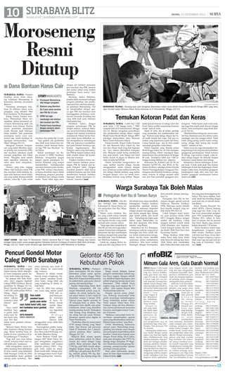 10 SURABAYA BLITZ

SENIN, 23 DESEMBER 2013

surya.co.id | surabaya.tribunnews.com

Moroseneng
Resmi
Ditutup
■ Dana Bantuan Harus Cair
surabaya, surya - Pemkot
Surabaya secara resmi menutup Lokalisasi Moroseneng di
Kelurahan Sememi, kecamatan
Benowo.
Peresmian penutupan lokalisasi itu dikemas dalam acara
pengajian yang dihadiri Wali
Kota Surabaya, Tri Rismaharini.
Kabag Humas Pemkot Surabaya, Muhammad Fikser mengatakan, dalam peresmian penutupan Moroseneng tidak ada
kemasan acara khusus. Karena
proses peresmian penutupan
sudah dimulai sejak beberapa
bulan terakhir. Jadi peresmian
penutupan hanya acara seremonial saja, untuk tindakan dilapangan menyesuaikan, kata
Fikser, Minggu (22/12).
Mengenai bantuan kompensasi yang bakal diberikan kepada pekerja seks komersila (PSK)
dan mucikari, pihaknya masih
menanti penjelasan dari Dinas
Sosial. Mungkin nanti setelah
kami dapatkan informasi tersebut akan kami sampaikan,
ucapnya.
Namun yang jelas, ungkap
Fikser, nilai bantuan untuk PSK
dan mucikari tidak berbeda dengan nilai bantuan untuk lokalisasi yang sudah ditutup terlebih
dahulu, yakni Rp 5 juta untuk

storyhighlights
■ Penutupan Moroseneng
diisi dengan pengajian.
■ Bantuan yang diberikan
Rp 5 juta untuk mucikari
dan PSK Rp 2,5 juta.
■ DPRD tak ingin
mendengar ada keluhan
dari mucikari dan PSK.
■ Pemkot harus koordinasi
dengan pemprov dalam
pemulangan PSK.
mucikari dan sekitar Rp 2,5 juta.
Tapi apakah ada perubahan
atau tidak kami belum bisa memastikan untuk besaran bantuan bagi PSK dan Mucikari, tutur Fikser.
Terkait penutupan ini, Ketua Komisi D DPRD Surabaya,
Baktiono, mengatakan jangan
sampai seperti penutupan Lokalisasi Klakarejo yang sempat
menimbulkan ketidakpastian
soal dana bantuan pada mucikari dan PSK. Artinya, dana bantuan harus dicairkan segera untuk
mendukung program penutupan lokalisasi dan sebagai modal
usaha. Kami tidak ingin men-

dengar ada keluhan persoalan
dari mucikari dan PSK, pemkot
dan semua pihak yang terlibat
penutupan harus serius, kata
Baktiono.
Memang, diakui Baktiono,
pemkot telah membuat berbagai
program pelatihan dan pembinaan jauh hari sebelum peresmian penutuan Moroseneng. Hal
itu dimaksudkan sebagai upaya agar PSK dan mucikari mau
meninggalkan profesinya tersebut dan berusaha di bidang lain
yang lebih baik serta diterima
masyarakat luas.
Demikian halnya dengan
program pemulangan PSK ke
tempat asalnya, menurut Baktiono, harus betul-betul dilakukan
dengan baik melalui koordinasi
antardaerah. Dalam hal itu Pemprov Jatim harus dilibatkan untuk memperlancar pemulangan
PSK dan bukannya membebankan pada Pemkot Surabaya saja.
Karena bagaimanapun, jika
Pemprov Jatim yang memulangkan PSK ke tempat asalnya akan
lebih mudah dalam hal koordinasi dan urusanya.
Pemkot Surabaya harus meminta bantuan tindakan pemulangan PSK ke tempat asal kepada Pemprov Jatim. Dengan
demikian pemprov tidak hanya
sediakan bantuan saja dan tidak
memberikan bantuan tindakan
lapangan dalam penutupan lokalisasi, tuturnya.	(aru)

|

SURYA/AHMAD ZAIMUL HAQ

BERSIHKAN TELINGA - Seorang anak saat telinganya dibersihkan dalam acara Bhakti Sosial Bersih-Bersih Telinga (BBT) yang sekaligus tercatat dalam Museum Rekor Dunia Indonesia di JX International, Minggu (22/12).

Temukan Kotoran Padat dan Keras
surabaya, surya - Lebih dari 1.000
anak kelas 1 SD hingga kelas 7 SMP,
tumplek blek di JX Internasional, Minggu
(22/12). Mereka mengikuti pemeriksaan
dan pembersihan telinga dalam rangka
Bhakti Sosial Bersih-Bersih Telinga (BBT)
sekaligus memecahkan rekor Museum
Rekor Dunia Indonesia (Muri).
Kakak beradik, Abqori Yudha Pratama
(9), dan Bramasta Satya Afarel (6), dua
dua dari ribuan anak yang ikut kegiatan
itu. Ayo, silakan dibersihkan telingaku
dok. Mamaku sudah sering membersihkan, pasti bersih, kata Abqori dan Farel
ketika duduk di depan dr Miatina Artisnita Arisakti SpTHT-KL.
Dokter kemudian mengawalinya dengan melihat kondisi telinga mereka
menggunakan senter khusus dengan
kaca pembesar untuk melihat kondisi dalam telinga. Setelah melihat, sang dokter
berganti dengan cotton bud untuk membersihkan kotoran yang terlihat. Bagus,

tidak banyak kotoran di telinga Qori dan
Farel. Hanya sedikit yang berupa kotoran
lunak, jelas dr Artis.
Selain dr Artis, ada 40 dokter spesialis
yang memeriksa dan membersihkan telinga. Kotoran pada telinga Abqori dan Farel masih normal dan wajar. Tadi saya temukan yang kotorannya padat dan keras.
Cukup banyak juga, ujar dr Artis sambil
menunjuk gumpalan warna hitam.
Dalam kegiatan yang dimulai pukul
08.00 hingga selesai itu, dr Artis mengaku
masing-masing dokter mendapat tugas
pemeriksaan dan pembersihan 30 hingga
40 anak. Jumlahnya lebih dari 1.000 sehingga kurang lebihnya itu, jelasnya.
Sementara itu, Kolonel Laut (K/W) dr
Sulantari SpTHT KL, dari RSAL dr Ramelan Surabaya, sekaligus Ketua Komite
Daerah Penanggulangan Gangguan Pendengaran dan Ketulian Surabaya, mengatakan, kotoran di telinga menjadi salah
satu dari lima penyebab gangguan pen-

dengaran. Tidak hanya pada anak-anak,
tapi juga bisa terjadi pada dewasa hingga
lansia, jelas perempuan yang akrab disapa dr Tari itu.
Membersihkan telinga itu, secara mandiri bisa dilakukan para ibu dalam waktu
seminggu atau dua minggu sekali. Tidak
boleh sering-sering, karena kalau seringsering, telinga akan kering dan mudah
infeksi, tambah dr Tari.
Dalam acara itu, juga disampaikan tentang berbagai hal yang bisa menyebabkan
gangguang pendengaran. Selain kotoran
di telinga, juga karena congek, yaitu infeksi telinga tengah. Ini ditandai dengan
keluarnya cairan berbau dari telinga.
Selanjutnya, karena kebisingan di tempat kerja. Untuk anak-anak bisa karena
kebisingan di mal dan lingkungan, dalam
jangka waktu lama. Kemudian gangguan
pendengaran sejak lahir atau bayi dan
terakhir gangguan pendengaran karena
lanjut usia.	(rie)

Warga Surabaya Tak Boleh Malas
■ Peringatan Hari Ibu di Taman Surya

SURYA/AHMAD ZAIMUL HAQ

JOGEt CeSAR - Wali Kota Tri Rismaharini (kanan) bersama Bos CT Corp, Chairul Tanjung (dua kanan)
berjoget Cesar dalam acara penganugrahan Pahlawan Ekonomi Surabaya di halaman Balai Kota Surabaya,
Minggu (22/12). Dalam acara tersebut juga dipamerkan ratusan UKM berpotensi di Surabaya.

Pencuri Gondol Motor
Caleg DPRD Surabaya
surabaya, surya - Saat sanya memang saya taruh di
ini pencuri motor lebih canggih teras. Selama ini aman-aman
dalam bekerja. Meski dilengka- saja, katanya.
pi kunci pengaman ganda, terBiasanya di sekitar rumah
nyata motor tetap saja hilang.
banyak warga nongkrong. NaIni dialami oleh Sefta Rudi- mun karena semalam kondianto, calon anggota legislatif sinya hujan, warga tidak ada
(caleg) DPRD Surabaya, daerah yang nongkrong di sekitar rupemilihan IV, Minggu (22/12). mah Sefta.
Motor Yamaha Mio putih nopol
Saat itu, Sefta baru pulang
L 6812 HG milik politisi PKB ini dari acara caleg sekitar pukul
hilang digon24.00 lalu sedol maling. Paperti biasa parSaya sudah
dahal cakram
kir motornya
memberi kunci
motornya telah
ganda pada motor di teras. Sedikunci gembelum masuk
saya. Selain kunci setir, saya rumah, dipasbok.
Saya sudah beri tambahan kunci gembok tikan motormemberi kun- cakram
nya digembok
ci ganda pada
cakram.
motor saya. Se- Sefta rudianto
D i d u g a
lain kunci setir, warga jambangan
pelaku sebesaya beri tamlumnya telah
bahan kunci gembok cakram, menggambar motor milik Sefta
katanya.
itu lalu beraksi.
Menurut Septa, dirinya baru
Kemungkinan pelaku mengtahu motornya hilang kemarin gunakan kunci T dan gunting
pagi. Motor tersebut biasa di- besi. Baru pukul 04.00 pagi, moparkir di teras rumahnya di Ja- tor Sefta diketahui hilang.
lan Jambangan 77 Surabaya.
Kanit Reskrim Polsek JamPagi tadi saya mau keluar bangan AKP Made Patera Nerumah, ternyata motor saya su- gara mengatakan, anggotanya
dah tidak ada, tandasnya.
telah melakukan olah tempat
Sefta mengatakan, motor ter- kejadian perkara (TKP). Angsebut memang biasa diletakkan gota kami sudah ke lokasi.
di teras rumah yang kebetulan Kami masih lidik. Diduga pelatidak berpagar. Untuk itu, Sefta ku menaggunakan kunci duplimenambahkan kunci gembok kat dan gunting besi, katanya.	
cakram pada motornya. Bia- (ook)
join facebook.com/suryaonline

surabaya, surya - Ibu-ibu
dari berbagai latar belakang
berkumpul di Taman Surya, untuk merayakan Hari Ibu, Minggu (22/12).
Dalam acara tersebut, ibuibu yang sudah sukses menjadi
pengusaha memberikan motivasi kepada ibu-ibu yang masih
merintis jalan menuju sukses.
Yang ingin kami sampaikan di
Hari Ibu ini, kita harus jaga kebersamaan. Karena hanya dengan kebersamaan kita bisa membangun
Surabaya menjadi kota yang maju
dan lebih baik, kata Tri Rismaharini, Wali Kota Surabaya.
Untuk itu, ungkap Risma, kepada para ibu yang selama ini te-

lah bekerja keras demi menafkahi
keluarganya, Pemkot Surabaya
memberikan apresiasi khusus.
Mereka di antaranya berprofesi
sebagai penjual nasi jagung, penjual dawet, penjual tape, tukang
pijat, buruh pabrik, dan buruh
cuci. Terkadang kita tidak sadar
bahwa tanpa beliau-beliau ini,
kita akan kerepotan. Kita butuh
mereka, ucap Risma.
Sementara itu, Ivy Kamajaya,
perempuan pekerja yang punya
semangat luar biasa untuk sukses, dalam testimoninya mengatakan, ibu-ibu harus memiliki
optimisme dalam menjalankan
profesinya. Kita harus melihat
tantangan sebagai kesempatan,

lihat masalah sebagai peluang,
kata Ivy.
Peringatan Hari Ibu ini bersamaan dengan agenda puncak
Pahlawan Ekonomi Surabaya
(PES). Beberapa sentra industri
kecil terpilih menjadi yang terbaik dalam PES 2013 ini.
Untuk kategori home industry, juara pertama diraih UKM
DD I Tenggilis Mejoyo dengan
sambal asli Surabaya. Untuk
kategori industri kreatif diraih
UKM Kharisma dari Tegalsari.
Untuk kategori kuliner dan bisnis diraih UKM Pecel Dewi dari
Kecamatan Tandes.
Warga Surabaya tidak boleh
malas, harus kerja keras. Kalau
kerja keras dan diiringi doa, Insya
Allah Tuhan akan memberikan
jalan. Kalau kita malas, anak-anak

kita yang akan menanggunng akibatnya. Kita harus siapkan anakanak untuk bisa bersaing dengan
anak-anak lain di seluruh dunia,
kata Risma.
Ketua Komite Ekonomi Nasional (KEN), Chairul Tanjung,
yang jugai bos Trans Corp, dalam acara penyerahan penghargaan PES menjelaskan, hingga
Oktober 2013, inflasi di Surabaya 0,3 persen dan itu prestasi
luar biasa. Begitu juga pertumbuhan ekonomii 7,35 persen.
“Kalau Surabaya makin maju,
kesejahteraan warganya akan
lebih merata. Surabaya punya
wali kota luar biasa, harus diimbangi dengan warganya, supaya
lebih maju lagi dan jadi kota paling maju di Indonesia, tuturnya.	(aru)

Gelontor 456 Ton
Kebutuhan Pokok
surabaya, surya - Pemprov
Jatim menyiapkan 456 ton empat
kebutuhan pokok untuk operasi
pasar selama Natal hingga Tahun
Baru 2014. Empat kebutuhan pokok
itu adalah beras, gula pasir, minyak
goreng, dan tepung terigu.
Kepala Disperindag Jatim, Budi
Setiawan, mengatakan, 456 ton
empat kebutuhan pokok yang disiapkan itu untuk melayani operasi pasar selama 12 hari, mulai 20
Desember sampai 2 Januari 2014.
Operasi pasar digelar serentak di
38 kabupate/kota se Jatim. Tiap
kabupaten/kota dipilih satu pasar
tradisional, sesuai yang diusulkan
masing-masing daerah. Sedangkan
stok barang yang disiapkan satu
ton setiap hari per pasar. Khusus
Surabaya, operasi pasar digelar di
Pasar Wonokromo.
Pembelian dilayani mulai pukul
07.00 sampai barang yang dijual
habis. Tapi khusus saat perayaan
Natal 25 Desember dan 1 Januari,
operasi pasarnya libur, ujarnya,
Minggu (22/12).
Menurut Budi, selama operasi
pasar kebutuhan pokok itu dijual
murah dan setara dengan harga
pabrik. Beras premium dijual Rp
7.750/kg, jauh lebih murah dibandingkan dengan harga di luar Rp
8.650/kg. Lalu gula pasir Rp 8.750/
kg, minyak goreng 900 mg dijual Rp 9.500, dan tepung terigu Rp

6.850/kg.
Harga murah didapat, karena
pemprov memberikan subsidi ongkos biaya angkut. Dengan subsidi
itu, distribusi dapat dipangkas, dari
pabrik langsung menuju pasar atau
konsumen. Total subsidi biaya
angkut yang kami siapkan Rp 1,7
miliar, jelas mantan Kepala Biro
Perekonomian Jatim ini.
Dengan operasi pasar, pihaknya, berharap masyarakat tidak
panik menyikapi melambungnya
harga kebutuhan pokok selama
Natal sampai Tahun Baru 2014.
Naiknya harga tak bisa dihindarkan, karena permintaan konsumsi
biasanya meningkat antara 5 sampai 10 persen.
Makanya masyarakat harus benar-benar memanfaatkan operasi
pasar yang dimaksudkan untuk stabilisiasi harga terebut, jelas Budi.
Untuk mendukung kelancaran
operasi pasar, Disperindag menggandeng dan bekerja sama dengan
para penyuplai empat bahan pokok
tersebut. Untuk beras bekerja sama
dengan Perum Bulog Divre Jatim,
gula pasir disiapkan oleh PTPN XI,
tepung terigu disiapkan PT Bogasari. Sementara minyak goreng Disperindag mempercayakan kepada
produsen minyak goreng.
Budi yakin keberadaan operasi
pasar ini akan dapat menekan nilai
inflasi di Jatim.	(uji)

follow @portalsurya

 