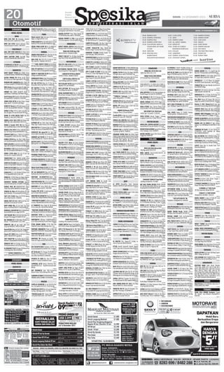 20

SENIN, 23 DESEMBER 2013

ZEBRA PickUp’93 catMulus mesin Enak Pajak hidup 19JT 77744309/082132988519

MAZDA VANTREN ‘97 AC TP Vr Ps Siap pakek
Jl.margorejo 4 70345557 /70121812

FORZA ‘88 AC Tp Vr 27.5Nego Perum Magersari Blok AV-10 SDA 0813 3004 2770

FORD

SURABAYA

MAZDA ELITE’87 Silver Body Kaleng AC/
TP/VR/PW Ban Baru 031-70070909

CARETA’2000 Istw AC/TP/VCD Bodi Utuh
51JtNg,Simorejo 2/78 081331246042

MAZDA TRENDY 1.5 ‘88 (L) Sgt Istimewa
29.5jt Karangasem 14 No 8A 88139918

KATANA BLITZ’91 Biru AC/TP/VR Msn Bd
OK 38jt.Pdk Buana E/1 Sda083857457688

MERCEDEZ

CARRY PU Extra’92 L-Sby Tgn-1 Hrg:27,5jt
S.Pakai Hub:70354666/085732157666

027113

MOBIL DIJUAL
BMW
BMW 318i M40 ‘91 Orisinilan Standart
Utuh Hitam Asli-L 081331177889
026943

BMW 318 th’96 Orisinil istimewa Silver
Manual Jl.Ry.Jati 32 031-7946 0679

027044

CHEVROLET

Dijual murah 11jt Ford laser th’90 mesin
bagus ac dingin 7181 5116.

026518

FORD LASER’97 Net13Jt,VW Kodok Th’70,VW
Kombras Th’81,Honda Win’8481563 400
026713

DIJUAL FORD LASER ‘92 Ac Tp Wildop Pajak Panjang 21jt nego 031-7822 8393

026816

JUAL SGR! CHEV AVEO’04 AT Silver Kond
Sgt Istimewa081703240760.RayaPandugo
026817

CHEV CAPTIVA 2009 Hrg:200Jt Nego
Hub:0317090446/08123004154 BU

026895

CITROEN

HONDA
HONDA PRESTIGE’87 Biru Met Plat W-Sda
PS/PW/AC (28,5jt) Hub:031-77368733
026390

NEW CIVIC ‘01 VTiS MT (L) Gold An Sndri
95jt. Hub:031-70686811 MA 3F/15 .

026503

026982

027036

027082

MERCY BOXER 230E’92 Matic/Vr18 Istw.
Klampis Indah 4/18 blok E-24 71552433

026619

026681

MERCY C180 AT Thn 94 Hijau Kondisi Bgs
Siap Pakai H:69Jt Hub.087855444242

026995

MITSUBISHI

DAIHATSU

JUAL CPT JAZZ’04 AT Ac/Vr15/TV/GPS/Audio Merah full ori105jtng085230993337

MITSUBISHI PROTON TH’95 15Jt Graha
Sunan Ampel A/27 Wiyung031-77669999

BARU READY STOCK,Ayla XENIA Terios
LuxioADI Daihatsu 34936665/081333060 404

DIJUAL H. MAESTRO Th’90 Manual Hitam
W.Bagus 085649538697

LANCER’85 PUTIH (L) BAGUS
H:08121793301 / 088801710439

023501

ASTRA PROMO PU DP:8jt @2,5jt Xenia
DP:21jt @3,1jt STNK Cepat! 031-78313993
024996

BURUAN BELI DAIHATSU,Akhir Tahun Dis
con Besar2anFiﬁ.72976664/082126827211
025567

NEW Xenia,Terios,Luxio,Ayla,PU dp9jt disc
Akh Thn 03177780877/081331580708
025826

HEBOH! NEW XENIA Dp18Jt,PU 9Jt,DP Ri
ngan!Diskon Trbaik!Angs Suka2!81744413
026178

Jual D.Classy 94 Orisinil L/dlm jl.Bungtomo
no.8 5034337-81965353-71010784
026349

ZEBRA PICK UP’95 (W-Sda) Hitam Sangat
Bagus 031-71526164 (23jt Nego)

026354

ESPAS’97 Merah AcTPVr(W) Katana’93 GX
AcTpVr Biru(L)089673491026 -71533055

026400

XENIA Li Plus VVTi’11 Silver Km15Rb Spt
Baru,Rungkut Permai XI/E1670979101

026463

XENIA XI th’09 DELUX PLUS Abu-Abu
Metalik (L). Hub: (031) 70622140 .

026495

XENIA Li DLX ‘2011 VVTi (W) Hitam ORISINIL 99jt. Hub: 0818394452 MA 3F/15 .

026513

XENIA Li Family VVTi ‘09 Htm Manual
Istw Dp19JtNg Angs:2,514Jt 085236618457
026521

XENIA Li Dlx 2010 Spt Bru 100Jt NG Hitam
Tg1 Pjk Pnjng.Smampir088804877372

026543

CERIA KL’2002 Silver L-TGN1 Ac Tp SptBaru
45nego0812 3028 328 /031-70817412

026541

ESPASS PU’043Way Ors Plat-Z 42Ng Terma
suk CabutBerkas081230063880/ 72559984

026577

XNIA LiDlx08Htm AnSdr Pw Ac95Jt TDP 17,
5Jt@2,487x47081703783321/08548666698

026590

BU XENIA 1.3 Xi Family HtmMet Ist Km.Rdh
Net 102.500 081259594643/77724276

026622

XENIA 1,0’09 akhir htm tg1 dr baru sgt
mls ban br R-14 031 8416118

026641

TERIOS’2007 FULL VARIASI AUDIO VELG
BAN BARU SEMUA(L-SBY)087853387710

026655

ESPAS’04 FUL BOX Hitam Istw PerumAURi
Jl.Avia 235 DpnGIANT SDA031-71189159
026670

026535

HONDA JAZZ’2004 (L) Abu2Muda,Body Mulus
Raya Sukomanunggal 168 Sby70990401
026582

DP 15Jt CITY’04 Silver Bs TT Pros Cpt Ry
Mstrp Kdrs Dkh14 7664215-34083181

026568

DP 14Jt/Krd 5Th/Bng 7% FREED PSD’10
KM 50Rb JrgPakai Prod MdhCpt BsTT Ry
Mastrip Kedurs Dkh147664215-34083181
026585

GRAND CIVIC’91 AcPsPwEmVr15AudTV Ori
hitam50jt.Krd OK:70309701/087854225888
026617

CITY Z ‘01 Biru istmw M.Tirtoyoso Utr VII/40
Linda03188151173/081703438688

026595

HONDA Cielo th 94 MT Abu2 46jt  Daihatsu Espass th 95 25jt 087855444242

026663

STREAM 1.7 M/T ‘2005 HTM(L), TGN 1,
IDAMAN /ORS SEMUA Hub:0852 3296 3537

026639

CRV’02 AT Silver(L) VR19 99Jt  STREAM’05
1.7 AT Htm TV,Cam SptBru92122112

026750

JAZZ’04 Manual Sgt TRWT Bagus Ori (L) 111Jt
Nego BU03171373693-08123138340

026906

H.FREED 09 Dec Matic Abu2 Met Km29rb
Mulus Tgn1 Pradah Permai 3/16 70973330
027037

NEW CRV’03 A/T Istimewa Tgn1 (L) 115JtNg,
Manyar Kertoarjo 8/6008883102996
026934

OUDESSEY Abs Japan’04 Slvr Tgn1 DrBr
OrsCat SptBr Smartkey Sunroof40076518

026945

WONDER 4pt”84/85 AC TP VR CL (L) BGS
25,5jt.Pndok Jati AS-3 Sda 031-8051918
026990

JAZZ RS’10 MT(L)Tg1 Pjk Bln10.KM34Rb VelgRacing Mls.Trwt 190Ng085232412321
027070

HYUNDAI
JUAL SUKU CADANG Mobil Korea: Hyun
dai,Kia,Timor “53 Motor”34558853-5314270

024906

HYUNDAI TRAJET 04Silver Ac,Tv,Vr,85jt,j.
cpt BU jl.Medayu Sel 2/50318703255
026576

HYUNDAI MATRIX’02 VR HIJAU MD VARIASI W (SDA) ISTIMEWA 72JT BU08133064 8831

026701

ISUZU

026404

026449

L300 Semibox 2003 Ors Cat
TgnI 85JtNego 081357130034

026464

026594

MITS GALANT V6’93 Audio/Vr18 46Jt Hub:
Nginden IV/31 72009405

026628

MITS JETSTAR ‘87 Barang Bagus VR/TP
14,5Jt Nego Hub 031-31030803
026693

KUDA DIAMOND’2003 Biru Ac Dbl/Tp/Vr
Biru Jl.Raya Semampir 98 031-3409 9992
026712

L300 STW ‘08 Silver Long Casis 5 Pintu,PAJAK
BARU Tgn 1.Hub: 0888.0615.5535

026751

MITS PAJERO ‘11 Hitam.S Exceed Km15.000
Tgn1 Jl.Pradah Permai 3/16 70973330
027028

Mit Kuda SprExceed’2000 73jt stnk mati
2Th-Pol S mbl diKediri 085216762764

027065

NISSAN
XTRAIL’05 ST Matic HTM CASH/OprKrd 3.8
x12 (W) Taman Pinang Indah D4/16 SDA
026555

NISSAN SENTRA THN’90 Hitam Ac/Tp/Vr
Kondisi Siap Pakai 26Jt Hub:71334989
026648

X TRAIL Th’2007 Istimewa Hitam 2000
CCMT Rp.168Jt Hub: 031-3424 8986

026729

NISSAN CEDRIC’98 Hitam L-Sby AC Siap
Pakai Hub:03178158944
026872

NISSANCEDRICDieselTh97AC+PWStir+Tape
Harga Nego Hubungi:081398771780

027086

OPEL
BLAZER LT’97 Silver Jok Kulit Istimewa
48Jt Nego03171295353 / 081235081238

026485

DP 15Jt OPEL BLAZER’02 Bs TT Pros Cpt Ry
Mstrp Kdrs Dkh14 7664215-34083181

026583

BLZR MONTERA’00 Htm(L)An.Sdr DorprintBr
99%Istw PrmYKP Pandugo2/L3570802233

026893

PEUGEOT
PEUGEOT 206’03 Sporty Ac,Vr,Tp Merah
Siap Pakai Mulus 081330465564-5933566

025188

PEUGEOT 806 ST20 Manual Silver Diesel
’2000 Jl.Arjuna 57 PplegiWaru70590627

DP 11Jt HIGRADE’95 Hijau BsTT Pros Cpt
RyMstrp Kdrs Dkh14 7664215-34083181

XENIA Xi 1.3’2005 Hitam Ac Dingin Velg Bagus Ban Baru Hrg Nego081333341655

PANTHER Hi-SPORTY’97(L)Abu2 Met
2Warna Pajak Juli 2018 80Jt Ng 78116694

DAIHATSU TARUNA CSX’2001 SuperIsti
mewa H:Pondok Jati AJ-12A 0857 3298 9922

PANTHER ROYAL’96 2.5 Ac,Tp,Vr,Ps bagus
mulus no baru 55jt  085607169877

ESPASS PICK UP+SPANTEN’2001 Bagus
Sekali 34jt 082338800022 Rungkut Sby

PANTHER LS Turbo 08/09 (W) hitam,ors
total,istw bagus hub:031-78625369

FEROZA SE 2Wrn ORI MerahSilver’95 64jt
Ng,Dr.Wahidin 178 Gresik082132000 377

Panther PPL th’93 (S-jombang) hijau 50jt
71271628 /081216102015

TAFT GTS Th’86 Hitam AC/TP/VR Kaleng
Istw H:45jt Hub:031-72490261

PANTHER HI-GRADE’94 Merah Ors 65JtNg
TPI BB-2 No.3 SDA70044412/08123567 843

DIJUAL TAFT GT 4x4 ‘1989 Surat Baru AC/
Audio/RC33 (59,5Jt) 77557693

*PANTHER’94 SHORT Ac Dbl/rt/vr interior
ori abu2 48jt88286555/081229705555

ERTIGA 33jtan,SWIFT 50jtan,PU 14jtan
Wagon R 22jtan/Ang 1.5jtan Inden 1jt Cpt Bs
TT031-83009560 /081231419958

KRDT MOBIL Bks, Bs Cari Sndr Tnp Tolak
Diatas Thn’98 72819771-081259582551

LS TURBO’02 Silver Matik AC Dbl Kenwod
Ori An Sndri (W) 110Jt 087852198484.

PROMO ERTIGA AkhTh Dp28jt/@2.2jt PrsCpt
IndentWAGON R70062803/081230453 455

XENIA Xi 1.3 SILVER’08 TGN1 103jt BsKredit.
Ry.kundi38A(Tmr psr wdg)71697325

*PANTHER GRAND ROYAL’96 Ac Dbl/ps /
pw 66jtng.bs kredit.Ry.kundi 38A71697325

PROMOGILA2ANAkhThBykHdhR3,Splash,PU
khs Des031-81521199/087854031 199

026668

026704

026742

026724

026755

026731

026758

026775

TAFT HILINE ‘88 AC/VR (AG) Pjk Br Bgs 57Jt
Rungkut Menanggal II/1881141321

026845

026581

026629

026638

026618

026674

026692

026671

026765

026745

PANTHER TH’95 Ac Dobel,Ps,Pw,Remot
Betul2 Siap Pakai Hub:031-71617154

026846

026566

PEUGEOT’82 AC/TP/VR/PS Siap Pakai (12Jt)
Hubungi:03171195415 Sidoarjo

026703

SUZUKI
TERMURAAAH..!! PROMO ERTIGA Disc
Besar,DP MURAH,Angs Ringan,Bonus,Ready
Stock,BUKTIKAN!03177898660/ 081938136
660
024034

ERTIGA GEBYAR PROMO AKHIR TH Dp28Jt
disc 2x angs,PU Dp 12jt,terima indent Wagon
R hanya 1jt83133424/081234548262

024122

SUZUKI PUSAT DP/Ang Paling Murah Ertiga 20jt,Wagon R 20jt,PU 12jt Bns Byk Pasti
Acc031-71134115 /081703911488

024502

024864

025003

025164

PROMO ERTIGA 30Jtan Ready BnsByk Indent WagonR TT 031-70791833/085748659 344

CARRY GRV’04 Merah Ors(S-Jbg)Tg-1 ACdbl/TP/VR/CL Mulus 58jt Ng082231364706

Epass97(B)sliding AcTpVr 35jt TanggulanginAsri KK15 Sda08155558535/77339927

PANTHER HIGRADE’95 Merah W-SDA 62jt
Ng085257740922 BCF SekawanElok 4 A5/138

APV X ‘05 Manual (L) AC DBL PJAK BARU
73jt. Medokan Asri Utara 7/15 Rungkut

Espass PU ‘2005 hitam ori pjk baru 45jtng
031-78659379 PP Legi Waru.

026951

027041

PANTHER ROYAL’96 2.5 Ac,Tp,Vr,Ps bagus
mulus no br 54jt 0857 4899 2587
027071

026468

026488

ISTIMEWA SWIFT GL 07 PUTIH Built-Up(L)
Ass Alrisk2016 hrg125jt081217446379
026509

TAFT ROCKY’86 4x2 FulVar Ban33 AbdulRahman 179 Juanda83275553/08785334 5553

PANTHER ‘98 Istimewa an Sendiri, Siap
Pakai hub Segera  081230232265 BU

Carry’94 pdjoyo trpr(L) biru ac/rc inter ori
30jt085648409677/081230669233

XENIA’05 DLX Ac/Tp/Velg Std Ors Cat Ttl
Htm(E)Semolowaru Sel I/28 70589524

KIA

Carry Advntura adiputro(W)1.3 94 AC/TP
HjauMet MsnBgs081703134434/ 71339983

027114

026986

026998

D.CHARADE Th.87 AC/tape/VR/Hitam Plat
L Pjk Hidup Hub: 081235246963

026985

KIA PICANTO’2004 FulOption AcTPVr Em
OrsCatTotal081331182525 /031-71199915

026512

******ESPASS TROPER’95 AC DBL******
Tp/Vr 32jtng 082335833733/03170727737

DP 7Jt/Kredit 5Th / Bunga 7% PICANTO’07
Pjk Baru Pros Mdh  Cpt Bs TT Ry Mastrip Kedurs Dkh14 7664215-34083181

SURABAYA

PICANTO Th 2005 Biru Tgn1 Full Option
Audio TV 73Jt 71334989 bs tt/krd

027026

026601

026652

MOBIL DIJUAL
DAIHATSU

CARNIVAL GS’01 Bensin MaticIstw MsnBgs0818313112 HrgSdhTermasukCabutBerkas

TONO . . . . . . . .. .MMMMMMMM . . . . . . . . . .
.1X25

KIA SEDONA’02 Solar 82Jt+Carnival’00
Bensin Fulvar 55Jt Jl.Sidotopo Wtn 20A

026952

027013

CARNIVALGS’2000SILVERBARANGISTIMEWA
ORIGINAL 08123188861-03170445885
027093

MAZDA
026385

026538

026524

SIDEKICK’95 Hitam Full Orisinil Luar/Dlm
Istimewa03171237653 Deltasari .
026558

KATANA GX’97 UnguTUA 100%Ors Total MsnPrima SptBaru(L)TGN271441872-8433383

026569

KATANA Th’88 biru metalik
hub:031-34815633 / 08121663537

026572

JIMNY84 4x4htm,AcRtVr,B.pcul Br,bpr ARB,
Lamp aces 45jt,medayuSel2/58703255
026565

CARRY 1000 PU’08 Sgt Bagus Rungkut
Medayu Utr RT7 Gg 30c/15 8783416

026584

026646

Futura DRV’04 biru AcTpVr 55jt+Cary’95
stw adiputro tpVr 27jt081230287288
026980

SUZUKI AMENITY th’90 =34jt Nego Perum
Jenggolo Asri Q-5 SDA0813 3015 0975
026988

FUTURA 1.3 th’95 =38jt Nego Perum Jenggolo Asri Q-17 SDA 0813 3015 0975

026971

KARIMUN ‘99 Hitam Met AC dingin/PW/PS/
CL/VR (L) H:65jt Nego Istw 77289838
026977

CARRY 1.0 Extra Th.88 Piala Mas, Juwingan
44 08123237473 - 70507273

027012

FUTURA PU 02 Bak 3 Way Istw skl Barata
Jaya 3A/68 (031)81255089

CARRY 1.0 PU 96 Ori. Cat Istw Barata Jaya
3A/68 (031)28892443

027030

FUTURA PU 04 Ori Cat Tgn 1 Dri Baru Barata Jaya 17 No.2B (031)79463782

027032

KATANA ‘87 Hitam Tanpa dempul Body Kaleng Istw Ac/T/Vr/5 Ban Baru.91219319
027042

VITARA 4x4 TH’93 Fulvar 65Jt+Karimun’03
GX Fulvar 75Jt Jl.Sidotopo Wtn 20-A
027020

APV ‘2005 GX AC Dbl/CD Vr Silver Kleng Int
Ori TGN1 L082229255282-70234296

027081

TOYOTA
PROMO TOYOTADISC Puluhan Jt 4thBonus
Accecorise72454783/081357402100

023888

HEBOH! NEW AVANZA Dp15jt NewInnova
41jtAGYA,RUSH,Fortuner,Altis,Camry,ViosBs
TkrTmbh031-70275341/081230336553
025128

KIJANG KRISTA 98 TV PWR WINDOW,Velg
R16 HijauMtlk 082333326133/088805124681

026926

KIJANG STO’94 Bd Klg 50jt Nego Plat(AD)
Pjk Pjg/bs diurus 031-81853682 Sda
026903

KIJANG G th ‘94 Long Fullvar Hub. Ry Simogunung Hercules 3/9. 03172065157.

026955

Kijang LGX 2001 Solar Biru Metalik Hrg 98
Jt 085648011400 Jual Cepat .
026963

COROLLA SE ‘87 Merah Maron Ori L/D No
Kropos Istw 39Jt Nego 031-77200615

026965

KIJANG LGX Diesel’2000 Silver Ori Cat (L)
Kond Istw Hub:081331111157

026931

**COROLLA Twincam 1.6 th’91 ac tp vr
audio 45jtng 031-7772 9864.
026947

AVANZA 2011 G Hitam Metalik Tgn1 Orisinil
Cat Hub: Tidar 252 081234141357
026972

DIJUAL CPT Avanza Type G 2007 (W) Grsk
Tgn 1 Silver 0319125427
KIJANG SSX Bensin Th’03
Jl.Wiguna Timur 3/35 70458447

Corolla DX’81 ac dgn tp vr ori Jl kol sugiono
pulosari147 waru 031-70492394
027034

027097

TOYOTA FRTNR 10 AT TRD SPRTVO tngan
1 Siap pk Harga 267jt. Hp 081299279539
027104

TIMOR

TIMOR DOHC’97 Tgn1 An.Sdr Silver Orisinil
SptBaru 48jt Ng 085204858881,TP

026438

026580

026727

026698

026959

027019

026502

026611

KIJANG’96 Tgn1 MsnBodyCatIstw KM90 SptBr ACDblDgn RT Long BanBr(L)71702417

026613

corola DX 82 ac/tp/vr istw 26jt. sidokare
asri AG-1 sda. 70645262
026608

STARLET 1.3 SEG(L)Merah Met Audio CD
Km.Sdkt Brg sgt Istw Hub:70570146

026777

026653

026624

*KJG Krista Diesel’2001 biru slvr (L), CRV
2004 Silver (L) 0852 8670 4293
026640

TOYOTA HIACE PICK UP’84 BAGUS SEKALI
031-83398555 / 081931548799

JEEP
LC VX’97 ManualHtm Turbo Intercoler
AntikLC VXR’98 AT SptBr BsKrd 92122112

026753

TRUCK

026695

Corolla DX 82 ac tp vr mulus 24 nego Jl
bromo CC-11 wisma tropodo 34200136
026654

STARLET 1.3 SEG(L)Merah Met Audio CD
Km.Sdkt Brg sgt Istw Hub:70570146

026725

STARLET th’93 1300cc CD PW AC VR PS A/
n. Sendiri 53jt Nego 0888 5734 648
026726

LGX Dsl’02 100%Ors Km92rb AntikSptBr 
AVANZA G’08 SlvrSptBr BsKrd92122112

026741

*SOLUNA’02 AC/TP/VR 49jt.bs Kredit.Ry.
kundi 38A(Tmr psr wadung)08785247 1155
026773

TWINCAM 90 AC BanBrVrAudioRmt(L)W Tmn
Sarirogo AV-6 SDA087851491367/70418 942

026814

AVANZA G Th’2009 Silver TGN1 Dari Baru
Hub:70352654 /0818 3163 48

026818

DIJUAL MURAH VEGA ZR’09 Harga 4,7JtNego8479295 Jl.Raya Jemursari No.33 Sby

026683

026746

026899

VEGA R’2004 Cakram Tangan 1 Barang
Lengkap Orsinil Istw 4,7Jt77821235

027046

025695

025761

026605

MALANG
MOBIL DIJUAL

026675

MOBIL DICARI

YARIS’12 E Mt Putih Ist (N) Tgn1 Km17ribu
168jt Hub:082 336 068 538

HYUNDAI GETZ 2004 Silver N-Kt Brg Istimewa Manual 081231224125

AVANZA’04 Biru G N-Kab Pw/Ps/Tape Std
Harga 105jt Nego Hub:081334946459

GRND AVEGA 2013 N Kota Silver Istmw Opr
Krdt 65Jt Nego Hub: 08179958994

ALL NEW Avanza DP Hanya 30jt (Cuci Gu
dang!) Hub: 081233385559/0341-7002093

GETZ 2003 ISTIMEWA 85Jt; AMENITY 91
Sport 39JtNego Tlp(0341)8123759

Avanza G 2011 Mnual,Black,N kota tgn
prtma,dvd+kamera.Nego.Hub:082330010039

ISUZU

AVANZA 2010 Hitam (N) Tgn1 ISTIMEWA
132JtNego (0341)7696569 / 081233989 909

025639

025898

025934

026435

026467

JUAL ISUZU Panter LS Th2001 Barang.
Th2002 0341-7029900/9161919

025719

PANTHER NEW HIGRADE 99(N-MLG) Warna
Abu2 Mash Bagus Hrg94Jt081 233 229 082
026251

TOURING 02 MATIC Turbo Dsl Biru Met Ori
L/D Trwt N900 TDP.28Jt081334222141
026471

PTH NEW Royal’00 Akh Slvr ACdbl/PS/PW/
VR15/CL Rmt Ors Msn Bgs 89Jt 5435929

026869

KIA
SPORTAGE 2000 AT4x4 N FulVar Lkp MrhMet SgtIst 4WD Tapi=Sedan 125Jt9296639

025902

025891

025852

026244

026422

JUAL CPT BU MAZDA LANTIS Th95 Full audio Tv Orsinil Siap Pakai085232313343
026853

MITSUBISHI

T.CORONA 1.6 “1991 Putih
(N-MLG) SiapPakai 35Jt7690769

L300 STW 2002 Long S.Pakai+Oper Kredit
Luxio 2012 Type M Hub:08113604926

STARLET 1.3 TH87 HITAM
Hub(0341) 5429842 / 5432147

* MITS.JETSTAR PU “86
PajakJalan 25JtNgo0341-8690818

DIJUAL KIJANG G Long 1.8 Th96 DP 12,5Jt
Angsuran 2,4Jt 081335806294

DP TERMURAHXenia 14Jtan,Sirion 13Jtan,
Terios 18Jtan,Ayla 12Jtan0341238 4414

026277

TARUNA CSX 01 Hitam Silver Istimewa (L)
DVD/TV/GPS 90JtNego(0341)2957779
026275

026455

026477

026465

026570

026604

026787

026870

026602

026836

026847

ESPASS ZL EXTRA 2006HtmMls N-KT AC/TP
/VR S.Pake 60JtNg5402224/081249080540

026821

XENIA Li Th10 Slver Tgn1 N-Asli Spion Elektrik Miror/VR/Istmw 108Jt2800030

026950

XENIA XI FAMILI Silver Ors Istw 101Jt H Jl
Masjid 115 Dpn Psr Singosari BU.

026961

TIMOR’97 Silver Mtlk N-Kota Nyacat Dosa
60Jt Ng/Th2001 (L) 46Jt 7801195

TRUCK

026276

026831

026407

DAIHATSU AKHIR TAHUN . . . . . . . . . . . . . .
1X25 . . . . . .

026791

DAIHATSU CUCI GUDANG 1 . . . . . . . . . . . .1X25
.......

026802

PUSAT JATIM . . . . . MMM. . . . . . . . . . . . 1X25
.........

026804

025721

MERCY “TEPAK” Plat N Bak Besi Lbr  Pjg
40jt Ng 085733973704

026006

BURSA TRUCK ECER/PARTAIRagasa135 96/
99,RINO 115 00/02 Cash/Krdt08125238928

KATANA GX96 N-Kota a/n Sendiri AC/TP/
PS/VR Bgs 55Jt Nego Cpt 9805875

MOTOR DIJUAL

025632

025644

CARRY ADIPUTRO’87 (N) TP/VR+Espass’96
AC/VR/TP 7090969-579061/Bndln IF-78
025724

KATANA GX 2001 (N) AC/TP/VR Ban Baru
Mulus Biru Ready 72JtBisa TT H7376254
026255

BEAT FI’13 Htm AnSdr Pjk Br Bln1  KOST
Putra Km6000 71220075-085231831424

JAZZ RS 2012 AT Putih Istw 197Jt  771
8827 / 081 336 305 300

KARIMUN ESTILO’07 (L)Hitam Ada Sensor
Jl.S.Supriadi 18 081945387007Tdk Sms

026256

026258

026282

026207

SUZUKI CARRY Th 90 Warna Abu Body
Kuda Terbang 6507405/08123315502
2

026274

HONDA
CB150R’13 N-Kota Kondisi Msh Baru Merah
Tua Harga Nego Hub:5346583
025629

PAHE HONDA Baru Dp1jt Beat F1(Srius) 08
7759903888/03418637888,Ktp Mlg-Lsg Krm
026436

YAMAHA
DIJUAL BYSON 2012 Putih 19Jt Nego Suprax
2004 7,5Nego 7000148
025935

CUCI GUDANG NEW VIXION KS Disc s/d 2Jt,
MIO MJ Disc Min 2Jt Hub:MJM7712177

026834

SHOWROOM
MUSTIKA MOGE Club!! Ducati Monster
795’12 Red (180Jt); ER 6 Hju’13 (94); ER 6
Red’12 (88); Ninja 250cc Injek Pth’13 (51,8);
Ninja 250cc’12 (49,5); Injek 250cc’10 Pth
(47,5); Ninja 250cc’10 Biru (46); Ninja 250cc’11
Red (46); New KRR’12 Pth (33); KRR’10 Htm
(29); Ninja RR’12 (24,5); Trail KSR’11 (17,5)
7718827/2844041/085238930538

KATANA GX’04 Istw Darmo Baru Barat 65
03183082888/085730744999 Jual Cepat

KJG GRAND EXTRA ‘95 SGX abu-abu metalik, bagus. 031-77158778/081359067878.
026815

DP 10Jt AERIO Silver’03 Bs TT Pros Cpt Ry
Mstrp Kdrs Dkh147664215-34083181

SOLUNA’01 AudioTvAcPsVrCl Nopol Cantik
69JtNg;Setro Baru Utr 6/10370061314

SUPRA 125’06(5,7);Jupiter 08 W(8,6);S.Fit
Ckr 06(5,6);Smash Ckr 05(3,7)081334894 555

AVANZA E MT’2010 Silver (L) Tg1 Dari Baru
Orisinil 110Jt Hub:081554310486

JUAL HONDA REVO FIT ‘2011 (7jt) Nego
Hub:70684716 / 081615029509
026911

CRV’09 At 2.0 Silver Istimewa Tanpa Cacat
215jt Hub:08125297055

PROMO SUZUKIDskon Smpai 25Jt/DP20Jtan
Ready Ertiga,Wagon:HENNY0341-9530833

Dijual Krista 2.0 Th 2004 Biru Silver bisa TT
Pickup 081335114984

TRAWAS

026574

KATANA’90 Biru Met Ac/Tp/Vr JUAL CEPAT
ISTW 37JtNg 087855622299/71111662
026592

026882

026887

026832

026900

026413

025630

SUZUKI ESTEEM 94 Gti 1.6 Terawat (N) 48Jt
03415402503

026007

KATANA GX 01 Pmk 02 Putih Ors Luar Dlm
AC Dingin Serius081334100110 TdkSMS

Djl JAZZ Th 2004 A/T Silver An.sdri Istmwa
N-Kpanjen 110jt Ng 081333200040
FERIO 97 N SILVER
Konds.Bagus 85JtNg0341-9250445

026264

026069

026529

026848

026852

CARRY PU’96 Plat-L Biru Istw
37,5Jt Nego Hub: 031-77331076

ALL NEW AVANZA E DP:21jt,Avanza G DP:
25,5jt,Hadiah HP Langsung.Hub:34243 747

VARIO’08 Mio’10 Supra’03 Rungkut Tengah 3B/27 Hubungi: 03128846673 .
026925

AERIO’02 Ac/Tp/Vr/Pw/Ps Barang Super
Istimewa Jual Cepat 77Jt 085336549035

INNOVA G’2006 Diesel AC Dbl/VR/TV/Audio Hub:031-71812240/77242848 Ojo Lali

SUPRA X 125 Cakram Tgn1 Barang Lengkap
Orisinil Istw 6,2Jt77821235

026151

026860

Ktana GX’95 AcTpVrPs(W.Grsk)FulVar Bdy
Klg. KedanyangG01 081553403672 Gresik

026902

LX’88HtmN-KtAc/Tp/Vr16Katana’88Style
Bd 4x4Aktif 081338024195/3191133

JAZZ 06/07 HitamA/T IDSI Ori Tot Mulus
LuarDlm(L)Tgn1 Terwt 118JtNG7779928

SIDEKICK Th’97 Biru Metalik(L)aud 71Jt Ng
Serius 081216221498 Krang Ploso

026739

027080

SWIFT’08/09 Silver Metalik At Pakai Sendiri Tgn1 Seperti Baru 0341-491940

MAZDA 626 TH’87 Biru Ori Luar Dalam Mulus Hrg=24Jt Nego 031-70173025

026609

026962

026097

*MAZDA familia ‘97 + Espass ‘96 jual salah
1 BU 087856551891 -03177487377

DAIHATSU PROMO . . MMMM. . . . . . . . . . . . .
.1X25

026948

NISSAN SUNNY Th97 Ac/Tv/Dvd/Vr16
Harga 34Nego Hub:081232777618

HONDA
025451

026842

TIMOR

025894

HONDA KARISMA’02 Akhir Pjk Baru Tgn1
Istimewa 5,4Jt H:70115231-08121642551

CRV 2007 Plat N Silver Hrg Nego Brg Bagus
Hub:08125222323/7705123

026921

AKHIR TAHUN Ready GRAND LIVINA
DP40Jtan Hub:TEJO 081 234 838 157

KATANA’98 Biru Botol AG-Kdr Istmw Pjk
Bln5 Mobil di Malang 60jt 9108444-TP

026737

026588

YARIS PUTIH Type S 2012 Asuransi AllRisk
ISTIMEWA0341-7696569/081233989909

FORD EVEREST 04 XLT Lmd DSL GPS N Biru
Kds.PRIMA Rec.Serv Lgkp T.8108617

026673

026688

NISSAN

PROMO MURAH ERTIGA DP29Jt WAGON R Indent 1Jt Buktikan 082141959999/ 9568253

026266

026522

JUAL NISSAN JUKE 2012 RX Putih Mulus Tgn1
KM5Rb085736002990 / 0341-2866351

FORD LYNK 98/99 1.8DOHC FullOrsAntik
AnSdr 57JtNG Jl.Kayan21A081235041800

026263

026487

AVANZA 2009 TIPE G Manual Silver Tgn-1
Ori Plat (W) 126Jt Hub081 738 8280

FORD

026667

026461

RUSH 09 (Pmk) Type S (Terlengkap) Hitam
(N) Tgn1 SptBaru 155JtNego 7779928

MITSUBISHI KUDA Glx Bensin Th2003
Merah 68jt Nego Hub:081334701194/ 9036141

026575

PROMO AKH TH Ertiga,Splash OpenInden KrimunWagon R 1Jt082142619474/ 2888236

MEGA Pro New CW ‘06(L)Tgn1 Ors istw 11,8
Tmn Pdk Jati X-20 Spj 70848121

026459

INNOVA 06 E Bensin Manual (N-Kota) Hitam
Mulus Orisinil 124JtNego H7779928

T.STARLET BAKPAO’90 P.Steering Tape Ac
Dingin 50jt Nego Hub:08125298416

026790

026612

026453

INNOVA 2010 Bns M/T 4BanBaru R16 NoPol Ctk N999 abu Met Hub081 233 188 000

GRANDIA’03 Bensin Coklat Tua Dbl Blower
Ori/Kaleng Km 90rb Hub:082230986911

026252

ESPASS ZSX’05 Istmw Ac/Vr Hrga Nego
Hub:087859145204/085755737999 Bu Cpt

VARIO TECHNO’2010 Putih Tangan-1 Hub:
Rungkut Barata III No.6 Sby

026351

GREAT COROLLA 1.6SEG 94 N-KT Abu2 Orgnl
Bgs Trwt PjkBr7610450/082333511945

BIG SALE XENIA DP18Jt,TERIOS 20Jt,GM
PU 10Jt,MB 16Jt,LUXIO 23Jt Prss Cpt Murah
Mudah082131930990/9572650

SUZUKI

026452

LGX’97 Silver Bsn Ac Double Knds Trwt
Hub:03418446383

INNOVA G Diesel 2010 Hitam Tangan 1
Manual (W) Hub:  7640 669

026482

PROMO XENIA DP20Jtn/@1.8Jtn TRIOS 20Jtn
/@2Jtn,PU 10Jtn8612990/081252172926

FIT’06 Gran99 Krisma03 Max94 Shgn97
Crip’97 Supra Mcn’05 Karah4/5470908555

026272

FORTUNER 2.7G Lux’08 (N)Bensin A/t Htm
Km48rb Bgs P.Sudirman H34 7788956

KUDA GLS Diesel 2000 AC/TP/PW Istimewa
74Jt/Nego 2356789/081233370789

025915

JUAL EVALIA XV(Nov12)Pjk Baru Jok Tengah Modif Inova Tgn1,180Jt08113603433

026363

026261

KJG LGX DIESEL NOV 2000(N) FullVar/TV/
PjkPnjang Trwt SiapPakai0341-9736240

CHARADE TURBO 87 Siap Pakai
25JtNego Hub0341-7573689

CHARADE’84 Mrh Vr Rad Ac Rt Body Msn
Bgs Jl.Thamrin 12 Mlg.Hub:082143460253

GL MAX’89 3,5Jt, Shogun’97 2,5jtNg, Satria’02 3,2jt hub: 085852244350

026260

TWINCAM 89 Putih 1.6 Istw PW/AC/TP/
TV/EM/VR17 IntOri SiapPake BU 48Jt
08123386059/8666205

TOYOTA TWINCAM 90 Hitam (N) Terawat
51jt Nego 03418188008

026473

MOBIL DISEWAKAN

HONDA

026243

KIJANG LGX 1.8 2002N-KT Tgn1 drBaru
Orginal Trwt KM89Rb7610450/08123 304
554

KUDA SUPER EXCEED Bensn 1.6 Th01(Pmk
)ACDobel,EM,VR,CL OriTot 69JtNg7779928

025914

ZEBRA’91 P.Joyo 4 Pntu Biru Mls+Carry’86
P.Joyo Body Extra S.Pakai+H.Wonder’86 Hitam Ori Luar Dlm Mls 7778762

MOTOR DIJUAL

026241

KIJANG LX (N)2002BiruMet Mls ACDb PjkBr
92,5JtNG DIENG081334644078/7644840

026483

REND CAR VARIASI.Mangga 2 Blok GF/C-45.
Pems Kc Film Ged,Mbl,Audio,Alarm,Bekld, Cover Jok,Kd,Dll Harga Bersaing Hub:31399276

026398

026278

AVANZA 2009 N-Krgploso Asli-N Tgn1 AC,
TP,VR Hitam PjkBrIstw 117JtNg 3133131

TARUNA CX Eﬁ2002 Istimewa Msn Kering
Full Variasi Dvd An Sndr081555626885

TARUNA 03 LONG Jok3BarisHadapDepan
(N-KOTA) OriTotl AC,VR,CL 87JtNg7779928

025802

026231

J.CPT AVANZA G 2005 Biru An.Sndri(B) Bagus TV,CD,Electrc Normal08121920014

VARIASI/SALON MOBIL

Prima 100Rb/12jam APV Xenia Kuda Gran
dia ELF Dll Sopir Sabar0813 5710 1646

026002

LANCER EVO 3 GTI 1.8 Hijau Tua Met (N-KT)
Istw PjkBr:Janti Brt A36 7695554

XENIA 1.3 Xi “10 Hitam (N) Spt Baru Orisinil FullVariasi 113JtNego 7779928

100RbMURAH Kjg,APV,Xna,Lxio+Spr,Jl Tiket
n Tour24Jam HALIM5013744/70102636

025919

BODYTECH SLIDING’94 Hitam Ac Dobel, Tp,Vr
Bandulan IE/3003417703417/8464908

DICARI MOBIL Segala Merk  Tahun Berani
Dengan Harga Tinggi Hub: 70005661

025287

025916

026338

MAZDA 323 Familia 98 BU N0Kota Istw 58jt
Nego 8697733/085755855939

XENIA Li 06 HTM Orsinil 100% KMSdkit TV
+Audio An.Sndiri08179666007/7564443

025763

HYUNDAI

DAIHATSU
025845

025633

AVANZA’10 S 1.5 AT Hitam Ori Rawatan
Auto2000;Taman Borobudur 5 5439059

ATOZ “00 MANUAL Silver Ori Luar Dalam
BAGUS Hrg Nego Hub(0341)9047369

MAZDA ELIT 88 Ori L/D + ATOZ GLS 2002
MT Tgn27034014 / 9554999 JUAL CPT

ESPAS ZSX EPI AcDbl Tp VR Rmt Ors Istw
58Jt H JL.Masjid 115 Dpn PsrSingosari BU

025624

AVANZA VELOZ At 2012 Akhir Hitam Full
Ori Seperti Baru Hub:0341-9290235

STARLET’94 Abu-abu Metalik Ac/Cd/Vr/Ps
Hub:9099978 Nego

BMW 318i’91 Classic,Antik,Putih,Ors 
(0341) 7059404 No Sms
026867

TOYOTA
KIJANG GRAND Xtra 1.8 Long’96 Bgs Pjk
Baru Bs TT Katana/Jimny 03418190110

027021

INTERPLAY’90 AC-Dingin CD//VR/PS/PW/
EM /CL/N-Kab PajakNo Pjg 35,5Jt9602008
026003

TARUNA CX 99 Istw VelgRacing Ori,PW,
AC,TP KMRendah PjkDesPjg 77,5Jt 7713645

027067

MAESTRO 91 INJEC Merah Met N-KOTA AC
Dgn/CD/VR 42,5Jt Trima An 7327428

026462

DCR MOBIL Sgala TahunKondisi Berani Harga Tinggi031-71491443/081231330234
023706

026789

MAZDA

BMW
BMW 318i 2004 Hitam Baik
Hrg Nego 081334237472

JAZZ RS Matic’08 N-Kota Pink 160jt Ac Tape
Vr R17 Hub:8612471/085784526101

JUAL KIA CARRENS II 2006 Merah Istimewa 95JtNego 081 252 553 553

026259

TRUCK TOYOTA RINO Engkel Th’84 (35Jt)
Hub:0813.3057.0379 Sidoarjo

026680

STARLET 1.3 bakpo94 ac/tp/vr W Biru Mulus Ors 59jtng 03172632270 Cpt BU

026454

DICARI MOTOR Segala Merk Berani Harga
Tinggi Hub:70800332

027092

PICK UP HIACE Th’82 Solar 21jt Nego Hub:
0813 3117 7555

026527

DJL YAMAHA V 75 Th’75 Barang Ori Plat
STNK Mati, 3JtNego Hub:0878 5342 1237

SIDOARJO SUPER SALE Beli Mobil Dapat
Hadiah LangsungKesempatan Bawa Pulang
ALPHARD.Buruan Dtg di Pameran Asri Motor
@SunCity Mall Sidoarjo Tgl 16-29 Des’13
Info:031.8942000/031.7872000

TIMOR ‘2000 DOHC Ac,Pw,CL LuarDlm ORI
50jtNg.081234180620 Baratajaya 17/45a

AVANZA G’2010 (B) Tgn1 Silver Full Ori
Istmw Jual Cpt Hub:088801494959

026367

DICARI SEGALA MERK Sepeda Motor Harga
O.K.E Hubungi : (031) 72009479 .

AVANZA G ‘08 MdL Baru(L)Tg1 Hitam ORS
115jt PjkBaru.Medokan Asri Utara 7/15

DP 16Jt Krdt 5Th/Bng 7% AVANZA G Silver/
Htm’10 PjkBr Pros Mdh  Cpt Bs TT Ry Mstrp
Kdrs Dkh14 7664215-34083181

JUAL JUPITER Z Th’2012 Barang Bagus a/n
Sendiri Harga:11jt Hub:031-60596819

AVANZA 20jt an BANYAK HADIAH ,terima
tt ,proses cpt 031-72983555

Timor Dohc Pmk’99 AnSdr CatBd+Int OrsTtl
BdKlg MsnEnak70901558/08133123 5999

026564

026876

YAMAHA

ANDA JUAL SEPEDA MOTOR? Jl.Gembong
Sawah Barat 63 Sby 70526617/3715147

027091

AVANZA G ‘05 (L) Hitam ORISINIL Luar
Dalam 107jt.Hub: 031-70636378 MA 3F/15

CORONA EX.Salon’85 Pw Ps Tp Ac Vr 23.5jt
Nego Lidah Wetan 10/33 031-7849083

SHGN AXELEO’11=7,5+ZR10=6,9+S Fit06=5+
Jup09 +02=8+4 KpsBr 4/38 081934691985

AVANZA G’11(L)Htm Istimewa Orisinil Km39Rb Mlk Sendiri 138Jt 0815515313002

TIMOR th’97 DOHC AC/CD/VR/PS/PW SrtBaru 45Jt 72744410 -08121665977

026537

SUZUKI

MOTOR DICARI

AVANZA G ‘09 (L) Tgn1 Hitam ORS PAJAK
BARU 119jt.Hub: 081703574092 MA 3F/15

J.CPT INNOVA ‘2006 An Sendiri Istw
Hub:085648202629/031-5021724

026557

COROLA ALL NEW’96 AkHir HijauMet Pw
AcTp Kond.Bgs65JtNg081231632003/ 3552261

027045

JAZZ RS AT 2009 Putih KM.26Rb (B) Tgn-1
Bagus ISTIMEWA (0341) 7007710
026840

MIO SPORTY CW ‘2010 Putih
AnSdr Tgn1 7,2jt 031-71335336

TIMOR SOHC’97 Istw L-Asli AnSdri BknTAXI
PjkPjg PurwodadiRy 51031-70635951

026519

026430

026999

TOYOTA AKHIR TAHUN Discon Gede-Gedean
Buktikan!! Hub:70280957/081230953111

026510

NINJA Th2013 ABS MERAH
Jl.Purwodadi Raya 42(Demak)Sby

026784

VEGA R’2005 Tgn1 Cakram Merah Putih
OrsCat Kondisi Trwt Mls Komplit5032436

Jual TIMOR DOHC’97 Akhir BiruMet Istw
52Jt An.Sdri (W-Sda) Hub:083853799999

026444

NINJA KRL 150 th’2011 (W)
HIJAU Hub: 0852 2311 1713

027008

TOYOTA VIOS 2007 Istimewa 143jt Nego
Jl.Jambangan 1 No 12 T:081-3321-44199

026386

H.STREAM1.7 Mnl03 AbuMtlk N-Kota Vr/
Ac/JokKulit/Ori PjkBaru 085231815005Tp

KAWASAKI

J.ASTREA 800 85 Egkel Pjk MT+85 Doble
STN Mati +Alfa’91+Rc Becak’89 STN Hlg +Rc 88
BPKB Hlg.Hub. 03170334504/ 08170374 6383

026598

CAPELLA 626HB’88 (L) Ac/Tp/Vr/Ps/Pw/
Em 23,5Jt 08123575315-77610749 Rkt

026919

026447

PTHR GRAND ROYAL 2.5’96 60Jt+Pthr
Miabi’96 Fulvar 60Jt Jl.Sidotopo Wtn 11-B

026924

CARRY 1.5 PU’06-AVENTURA’04 Ori L/D Ry
Simognung No4 Perum AURI03172065157

Kijang Hobart’92 Abu2 Tua,TgnI,MlsBaru
D Cat Oven,58jtNego,087851247672 Bu

ZEBRA’91 (W) pjk pjg troper pdjy istw
20,5jt 70999232 / 081231329396
026888

SIDEKICK’96 Ungu Met Tgn1 (L) Body Kaleng Trawat 67,5jt  08123505970

RUSH tipe S’11 akhir htm super istw tg1
dr baru km msh 9 rb 031 8416118

CARRY PICK UP’87
Jl.Gading 2 No.41081331204609

027016

APV X AcDbl Vr’2005 OrsCat istw Alam
Pesona I/J-7 Krian 90jt Nego7156 7354

025215

PANTHER’92 Bd.Kpsul AcDblPsPwRtVr15
(L) Ist 55Jt JuandaHrpnPrmai K2271950654

026851

026820

026501

DJL TARUNA CX Th’2000 Hijau Metalik Full
Variasi + TV Hub:HP.0857.3113.1964

026910

026732

APV X’2004 CoklatMet PondokJati AJ-12A
SDA085732989922 Super IstimewaBagus

027029

ESPASS’02 (L) 1.3 Ac Dbl Blw/Cd/Silver Istw
TP 49,5Jt08563025110 No.SMS

026656

026730

CARRY PU 1.0 th’06(W-SDA)Cpt BU 53jtNg
kredit Oke031-77184789/081330246499

026918

DiJual Grand Royal th 96 AC/CD/RC Biru
(W-Sda) 65Jt.Hub: 03435755588 Bangil

026472

026706

KARIMUN’2000 Brg Spt Baru Ex.Cewek Silver ors Lr Dlm 69jt Nego031-71314023

026822

ESPAS’04 FUL BOX Hitam Istw PerumAURi
Jl.Avia 235 DpnGIANT SDA031-71189159
026666

026714

KARIMUN Th’2000 SILVER Kondisi Terawat Hubungi : 0856.5544.8474

PICK UP L300 th’02  Pick Up T120ss ‘08
(DP 21jt) Cash/Kredit031-7777 0521

026504

026677

026545

TIGER 200 TH’85 Hrg=55Jt
085257555252 / 085852473666

*****CIVIC 2PINTU TH’86 AC/CD/VR/AUDIO Siap Tahun Baruan.28,5jt03172529442
026520

026696

J.CEPAT Sidekick’96 Hijau Met(W-Sda)
Kondisi Sangat Terawat.Hub:081.850. 8121

CITROEN BX 16 TRS’87 Siap Luar Kota Dlm
Ori BU085854100795-71718333 No SMS

026762

026633

026606

026621

026912

027023

026484

027003

025873

KEDIRI
027064

SEWA VILA VANDA Gardenia Trawas
3Kt Perabot Lkp+W.Heater+Pbola08121
6461955
026812

 