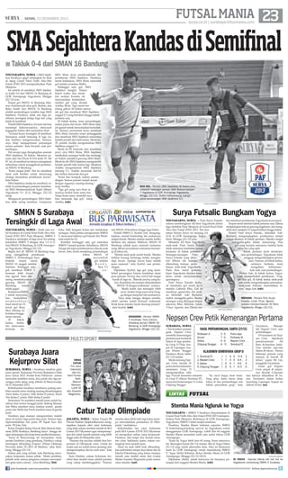 FUTSAL MANIA 23

| SENIN, 23 DESEMBER 2013

surya.co.id | surabaya.tribunnews.com

SMA Sejahtera Kandas di Semifinal
■ Takluk 0-4 dari SMAN 16 Bandung
YOGYAKARTA, SURYA - SMA Sejahtera Surabaya gagal melangkah ke final
di ajang Grand Final Putih Abu-Abu
Futsal (PAF) 2013 memperebutkan Piala
Menpora.
Ini setelah di semifinal, SMA Sejahtera kalah 0-4 dari SMAN 16 Bandung di
GOR Amongrogo Yogyakarta, Minggu
(22/12) sore.
Empat gol SMAN 16 Bandung dikemas Andriansyah (dua gol), Radian, dan
Buky. Kalah dari SMAN 16 Bandung
adalah pertandingan terakhir bagi SMA
Sejahtera. Pasalnya, tidak ada laga perebutan peringkat ketiga bagi tim yang
kalah di semifinal.
Pelatih SMA Sejahtera, Irwanto tak bisa
menutupi kekecewaannya, menyusul
kegagalan Sulton dkk menembus final.
Ya kami harus tersingkir di semifinal.
Semuanya sudah berjuang di laga ini,
dan hasilnya mengecewakan. Namun,
saya tetap mengapresiasi perjuangan
semua pemain, kata Irwanto, usai pertandingan.
Hal serupa juga diungkapkan pemain
SMA Sejahtera, M Sulton. Menurut pemain dari tim Divisi II LFA Jatim IV AK
FC ini, di semifinal ini timnya mengalami
kebuntuan untuk menggebrak pertahanan SMAN 16 Bandung.
Kami sangat lelah. Hal ini membuat
kami sulit berfikir untuk merancang
strategi menembus pertahanan lawan,
kata Sulton.
SMA Sejahtera melaju ke semifinal, setelah di pertandingan pertama membantai SMA Muhammadiyah Tujuh (Mutu)
Yogyakarta 5-1 (2-1), Minggu (22/12)
siang.
Mengawali pertandingan, SMA Sejahtera lebih sering bertahan. Gempuran

SMA Mutu terus membombardir lini
pertahanan SMA Sejahtera. Hasilnya,
menit kedelapan, SMA Mutu mencetak
gol melalui sontekan Ridho.
Tertinggal satu gol, SMA
Sejahtera bangkit. Hanya
butuh waktu dua menit,
tim asuhan Irwanto ini
menyamakan kedudukan
melalui gol yang dicetak
Andika Ricky. Tiga menit berselang giliran M Sulton mencetak gol dan membuat SMA Sejahtera
unggul 2-1 yang bertahan hingga babak
pertama usai.
Di babak kedua, tensi pertandingan
makin panas dan keras. SMA Mutu tampil agresif untuk menyamakan kedudukan. Namun, permainan keras membuat
SMA Mutu menelan enam pelanggaran
dan membuat SMA Sejahtera menerima
hadiah penalti dari titik kedua. Menit ke35, penalti Andika mengantarkan SMA
Sejahtera unggul 3-1.
Menit ke-39, bermula dari kesalahan
power play SMA Mutu, SMA Sejahtera
melakukan serangan balik dan tendangan Sulton menjebol gawang SMA Mutu.
Menit ke-40, SMA Sejahtera memperoleh
hadiah penalti titik kedua lagi. Eksekusi
Andika mengantarkan SMA Sejahtera
menang 5-1. Andika mencetak hattrick
dan Sulton mencetak dua gol.
Kami bisa kompak selama pertandingan. Semua pemain tampil sesuai
dengan tugasnya masing-masing,
ucap Andika.
Tiga gol yang saya buat semuanya berkat kerja sama tim.
Tanpa kerja sama, mustahil saya
bisa mencetak tiga gol, tutup
Andika. (edr)

DUA GOL - Pemain SMA Sejahtera, M Sulton (kiri),
melewati hadangan pemain SMA Muhammadiyah
7 Yogyakarta di GOR Amongrogo Yogyakarta,
Minggu (22/12). Sulton menyumbang dua gol
untuk kemenangan SMA Sejahtera 5-1.
SURYA/EKO DARMOKO

SMKN 5 Surabaya
Tersingkir di Laga Awal
YOGYAKARTA, SURYA - Salah satu wakil Surabaya di Grand Final Putih Abu-Abu
Futsal (PAF) 2013 Piala Menpora, SMKN 5
Surabaya, tersingkir di laga awal. Ini seiring
kekalahan SMKN 5 dengan skor 1-3 (1-1)
dari SMAN 18 Bandung, di GOR Amongrogo Yogyakarta, Minggu (22/12).
Begitu kick off SMAN 18 Bandung langsung menggebrak pertahanan
SMKN 5. Pertandingan baru
berjalan
empat
menit,
SMAN 18 unggul melalui
Sutrisno. Tertinggal satu
gol, membuat SMKN 5
bermain lebih berani
dan agresif. Yana dkk
sering membahayakan
gawang SMAN 18
Bandung,
namun
selalu gagal.
Kerja keras SMKN
5 untuk menyamakan
kedudukan
membuahkan
hasil menit ke-15,
lewat gol Reza.
Skor imbang ini
bertahan hingga
turun minum.
Di
babak
kedua, kedua
tim sama-sama
bermain
ter-

Surya Futsalic Bungkam Yogya

buka. Silih berganti kedua tim melakukan
serangan. Mala petaka menghantam SMKN
5, menyusul lahirnya gol bunuh diri Wirdinata menit ke-32.
Kemblai tertinggal satu gol memaksa
SMKN 5 tampil spartan. Sebaliknya, SMAN
18 juga tak ingin pertahanannya diacak-acak
lawan. Satu menit menjelang pertandingan
bubar, SMAN 18
menambah
gol melalui
R e n d y.
Skor 3-1
un-

tuk SMAN 18 bertahan hingga laga bubar.
Pelatih SMKN 5, Syaiful Arif, mengungkapkan, mental bertanding tim asuhannya
sangat lemah. Mereka seakan minder ketika
bertemu tim raksasa. Maklum, SMAN 18
Bandung adalah juara nasional turnamen
yang dibuat perusahaan minuman berenergi di tahun ini.
Mental anak-anak masih lemah. Mereka
terlihat kurang bertenaga ketika menghadapi lawan. Apalagi lawan kami adalah
juara nasional, kata Syaiful, usai pertandingan.
Dijelaskan Syaiful, tiga gol yang membobol gawangnya karena kesalahan dasar
para pemain. Passing dan control ball sangat
buruk di laga ini. Banyak passing yang keliru. Kesalahan itu mampu dimanfaatkan
SMAN 18 dengan maksimal, urainya.
Meski kalah dan tersingkir lebih
awal, Syaiful tetap puas serta bangga dengan tampilan tim asuhannya.
Saya tetap bangga dengan mereka,
sebab mereka sudah bermain maksimal.
Kerja keras mereka layak diacungi jempol,
kata Syaiful. (edr)

SURYA/EKO DARMOKO

DIHADANG - Pemain SMKN
5 Surabaya, Yana (kanan),
dihadang pemain SMAN 18
Bandung, di GOR Amongrogo
Yogyakarta, Minggu (22/12).

MULTI SPORT

Surabaya Juara
Kejurprov Silat
SURABAYA, SURYA - Surabaya merebut gelar
juara umum Kejuaraan Provinsi (Kejurprov) Silat
Jawa Timur 2013. Pesilat Kota Pahlawan sukses
menyabet sembilan emas, dua perak dan tiga perunggu pada ajang yang dihelat di Banyuwangi,
18-21 Desember 2013.
Keberhasilan Surabaya membawa pulang sembilan medali emas, masing-masing disumbangkan
Amri (kelas A putra), Alek (kelas H putra), Sarah
Tria (kelas C putri), Debi (kelas E putri).
Sementara Ari memberi medali emas untuk Surabaya dari nomor tunggal putra. Sedang Maman
dan Mitra memberi emas melalui nomor ganda
putra dan Wella dan Firoh merebut emas di ganda
putri.
Surabaya juga mampu mengawinkan medali
emas di nomor regu putra dan putri. Nomor regu
dipersembahkan tim putra PS Tapak Suci dan
putri PS Joko Tole.
Ketua Pengkot Ikatan Pencak Silat Seluruh Indonesia (IPSI) Surabaya, Bambang haryo bangga dengan perjuangan dan kerja keras pesilat binaannya.
Juara di Banyuwangi ini merupakan suatu
prestai Surabaya yang gemilang. Hasilnya cukup
meningkat dibanding Porprov (Pekan Olahraga
Provinsi) Jatim IV/2013 di Madiun, jelas Bambang, Minggu (22/12).
Sukses jadi yang terbaik, kata Bambang merupakan kerjasama semua pihak. Mulai pembina,
pelatih serta semua pengurus mampu mewujudkan gelar juara umum, cetus Bambang. (fat)
join facebook.com/suryaonline

EMAS
CATUR
- Tim catur
Indonesia
dari kiri:
Farid Firman
Syah,
Masruri
Rahman,
Luthfi Ali
dan Susanto
Megaranto.

Catur Tatap Olimpiade
mereka akan lebih baik lagi kalau mampu menunjukkan prestasinya di Olimpiade, tambahnya.
Keberhasilan tim catur Indonesia
pada SEA Games XXVII 2013 Myanmar
ini merupakan raihan yang fenomenal.
Pasalnya, dari target dua medali emas,
tim catur Indonesia justru sukses merengkuh lima medali emas.
Hasil itu jauh lebih baik dibandingkan perhelatan serupa dua tahun lalu di
Jakarta-Palembang yang hanya mampu
meraih satu medali emas dari Grand
Master Susanto Megaranto pada nomor
catur standar. (ant)

kin membuat pertahanan Yogyakarta kocar-kacir.
Empat menit sebelum babak pertama usai, Ellenia
menjaringkan bola ke gawang Jogjakarta, dan mengubah skor menjadi 2-0 yang bertahan hingga bubar.
Pelatih Putri Surya Futsalic, Abdullah ‘Aab’
Bachmid, mengungkapkan, pasukannya tampil
sangat dinamis di babak pertama. Mereka sangat
menggebu-gebu dalam menyerang. Dua
gol yang tercipta semuanya melalui kerja
sama tim yang apik.
“Babak pertama kami mendominasi pertandingan. Yogyakarta tidak
sanggup mengembangkan permainan. Namun, di babak kedua,
ceritanya berbeda, kami
mengalami
kebuntuan,”
kata Aab, usai pertandingan.
Diakui Aab, di babak kedua, Yogyakarta memperkokoh pertahanan. “Unggul dua gol, di babak kedua anak-anak
sulit untuk mengembangkan permainan.
Anak-anak terkesan meremehkan lawan,” tegas Aab. (edr)

SURYA/EKO DARMOKO

MENANG - Pemain Putri Surya
Futsalic, Linda ‘Chua’ Agustin
sukses mempermalukan All Stars
Yogyakarta, Minggu (22/12).

Nepsen Crew Petik Kemenangan Pertama
SURABAYA, SURYA
Giyantona,
Manajer
- Tim bertabur pemain
tim Nepsen Crew usai
HASIL PERTANDINGAN, SABTU (21/12)
gaek, Nepsen Crew
pertandingan.
Porbasari A
5-9
Putra Jaya
memetik kemenangan
Di turnamen ini NepArcam
7-0
Porbasari B
pertama usai menekuk
sen Crew diperkuat
Salasa
4-6
Nepsen Crew
Salasa di laga pembupemain-pemain
All
Chipung Tengger
4 - 11 Terminal FC
ka Grup D Piala AsaStars Komunitas Jatim.
pat di Lapangan AsaUsia mereka rata-rata
pat Wisma Tengger
diatas 40 tahun. Hanya
KLASEMEN SEMENTARA GRUP D
Surabaya Barat, Sabtu
beberapa pemain yang
1. Terminal FC
1 1 0 0 11-4 3
(21/12) malam.
usianya di bawah 40
2. Nepsen Crew
1 1 0 0 6-4
3
Meski menang Neptahun, papar Mr Gie,
sen Crew berada di
panggilan Giyantona.
3. Salasa
1 0 0 1 4-6
0
posisi kedua klasemen
Enam gol Nepsen
4. Chipung Tengger 1 0 0 1 4-11 0
sementara Grup D
Crew empat di antaramengumpulkan nilai
nya dicetak Cahyanto
tiga. Puncak klasemen sementaIni awal bagus buat kami. dan lainnya dilesakkan M Yura Grup D dihuni Terminal FC, Yang jelas, kami harus tetap nus. Turnamen dalam kaitan
menyusul kemenangan 11-4 atas fokus di dua pertandingan sisa launching Lapangan Asapat ini
Chipung Tengger.
babak penyisihan grup, kata diikuti 24 tim. (es)

LINTAS
CITIZEN/CHELSIE MONICA

JAKARTA, SURYA - Ketua Umum PB
Percasi Hashim Djojohadikusumo mengingatkan kepada atlet catur Indonesia
yang telah sukses merebut medali di SEA
Games 2013 Myanmar agar mempersiapkan diri untuk meraih prestasi yang lebih
tinggi yaitu di Olimpiade catur.
Sasaran top pecatur adalah bisa berprestasi di Olimpiade catur. Untuk itu
mulai saat ini sudah harus menatap dan
mempersiapkan diri ke arah sana, kata
Hashim.
Kata Hashim, sukses Indonesia merebut lima medali emas adalah prestasi
yang cukup membanggakan. Namun

YOGYAKARTA, SURYA - Putri Surya Futsalic
sukses membungkam All Stars Yogyakarta dalam
laga ekshibisi Piala Menpora di Grand Final Putih
Abu-Abu Futsal (PAF) 2013. Tim bentukan Harian Surya ini menang 2-0
(2-0) di GOR Amongrogo, Yogyakarta, Minggu (22/12) sore.
Meladeni All Stars Yogyakarta,
anak-anak Putri Surya Futsalic
tidak menemui hambatan serius,
terutama di babak pertama.
Serangan-serangan
Putri
Surya Futsalic yang dimotori Ellenia tak mampu
dibendung barisan pertahanan anak-anak Yogyakarta.
Pada lima menit pertama,
kiper Yogyakarta dipaksa kerja
keras untuk menyelamatkan
gawangnya.
Putri Surya Futsalic berhasil membuka gol menit ke-11
melalui Gabriela Rika. Gol ini
membuat agresivitas tim asuhan Abdullah 'Aab' Bachmid
makin menggebu-gebu. Skema
serangan yang dibangun empat
sekawan Rika, Melinda, Linda
‘Chua’ Agustin, dan Ellenia ma-

FUTSAL

Stemba Mania Ngluruk ke Yogya
YOGYAKARTA - SMKN 5 Surabaya berpartisipasi di
Grand Final Putih Abu-Abu Futsal (PAF) 2013 memperebutkan Piala Menpora. Bertempur di GOR Amongrogo,
Yogyakarta, SMKN 5 tidak tampil sendirian.
Pasalnya, Stemba Mania (sebutan suporter SMKN
5) berbondong-bondong ngluruk ke Yogyakarta untuk
menggempur GOR Amongrogo. Lebih dari 60 anggota
Stemba Mania memadati salah satu sudut tribun GOR
Amongrogo.
Kami ke Yogya lebih dari 60 orang. Kami menyewa
bis. Berangkat Jumat (20/12) malam, tiba di Yogya Sabtu
(21/12) pagi untuk jalan-jalan dulu. Hari ini (kemarin)
kami ke GOR Amongrogo untuk mendukung SMKN
5, tegas Abdul Rohman, Ketua Stemba Mania di GOR
Amongrogo, Minggu (22/12/2013).
Dijelaskan Abdul, untuk menyewa bis biayanya patungan dari anggota Stemba Mania. (edr)

SURYA/EKO DARMOKO

DI YOGYA - Stemba Mania tret tret tret ke
Yogyakarta mendukung SMKN 5 Surabaya.
follow @portalsurya

 