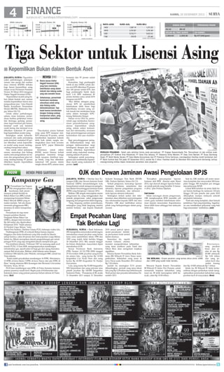 FINANCE

KAMIS, 26 DESEMBER 2013

surya.co.id | surabaya.tribunnews.com

I
I
I
I
I

18

I
I
I
I
I

19

I
I
I
I
I

20

Minyak/Dolar AS

4.189,61
I

I
I
I
I

23

I
I
I
4.202,83
I
I

120,00
110.00
100.00
90.00

24

I
I
I
I
I

18

I
I
I
I
I

19

I
I
I
I
I

20

Rupiah/Dolar AS

I 99,22
I
I
98,96 I
I I
I I
I I
23

24

12.500
12.000
11.500
11.000

I
I
I
I
I

18

I
I
I
I
I

19

I
I
I
I
I

20

I I
I 12.201
I
I
12.195 I
I I
I I
23

24

KURS VALAS

IHSG Jakarta
4.300
4.200
4.100
4.000

MATA UANG	

KURS JUAL	

KURS BELI

HKD	

1,587.14	

1,571.35

MYR	

3,741.87	

3,701.40

SGD	

9,722.71	

9,622.52

THB	

376.59	

sumber: bloomberg

372.40

HARGA EMAS
23/12

|

PERKIRAAN PASAR

25/12

DOLAR AS/TROY OUNCE

(24 KARAT)

1.202.00

Rp 477.000/gram

1.203.30

sumber: bank indonesia

Tiga Sektor untuk Lisensi Asing
■ Kepemilikan Bukan dalam Bentuk Aset
jakarta, surya - Tiga sektor
yakni perhubungan, pekerjaan
umum, dan energi dan sumber
daya mineral (ESDM) terbuka
bagi lisensi kepemilikan asing
dalam revisi Peraturan Presiden
Nomor 36 Tahun 2010 mengenai
Daftar Negatif Investasi (DNI).
Kepemilikan modal asing bukan dalam bentuk aset, namun
melalui kepemilikan lisensi atau
pengusahaan jasa, tutur Kepala
Badan Koordinasi Penanaman
Modal (BKPM), Mahendra Siregar, Selasa (24/12).
Untuk sektor perhubungan,
selama masa konsensi, penyediaan fasilitas pelabuhan antara
lain dermaga, gedung, penundaan kapal terminal peti kemas,
terminal curah cair, terminal
curah kering dan terminal ro-ro
diberikan maksimal 95 persen
bagi kepemilikan modal asing.
Sedangkan untuk kebandarudaraan dan usaha penunjang
pada terminal, maksimal 49 persen diberikan untuk kepemilikan modal asing sesuai undangundang transportasi udara.
Dan, untuk sektor pekerjaan
umum, mencakup dua bidang
usaha yaitu pengusahaan air minum dan pengusahaan jalan tol,
yang masing-masing 95 persen
diberikan kepada kepemilikan
modal asing.

FIGUR

P

revisi dni
■ Revisi aturan Daftar
Negatif Investasi (DNI)
yang baru membuka
keterlibatan asing dalam
industri dan bidang usaha
yang ada semakin besar.
■ Sebelumnya, pemerintah
berencana membuka
seluruhnya untuk asing
atas bidang usaha
kebandarudaraan. Tapi
batal karena bertabrakan
dengan Undang-undang
transportasi udara, yang
membatasi kepemilikan
asing.

Dua-duanya punya batasan
yang sama KPS maupun nonKPS sebanyak 95 persen, untuk
memberikan kepastian hukum
lebih baik dalam rangka meningkatkan daya tarik investor
masuk KPS, papar Mahendra
Siregar.
Sementara, untuk sektor
ESDM, secara khusus terkait
pengadaan transmisi tenaga
listrik maupun distribusi tenaga listrik, yang bisa diberikan
maksimal 100 persen dalam
rangka skema KPS, selama masa

Hendi Prio Santoso

Kampanye Gas

T Perusahaan Gas Negara
Tbk menginginkan semua
kendaraan, baik umum
maupun pribadi beralih ke
Bahan Bakar Gas (BBG) untuk
mengurangi konsumsi Bahan
Bakar Minyak (BBM) yang semakin menipis. Tak ada alasan
menunda penggunaan BBG,
terutama di sektor transportasi
massal.
Perusahaan ini siap membangun puluhan Stasiun
Pengisian Bahan Bakar Gas
(SPBG), dengan total investasi
Rp 260 miliar dan dijadwalkan
antara
beroperasi 2014. Salah satunya
di Pondok Ungu, Bekasi, tutur
Hendi Prio Santoso, Direktur Utama PGN, beberapa waktu lalu.
Pembangunan SPBG di wilayah Bekasi karena respons
tingginya lalu lintas kendaraan yang hilir mudik ke Jakarta
setiap harinya, yakni 60 persen dari total populasi warga Bekasi.
Selain itu, Bekasi merupakan daerah pengembangan gas untuk
jaringan PGN yang siap mengubah Jakarta menjadi kota gas.
Pria kelahiran Jakarta, 5 Februari 1967 ini memang sejak awal
masuk PGNI, 13 Juni 2008, mengampanyekan membangun
infrastruktur gas, seperti jalan tol bagi gas dari ujung Sumatera
sampai Bali lewat pipa. Bahkan, telah bekerja sama dengan
Gubernur DKI Jakarta, Joko Widodo, menangani BBG untuk bus
Trans Jakarta.
Kami sudah proyeksikan membangun 16 SPBG. Rinciannya,
12 SPBG di Jawa Barat, 3 SPBG di Jawa Timur, dan satu SPBG di
Riau, terang alumnus BBA Keuangan dan Ekonomi Universitas
Houston, Texas, AS ini.
PGN baru membangun satu SPBG di Pulau Sumatra lantaran
potensi pasarnya masih kecil. Begitu pula di Kalimantan dan
Indonesia timur yang potensi pasarnya belum sebesar di Pulau
Jawa. (hri)

join facebook.com/suryaonline

konsensi dan 95 persen untuk
non-KPS.
Kemudian, bagi pembangkit
listrik di atas 10MW, untuk skema non-KPS diberikan 95 persen
dan 100 persen untuk KPS, dan
bagi pembangkit listrik skala
kecil 1-10 MW maksimal 49
persen berlaku sama untuk KPS
maupun non-KPS.
Bisa dilihat, sebagian pengaturan KPS ini memberikan
keterbukaan lebih besar bagi
keterlibatan investor asing untuk masuk dan melakukan kerja
sama dalam kerangka KPS,
terang Mahendra Siregar.
Dalam revisi DNI ini, pemerintah juga melakukan harmonisasi penyederhanaan pengaturan kepemilikan saham
asing, dalam sektor komunikasi dan informatika, terutama
bagi penyelenggaraan jaringan
komunikasi dan jasa multimedia.
Bagi penyelenggaraan jaringan telekomunikasi tetap dan
jaringan telekomunikasi tetap
terintegrasi dengan jasa multimedia, diberikan kepemilikan
modal asing maksimal masingmasing sebesar 65 persen.
Sedangkan untuk penyelenggaraan jasa multimedia kepemilikan modal asing maksimal 49
persen. (ant)

surya/sugiharto

peroleh pinjaman - Salah satu aktivitas bisnis anak perusahaan PT Erajaya Swasembada Tbk. Perusahaan ini dan entitas anak
perusahaan (PT Erafone Arta Retailindo, PT Sinar Eka Selaras, PT Teletama Artha Mandiri, PT Data Citra Mandiri, PT Nusa Gemilang
Abadi, PT Multi Media Seluler, PT Data Media Komunikasi dan PT Prakarsa Prima Sentosa), mendapatkan fasilitas kredit tambahan dari
PT Bank Central Asia Tbk pada 20 Desember 2013, senilai Rp 2 triliun. Fasilitas kredit itu diberikan BCA secara joint borrowing, artinya
masing-masing entitas dapat melakukan penarikan atas pinjaman.

OJK dan Dewan Jaminan Awasi Pengelolaan BPJS
jakarta, surya - Otoritas Jasa Keuangan (OJK) dan Dewan Jaminan Sosial
Nasional (DJSN) menandatangani nota
kesepahaman untuk mengawasi pengelolaan Badan Penyelenggara Jaminan Sosial
(BPJS) yang beroperasi 1 Januari 2014.
Bahkan, OJK tengah menyiapkan aturan
pengawasan itu, yang menggunakan dua
metode pengawasan, yakni pengawasan
langsung dan pengawasan tidak langsung.
Yang langsung melalui pemeriksaan,
sedangkan yang tidak langsung melalui
analisis berkala, ujar Kepala Eksekutif

Industri Keuangan Non Bank (IKNB)
OJK, Firdaus Djaelani, Selasa (24/12).
Terkait pelaporan, mencakup laporan
keuangan (bulanan, semesteran, dan
tahunan), laporan pengelolaan program
(bulanan, semesteran, dan tahunan) ,
serta laporan aktuaris (tahunan).
Sedangkan terkait sanksi dan rekomendasi, akan diberikan surat peringatan
dan rekomendasi kepada DJSN dan atau
Presiden. OJK akan melibatkan semua
pihak yang berkepentingan dalam pengawasan.

Kewajiban penyampaian laporan
bulanan oleh BPJS dimulai sejak Maret
2014, tapi diawali dengan laporan bulanan untuk periode yang berakhir 31 Januari 2014, jelas Firdaus Djaelani.
Call Center

Selain rancangan aturan pengawasan,
OJK mengharapkan BPJS memiliki call
center guna memberi keterbukaan informasi kepada masyarakat. Kapasitasnya
harus lebih besar sehingga bisa melayani
lebih dulu.

Saat ini, OJK melalui call center menerima komplain dari masyarakat 200 komplain hingga 300 komplain per minggu
atas pelayanan IKNB.
Untuk BPJS keluhan itu tentu lebih besar karena lembaga itu melayani 120 juta
hingga 150 juta peserta dan pada 2019
diharapkan mampu melayani seluruh
penduduk Indonesia.
Pasti ada orang komplain, akan banyak
jumlahnya. Tapi yang terpenting, bagaimana cara memberikan pelayanan yang baik
bagi masyarakat, tambahnya. (ant)

Empat Pecahan Uang
Tak Berlaku Lagi
surabaya, surya - Bank Indonesia
(BI) mengimbau masyarakat untuk segera
menukarkan empat pecahan uang kertas
lama emisi (penerbitan) tahun 1998 dan
1999 yang sudah tidak berlaku hingga
30 Desember 2013. Bila sampai tanggal
itu belum ditukarkan, masyarakat dapat
menukarkan di BI.
Sesuai Peraturan Bank Indonesia
(PBI) Nomor 10/22/PBI/2008 tanggal
25 November 2008, pecahan uang kertas
itu antara lain, uang kertas Rp 10.000
bergambar Cut Nyak Dien dan uang
kertas Rp 20.000 bergambar Ki Hadjar
Dewantara.
Lalu, uang kertas Rp 50.000 bergambar
WR Soepratman dan uang polymer atau
plastik pecahan Rp 100.000 bergambar
Soekarno-Hatta. Penukaran di BI, mulai
31 Desember 2013 sampai 31 Desember

2018 sesuai jadwal operasional penukaran, demikian pernyataan bank sentral
dalam situsnya.
Sementara itu, seperti
momen Lebaran, otoritas
moneter memperkirakan kebutuhan
uang tunai (outflow) pada Natal dan
Tahun Baru akan mengalami lonjakan
signifikan.
Khusus Kantor Perwakilan Bank Indonesia (BI) Wilayah IV Jawa Timur memperkirakan, kebutuhan uang tunai di
Jawa Timur pada Desember 2013 sebesar
Rp 7,26 triliun.
Jumlah itu meningkat 37,51 persen
dibandingkan periode yang sama tahun
lalu yang Rp 5,28 triliun atau lebih banyak
50,62 persen dari proyeksi kebutuhan Desember 2013.

Rinciannya,
uang pecahan
besar atau senilai di atas Rp
20.000 sebanyak
kompas.com
Rp 9,94 triliun
tak berlaku - Empat pecahan uang kertas tahun emisi 1998 dan uang pedan 1999 yang sudah tidak berlaku.
cahan kecil atau
senilai kurang
Menurut Kepala Kantor Perwakilan dari Rp 10.000 sebanyak Rp 1 triliun.
BI Wilayah IV Jatim, Dwi Pranoto, untuk
Selain itu, BI Wilayah IV Jatim berkomemenuhi lonjakan kebutuhan uang ordinasi dengan perbankan untuk mengtunai ini, BI telah menyiapkan lebih ba- optimalkan pemenuhan kebutuhan uang
nyak, yakni Rp 10,94 triliun.
pecahan kecil di masyarakat. (ben)

follow @portalsurya

 