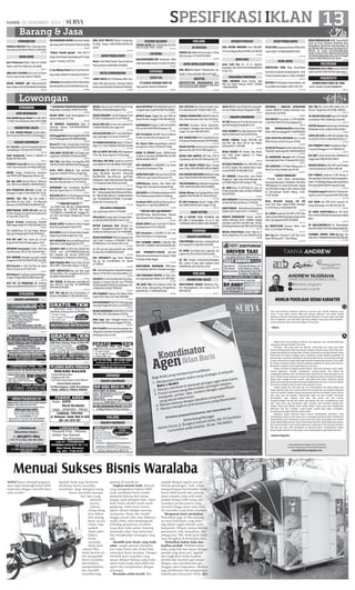 SPESIFIKASI IKLAN 13

KAMIS, 26 DESEMBER 2013

MELAYANI BOR: SUMUR,Stros,Arde, Tandon

PENGOBATAN
MEDICALCHECKUP185rb=30mcmBy1Get1
Free Akurasi Alt 90%70224111/8410290
027325

RUPA-RUPA

,Bus beton AGUS 81232107/ 082131132269
025286

“Gebyar Sepeda Jepang”. Lihat Stock 
Harga, Ketik Gebyar Sepeda Jepang Di “Google

Jasa Pemasaran Online, blog seo friendly

Search” / H:031-77477725

023871

OBRL 50% TV250RbSofa S.Case L.Es Frezer
M.Cuci C Kursi Chitos+Kafe77328932
024060

DICARI PERABOT JATI Bekas,Lemari,Krs
Roda, Etalase 03170738448/081703955668

Cr Cpt BdDaya Kroto Drmh Tnp Pohon HslPanen Dbeli 085607571386/081232354172
026964

J BhnBaku HomeIndstri Plastik Bru Bekas
AksesPbrik081231072598/085655107146

AC/KULKAS

JUAL KUCING ANGGORA Umur 3Bln,6Bln,

PETIK APEL Sepuasnya Hanya 20 Ribu Hub:

CATERING

SERVICE AC-Kulkas-M.Cuci Garansi 1 Tahun
Hub:Sinar Jaya 7716797/9729847

1Th Lucu2,Bagus2,Murah H081 233 188 000

AGEN PERJALANAN

Surib 0341-7376468/085649772001

Mall,Grj,Kantor40045000-70168682
027237

HOTEL/PENGINAPAN
SONNY HOTEL AC/TV/W.Heater Brkft Taxi24jam Wiﬁ AgenLaundry Cafeshop PstKota
ParkirLuas0315040613/5046432/5044939

GALAXIWEDDING.COM Prasmanan Mulai
19Rb Paket Nikah Mulai 17Jt 03177110027
025430

026788

RUPA-RUPA ELEKTRONIK

SIDOARJO

JUAL BELI/TkrTambah TV,Kulkas,Msn Cuci

SEDOT WC

ARSITEK

Dll.Beli TV Rsk8104567/081233774567
027386

PT.LANCAR SIDOARJO SEDOT WC
Tinja Hub:031-8921874 /8964978

026458

INVESTASI
Inves Rmh Kos hsl 5x dr deposito.
aman!mlai 10jt hsl27%/th085649650610
A.Yani 3/12
027160

MAKANAN-MINUMAN

027164

INGIN PENGHASILAN 5Jt/BL Tanpa Modal?
Anda Yg Punya Penglmn Marketing! Kami
Menyediakan Sgl Macam Alat2 Kesehatan Yg
Sgt Dibthkn Oleh Konsumen Dg Harga Grosir.
Berikan Ke Sanak SaudaraLingkungan
Sekitar Anda.Tertarik? Daftarkan Diri Anda Dg
Sms Biodata:Nama,Almt,Umur,Llsn Th,Penglm
Kerja.Ke 082230919102.Cpt Terbts!
027334

RUPA-RUPA
KONSULTAN LUAR Negri Kerja/Kuliah
Australia,Canada,Jerman,Jepang,Korea Hub.
PT.Best Jl.Akordion Ruko A-4 Mlg 2580838
026418

ARCHITECTURE DESIGNBUILD RMH
Ruko Cafe Resto Hotel,Vila,Kantor,PabrikIn
trior Furniture0341-405091

TOKO ANDHIKA Grosir Permen Apel
Sblh Kiri Polsek Pakisaji 0341 7709404
- 085646440800

NUTRISI Utk Membantu Penyembuhan, utk
Turun/Naik Berat Badan 0812 3587 925

PASURUAN
KERJA PART/FULL TIME income2-10jt SMS:
nama-usia 087750927304 Wr.Supratman11

027170

MOJOKERTO
SUMBER HIDUP SEDOT WC TINJA
0321-324494 /324495 MOJOKERTO

027069

024387

027436

027129

027192

024415

DICARI Srabutan Laki SD/SMP Max25Th Gaji
50Rb/Hari Hub:Jl.Gemblongan 63 Sby

WALK INTRVEW STAF BANDARA Max25Th
TraingPnmptn Jl.JantiYk085799188900

DCR CAPSTER Bisa Facial Crembat Jl.Dar
mo IndahSelatan KK-720819 3836 1555

SALES TO SIM C min.SMA Jjr,Ulet,T.jwb,Gj Mnrik .Lam.CV.Boom Distr,Jl.Tenaga Baru VI/B2

DCR TNG Msn Cetak SMK Graﬁka Pria 1926.Lam: Tenaga Baru IV/10 Mlg 485016

027284

027473

DICARI SOPIR Trailer Berpengalaman Lamaran Jl.Kalianak 51-Y Sby

DICARI MEKANIK Truck Pengawas Truck
PT EKA PS Jl.Kalianak Brt 55-A7492363

KRYWTI Depot Tinggal Dlm Gaji 700rb Bs
Masak Utk Rmh Tangga77867440 ARH 63C

TENAGA SERABUTAN (ANGKAT2) Usia 2035th, Dharmahusada Indah Timur IX/20 Sby

DBTHKAN 1 ANALISIS KESEHATAN
Lulusan SMAK/D3 Analisis Kesehatan Lam:
Jl.Kartini No.19A MLNG

027288

027464

KARYAWAN/Ti Single Lls SMA Utk KASIR 
SPG Lam Bw:VIVA MART Jl.Kapasari 136

DIBTHKN Karyawan Harian bag.Serabutan/angkat2, Pergdgan Save and Lock S1853
Lingkar Tmr Sda 081906518971

025598

ADM-KEUANGAN
DCR ADMIN Rental Mobil.Pria SMA SIM A
+C.D4Du Trans BJ Katamso Waru92121800
027167

MARKETING-SALES
Cr P/W MARKETING(AO) Jjr,Ulet,Pglmn,
Kend Sndr,max30th,minD3,u/Sda.Ketegan 7
026474

025700

TK PANGKAS RambutPria Pglm U/
Smarinda Wistrop U19085358399878081330911407
025997

CR PenjagaToko HP(Wnt/Single)MinSMA/SMK
18-27Th KedungCowek 10B 08993424888
026088

RAGAM LOWONGAN
Dcr Tng Wnt u/ jhit krah kaosobrashrian
,simolawang br 5/36 sby0313714560
023458

Sopir Dumptruck Tronton Jl Sidodadi 12
Bangil 085330511801
023515

PENJAHIT Cover Jok Bs Jrum 1/2 Brgan/Set70rb +Bns PurimasE3-24 082226001058
023749

DICARI Tenaga Produksi;Tng Serabutan
Lam”PRIMA ADV”Ngagel Jaya Selatan 102
023826

Bth Byk ADM,U/kntor.P/W.min SMA/max
35th. GN224.sms BIODATA 085852810552
024249

BTH PENGEMUDI SIM-A/B 2,5jt/Bln Ke:
Jl.Rungkut Tengah 76 Sby0856 4973 4734
024384

NEMPEL TALI TEH. Tiap Hari Ambil 5
Box/350rb (50 Box=3,5Jt) + Tnj Blnan.Dtg
Bubutan 22G,SMS:MONICA 083854447228
024868

DIBUTUHKAN, SOPIR SIM A/B, Gaji 2,5jt
Per/bln. Datang Lansung Tes ke:Jl.Lakarsantri
20 Hub: 0857 3166 7703
024914

Krywti U/stand ChickenCrispy Max30th
SMA Dtmpkn Royal,PTC70071616 DPU17/24

024952

DCR ADMIN,Tknsi AC,T.Cat+Helper BwLam
DtgLsg Jl Pandegiling183081330454552

025176

BTH PRT WNT Tidur Dalam Gji 1,6-2,5Jt
Andy 081331100355 KetintangBaru 16/21
025251

DBTHKAN Karyawan/i Cheker ADM Dtg
Lsg Barata Jaya-16D Lt2 Sby Up Andre/Udin

025279

DCR MANDOR Borongan yg punya banyak
Tenaga Krj 70161516-0816515501.siw120B
025328

DCR Krywati u/ Toko Full Time Lmr Royal
Plaza Lt Ground A1/45 8271612

Krywn/Ti U/otlet Terang Bulan FasGj+Bns
MengantiGogor20Wyg 082232250018(SMS)
026298

027101

027100

Butuh ADM utk ktr baru p/w smp/smu-s1
 083857587060 LISA. Gngsri 224
027098

DCR ACCOUNTING WNT S1 min 28th Pglmn.
Lam Lsg Rungkut Asri Utara 4 8702572
027102

CR TEKNISI/HELPER AC Pglmn 1Th Max27
KdgTr CC5 T:(031)78080513/087852106168
027108

CARI BABY SISTER PRT Gaji Tinggi Langsung Kerja 0818645730 DeltaSari BE28

DCR 10 SOPIR SIM A/B1,SMA,Pngalaman
2Thn: Vila Taman Gapura F1/18 Citraland

DCR TKW u/Ind Mlysia Twn,Sng,Hkg GRTIS
0878 51791897/083830572045 Bungurasih

BTH Bbrp TNG PRIA Serabutan max35Th
Lam:Dtg Jemur Sari2 No.98(Dpn SMA10)SBY

026364

027112

Gratis 100% ditrm.bth tnga sawit.dpt
uang saku.085647370191.jl.imogiri246.

DICARI BAG.STAF UMUM U/Pss:ADM,Recep
,Gdng Min.SMA/K Max.24Th U/Possi:OB
Min:SMP/SMA Max.20Th.Lam Lgs:PT.SDK
Jl.Margorejo Indah Ruko Jemursari Raya Blok
C-20 Samping Polsek Wonocolo (Gratis)

026194

026507

MARKETING Max30th Peng Min2Th Dlm/Lr
Kota Dom Sby.Dpk Grosir Lt.2 72323279

026578

KARYAWAN Toko Pria/Wanita Max30Th
Dom Sby; Dupak Grosir Lt.2 72323279

026571

DCR GURU SD Wnt S1 Mat Menguasai B.Ingg
Aktif Lmr Jl.Slamet 43 5311199 Sby

026690

***MERCURY PLASTIC***
Cari SOPIR Srbtn SIM AC T.WORKSHOP(Bs
Bubut,Milling Dll), T.SETTER Msn Injcet
T.LISTRIK(Arus LemahKuat) Sanggup Masuk Shift Lam:Pergud. Margomulyo Permai
Q-44,Sby
026907

DICARI SOPIR Pria/Wanita (Untuk Tengah
Kota) Dtg Lsg:Rungkut Industri II/51
027068

DCR SOPIR Sim B1/A,Srbutan:Ruko Rungkut
Megah Raya J5;Kalirungkut Kav 5 Sby
027075

DCR OPERATOR Mesin pond(Plong Kertas)
Pglmn.Krm Lam:Jl.Ngagel Jaya Sel 3/31
027073

SECURITY SMU 20-30Th Pria 166/60 Wnt
156/46 Lmrn ke:PT.MANGGALA.Jl.Kerinci
No.3 Sawahan Sby Sen-Jum 08.00-10.00
Traininglgsg krj Penempatan Sbysktrny
027072

DIBUTUHKAN PRIA Untuk Posisi OB Hub
:0812 9465 7169 krukah selatan 7-A No.03
027083

027107

027158

DCR SOPIR  PENAGIHAN
Lam Lsg:Petemon 4A/51 77323266

027199

Dibutuhkan Tenaga Sopir  Tenaga Serabutan Wil.Sby082142638123 Setro V/12C
027186

BUTUH Pembantu Koki Masakan Indonesia ,PenjagaKantin,Sopir,Tk Msk Nasi
Srabutan,Hub:Jl.Jemursari 107 8480988
027188

DICARI KARYAWAN SMK Pertukangan 2th
Latih Rakit Furniture 70566995. 08133
0593889.Jemur Sari Selatan 6.No.3a-3b.
027208

dcr SPG wnt utk sutos.max25th lam, SUTOS
lt1 blok i/69,70988950/5633839

027195

DCR KRYWAN/TI Jaga Stand Makanan
Dtg Lgs Bw Lam:AR.Hakim 147 Apotik
77009017
027226

Bth AdminPengalaman,PegawaiGudangSer
abutan L/P Max33th Lam:Lebak Indah11-15

DCR Waitres  Tng Dapur Lgs Intvw Menganti Gogor 20 Wyg082232250018 Hny SMS

BTH CPT 10 PENGEMUDI SIM A/B.Peng
hasiln s/d2,5jt/Bln082332337157 -71719935

TKG MASAK Wnt,Masakan Jawa,Pglm,Mu
slim,45th,PTC mall Blok. E3-6,KEMUNING
SMS081357043832

SECURITY 23-35th Pria Min168/155cm Penempatan di daerah Sby-Sda Lam PT.MITRA
SALIRA Komplek THR Jl.Kusuma Bangsa 116118(blk HiTech Mall)T.70003350

SURABAYA

DCR TNG Gdg,Adm,Tkg Jht,Serabutan u/
Konfeksi Jl.Mojokidul 57 Sby0818521555

DCR PENJAHIT Halusan Utk Modes P/Wnt
LamKe Ploso Timur 4/22 Telp:70802480

025393

025593

027096

027094

027099

RAGAM LOWONGAN
. . . . .1X25

PT.SMJ . .. . . . . . . . .
. . . .. . . . .

.. . . . . . . . . 1X25 .

027239

027254

027248

DCR KARYAWAN MAX23TH u/Resto Jepang.
LamLsg Jl.RungkutAsriUtara no.48702572
027251

DICARI KARYAWAN SRABUTAN SLTP/SLTA
SIM C,Max.25Th Hub: Baliwerti 108 Sby
027253

Dbth Sopir Pglm U/Bengkel+Krywn Cuci
MblPglm/Tdk H:Banuwa Jl.Ngagel131A Sby

027265

023714

027136

PT HADENA IBU KENDEDES . . . . . . . . . . . .1X25
.......

GRATIS TKW BARU . . .. . . . . . .. . . . 1X25 . . . ..
......

DCR TK KAYU,tk cat duco plus melamin, ﬁnishing hpl  serabutan hubungi:0818325948.
kendangsari ykp 3 no.10a
027279

GRATIS TKW . .. . . . . . . .
. .. . . . . .

024053

. .. . . . . . . 1X25 . .

027137

. . . . .. . . .

PT LENKO DES . .. . . . . . . .. . . . .. . . 1X25 . . .
......

027478

SIDOARJO
RAGAM LOWONGAN
LOW.IBU MEILAINA . .. . . . . . . . . . . . 1X25 . . .
.. . . . . .
026378

027341

. .. . .

027292

DCR Pria/Wnita MinSMP Kerja Serabutan
Di Toko Lam:Viva Mart Jl.Kapasari 136
027312

Dcr Pgwai Srbtn bag.packing,bs motor,Jl.
karang Asem 14 No.72.H:081231775346
027360

KERJA Di RUMAH Komisi 350Rb/hr,Alat
 Bahan dr Kantor,JL.RY.BUBUTAN 22G,SMS
NADIA083831480377

027463

DCR MARKETINGU/Prsh Expedisi,KrmLmr:
HC Express Jl.Pulowonokromo 2658298961
027459

DICARI SUSTER Untuk Lansia Lumpuh Pengalaman Hub: 085736137388 Rungkut 12
027441

DICARI ADM WANITA SMU Max 25Th 
Tng Gudang Laki Max 28Th Klampis Aji 2/18

027384

027440

DCR MANAGER  KARYAWATI Lam Resto
Loving Hut Jl.Sumbawa 37 Sby

TKG LAS PAGAR STENLIS Pglmn. Pucang
Sewu 2 Sby. CV.BIS 83413000/ 082141938483

PABRIK AMDK . .. . . . . . . . . . . . . . .1X25 . .. .
.......

027337

MALANG
RAGAM LOWONGAN

026416

027421

PT.MAHAWANGSA . .. . . .. .. .. . . . . . . 1X25 . .
. .. . . . . . .

LOW PENJAHIT PRIA. . . . . . . . . . . . . .1X25 . .
. . . . .. . . .

SEMERBAK CITRA . . .. . . . . . .. . . . . . . 1X25 .
.. . . . .. . . .

027077

027423

027143

027390

027486

SEKRETARIS ADM Srabutan LlsnSLTA/SMA
/SMK Intrw Lgs Jl.Darmo Permai Sel 17/9

KULI SERABUTAN/SOPIR(AdaMess).Pucang
Sewu 2 Sby03183413000-082141938483

027394

027485

SOPIR/Krywn Srbutan Toko Mebel Hari
Minggu Libur H:Jl.Kapas Krampung 94 Sby

TKG CAT PAGAR Pglmn Halusan.Pucang Sewu
2 SBY. CV.BIS83413000-082141938483

027396

027483

DCR SOPIR Sim A/B1Admin Bs Komp 8375
7621 Babatan pratama blok GG-26 Wiyung

Dbthkn Bbrapa Tng Peg.Depot/Rstrn Srbtn
tgldiSBY 081330441791-081615061161

027381

027498

Serabutan SIM C gajiTetap Jl.Banyuurip Lor
Tengah No 15-i,Sby(031)88401007

DI CARI Pembantu Rumah Tangga (PRT)
Hub: 08981564059, Jl.Brk Tengah 12, Sby

027385

027153

Kerja DiRmh Memisah Plastik Hsl Jutaan/
Bln (BukanJualanProduk/BukanCari2Member /BukanSebar2Brosur) CukupKerjaDirmh
Saja 7674988/085257169969 Prum.BukitBambe AN-16 Driyorejo-Gsk

LIPAT KERTASTEH.Shari dpt 5box upah
350rb(100box=7jt)+uangBlnan.Bu2tn22G.
sms.ROSA 081934165416

025341

LOW.GOLD TAXI . . . . . . .
.. . 1X25

AGEN PERJALANAN

**LOWONGAN PENGEMUDI BLUEBIRD**
Penghasilan 2.5jt/Bulan 0859 5455 4434

SURABAYA

LOW.TKW TKI . . . . . . .
. . 1X25

HEWAN PIARAAN

UCAPAN SELAMAT

026966

025250

PT KS . . . . . . . . . . . . . . .
........

MALANG

TERIMA KASIH Atas Terkabulnya Do’a Novena 3x Salam Maria - Susana
027472

027090

Amos-Carter Mobil,Drop ke Tujuan,Anjem ke
026733

500rb, 087752719000, bb: 2813B2E8

JUAL ALAT PRESTO Pelunak Tulang Kap.
10-25Kg +Resep 082140966756/031310
28293

027513

**KRYWN TOKO-GAJI MENARIK**
Wnt,SMA,Single Max24th,Penam Menarik
Toko Aksesoris Petra Jl.Kapasan 153 Sby
027402

DICARI SOPIR Dump Truck Hub: PT EKA Ps
Jl.Kalianak Barat 55-A 7492363
027389

DCR Karyawan u/ KULINER di Sda Lam:
Ruko Town House A-19 Sepanjang
027408

BTH CLEANING SERVICE U/SBy-SDA Max
30th 031-77456606 /72467422 BSI D2/81 SDA
027417

DCR PEMBANTU+MASAK Jujur,Gaji
Memuaskan Jam Kerja Jam 8-5,Dupak 17 Blok
B-3A Ruko Pasiﬁc Megah
027428

DIBUTUHKAN KARYAWAN SPBU.Lamrn
Krm ke;Jl.Raya Talun No.1 Sukodadi-Lamongan
027507

CARI PENGAWAS PROYEK, D3 Sipil Lamaran Langsung:Griyo Pabean 27D T:8670386
027502

BABY SITTER

027062

026855

RAGAM LOWONGAN
CR TNG Pemasaran P/w Gaji,Um,Komsi Lam
Lgs:UD.Primajaya Jl.Ry.Wendit 2C/10
026339

PGW LAUNDRY Krja Pagi Sampai Jam7 Mlm
Dtg ke Jl.Aluminium 5,Jam10.00 Bw Ktp
026341

DICARI TENAGA Produk SMP/SMK Wnt
max.30th Gaji Awal 650-1Jt Dpt Makan,
Jl.Hasanudin 1  364 690
026358

DICAR SEGERA PRT Muslim, Bisa Masak,
max. 45th, Istana Gajayana J-6 Dinoyo
08121733288
026355

PETUGAS PRODUKSI, Pria, SMK/SMA, Usia
18-22Th, Disiplin, Mau Bekerja Keras Lamaran Ke:PO BOX 179 MALANG 65101
026360

CR MANAGR Pemasr,Sales Canv+Eksktf
Penglmn,Jr Tagih Puny Kend+Bersedia Menyrh Bpkb Sbg Jam.Hub:Ciujung 2C Mlg

026387

CR ADM,Mrktg 25-30Th,Min.D3 Lmrn Ke
PT.Best Jl.Akordion Ruko-A4 Mlg 2580838/
08133507004
026420

DCR THERAPIS P/w Bs Semua Prwtan Hub:
Sln Rudi Hd Matos,Jl.Veteran 2 555528

026486

DIBUTUHKAN WaitresCook,Cheesebury
Kopitiam Jl.Dr.Sutomo 26/C1-5 360312

026539

PRT  SUSTER TANPA POTONGAN GAJI
IBU WATI. Jl KetintangBaru 16 no 21 Sby.
T;70044405-081331100355-085730098057
027338

KURSUS MENGEMUDI “Private” membutuhkan beberapa Driver u/Dididik menjadi
Instruktur max.45th min.SMA Gaji± 2jt.Hub:
Jl.Bandung Bundaran dpn SDK.Sang Timur Mlg
026723

SIDOARJO

Dbthkn Mslm/Mslmt u/Syiar Alqur’an H.
Totok, Jl.Kbg Kertas 15C,Sms: 081805131258

RAGAM LOWONGAN

026689

CARI PEKERJA Serabutan u/ Gudang.Perum
Puri Teratai B/1-A Sda081 828 0009
027207

CR SOPIR Syrt:Sholat,Sim.A pglm,ijzh asli
LsgKrj31312323-0811312343.mstk49
027214

CR SPG Pnmpln mnrk;SunCity;Pahlawan
NO.1 atrium Lt1.dpn optik melawai brand
OSHIAMA dkt pintu lobi ktm p.Yudi
027439

MALANG
MARKETING-SALES

TKG JAHIT Rok Pesta Halusan (P/W) Tkg
Manik (Kerja ditempat)Tkg Potong/Patron.
Bukit Mas RO-17 087854976200

DIBUTUHKAN SEGERA Marketing Property Berpengalaman. Krm Lamaran ke: PO
BOX 6060 ML

027490

026718

DCR KRYWTI Srius Kerja 17-29Th,Gaji9001,5Jt085736367229 Simp.Gajayana 611
026828

DCR
MHSWA/Min18Th,ParTime2-5Jam
XtrInc 2-9Jt.Permata Jingga H17 08563568525
026857

CARI ASSISTEN APOTEKER Wnt Lls SAA
AMD Farmasi Lam:Jl.A.I.Suryani 30 MLG
026829

CR IBU RT/PnsiunKrjdrRmh Dltih Bhsil Inc
500rb20Jt SmpRanugrati8 089646600026
026844

CR AGENMGR Asurnsi P/W GT,Cluster
CakalangIndah II Kav O PolowijenMLG 65126
026871

SPG COUNTER U/ Di Matos Malang. Krm. D
Metro Star Comp. Klampis Jaya 6A Sby

027213

CR TNG ROTI KELILING Pagi 5.30-8.30 GjMnrk KednSdr:TOKO SADAR Kyai Tamin 84
027220

DCR PRT Wanita Muslimah,Jujur TdrDlm Gaji
600Rb/Bln0341-3186551/0811309875
027234

SUPIR SIM A/B1  ADM Wnt Jjr,KrjKrs Dtg:
LA.SUCIPTO 1942119687/081230031117
027235

DCR PENJAHIT KAOS Pengalaman Brgn +
Transpot Jl.Manggar 23 T.7369506 CPT
027245

Bth WNT u/kerja Resto,Salon diMalaysia Gj
tinggi jl apel 3Mlg 081991130629
027282

DRIVER PAHAM Jln MLG-SBY Lam:Tirtajaya
Travel Jl.Kalimantan 36 Mlg 366148

026901

027329

*SANGAT MENDESAK*
PT.Artha Graha Sukma membutuhkan
Karyawan/Karyawati, Pendidikan: Min.SMA/
SMK,Diploma  S1 untuk Staf Kantor Cabang
max.35th.Bawa segera Surat Lamaran Anda
ke: Jl.JA.Suprapto No.68D Malang, 10.3014.30 Terbatas

BTH TENAGA Serabutan  PRT Wanita u/
Warung Makan,Tidur Dlm Hub:Jl.Simpang Borobudur 2/22,Blimbing Malang, Warung Jackussy
Mie Lumpur(082225622052 yg Serius Saja)
027342

Prsh Js Keuangan Mmbthkn CS/Telemarketing.Krm Lam:Jl S.Parman36085730372080

027060

027349

Kerja dirumah pasang tali teh
1box=70rb tanpa target.PT.HDN Sawojajar
A-10.SMS Nancy 081944820799

DCR SOPIR Gaji UMR Kirim Lamaran Ke:
Jl.Raya Mondoroko 37 085 784 238 739

027103

Dcr SOPIR Serabutan Min.SMP  PRT Tidur
Dalam Gj.Awal 800rb.Dtg lsg ke: Jl.Argo Parkit
II No.1 Karangploso082143559000
027130

Dcr BEAUTICIAN, Perawat, Admin. Lam
kirim : Jl. LA.Sucipto 59 MaLang
027131

Bth Tng Wnt u/Souvenir  Gift Box. Lmrn
Depot 88 Esberg W1-7 Tidar Malang
027140

027353

CR SOPIR DUMPTRUKPglmn SIM B,Wil.
MLG 081252562580 Jl.Krematorium Mjrejo
BATU
027379

CR SALES,HELPERSOPIR B1 Umum,Srbutan
Max 40Th085732197559 PrmKrgLoIndah B30
027368

CLEANING SERVICE PRIA,Mlg,Lmjng Pas,
Prob 031-77456606/72467422 BSI D2/81SDA
027425

 