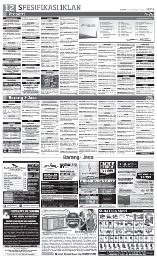 12 SPESIFIKASI IKLAN
SURABAYA PUSAT
KANTOR DIKONTRAKKAN
DSEWAKN R.KANTOR Andhika Plz Lt1,
Simpang Dukuh 38-40.Ada SmokingRoom
5314017-19
027322

SURABAYA TIMUR

SS 4KAV S.Bng SHM Sambi Bulu-Taman 45Jt
6x13 Bs Krdt 2Th 70684651-77662471
027505

RUKO DIJUAL
B.U JUAL RUKO SIP Belakangnya BCA Juanda 5x18M 3Lt Hanya 1,2M H:03133508899
025173

RUMAH DIKONTRAKKAN
RUMAH DIKONTRAKAN Jl.Semolowaru
Utara 1/141 Belakang 081233729066/
70904677
027289

DIKONT RMH B.U Jojoran 3C/33 3KT Hub:
0857 0653 7033
027460

RUKO DIJUAL
J.CEPAT Ruko Kenjeran Uk:5x15 4LT SHM
Harga Nego+TP+No.SMS Hub:031-7070 0620
027166

SURABAYA SELATAN

STAND DIJUAL
DJL STAND CITO Lt.UG Blok US 71/1 Dkt Eskalator.03177448777 / 085231433777
027365

SURABAYA BARAT

JUAL TANAH SHM Uk ±200M2 Desa Geluran Dkt Taman Pondok Jati 082244384498
027509

JUAL:BUKIT CEMARA TIDAR uk8x15 full
4kt,2km,carport,SHM, 350jt 03134554757

023773

AQUILA RESIDEN Dpn Gd.Dprd/Polres Batu
Tp45 300jt FreePajak7335353/7055644

025693

026340

TANAH DIJUAL

026749

RUMAH DEKAT SELECTA SHM LT.324m
,LB.150m2 HP:081-233-4864-18

2

026377

027314

J.RMH TP 2LT Lb.252M Diatas Tnh 279M
(SHM)Perum Puskopad B-12 Ardimulyo Singosari Mlg 082142176551/0341-8462995
2

2

026439

TEMPAT USAHA LAIN

Nego 0315340806/08178444017

GUDANG

027328

RUMAH DIJUAL

J.RMH Sarang Burung 3Lantai LT.227,Jl.
Karya Timur Wonosari F4 Mlg 8856788

Gresik-Sby Dekat Citraland 5 Mnt 2,5Jt/M
027477

HOT INVESTASI . . . . . . . . . . . .. . . . .1X25 . . .
.. . . . . .

TRM KOS Putra/Tenang/Bersih Jl.Cokro aminoto No.12 324127/5426876

RUMAH DIJUAL

MURAH SEKALI Waterboom SHM 4.400m2

SURABAYA SELATAN

026511

KOST

PURI ASTA T50  54 SC 12x T36/112 ASABRI / AL tnp UM 0315450434-5

J.CPT Tnh Ruko SdhPondasi 4x8 Jl.Karang
Andong(KecDriyorejo) 100jt72688236

TANAH DIJUAL

JUAL CPT Rmh di Pusat Kota Kepanjen Lt312
Shm 550jt Nego Bs Kpr Hub:5436805

MALANG

DIJUAL RMH Jl.Sinabung I No.4 Belakang
Kampus Unmer Luas 128m 16x8 Kt5 Km1
Hub:082132872104/03181487897

027412

SURABAYA UTARA
RUMAH DIJUAL

RMH BARU T50/170,Free Desain + View +
Satpam DP.50%  Bs Diangsur H7011804

026475

RMH DKT Unmu,UIN Unbra.Lt/Lb 104/45,
Lndg Sari Hrg.250Jt,Bs KPR08214007437
0/7720779/3130800
026526

JL.RMH Ls.160 Ada 3 Tmp Usaha+10Kmr
Kost,Dpn Kampus Univ.Negri Malang
2,5M,Pgr Jl Ry,Ng 081334644557
026752

RUMAH 11x36 Lb:5x30 SebelahKiri Ada
Mushla SHM Jl.KedungMangu 16 Pass 900jt
031-70895424, 081333343403 TanpaPrntr

SIDOARJO

SURABAYA BARAT
RUMAH DIJUAL

RUMAH DIJUAL

PUSKOPKAR . .. . . . . .
.. .. . . . .

024528

RUPA-RUPA ELEKTRONIK
SEWA HARIAN PS3=75Rb, PS2=30Rb Hub :
SMILEPS,KapasKrampung66Sby081330769990

AER TEHNIK.Service AC, KULKAS, DISPENSER ,M.CUCI. Cuci 30,Freon50, Bongkar/
Pasang100 03171581280-081252929980

DICARI Laptop/Komputer Baru/Bekas /Rusak Dibeli Tunai71386663 -081230385768

CV.TOP Svc AC,Kulkas,M.Cuci.Cuci30,
Freon 50 Bkr/Psg100 JB AC Bks7177778472040303

DCR LAPTOP-Komp.BekasNormal/rusak
HrgTinggi,sgl kondisi 03178330333 diambil

TERTINGGI CrTv Lcd PS2/PS3 AmpliDVD
L.Es frzr cookies Mcuci Ac dll72619096

025818

023838

Laptop Acer 2350=1,5 HP 520 Cor2Duo 1,7
Kutisari Sel 51 T. 70102628

CR RUSAK/BAIK TV LCD PS2 MCuci Kulkas Ac,
Borongan DLL70071063/082188844002

023534

023733

KOMPUTER
Terima Harga Tinggi!Laptop-iPad BG JUNCTION L2/C42-43 81658899/082139378000
023789

025381

ELEKTRONIK DICARI

MALANG

025118

025386

BANK

DIANA NOVITA . .. . . . . . .. . . . . . .. . 1X25 .. .
. . . . . ..

KIKY CARI TV,PS,Dll Harga Tinggi 03131455060 / 082230250898
025747

DICARI TV,LCD,PS2,PS3 DLL
Beli Dgn Hrg Tinggi 72725963

PELITA KASIH Sedia:PRTB Sitter u/DL.
Kota B.asih087851791897/082140274223
026374

027336

DANA TALANGAN . . .. . . . . .. . . . . . 1X25 . ..
. . . . . .. . .

DIJUAL 3 UNIT RMH SHM T.85 LT.144 Lokasi Jl.Bunga Kecilung 0341-9177 900

026833

SUKSES CASSAVA REGENCY I ini Hadir
CASSAVA REGENCY 2 Tipe36/75(135Jt) Siap
Huni Fas:SHM IMB Pagar MejaDapur Carpot
0341-5412370/7072999/08179615063

RMH JL.TEMBAGA 5E Lt130m2 Kt3Km3 Shm
Full Bgnn Bgs Hub:085233318155/5438055

026794

AGEN PERJALANAN
TLOGOMAS TRANS . .. . . .. . . . . . . .. . . 1X25 .
. .. . . . .. .

SEMAR TEHNIK Atasi SaluranAir,WC,KM,N
gurasKolam,Sumur,T.Air.Yg trsmbt dgCpt tnp
Bhnkimia70877745-082337446414
023533

023732

027494

DIJUAL CEPAT Rumah 110jt Di Karang Duren Gg.7 Kec.Pakisaji Ukuran: 7x15m 0341
7838514/081233900271

JAYA ABADI SEDOT WC Waru-Rungkut
81825354;Tenggilis-Krtjya77004199
+Souvenir
024485

J.RMH BARU Minimalis Jl.Alpaka 72(Sulfat)
LT.82 LB.65 3KT 1KM Bs KPR7553628
027171

RMH POJOK SWJR SHM LT154 LB170 4KT2KM 625JtNEGO9796509/082338046699
CPT BU
027222

Cluster KEPUH REGENCY 5mntdr UMM
ITN2 Hrg270Jt4460189/082186148889/
6685000

TANAH DIJUAL
J.CPT Kav.Araya Ls.162m2 Hub: Andy
083834761983/Pin BB 26CC EB4F
026761

026424

DIJUAL RUKO 2Lt Sawojajar Mas M48
4,5x12m2 Lok Strategis. Hub:08123210568

KEDIRI

J.MRHCpt Ls ±2000m2 Tnh+Bgnan Jl.Imam
Bonjol Batu 2172390
TNH 357mShm Sawah1050m Ajb KrPloso Kav 178m S.Sari AnSdr2814992/
08123315092

VILLA ARDIMULYO Singosari...KPR, SHM,
Strategis H0341-5389900 / 085852092910
027382

KARANGPLOSO VIEW UM9Jtan(Bs BAPERTARUM JAMSOSTEK)AngsKPR 500RbnFLAT0341-7363685/08563566880/0812
33924038
027369

RUMAH DIKONTRAKKAN
Dikont.RMH Jl.Bantaran Barat II/37 4KT
2KM Fas.Lkp 475395/082139697830 TP
026433

DISEWAKAN RUMAH Tipe 40 di Kobonagung 2KT 1KM 2,5Jt/Th Hub: 2542986

027499

J.CPT Ruko 2Lantai Ls.216m SHM Cck u/Ush
Jl D.Toba Sawojajar 2151570

J RMH Baru 2 Lantai. Jl Bantaran 2 100 Mtr
Lt91 Lb100.595. 087859196436

027335

DIJUAL 2 UNIT RUKO 2 Lantai
Jl.Kalpataru SHM 0341-9177900

TANAH DIJUAL
J.CPT RMH 7X45 SKT 250Jt Msh Tanah Kedung Kendo Candi 72152199-085733793094

KARANGPLOSO Blkg Palm Regency BMKG Ls.
292m 1,2jt/m Tepi Aspal 083 83 175 95 83

027035

027318

026850

JUAL TANAH KAVLING Siap Bangun 7x9,
6x12, 6x17 DP.20jt SisaBisa Diangsur 2th
Lok:Krian Balong Bendo031-72427171

027232

*BANDARA SANTIKA* Lok Strgs 2Mnt Dr
Bandara Abs.Saleh Hrg 100Jtan UM1=5Jt Onegate 0341-2307686/2307685/2307672

JUAL CPT RUKO Sawojajar 500Jt,2Lt SHM
4,5x17 Strategis7646688/081333214408

026792

TNH KAVLING 6x12 Daerah Cemorokandang (Kedungrejo) Dkt Jln Raya Hrg 325Rb/
m2 7632202/085235266523
026946

TANAH Blkg Kampus Ls.1100m2 Pojokan Mobil Masuk SHM 081944917820/8467798
027084

JUAL KAV Ry Jabung Rp40jt(SHM,PLN,PAM,
Paving,Pgr) Hadiah Motor0341-8855757
027162

J.TANAH SHM Jalan Raya MLG-TUREN KM15
Air Sumur Dlm 4m Ls.480m 081334748681
027374

TANAH 196m 12x16,3 Mertojoyo 2.250/m
Dkt Kampus0341-8691196 / 081252626382
027355

RUKO DIJUAL

026863

2

027047

026930

027470

RUKAN 3LT(DktS.PARMAN) LT4,5x22
LB4,5x13 675JtNG9796509/0823380466
99 CPT BU

J.RMH MNMLIS TKT 3Kt.2Km,Grs 7x12 Dpn
Fasum,Wilis Tama 3/12 Kdr081230306574

RUKO DIKONTRAKKAN
DIKONTRAKAN RUKO 2 LANTAIJl.Hanoman
7 Sawojajar Malang Hub: 081.2525.2699

DIJUAL RUMAH MAKAN Padang Jl.Raya
Perak Jombang,SHM LT±2000M2/LB±385M2
Hub :Pak No 031-7490644/0856 4528 1255

TEMPAT USAHA LAIN

BATU

J.RM Tp Jl Ry Prop LT1106 ad Tk
100m2,Rmh50,R.Met300.Musholh CckU/Invest0811369212/03417071059

5 UNIT RMH Kawasan Vila Jl.Abdul Gani
Atas Dkt AGRO085654237534/0817532400

027215

027231

026868

SIDOARJO

027255

JOMBANG

027147

026861

TANAH DIPUJON 6000-2Ha Di Jln Raya Sblh
Grand Pujon Hotel 0811367207
027331

TRAWAS

RUMAH DIJUAL
DJL RMH 1,5Lt di Pesona Permata Gading 1
Sda Hub:082140966756/03131028293

SEWA VILA VANDA Gardenia Trawas
3Kt Perabot Lkp+W.Heater+Pbola081216
461955

*# LAUNCHING PEMUKIMAN BALONGBENDO #* Hanya 87jt 71210484 (No Sms)

LAWANG

027089

027095

RUMAH BUMI CITRA FAJAR SDA Lt.161/
Lb.100 Hook SHM 500Jt Nego Hub:0818838222

027510

BUKIT PERMATA Indah Kavling Siap Bangun SHM Villa View  0811 324 085
026643

027139

026357

RMH BR Cntk SHM-LB77+3K+1Grsi bbs Bnjir
Aman Tng/P.Landung/180jt Ng7289888

VILLA DISEWAKAN HARIAN Utk Rombongan jln Selecta 28 Batu 0812 1674 2055

RUKO TAMAN Niaga 2Lt Jl.Raya Sukarno Hatta L.4,25x21m2 tdk sms 2,5m
083834667980

027169

027018

RMH POJOK 9.5x15 Perum SuryaAsri1 ada
Toko 325jt083857487461 Buduran SDA TP

J.TANAH Griya Husada J-1/27 Desa Sumber
Porong Hub:082230234247/0341-425922

026414

027181

027206

PUTRA BEBAS Mampet Ahli Saluran Air/
WC Dll Tanpa Bongkar,Atasi WC Cpt Penuh
Tnp Kuras70429763/71407713 Garansi

GAYA PLAFON SpsialisACP Seven.aluclad
kusenAlmini.bongkarRngkaAtpKayu gnti
dgRngkGlvalum77606975-081615842009

GESTUN 2,1% Pelunsan 2,5% Tggl Mjy AK10
8410290/70224111 www.aquafresh.co.id

PROMO NATAL  TAHUN BARU Minuman Ice
Cream Utk Turun/Naik BB 087851981988

HILANG STNK Yamaha Mio th.2010 Nopol
L-5280-HU a/n.Dian Yuriantono 5049421

026129

ANUGRA Atasi Saluran Mampet,WC Saptitank Cpt Penuh Dll. 88277922 /79653490

JAYA KARANG EMPAT 5922404 Penjaringan Sari 8782440 Tenggilis 88621795
027006

CV.MITRA SEDOT WC 8791356 /8712042
24jam Hari Minggu/Besar Buka/ada Diskon
027076

“RAJA MAMPET” Atasi Slrn Air,WC,KM,Dll
yg tersumbat dg CEPATT70971181/58206
777/08123123421/40015661
027433

SEDOT WC SURYA JAYA
Rngkt8686405 ; Krtjya71279025

027442

024602

P.T TRUSS mengerjakn rangkaGalvalum, plafon renovasi 08123337847771494569
025159

DESAIN GRATIS RENOV,BGN TOTAL RMH,
RUKO HUB=031-70810220-081216591234
027219

KREDIT SAMSUNG Chat(265) Fame(350)
Core(567) 83905534 - 79305818
027465

BANK

HALIM SERVICE 5673655 - 71968559
AHLI TV Sgl Merk Kerja diTempat Garansi .
023457

SERVICE TOSHIBA, MERK LAIN
TV Kulkas MsnCuci 8793809 / 33311978

SURYA
SERVICE3712078/70279288
Ahli Ac/Kulkas,M.Cuci, W.Hiter,Fax,Tv,P.Air,
Dispnser,P.Bola Krjkan Ditmpt Garansi
026303

RIZQI TEHNIK, Servic Panggilan. Segala Kerusakan AC  L.ES, M.CUCI, Dll
70580980-087855699009 (Cek Gratis)
026553

Psg atap galvalum,plapon gipsum,bangun/
renov rmh 03172365636-085732992020
024162

027500

MESIN/ALAT BERAT

Ali PnsS2 Cari Jodoh Nikah Dokter,Pns Guru
Kurus Putih 20-28Th085706317484
027516

GENSET SECOND READY:Mits 85,160,250
Lovol 135,Catt 350,Perkins 700 KVa.PT NIKABASURYA (031)7411188-89/7406726
027088

INVESTASI

024462

DIJUAL RESEP +Ijin Teh Herbal Peningkat Stamina Khasiat Nyata 650Jt 7777
9871/77002526 Jl.Kendangsari YKP VII/15

KRD LAPTOP Lgs Cair Uang Tunai (Tnp
Jaminan) Jl.Diponegoro 227081333338847

JL -BL -TT Alat Musik Kybod - Drum - Efek
- Gitar Dll Hub:031-60331923
027262

PEMBERITAHUAN

SEDIA DANA CPT 1hr cair,Jaminan BPKB
Mtr Hub: KUB Ngagel031-34244703/
083877799153
024766

DANA CPT BPKB MBL/MTR ML’86,SHM
Bng 1%nan Rungkt59.PrssCpt72522520/
70730664
025471

TUTUP KARTU krdit/KTA Byr30% LUNAS 100% LEGAL Ancha082127753447
krukaSel7a/3
027087

BUTUH DANA CEPAT Tanpa Jaminan.Girilaya 7 No.33A03188252158 Tdk Terima SMS

HLG BPKB Spd Mtr Suzuki Htm’08 L5768VJ
A/n.Odi Saputra.S. Hub:031-7412415

Memisah PlstikKrtas DiRmh HslJT’an/
blnBahanKerja Gratis+LayanAntarAmbil Gratis!085257169969 BukitBambe AN-16Gsk

Hilang Stnk Nopol L-6106-TM NYONO ROCKY
S. Bagi Yg Menmkn Hub:031-31282456

KERJASAMA

027313

023612

Stockist Noni ANAMed Sby Griya Sehat
Siwalankerto Tmr 214.Dptkan income harian
dgn jadi agen kami:082225710000
023875

BTH INVESTOR Avanza Xenia PickUp U/
Rental 08813299248 Ketitg Br Sltn V/E3
027400

027319

HILANG STNK An.Nurul Faidah W-2719-JG
Hub:082141134374
027321

HLG STNK Beat L 6785 GQ an Juwita Rizky
Rosalina Jl.Ketintang Wiyata 52
027512

HILANG STNK Hnd WIN’04 W2712GL a/n
Swadaya Graha,PT Jl.RA Kartini 25 Gresik

027443

KURSUS
MASTER Kursus Mobil Antar/Jemput Gratis Mobil Baru 72771872 / 082131932772

hlg STNK supra x 125 ‘2006: jl. ketapang 2a
RT.6/RW.2 suko sukodono sda

Hilang STNK H.Supra X, S-4718-RK a/
n.Hesti Hariani hub: 087856573854
027454

HILANG STNK HYUNDAI Atoz’02 L-1625-FM
An:Ricky Budikarsono 081703930985
027452

HLG STNK VARIO L-5925-GA+Vario L-4714GJ+CBR L-5325-JU Hub:Bp Dwi Pangestu
70073355
027438

PENJERNIH AIR
TKS GROUP Peralatan Air Minum Isi Ulang 
AMDK Hub:ITC Lt.LG50-51 71701280
025096

MRH BERKWALITAS Hrg10Jt,13,16,23,20 Mbl
 Smber Sndr03177770776/0817300776
025465

H2o Spc RO AMDK DepoAirMinum+Tandon
15Jt081230103910/72191635/0857070
60704
027109

J.TANDON 5300Lt/2,585Jt PrktIsiUlang
15Jt BsKrd1Th Bng0%70224111 www.
aquafresh.co.id

LANGGENG SEJAHTERA*DANA Lsg cair
(BPKB) 70161759/0818372724 Gngsari wiyungSBY

ZALFA BAKERY Menjual Spikoe Ndang Dan
Cake Durian Bs u/ Hantaran. 91677467

027180

027316

027491

MAKANAN-MINUMAN

027456

HILANG STNK Nopol L-1021-GJ a/n.PT.
Prima Wahyu Kencana Hub: 0816516321

027495

Hilang SURAT PERNYATAAN HAK MILIK PERSEWAAN RMH/TNH di Plemahan
IV/10.Dan Surat Penetapan PN TK I SBY Tgl
1-10-1994/Nmr 1703/Pdt.P/1994 PN.SBY.
Hub:03178035372

027291

027458

HILANG STNK + BPKB Th.99 L-2904-XN
a/n.Wahyudi Noto D ,Hub:0816516321

027455

MUSIK

027414

027148

ARSITEK

027155

027324

BIRO JODOH

www.omahtrading.com Sinyal Trading
Forex/ Slv/ Emas NgindnBrI/9 085646639000

HANDPHONE

023734

024487

SEDOT WC

JITU AHLI SALURAN AIR WCMampet
Sedot WC Tnp Bongkar-Kimia7162800371777759

027138

026837

SERVICE/REPARASI
026072

BIRO JASA

026805

026859

JUAL 4UNIT RUMAH Free Desain
Jl.NusaIndah LT150 SHM9177900

026397

*OBRAL AKHIR TAHUN PS2HD Cuma 1jt/
Stik Ori mesin(60rb)0315016304/70907369.

RUPA-RUPA

. . . . . . . .1X25

025792

027515

SURABAYA
DK KUPANG . . . . . . . . . .
........

026825

CLUSTER KEBONSARI REGENCY Mulai
T55 Tengah Kota Hrg Terjangkau03419177900

027431

027340

Dcr Laptop/Komputer Normal/Rusak/Mati
Ok Diambil 082333678969/031-77323969

AC/KULKAS

026823

**NEW MULYOREJO ASRI**
Lok Dkt Kmps,MOG,MATOS,UMI 5Jt Disc10Jt,
Bns TV LED 32”,Ready Stok,Thp1 SoldOut7770229,081331922880

026929

HARMONI KOTA KRIAN THP3, Hanya 20
unit,Nol jln, glvlum, UM 5jt, Free BPHTB,
by KPR, TV LED 22inch, Hub: 79655018,
79655019, 8924200

SURABAYA

026786

*** K CLUSTER ***
LokJlnPoros DktKmps,Psr,DlwtiAngkot,UMI
5Jt Disc10Jt,BnsTV LED 32”Pgr,ReadyStock
9555147,7772879,9496064

Peluang Invest Kost, Rmh murah seharga
tanah, Permata Hijau A11 Tlogomas,dkt unmuh-unisma-RS, lt.472 lb.200 SHM 5kt,5km.
975jt.087759677635

. . . . . .. . . . . . 1X25 .

027468

026785

Cluster KEPUH REGENCY 5mntdr UMM
ITN2 Hrg270Jt4460189/082186148889/
6685000

026866

TANAH DIJUAL

PROMO RUMAH MURAH . . . . .. . . . . . . . . . 1X25
. . . .. . . . . .

026660

RMH POJOK SWJR SHM LT154 LB170 4KT2KM 625JtNEGO9796509/082338046699
CPT BU

RUMAH 2LT MEWAH LT210 LB370 dr Jln
Suhat 300m 0811369212 / 0341-7071059

HARMONI KOTA . . . . . . . . . . . . . . . . 1X40 . . ..
.......

SIDOARJO

RMH TGH KOTA SHM AirLncr Ls157M2
Jl.J.A.Suprapto 2/35085732128916 Nego600Jt

026864

027489
027427

KAMIS, 26 DESEMBER 2013

027323

LIHAT HAL 13

 