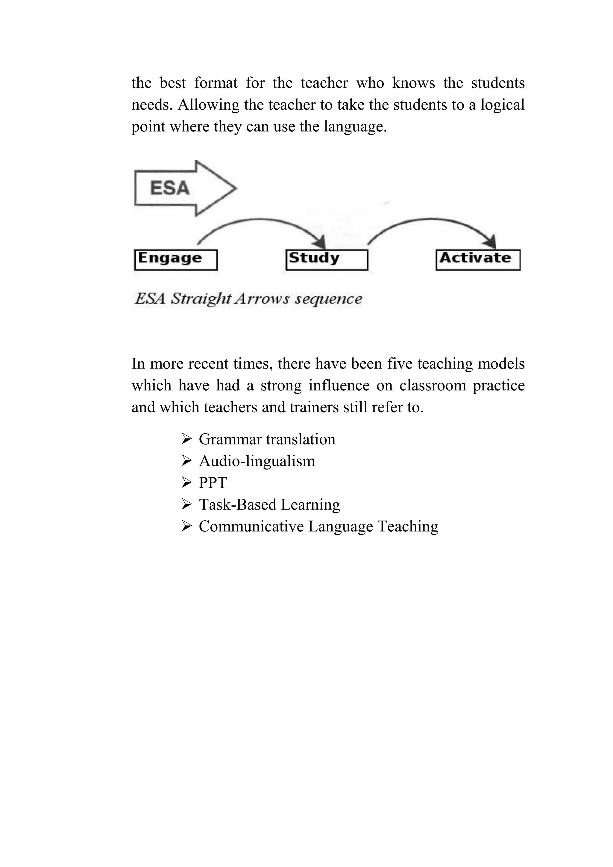the best format for the teacher who knows the students
needs. Allowing the teacher to take the students to a logical
point where they can use the language.
In more recent times, there have been five teaching models
which have had a strong influence on classroom practice
and which teachers and trainers still refer to.
 Grammar translation
 Audio-lingualism
 PPT
 Task-Based Learning
 Communicative Language Teaching
 
