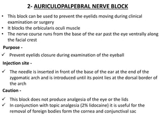 2- AURICULOPALPEBRAL NERVE BLOCK
• This block can be used to prevent the eyelids moving during clinical
examination or surgery
• It blocks the orbicularis oculi muscle
• The nerve course runs from the base of the ear past the eye ventrally along
the facial crest
Purpose -
 Prevent eyelids closure during examination of the eyeball
Injection site -
 The needle is inserted in front of the base of the ear at the end of the
zygomatic arch and is introduced until its point lies at the dorsal border of
the arch
Caution -
 This block does not produce analgesia of the eye or the lids
 In conjunction with topic analgesia (2% lidocaine) it is useful for the
removal of foreign bodies form the cornea and conjunctival sac
 